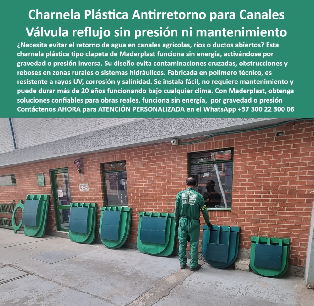 Catálogo Brochure Charnelas Hidráulicas Tapas Cierre Canal Clapeta Válvula Maderplast 0 La imagen muestra una secuencia real de charnelas tipo clapeta organizadas de menor a mayor, alineadas frente a un muro industrial como parte del catálogo-de-válvulas de Maderplast. Desde modelos compactos de 4 pulgadas hasta compuertas plásticas de gran formato, este despliegue ilustra la cobertura completa de la marca en válvulas hidráulicas por tamaños para todas las necesidades de canalización, drenaje, bocatomas, ductos de río y obras rurales o urbanas. La presencia de un técnico observando la instalación refuerza la escala, funcionalidad y adaptabilidad de las soluciones ofrecidas, posicionando este catálogo visual como una guía confiable para sistemas de cierre tipo tapa hidráulica canal, adaptable a caudales variables y entornos exigentes. - Cada charnela por gravedad para ductos abiertos está fabricada en polímero técnico anticorrosivo, con resistencia comprobada a rayos UV, salinidad, químicos, impactos y humedad constante. Su diseño técnico permite instalación directa en concreto, sin energía, sin presión y sin mantenimiento, convirtiéndo se en la solución ideal para zonas rurales, drenajes agrícolas, canales abiertos, redes pluviales y sistemas de riego comunitarios. Gracias a su funcionamiento por caída hidráulica, estas válvulas plásticas tipo clapeta se activan con presión inversa o flujo de retorno, cerrándose de forma automática sin intervención humana. - Esta exposición ordenada también actúa como una herramienta didáctica para ingenieros hidráulicos, constructores y técnicos de campo que necesitan visualizar las dimensiones y especificaciones de cada compuerta tipo charnela en versión pequeña a gigante antes de elegir el modelo adecuado para su proyecto. Es la mejor respuesta a preguntas técnicas frecuentes como ¿Qué válvula usar sin energía en zona rural?, ¿Dónde instalar una charnela para ducto de río?, o ¿Qué solución hay para evitar el retorno en canales agrícolas?, - Maderplast ofrece estas compuertas de inspección por gravedad apiladas en línea como parte de un sistema integral que permite a los usuarios elegir el modelo exacto que su obra requiere. Desde una válvula sin presión para canal, hasta una compuerta clapeta en polímero para caudal alto, cada unidad mantiene los estándares de eficiencia, durabilidad y confiabilidad exigidos en infraestructura hidráulica moderna. Esta válvula por caída para evitar inundaciones se convierte en la opción más lógica para entidades territoriales, proyectos de saneamiento, y canales de riego público o privado, que buscan soluciones libres de mantenimiento y con larga vida útil. - Si deseas ver este catálogo completo por tamaños, elegir la charnela escalonada para instalación que se adapte exactamente a tu estructura, o recibir asistencia sobre qué compuerta sirve por gravedad sin mantenimiento, contáctanos ahora a través de WhatsApp +57 300 22 300 06 y accede a ATENCIÓN PERSONALIZADA con respaldo directo de los ingenieros de Maderplast, líderes en tecnología hidráulica sostenible. Qué solución hay para evitar el retorno en canales agrícolas, - Dónde instaló una charnela para ducto de río, - charnela plástica Rios Catálogo Brochure Charnelas Hidráulicas Tapas Cierre Canal Clapeta Válvula Maderplast 0 Qué solución hay para evitar el retorno en canales agrícolas Dónde instaló una charnela para ducto de río charnela plástica Rios 0 La imagen muestra una secuencia real de charnelas tipo clapeta organizadas de menor a mayor, alineadas frente a un muro industrial como parte del catálogo-de-válvulas de Maderplast. Desde modelos compactos de 4 pulgadas hasta compuertas plásticas de gran formato, este despliegue ilustra la cobertura completa de la marca en válvulas hidráulicas por tamaños para todas las necesidades de canalización, drenaje, bocatomas, ductos de río y obras rurales o urbanas. La presencia de un técnico observando la instalación refuerza la escala, funcionalidad y adaptabilidad de las soluciones ofrecidas, posicionando este catálogo visual como una guía confiable para sistemas de cierre tipo tapa hidráulica canal, adaptable a caudales variables y entornos exigentes. - Cada charnela por gravedad para ductos abiertos está fabricada en polímero técnico anticorrosivo, con resistencia comprobada a rayos UV, salinidad, químicos, impactos y humedad constante. Su diseño técnico permite instalación directa en concreto, sin energía, sin presión y sin mantenimiento, convirtiéndo se en la solución ideal para zonas rurales, drenajes agrícolas, canales abiertos, redes pluviales y sistemas de riego comunitarios. Gracias a su funcionamiento por caída hidráulica, estas válvulas plásticas tipo clapeta se activan con presión inversa o flujo de retorno, cerrándose de forma automática sin intervención humana. - Esta exposición ordenada también actúa como una herramienta didáctica para ingenieros hidráulicos, constructores y técnicos de campo que necesitan visualizar las dimensiones y especificaciones de cada compuerta tipo charnela en versión pequeña a gigante antes de elegir el modelo adecuado para su proyecto. Es la mejor respuesta a preguntas técnicas frecuentes como ¿Qué válvula usar sin energía en zona rural?, ¿Dónde instalar una charnela para ducto de río?, o ¿Qué solución hay para evitar el retorno en canales agrícolas?, - Maderplast ofrece estas compuertas de inspección por gravedad apiladas en línea como parte de un sistema integral que permite a los usuarios elegir el modelo exacto que su obra requiere. Desde una válvula sin presión para canal, hasta una compuerta clapeta en polímero para caudal alto, cada unidad mantiene los estándares de eficiencia, durabilidad y confiabilidad exigidos en infraestructura hidráulica moderna. Esta válvula por caída para evitar inundaciones se convierte en la opción más lógica para entidades territoriales, proyectos de saneamiento, y canales de riego público o privado, que buscan soluciones libres de mantenimiento y con larga vida útil. - Si deseas ver este catálogo completo por tamaños, elegir la charnela escalonada para instalación que se adapte exactamente a tu estructura, o recibir asistencia sobre qué compuerta sirve por gravedad sin mantenimiento, contáctanos ahora a través de WhatsApp +57 300 22 300 06 y accede a ATENCIÓN PERSONALIZADA con respaldo directo de los ingenieros de Maderplast, líderes en tecnología hidráulica sostenible. Catálogo Brochure Charnelas Hidráulicas Tapas Cierre Canal Clapeta Válvula Maderplast 0 Qué solución hay para evitar el retorno en canales agrícolas, - Dónde instaló una charnela para ducto de río, - charnela plástica Rios