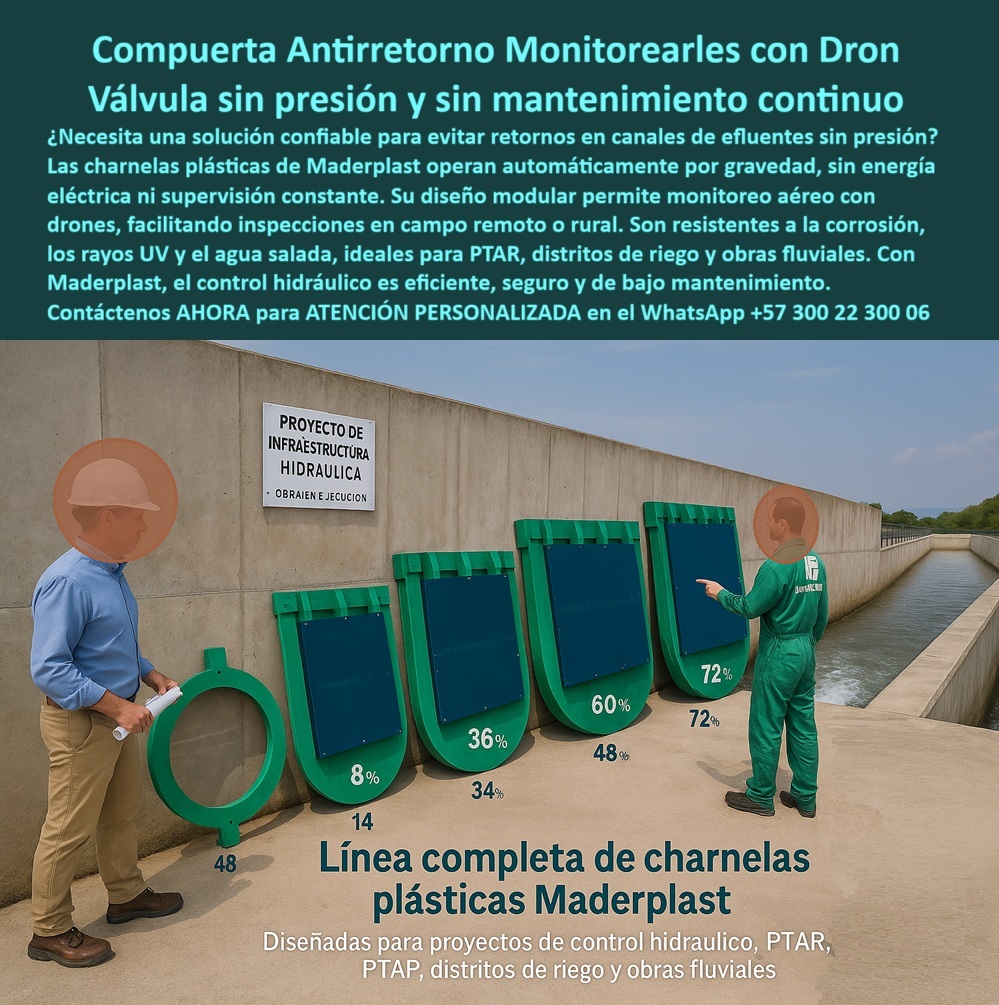 Catálogo Brochure Charnelas Hidráulicas Tapas Cierre Canal Clapeta Válvula Maderplast 0 La imagen presentada en este nuevo Catálogo Brochure Charnelas Hidráulicas Tapas Cierre Canal_Clapeta_Válvula_Maderplast_0 ilustra la línea completa de charnelas plásticas Maderplast, que van desde 14 hasta 72 pulgadas, alineadas por tamaño sobre un muro hidráulico de concreto en plena obra civil, evidenciando la versatilidad y escalabilidad de estas soluciones hidráulicas. Cada una de estas charnelas de diferentes diámetros apoyadas sobre muro hidráulico ha sido diseñada para proyectos de infraestructura hidráulica de alto desempeño como PTAR, PTAP, distritos de riego, obras fluviales, canales de drenaje industrial, y sistemas de efluentes sin presión. - Estas compuertas plásticas anticorrosivas para control en campo rural están fabricadas con polímero técnico de alta ingeniería, lo que las hace resistentes a los rayos UV, al agua salada, a químicos agresivos, a impactos, a la corrosión y al desgaste ambiental. Cada compuerta hidráulica plástica sin energía opera con cierre hidráulico automático por gravedad, lo cual significa que funcionan de forma autónoma, sin presión ni electricidad, ni requerimientos de mantenimiento continuo. Esto las convierte en la solución antirretorno para canales sin presión más confiable del mercado. - Gracias a su diseño avanzado, compuerta plástica monitoreable con dron, cada unidad puede ser inspeccionada remotamente en zonas rurales, fluviales o de difícil acceso, mediante sistemas UAV o drones industriales. Esto responde claramente a preguntas como: ¿Qué solución permite monitorear compuertas con dron en campo?, o ¿Cuál charnela sirve para control hidráulico sin energía?. El sistema modular tipo charnela-modular-para-ptap facilita reemplazos rápidos, ajustes en campo y escalabilidad por fases en proyectos a gran escala. - El sistema Maderplast resuelve desafíos como:, - válvula de retorno sin energía ni mantenimiento. - compuerta-drenaje-industrial-efluente. - válvula canal drenaje sin óxido. - compuerta de canal PTAR sin óxido. - Charnela resistente a químicos para drenajes. - sistema-cierre-hidráulico-pasivo. - compuerta-plástica-canal-fluvial. - compuerta robusta para obras fluviales. - y compuerta para monitoreo con dron. - Además, para responder a preguntas clave del sector como ¿Qué solución hay para evitar retornos PP?, ¿Qué válvula usar en proyectos de drenaje PTAR?, o ¿Dónde consigo tapa sin óxido ni electricidad?, Maderplast presenta una línea completa validada en campo, capaz de operar por más de 25 años sin fallos ni supervisión directa. - En la imagen, el ingeniero y operario revisan compuertas en canal de concreto, destacando el uso de la charnela hidráulica para proyectos de infraestructura como parte del avance del proyecto de infraestructura hidráulica en ejecución, el cual puede asociarse fácilmente a programas de modernización hídrica como el Plan Canoas en Bogotá o la modernización de vertimientos industriales por parte de Triple AAA de Barranquilla. - Cada compuerta plástica para canal sin presión es también una válvula antirretorno canal sin presión que protege el sistema de fallos, obstrucciones y contaminaciones cruzadas. Con compuerta-cierre-automático, estas soluciones garantizan eficiencia hidráulica, economía operativa y sostenibilidad ambiental. - Este nuevo Catálogo Brochure Charnelas Hidráulicas Tapas Cierre Canal Clapeta Válvula Maderplast es una guía esencial para ingenieros civiles, contratistas de infraestructura hídrica, entes gubernamentales y operadores de redes sanitarias que requieren soluciones definitivas, eficientes, ecológicas y monitoreables en tiempo real. Qué solución permite monitorear compuertas con dron en campo, - sistema-efluentes-sin-presión, - Qué solución hay para evitar retornos PP Catálogo Brochure Charnelas Hidráulicas Tapas Cierre Canal Clapeta Válvula Maderplast 0 Qué solución permite monitorear compuertas con dron en campo sistema efluentes sin presión Qué solución hay para evitar retornos PP 0 La imagen presentada en este nuevo Catálogo Brochure Charnelas Hidráulicas Tapas Cierre Canal_Clapeta_Válvula_Maderplast_0 ilustra la línea completa de charnelas plásticas Maderplast, que van desde 14 hasta 72 pulgadas, alineadas por tamaño sobre un muro hidráulico de concreto en plena obra civil, evidenciando la versatilidad y escalabilidad de estas soluciones hidráulicas. Cada una de estas charnelas de diferentes diámetros apoyadas sobre muro hidráulico ha sido diseñada para proyectos de infraestructura hidráulica de alto desempeño como PTAR, PTAP, distritos de riego, obras fluviales, canales de drenaje industrial, y sistemas de efluentes sin presión. - Estas compuertas plásticas anticorrosivas para control en campo rural están fabricadas con polímero técnico de alta ingeniería, lo que las hace resistentes a los rayos UV, al agua salada, a químicos agresivos, a impactos, a la corrosión y al desgaste ambiental. Cada compuerta hidráulica plástica sin energía opera con cierre hidráulico automático por gravedad, lo cual significa que funcionan de forma autónoma, sin presión ni electricidad, ni requerimientos de mantenimiento continuo. Esto las convierte en la solución antirretorno para canales sin presión más confiable del mercado. - Gracias a su diseño avanzado, compuerta plástica monitoreable con dron, cada unidad puede ser inspeccionada remotamente en zonas rurales, fluviales o de difícil acceso, mediante sistemas UAV o drones industriales. Esto responde claramente a preguntas como: ¿Qué solución permite monitorear compuertas con dron en campo?, o ¿Cuál charnela sirve para control hidráulico sin energía?. El sistema modular tipo charnela-modular-para-ptap facilita reemplazos rápidos, ajustes en campo y escalabilidad por fases en proyectos a gran escala. - El sistema Maderplast resuelve desafíos como:, - válvula de retorno sin energía ni mantenimiento. - compuerta-drenaje-industrial-efluente. - válvula canal drenaje sin óxido. - compuerta de canal PTAR sin óxido. - Charnela resistente a químicos para drenajes. - sistema-cierre-hidráulico-pasivo. - compuerta-plástica-canal-fluvial. - compuerta robusta para obras fluviales. - y compuerta para monitoreo con dron. - Además, para responder a preguntas clave del sector como ¿Qué solución hay para evitar retornos PP?, ¿Qué válvula usar en proyectos de drenaje PTAR?, o ¿Dónde consigo tapa sin óxido ni electricidad?, Maderplast presenta una línea completa validada en campo, capaz de operar por más de 25 años sin fallos ni supervisión directa. - En la imagen, el ingeniero y operario revisan compuertas en canal de concreto, destacando el uso de la charnela hidráulica para proyectos de infraestructura como parte del avance del proyecto de infraestructura hidráulica en ejecución, el cual puede asociarse fácilmente a programas de modernización hídrica como el Plan Canoas en Bogotá o la modernización de vertimientos industriales por parte de Triple AAA de Barranquilla. - Cada compuerta plástica para canal sin presión es también una válvula antirretorno canal sin presión que protege el sistema de fallos, obstrucciones y contaminaciones cruzadas. Con compuerta-cierre-automático, estas soluciones garantizan eficiencia hidráulica, economía operativa y sostenibilidad ambiental. - Este nuevo Catálogo Brochure Charnelas Hidráulicas Tapas Cierre Canal Clapeta Válvula Maderplast es una guía esencial para ingenieros civiles, contratistas de infraestructura hídrica, entes gubernamentales y operadores de redes sanitarias que requieren soluciones definitivas, eficientes, ecológicas y monitoreables en tiempo real. Catálogo Brochure Charnelas Hidráulicas Tapas Cierre Canal Clapeta Válvula Maderplast 0 Qué solución permite monitorear compuertas con dron en campo, - sistema-efluentes-sin-presión, - Qué solución hay para evitar retornos PP