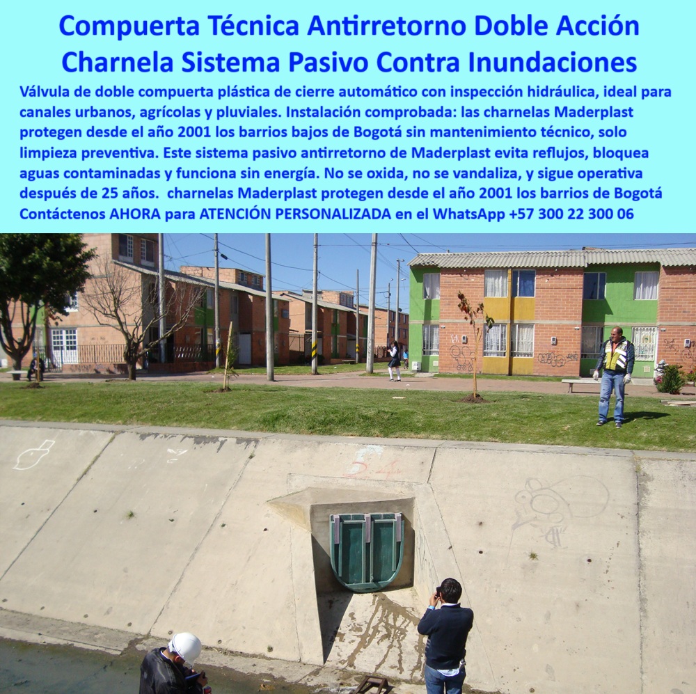 Charnela Para Canales Anti Retorno Instalación Charnelas Anti Inundaciones Maderplast 0 La imagen muestra una compuerta tipo charnela plástica instalada en un canal industrial, con descarga visible y una señal de advertencia que alerta “PELIGRO: GASES TÓXICOS O INFLAMABLES”. Esta charnela plástica de alta resistencia química está diseñada para operar en entornos críticos donde se manejan gases peligrosos. No se trata de una compuerta convencional: es un sistema de control de desgaste con charnelas, pensado para liberar presión, impedir reflujos y evitar catástrofes en PTAR, redes de seguridad química o canales industriales donde el riesgo de explosión es real. - ¿Qué compuerta no produce chispas? Respuesta Esta. - ¿Qué tapa evita los gases inflamables? Respuesta: La que no tiene partes metálicas, no conduce electricidad, no genera fricción, no se oxida y no necesita mantenimiento: la válvula plástica antiexplosión de Maderplast. - Este sistema de desgasificación pasiva, de control de flujo unidireccional, funciona sin presión externa, sin electricidad, sin partes móviles complejas. Simplemente se abre con la presión interna y se cierra automáticamente con el retroceso del flujo. Su estructura plástica anticorrosiva y su diseño autoextinguible la hacen ideal para zonas peligrosas, donde una chispa o una fuga pueden desencadenar una tragedia. Aquí no hay improvisación: hay ciencia de materiales aplicada a la seguridad industrial. - Su vista superior de compuerta tipo charnela plástica gases revela un cuerpo robusto, de polímero técnico, con superficie resistente al contacto químico. Es una válvula unidireccional para contención química, que se integra perfectamente al canal de concreto sin soldaduras, sin metal, sin mantenimiento. - ¿Sirve una charnela para desgasificación? Respuesta Sí, siempre que sea esta. - ¿Dónde instalar válvula sin metal? Respuesta: En cualquier lugar donde el oxígeno y el gas inflamable se cruzan, y donde Maderplast prevenga la explosión antes de que exista. - ¿Qué válvula usar en zonas con gases tóxicos? Respuesta: Una que sea 100 % plástica, autoextinguible, con sello hermético, como la de esta imagen. - Este es un sistema-doble-retención gas Fuga con tecnología sin chispa, sin partes metálicas, sin mantenimiento. Una tapa-pasiva-unidireccional que no necesita presentación, pero sí señalización, por eso viene con una tapa canal para escape de presión rotulada con advertencia. - Es una compuerta-sin-chispa-industrial, con desempeño comprobado en entornos con gases tóxicos, gases inflamables y aguas contaminadas químicamente, compatible con redes PTAR, zonas de metano, o sistemas de vertimiento de productos volátiles. Funciona como válvula de contención de gases inflamables, como compuerta plástica desgasificadora segura, como válvula de escape pasivo sin presión, como charnela autoextinguible para redes de gas. - Este es un caso ejemplar del uso de una charnela plástica alta resistencia a químicos, con tapa de canal libre de chispas, en un canal abierto donde el riesgo es real y la solución es definitiva. - Contáctenos AHORA para ATENCIÓN PERSONALIZADA en el WhatsApp +57 300 22 300 06 y reciba acompañamiento directo del equipo técnico de Maderplast. - Porque controlar gases tóxicos o inflamables no es cuestión de suerte. Es cuestión de ingeniería, de diseño, de seguridad. Es cuestión de confiar en Maderplast. - Tecnología pasiva que evita explosiones. Tecnología que protege vidas. La imagen evidencia una compuerta técnica antirretorno de doble acción tipo charnela instalada estratégicamente en un canal urbano del sistema hidráulico de Bogotá, más exactamente en la red pluvial del río Fucha. Frente a ella, operarios realizan inspección hidráulica, observando con satisfacción un sistema que ha funcionado sin fallas desde su instalación en el año 2001. Esta válvula plástica con sistema de revisión hidráulica opera con un sistema pasivo, sin necesidad de energía ni presión externa, gracias a su diseño de doble hoja con cierre automático. - Su función principal es evitar el reflujo de aguas contaminadas hacia zonas residenciales vulnerables, cumpliendo esa tarea con precisión durante más de dos décadas. La estructura en polímero técnico anticorrosivo desarrollado por Maderplast no presenta óxido, no se traba, no se rompe y no ha requerido más que mantenimiento preventivo. Esta válvula doble de cierre automático con supervisión remota se convierte en una solución definitiva para el control de caudal en canales urbanos y el saneamiento de barrios bajos. - ¿Qué compuerta evita inundaciones en barrios urbanos? Esta. ¿Qué charnela sirve para el canal pluvial urbano? Esta. ¿Dónde usar válvula doble sin energía? Aquí. La charnela doble acción urbana Maderplast está diseñada específicamente como sistema pasivo sin mantenimiento, ideal para canales pluviales, PTAR, redes agrícolas y alcantarillados urbanos. Su diseño tipo flap doble permite una respuesta inmediata ante aumentos de presión por lluvias intensas, garantizando un cierre hermético y confiable. - Este sistema hidráulico de doble charnela no solo protege viviendas y calles en barrios de alta densidad, sino que también representa una solución moderna y técnica frente a tecnologías metálicas que fallan ante el óxido, el vandalismo o el olvido. Aquí no hay partes metálicas expuestas ni necesidad de pintura. Es una válvula plástica doble de acción urbana, de instalación comprobada, que permite el control autónomo del flujo sin intervención constante. Es un ejemplo de cómo la ingeniería urbana plástica Maderplast transforma las obras civiles en soluciones confiables, económicas y eficientes. - El sistema de control hidráulico para barrios que propone Maderplast con esta compuerta doble automática para zonas urbanas ha sido replicado en otras ciudades gracias a sus ventajas técnicas. Ofrece una tapa hidráulica doble sin mantenimiento, un control de caudal doble para canal urbano, y una solución permanente frente a reflujo, rebose o taponamiento. Es ideal para vías públicas con canales abiertos, estructuras de concreto y zonas en donde la energía eléctrica no debe ser condición para la operación hidráulica. - La válvula plástica de control pasivo urbano, también conocida como charnela técnica doble Maderplast, integra lo mejor de la ingeniería moderna con la durabilidad del polímero. Los ingenieros y operadores del sistema hidráulico de Bogotá reconocen la efectividad de esta tecnología como una barrera invisible que actúa cuando más se necesita. - Por eso, cuando alguien pregunta ¿qué compuerta tiene doble cierre automático?, la respuesta profesional es clara: válvula doble compuerta urbana Maderplast. Y cuando se quiere saber cómo prevenir reflujo en canal de concreto, la experiencia de 25 años sin fallos es suficiente argumento. Esta es la mejor opción, no solo por su resistencia sino por su capacidad de actuar sin necesidad de energía, presión externa o partes móviles complejas. Una válvula dual antirretorno urbana, una compuerta plástica urbana sin energía, un sistema antirretorno plástico para canal, que demuestra por qué Maderplast sigue liderando con soluciones diseñadas con inteligencia, instaladas con precisión y operadas con tranquilidad. - Contáctenos AHORA para ATENCIÓN PERSONALIZADA en el WhatsApp +57 300 22 300 06 y reciba acompañamiento directo del equipo técnico de Maderplast. Porque la mejor válvula no es la que promete funcionar, sino la que lleva 25 años cumpliendo. Maderplast: tecnología pasiva que activa confianza. válvula doble de cierre automático con supervisión remota, - válvula plástica con sistema de revisión hidráulica Qué compuerta canales Mar Charnela Para Canales Anti Retorno Instalación Charnelas Anti Inundaciones Maderplast 0 válvula doble de cierre automático con supervisión remota válvula plástica con sistema de revisión hidráulica Qué compuerta canales Mar 01 La imagen muestra una compuerta tipo charnela plástica instalada en un canal industrial, con descarga visible y una señal de advertencia que alerta “PELIGRO: GASES TÓXICOS O INFLAMABLES”. Esta charnela plástica de alta resistencia química está diseñada para operar en entornos críticos donde se manejan gases peligrosos. No se trata de una compuerta convencional: es un sistema de control de desgaste con charnelas, pensado para liberar presión, impedir reflujos y evitar catástrofes en PTAR, redes de seguridad química o canales industriales donde el riesgo de explosión es real. - ¿Qué compuerta no produce chispas? Respuesta Esta. - ¿Qué tapa evita los gases inflamables? Respuesta: La que no tiene partes metálicas, no conduce electricidad, no genera fricción, no se oxida y no necesita mantenimiento: la válvula plástica antiexplosión de Maderplast. - Este sistema de desgasificación pasiva, de control de flujo unidireccional, funciona sin presión externa, sin electricidad, sin partes móviles complejas. Simplemente se abre con la presión interna y se cierra automáticamente con el retroceso del flujo. Su estructura plástica anticorrosiva y su diseño autoextinguible la hacen ideal para zonas peligrosas, donde una chispa o una fuga pueden desencadenar una tragedia. Aquí no hay improvisación: hay ciencia de materiales aplicada a la seguridad industrial. - Su vista superior de compuerta tipo charnela plástica gases revela un cuerpo robusto, de polímero técnico, con superficie resistente al contacto químico. Es una válvula unidireccional para contención química, que se integra perfectamente al canal de concreto sin soldaduras, sin metal, sin mantenimiento. - ¿Sirve una charnela para desgasificación? Respuesta Sí, siempre que sea esta. - ¿Dónde instalar válvula sin metal? Respuesta: En cualquier lugar donde el oxígeno y el gas inflamable se cruzan, y donde Maderplast prevenga la explosión antes de que exista. - ¿Qué válvula usar en zonas con gases tóxicos? Respuesta: Una que sea 100 % plástica, autoextinguible, con sello hermético, como la de esta imagen. - Este es un sistema-doble-retención gas Fuga con tecnología sin chispa, sin partes metálicas, sin mantenimiento. Una tapa-pasiva-unidireccional que no necesita presentación, pero sí señalización, por eso viene con una tapa canal para escape de presión rotulada con advertencia. - Es una compuerta-sin-chispa-industrial, con desempeño comprobado en entornos con gases tóxicos, gases inflamables y aguas contaminadas químicamente, compatible con redes PTAR, zonas de metano, o sistemas de vertimiento de productos volátiles. Funciona como válvula de contención de gases inflamables, como compuerta plástica desgasificadora segura, como válvula de escape pasivo sin presión, como charnela autoextinguible para redes de gas. - Este es un caso ejemplar del uso de una charnela plástica alta resistencia a químicos, con tapa de canal libre de chispas, en un canal abierto donde el riesgo es real y la solución es definitiva. - Contáctenos AHORA para ATENCIÓN PERSONALIZADA en el WhatsApp +57 300 22 300 06 y reciba acompañamiento directo del equipo técnico de Maderplast. - Porque controlar gases tóxicos o inflamables no es cuestión de suerte. Es cuestión de ingeniería, de diseño, de seguridad. Es cuestión de confiar en Maderplast. - Tecnología pasiva que evita explosiones. Tecnología que protege vidas. La imagen evidencia una compuerta técnica antirretorno de doble acción tipo charnela instalada estratégicamente en un canal urbano del sistema hidráulico de Bogotá, más exactamente en la red pluvial del río Fucha. Frente a ella, operarios realizan inspección hidráulica, observando con satisfacción un sistema que ha funcionado sin fallas desde su instalación en el año 2001. Esta válvula plástica con sistema de revisión hidráulica opera con un sistema pasivo, sin necesidad de energía ni presión externa, gracias a su diseño de doble hoja con cierre automático. - Su función principal es evitar el reflujo de aguas contaminadas hacia zonas residenciales vulnerables, cumpliendo esa tarea con precisión durante más de dos décadas. La estructura en polímero técnico anticorrosivo desarrollado por Maderplast no presenta óxido, no se traba, no se rompe y no ha requerido más que mantenimiento preventivo. Esta válvula doble de cierre automático con supervisión remota se convierte en una solución definitiva para el control de caudal en canales urbanos y el saneamiento de barrios bajos. - ¿Qué compuerta evita inundaciones en barrios urbanos? Esta. ¿Qué charnela sirve para el canal pluvial urbano? Esta. ¿Dónde usar válvula doble sin energía? Aquí. La charnela doble acción urbana Maderplast está diseñada específicamente como sistema pasivo sin mantenimiento, ideal para canales pluviales, PTAR, redes agrícolas y alcantarillados urbanos. Su diseño tipo flap doble permite una respuesta inmediata ante aumentos de presión por lluvias intensas, garantizando un cierre hermético y confiable. - Este sistema hidráulico de doble charnela no solo protege viviendas y calles en barrios de alta densidad, sino que también representa una solución moderna y técnica frente a tecnologías metálicas que fallan ante el óxido, el vandalismo o el olvido. Aquí no hay partes metálicas expuestas ni necesidad de pintura. Es una válvula plástica doble de acción urbana, de instalación comprobada, que permite el control autónomo del flujo sin intervención constante. Es un ejemplo de cómo la ingeniería urbana plástica Maderplast transforma las obras civiles en soluciones confiables, económicas y eficientes. - El sistema de control hidráulico para barrios que propone Maderplast con esta compuerta doble automática para zonas urbanas ha sido replicado en otras ciudades gracias a sus ventajas técnicas. Ofrece una tapa hidráulica doble sin mantenimiento, un control de caudal doble para canal urbano, y una solución permanente frente a reflujo, rebose o taponamiento. Es ideal para vías públicas con canales abiertos, estructuras de concreto y zonas en donde la energía eléctrica no debe ser condición para la operación hidráulica. - La válvula plástica de control pasivo urbano, también conocida como charnela técnica doble Maderplast, integra lo mejor de la ingeniería moderna con la durabilidad del polímero. Los ingenieros y operadores del sistema hidráulico de Bogotá reconocen la efectividad de esta tecnología como una barrera invisible que actúa cuando más se necesita. - Por eso, cuando alguien pregunta ¿qué compuerta tiene doble cierre automático?, la respuesta profesional es clara: válvula doble compuerta urbana Maderplast. Y cuando se quiere saber cómo prevenir reflujo en canal de concreto, la experiencia de 25 años sin fallos es suficiente argumento. Esta es la mejor opción, no solo por su resistencia sino por su capacidad de actuar sin necesidad de energía, presión externa o partes móviles complejas. Una válvula dual antirretorno urbana, una compuerta plástica urbana sin energía, un sistema antirretorno plástico para canal, que demuestra por qué Maderplast sigue liderando con soluciones diseñadas con inteligencia, instaladas con precisión y operadas con tranquilidad. - Contáctenos AHORA para ATENCIÓN PERSONALIZADA en el WhatsApp +57 300 22 300 06 y reciba acompañamiento directo del equipo técnico de Maderplast. Porque la mejor válvula no es la que promete funcionar, sino la que lleva 25 años cumpliendo. Maderplast: tecnología pasiva que activa confianza. Charnela Para Canales Anti Retorno Instalación Charnelas Anti Inundaciones Maderplast 0 válvula doble de cierre automático con supervisión remota, - válvula plástica con sistema de revisión hidráulica Qué compuerta canales Mar