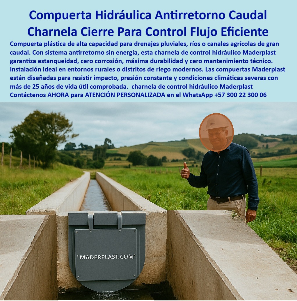 Charnela Para Control De Caudal En Ríos Canales De Riego Antiretorno Maderplast 0 La charnela plástica para canal de riego agrícola Maderplast, instalada en esta obra hidráulica rural, representa la solución moderna, eficiente y ecológica para el control de caudal en canales agrícolas, distritos de riego, obras pluviales rurales y sistemas de conducción de agua por gravedad. Esta compuerta hidráulica antirretorno para drenaje pluvial de gran caudal está fabricada 100% en plástico técnico reforzado, libre de óxido, sin partes metálicas y con un sistema de cierre automático sin energía, lo que permite un funcionamiento continuo, sin presión ni mantenimiento, durante más de 25 años. - En la imagen se evidencia una charnela rotulada de cierre pasivo agrícola perfectamente instalada en un canal agrícola de concreto, lista para actuar como compuerta de control de caudal pluvial rural, gestionando de manera autónoma el paso del agua y evitando retornos contaminantes o incontrolables. Su diseño de válvula plástica resistente a intemperie rural soporta condiciones de campo severas, exposición solar directa, cambios de temperatura, impacto hidráulico, sedimentos y flotantes, todo sin alteración estructural ni pérdida de sellado. - Es una solución ideal para quienes se preguntan ¿cómo controlar caudal en canal agrícola?, ¿cuál compuerta sirve para riego en canal agrícola? o ¿qué charnela usar en distritos de riego?. Maderplast responde con esta compuerta-de-plástico-para-riego, también conocida como compuerta-antirretorno-para-riego, válvula de control sin energía, o sistema pasivo de control en canales agrícolas, adaptada para operar con flujos irregulares y sin necesidad de presión. - La charnela para control de caudal en ríos canales de riego antiretorno Maderplast incorpora ingeniería de alta eficiencia hidráulica, permitiendo un flujo unidireccional controlado y seguro. Actúa como válvula de cierre hermético canal agrícola, evitando pérdida de recurso hídrico y previniendo contaminación cruzada entre tramos. Gracias a su peso liviano, puede instalarse en campo sin maquinaria especializada, acelerando los tiempos de obra y reduciendo costos significativamente. - Además, cumple perfectamente funciones de compuerta hidráulica para fluidos no presurizados, ideal para canales parcelarios, riego por gravedad, infraestructura de riego rural sostenible y zonas de cultivo con drenaje pluvial controlado. Es una válvula-hidráulica-agricultura-sostenible, adaptada a la realidad del campo colombiano y latinoamericano. - Esta compuerta hidráulica operando en canal abierto también es altamente visible gracias a su rotulación técnica, útil en procesos de inspección rural, identificación de puntos de cierre y trazabilidad en proyectos públicos o privados. En resumen, con Maderplast se accede a la compuerta-para-obras-de-riego-agrícola más avanzada del mercado, con el respaldo de un fabricante que entiende la ingeniería del agro. - Confíe en Maderplast, líder en charnela de control hidráulico Maderplast para proyectos rurales con exigencia técnica. Diseñamos, fabricamos y personalizamos cada tapa de canal con control hidráulico eficiente según plano, necesidad o requerimiento local. Con más de dos décadas en campo, nuestros productos han demostrado ser la mejor alternativa en sistema-hidráulico-para-zona-agrícola, libre de fallas, libre de corrosión y libre de preocupaciones. compuerta antirretorno para drenaje pluvial de gran caudal, - compuerta-de-control-hidráulico, - Charnela plástica para control de fluidos canal Charnela Para Control De Caudal En Ríos Canales De Riego Antiretorno Maderplast 0 compuerta antirretorno para drenaje pluvial de gran caudal compuerta de control hidráulico Charnela plástica para control de fluidos canal 01 La charnela plástica para canal de riego agrícola Maderplast, instalada en esta obra hidráulica rural, representa la solución moderna, eficiente y ecológica para el control de caudal en canales agrícolas, distritos de riego, obras pluviales rurales y sistemas de conducción de agua por gravedad. Esta compuerta hidráulica antirretorno para drenaje pluvial de gran caudal está fabricada 100% en plástico técnico reforzado, libre de óxido, sin partes metálicas y con un sistema de cierre automático sin energía, lo que permite un funcionamiento continuo, sin presión ni mantenimiento, durante más de 25 años. - En la imagen se evidencia una charnela rotulada de cierre pasivo agrícola perfectamente instalada en un canal agrícola de concreto, lista para actuar como compuerta de control de caudal pluvial rural, gestionando de manera autónoma el paso del agua y evitando retornos contaminantes o incontrolables. Su diseño de válvula plástica resistente a intemperie rural soporta condiciones de campo severas, exposición solar directa, cambios de temperatura, impacto hidráulico, sedimentos y flotantes, todo sin alteración estructural ni pérdida de sellado. - Es una solución ideal para quienes se preguntan ¿cómo controlar caudal en canal agrícola?, ¿cuál compuerta sirve para riego en canal agrícola? o ¿qué charnela usar en distritos de riego?. Maderplast responde con esta compuerta-de-plástico-para-riego, también conocida como compuerta-antirretorno-para-riego, válvula de control sin energía, o sistema pasivo de control en canales agrícolas, adaptada para operar con flujos irregulares y sin necesidad de presión. - La charnela para control de caudal en ríos canales de riego antiretorno Maderplast incorpora ingeniería de alta eficiencia hidráulica, permitiendo un flujo unidireccional controlado y seguro. Actúa como válvula de cierre hermético canal agrícola, evitando pérdida de recurso hídrico y previniendo contaminación cruzada entre tramos. Gracias a su peso liviano, puede instalarse en campo sin maquinaria especializada, acelerando los tiempos de obra y reduciendo costos significativamente. - Además, cumple perfectamente funciones de compuerta hidráulica para fluidos no presurizados, ideal para canales parcelarios, riego por gravedad, infraestructura de riego rural sostenible y zonas de cultivo con drenaje pluvial controlado. Es una válvula-hidráulica-agricultura-sostenible, adaptada a la realidad del campo colombiano y latinoamericano. - Esta compuerta hidráulica operando en canal abierto también es altamente visible gracias a su rotulación técnica, útil en procesos de inspección rural, identificación de puntos de cierre y trazabilidad en proyectos públicos o privados. En resumen, con Maderplast se accede a la compuerta-para-obras-de-riego-agrícola más avanzada del mercado, con el respaldo de un fabricante que entiende la ingeniería del agro. - Confíe en Maderplast, líder en charnela de control hidráulico Maderplast para proyectos rurales con exigencia técnica. Diseñamos, fabricamos y personalizamos cada tapa de canal con control hidráulico eficiente según plano, necesidad o requerimiento local. Con más de dos décadas en campo, nuestros productos han demostrado ser la mejor alternativa en sistema-hidráulico-para-zona-agrícola, libre de fallas, libre de corrosión y libre de preocupaciones. Charnela Para Control De Caudal En Ríos Canales De Riego Antiretorno Maderplast 0 compuerta antirretorno para drenaje pluvial de gran caudal, - compuerta-de-control-hidráulico, - Charnela plástica para control de fluidos canal
