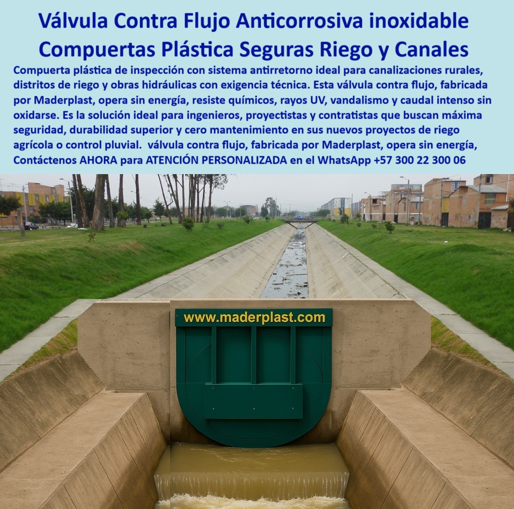 Charnela Para Control De Caudal En Ríos Canales De Riego Antiretorno Maderplast 0 La imagen muestra una compuerta plástica verde instalada en canal urbano abierto, específicamente una charnela para control de caudal en ríos y canales de riego antiretorno, fabricada por Maderplast con polímero tecnológico de alta resistencia. Esta válvula contra flujo anticorrosiva inoxidable funciona como un sistema pasivo que opera sin energía, sin presión y sin mantenimiento, cerrando automáticamente para evitar el retorno de agua contaminada hacia aguas limpias, zonas agrícolas o redes pluviales urbanas. Es una compuerta plástica de revisión instalada en obras rurales que responde a las exigencias técnicas de ingenieros, contratistas y proyectistas que buscan una solución duradera, segura, funcional y adaptable a condiciones hidráulicas variables. - Fabricada con material polimérico que no se oxida, esta válvula-polímero-tecnológico está diseñada para resistir caudales intensos, químicos, rayos UV, vandalismo y condiciones atmosféricas extremas sin perder eficiencia. Su estructura sin acero la convierte en una compuerta sin acero para obras sanitarias, ideal para zonas donde se requiere seguridad sanitaria y estabilidad operativa. Esta válvula plástica canal sin presión actúa como compuerta pasiva de control al activarse solo cuando hay inversión del flujo, funcionando 24/7 sin necesidad de supervisión mecánica o eléctrica. Por eso, es ampliamente utilizada en canalización agrícola, distritos de riego, obras rurales de control pluvial, y canales de concreto municipales, donde la eficiencia y la autonomía operativa son clave. - El diseño empotrado asegura una instalación sólida que minimiza el riesgo de desprendimientos y mejora la hidráulica interna. Esta compuerta contra flujo canal también destaca por su estructura liviana pero robusta, permitiendo que sea fácilmente manipulada en obra y al mismo tiempo resistente a impactos, sedimentos y presión hidrodinámica. Su aplicación como válvula sin energía para riego urbano y compuerta pluvial segura ha demostrado ser ideal tanto en sistemas de drenaje urbano como en infraestructuras de expansión agrícola, donde se necesita una válvula técnica anticorrosiva en polímero capaz de integrarse a largo plazo con el entorno. - Esta solución es recomendada como compuerta de revisión operativa en canal de riego y también como válvula ecológica para proyectos rurales, gracias a su eficiencia hidráulica, su nula necesidad de intervención humana y su compatibilidad con los principios de sostenibilidad hídrica. Quienes se preguntan ¿Qué compuerta evita el reflujo en canales agrícolas?, ¿Qué usar para evitar retorno de agua en canales?, o ¿Dónde consigo válvulas plásticas para canales rurales?, encuentran en esta compuerta duradera para control hidráulico de Maderplast una solución definitiva, de rápida implementación y altísima confiabilidad. - Instalada como parte de un sistema de cierre hidráulico rural, está charnela canal de concreto y compuerta plástica caudal alto permite inspección sencilla gracias a su diseño visible y accesible. Es también una opción superior frente a válvulas metálicas tradicionales, ya que evita la oxidación y la degradación por corrosión. Con su sello automático y operación pasiva, se convierte en una verdadera válvula contra reflujo en distritos rurales, reforzando los sistemas de riego sostenible y control ambiental con innovación real. - Para adquirir esta charnela reforzada de inspección en obra rural, solicitar asesoría técnica o integrar soluciones anticorrosivas Maderplast en tus proyectos hidráulicos, contáctanos ahora vía WhatsApp +57 300 22 300 06, donde recibirás ATENCIÓN PERSONALIZADA y soporte experto en el diseño e instalación de sistemas plásticos de alto rendimiento para el futuro del riego agrícola y urbano. compuerta plástica de revisión instalada en obras rurales, - Dónde consigo compuertas anticorrosivas riego agrícola, - válvula contra flujo Mar Charnela Para Control De Caudal En Ríos Canales De Riego Antiretorno Maderplast 0 compuerta plástica de revisión instalada en obras rurales Dónde consigo compuertas anticorrosivas riego agrícola válvula contra flujo Mar 01 La imagen muestra una compuerta plástica verde instalada en canal urbano abierto, específicamente una charnela para control de caudal en ríos y canales de riego antiretorno, fabricada por Maderplast con polímero tecnológico de alta resistencia. Esta válvula contra flujo anticorrosiva inoxidable funciona como un sistema pasivo que opera sin energía, sin presión y sin mantenimiento, cerrando automáticamente para evitar el retorno de agua contaminada hacia aguas limpias, zonas agrícolas o redes pluviales urbanas. Es una compuerta plástica de revisión instalada en obras rurales que responde a las exigencias técnicas de ingenieros, contratistas y proyectistas que buscan una solución duradera, segura, funcional y adaptable a condiciones hidráulicas variables. - Fabricada con material polimérico que no se oxida, esta válvula-polímero-tecnológico está diseñada para resistir caudales intensos, químicos, rayos UV, vandalismo y condiciones atmosféricas extremas sin perder eficiencia. Su estructura sin acero la convierte en una compuerta sin acero para obras sanitarias, ideal para zonas donde se requiere seguridad sanitaria y estabilidad operativa. Esta válvula plástica canal sin presión actúa como compuerta pasiva de control al activarse solo cuando hay inversión del flujo, funcionando 24/7 sin necesidad de supervisión mecánica o eléctrica. Por eso, es ampliamente utilizada en canalización agrícola, distritos de riego, obras rurales de control pluvial, y canales de concreto municipales, donde la eficiencia y la autonomía operativa son clave. - El diseño empotrado asegura una instalación sólida que minimiza el riesgo de desprendimientos y mejora la hidráulica interna. Esta compuerta contra flujo canal también destaca por su estructura liviana pero robusta, permitiendo que sea fácilmente manipulada en obra y al mismo tiempo resistente a impactos, sedimentos y presión hidrodinámica. Su aplicación como válvula sin energía para riego urbano y compuerta pluvial segura ha demostrado ser ideal tanto en sistemas de drenaje urbano como en infraestructuras de expansión agrícola, donde se necesita una válvula técnica anticorrosiva en polímero capaz de integrarse a largo plazo con el entorno. - Esta solución es recomendada como compuerta de revisión operativa en canal de riego y también como válvula ecológica para proyectos rurales, gracias a su eficiencia hidráulica, su nula necesidad de intervención humana y su compatibilidad con los principios de sostenibilidad hídrica. Quienes se preguntan ¿Qué compuerta evita el reflujo en canales agrícolas?, ¿Qué usar para evitar retorno de agua en canales?, o ¿Dónde consigo válvulas plásticas para canales rurales?, encuentran en esta compuerta duradera para control hidráulico de Maderplast una solución definitiva, de rápida implementación y altísima confiabilidad. - Instalada como parte de un sistema de cierre hidráulico rural, está charnela canal de concreto y compuerta plástica caudal alto permite inspección sencilla gracias a su diseño visible y accesible. Es también una opción superior frente a válvulas metálicas tradicionales, ya que evita la oxidación y la degradación por corrosión. Con su sello automático y operación pasiva, se convierte en una verdadera válvula contra reflujo en distritos rurales, reforzando los sistemas de riego sostenible y control ambiental con innovación real. - Para adquirir esta charnela reforzada de inspección en obra rural, solicitar asesoría técnica o integrar soluciones anticorrosivas Maderplast en tus proyectos hidráulicos, contáctanos ahora vía WhatsApp +57 300 22 300 06, donde recibirás ATENCIÓN PERSONALIZADA y soporte experto en el diseño e instalación de sistemas plásticos de alto rendimiento para el futuro del riego agrícola y urbano. Charnela Para Control De Caudal En Ríos Canales De Riego Antiretorno Maderplast 0 compuerta plástica de revisión instalada en obras rurales, - Dónde consigo compuertas anticorrosivas riego agrícola, - válvula contra flujo Mar