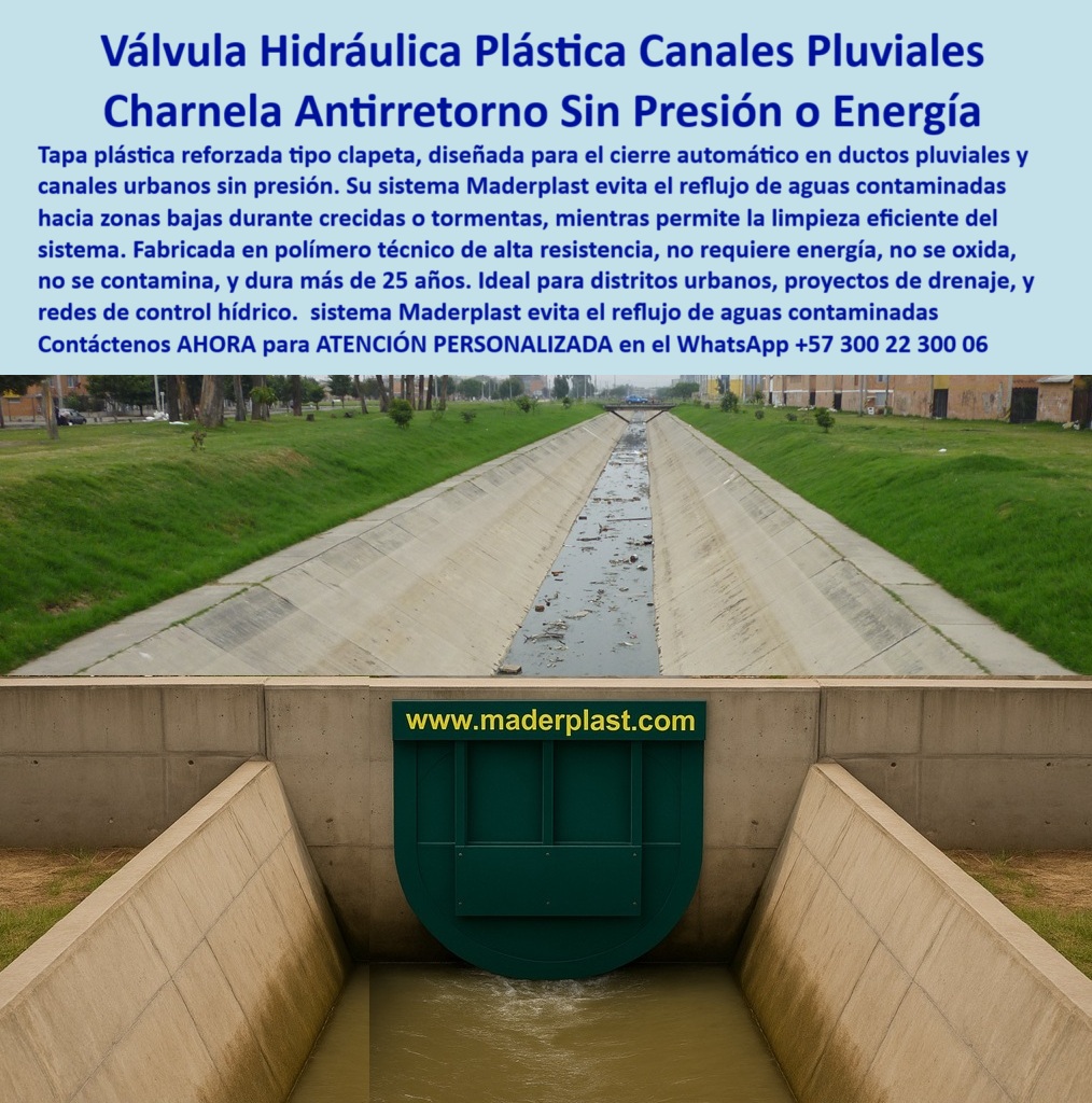 Charnela Para Control De Caudal En Ríos Canales De Riego Antiretorno Maderplast 0 La imagen muestra una charnela hidráulica plástica tipo clapeta instalada al final de un canal pluvial urbano de gran recorrido. Esta compuerta-plástica-reforzada, desarrollada por Maderplast, actúa como una válvula antirretorno tipo clapeta en canal pluvial extenso, operando sin necesidad de presión hidráulica ni energía eléctrica. Su activación se produce automáticamente mediante la propia presión inversa del agua, lo que permite un cierre automático en canal abierto ante crecientes, tormentas o reflujo hidráulico desde sistemas de alcantarillado y ríos contaminados, asegurando así el control eficiente del sistema sin fallas. - El sistema Maderplast está construido con polímero técnico de alta resistencia, lo que la convierte en una válvula de polímero técnico para control hídrico, completamente inmune a la oxidación, la corrosión o el vandalismo. Su diseño reforzado impide acumulación de sedimentos, suciedad o residuos sólidos en su estructura. Esta tapa tipo clapeta para ducto de agua lluvia es una solución técnica que ofrece más de 25 años de funcionamiento sin mantenimiento especializado, siendo ideal para municipios, distritos urbanos, sistema-de-drenaje-municipal, canales rurales o redes agrícolas donde la limpieza automática de canales es vital para evitar colapsos. - Instalar una compuerta urbana contra reflujo hidráulico como esta permite transformar un simple canal en un sistema de control de aguas en canal a cielo abierto, capaz de responder pasivamente a fluctuaciones extremas del caudal. Gracias a su arquitectura compacta y su estructura robusta, esta válvula sin piezas móviles metálicas no solo garantiza durabilidad estructural, sino que facilita procesos de inspección o auditoría visual sin desmontajes. Su tecnología se ha posicionado como la mejor válvula pasiva para ductos pluviales, especialmente en zonas donde se requiere fiabilidad, automatización y sostenibilidad a largo plazo. - La charnela antirretorno para canal pluvial urbano también funciona como válvula sin presión para control de caudal, ideal para zonas donde no se cuenta con sistemas presurizados. Su activación se produce exclusivamente por el flujo hidráulico, lo que la convierte en un componente clave dentro de cualquier sistema hidráulico-sin-presión. Gracias a su diseño técnico, puede actuar como tapa hidráulica para limpieza de aguas servidas o compuerta para drenajes sin presión hidráulica con total efectividad. - El sistema Maderplast responde con éxito a múltiples aplicaciones como compuerta para canal de lluvia sin presión, válvula sin energía para sistema de drenaje, compuerta reforzada sin mantenimiento técnico, o charnela pasiva en sistema urbano, siendo también perfecta como válvula para flujo pluvial controlado en sectores rurales o de expansión urbana. Su integración en canales de concreto y estructuras hidráulicas existentes hace que funcione también como tapa de cierre automático para ducto de río, sin requerir obras adicionales, lo que reduce costos de instalación y tiempos de obra. - Para quienes se preguntan ¿qué tapa se usa para evitar reflujo en canales abiertos?, ¿qué sistema controla caudal en canales sin energía?, o ¿dónde instalar compuertas para evitar inundaciones urbanas?, la respuesta comprobada por más de dos décadas de funcionamiento es clara: charnela-control-de-caudal Maderplast. Esta tecnología ha demostrado ser un sistema ecológico para canales contaminados, ideal para proyectos urbanos que enfrentan crecientes, lluvias extremas o contaminación cruzada por aguas residuales. - El modelo presentado, una Compuerta plástica verde instalada en canal urbano de concreto, es el ejemplo perfecto de cómo una válvula urbana con sello hermético puede operar 24/7 como válvula antirretorno canal abierto y mantenerse libre de mantenimiento complejo, incluso en ambientes expuestos a agentes corrosivos o agua residual contaminada. - Esta solución ha sido implementada como parte del sistema Maderplast para canales de lluvia, tanto en ciudades como Bogotá como en zonas rurales, consolidando su posición como líder en válvula hidráulica plástica reforzada sin presión, capaz de resistir condiciones extremas sin interrupciones ni fallas mecánicas. - Si buscas una tapa plástica reforzada para cierre no presurizado, una compuerta anticorrosiva para canal a cielo abierto, una tapa técnica para ducto urbano, una válvula sin energía urbana o una válvula de limpieza canal concreto, esta tecnología de Maderplast es tu mejor elección. - Contáctanos ahora a través de WhatsApp +57 300 22 300 06 y accede a ATENCIÓN PERSONALIZADA con respaldo directo del equipo de ingeniería Maderplast. Elige lo mejor en charna antirretorno sin presión o energía. Tecnología comprobada, funcionamiento automático y 0 mantenimiento. ¡El futuro del control hidráulico, hoy! tapa plástica reforzada para cierre no presurizado, - tapa hidráulica para limpieza de ductos pluviales, - sistema de control de flujo aguas Río Charnela Para Control De Caudal En Ríos Canales De Riego Antiretorno Maderplast 0 tapa plástica reforzada para cierre no presurizado tapa hidráulica para limpieza de ductos pluviales sistema de control de flujo aguas Río 01 La imagen muestra una charnela hidráulica plástica tipo clapeta instalada al final de un canal pluvial urbano de gran recorrido. Esta compuerta-plástica-reforzada, desarrollada por Maderplast, actúa como una válvula antirretorno tipo clapeta en canal pluvial extenso, operando sin necesidad de presión hidráulica ni energía eléctrica. Su activación se produce automáticamente mediante la propia presión inversa del agua, lo que permite un cierre automático en canal abierto ante crecientes, tormentas o reflujo hidráulico desde sistemas de alcantarillado y ríos contaminados, asegurando así el control eficiente del sistema sin fallas. - El sistema Maderplast está construido con polímero técnico de alta resistencia, lo que la convierte en una válvula de polímero técnico para control hídrico, completamente inmune a la oxidación, la corrosión o el vandalismo. Su diseño reforzado impide acumulación de sedimentos, suciedad o residuos sólidos en su estructura. Esta tapa tipo clapeta para ducto de agua lluvia es una solución técnica que ofrece más de 25 años de funcionamiento sin mantenimiento especializado, siendo ideal para municipios, distritos urbanos, sistema-de-drenaje-municipal, canales rurales o redes agrícolas donde la limpieza automática de canales es vital para evitar colapsos. - Instalar una compuerta urbana contra reflujo hidráulico como esta permite transformar un simple canal en un sistema de control de aguas en canal a cielo abierto, capaz de responder pasivamente a fluctuaciones extremas del caudal. Gracias a su arquitectura compacta y su estructura robusta, esta válvula sin piezas móviles metálicas no solo garantiza durabilidad estructural, sino que facilita procesos de inspección o auditoría visual sin desmontajes. Su tecnología se ha posicionado como la mejor válvula pasiva para ductos pluviales, especialmente en zonas donde se requiere fiabilidad, automatización y sostenibilidad a largo plazo. - La charnela antirretorno para canal pluvial urbano también funciona como válvula sin presión para control de caudal, ideal para zonas donde no se cuenta con sistemas presurizados. Su activación se produce exclusivamente por el flujo hidráulico, lo que la convierte en un componente clave dentro de cualquier sistema hidráulico-sin-presión. Gracias a su diseño técnico, puede actuar como tapa hidráulica para limpieza de aguas servidas o compuerta para drenajes sin presión hidráulica con total efectividad. - El sistema Maderplast responde con éxito a múltiples aplicaciones como compuerta para canal de lluvia sin presión, válvula sin energía para sistema de drenaje, compuerta reforzada sin mantenimiento técnico, o charnela pasiva en sistema urbano, siendo también perfecta como válvula para flujo pluvial controlado en sectores rurales o de expansión urbana. Su integración en canales de concreto y estructuras hidráulicas existentes hace que funcione también como tapa de cierre automático para ducto de río, sin requerir obras adicionales, lo que reduce costos de instalación y tiempos de obra. - Para quienes se preguntan ¿qué tapa se usa para evitar reflujo en canales abiertos?, ¿qué sistema controla caudal en canales sin energía?, o ¿dónde instalar compuertas para evitar inundaciones urbanas?, la respuesta comprobada por más de dos décadas de funcionamiento es clara: charnela-control-de-caudal Maderplast. Esta tecnología ha demostrado ser un sistema ecológico para canales contaminados, ideal para proyectos urbanos que enfrentan crecientes, lluvias extremas o contaminación cruzada por aguas residuales. - El modelo presentado, una Compuerta plástica verde instalada en canal urbano de concreto, es el ejemplo perfecto de cómo una válvula urbana con sello hermético puede operar 24/7 como válvula antirretorno canal abierto y mantenerse libre de mantenimiento complejo, incluso en ambientes expuestos a agentes corrosivos o agua residual contaminada. - Esta solución ha sido implementada como parte del sistema Maderplast para canales de lluvia, tanto en ciudades como Bogotá como en zonas rurales, consolidando su posición como líder en válvula hidráulica plástica reforzada sin presión, capaz de resistir condiciones extremas sin interrupciones ni fallas mecánicas. - Si buscas una tapa plástica reforzada para cierre no presurizado, una compuerta anticorrosiva para canal a cielo abierto, una tapa técnica para ducto urbano, una válvula sin energía urbana o una válvula de limpieza canal concreto, esta tecnología de Maderplast es tu mejor elección. - Contáctanos ahora a través de WhatsApp +57 300 22 300 06 y accede a ATENCIÓN PERSONALIZADA con respaldo directo del equipo de ingeniería Maderplast. Elige lo mejor en charna antirretorno sin presión o energía. Tecnología comprobada, funcionamiento automático y 0 mantenimiento. ¡El futuro del control hidráulico, hoy! Charnela Para Control De Caudal En Ríos Canales De Riego Antiretorno Maderplast 0 tapa plástica reforzada para cierre no presurizado, - tapa hidráulica para limpieza de ductos pluviales, - sistema de control de flujo aguas Río