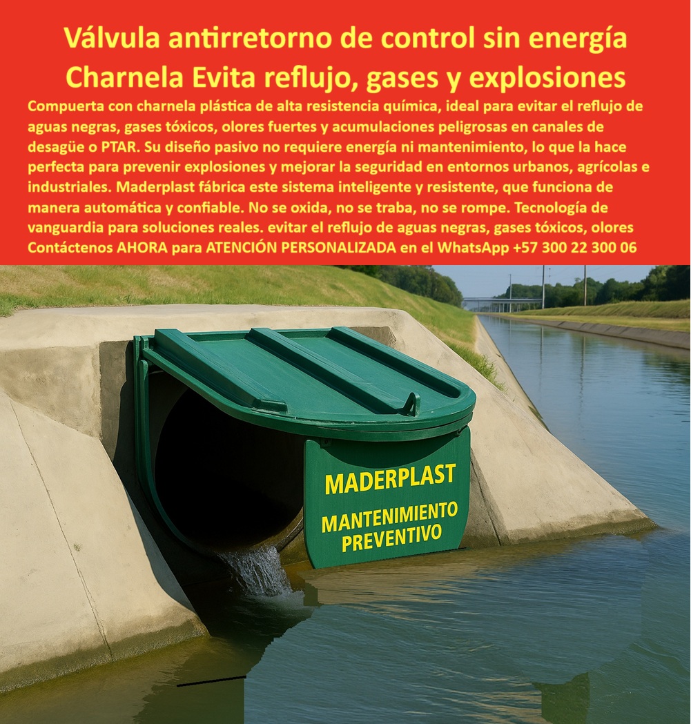 Charnela Plástica Alta Resistencia Química Válvula De Control Gases Ptar Maderplast 0 En la imagen observamos una compuerta plástica con charnela de alta resistencia química, instalada estratégicamente en la salida de un canal de concreto para riego y drenaje. Esta charnela plástica alta resistencia a químicos, de color verde, cuenta con una tapa rotulada con el mensaje preventivo “MADERPLAST MANTENIMIENTO PREVENTIVO”, lo que no solo refuerza la seguridad operativa del entorno, sino que también cumple una función de advertencia en instalaciones sensibles. Esta compuerta antirretorno de control sin energía pertenece al portafolio especializado de Maderplast, líder en soluciones hidráulicas inteligentes para entornos agrícolas, industriales y urbanos. - Su diseño tipo clapeta actúa como una válvula de control sin energía para gases, evitando el reflujo de aguas negras, gases tóxicos, olores fuertes y acumulaciones que puedan comprometer la salud pública o generar riesgos de explosión en PTAR. Lo que hace única esta tecnología es su funcionamiento automático, sin motores, sin presión externa y sin mantenimiento frecuente. Gracias a su estructura anticorrosiva y sin partes metálicas, esta válvula control pasivo para gases tóxicos no se oxida, no se traba, no se rompe y no genera puntos de falla incluso en condiciones extremas de humedad o contacto con residuos agresivos. - Esta charnela antirretorno industrial está fabricada en polímero técnico de ingeniería avanzada, lo que permite usarla como compuerta para evitar acumulaciones peligrosas, dique con charnela basculante, o tapa preventiva para canales industriales, adaptándose a canales agroindustriales, plantas PTAR, obras urbanas o zonas costeras donde la presencia de gases, lodos y sustancias químicas podría dañar válvulas metálicas tradicionales. - Al tratarse de una válvula plástica antirretorno sin partes metálicas, el sistema no requiere pintura, no propaga corrosión galvánica, y gracias a su diseño basculante se mantiene operativo año tras año. Se ha convertido en la respuesta más confiable cuando nos preguntamos: ¿Qué compuerta sirve para gases tóxicos?, o ¿Cómo controlar el reflujo sin energía?. Incluso en ambientes con flujo variable, su tecnología de sistema pasivo de contención de gases garantiza cierre hermético al detectar presión inversa y apertura fluida con la corriente normal, como debe actuar una compuerta inteligente para seguridad hidráulica moderna. - Desde su concepción, este sistema responde a la necesidad de infraestructuras más sostenibles, resistentes y seguras. Ya sea en un canal de riego químico, una planta de tratamiento de aguas residuales, o un drenaje urbano altamente contaminado, esta válvula plástica para gases tóxicos sin presión cumple la doble función de retención sin energía y de prevención contra riesgos ambientales. Como se aprecia en la imagen, la tapa basculante para canal de riego parcelario integra el mensaje visual con la función operativa, convirtiéndo se en una herramienta técnica con alto valor preventivo. - Por todo esto, esta compuerta plástica rotulada para control de flujo no es solo un dispositivo hidráulico: es una solución de ingeniería plástica que resuelve desafíos reales de salud pública, seguridad ambiental y eficiencia operativa. La preferencia de ingenieros, contratistas y alcaldías por esta tecnología demuestra su éxito como válvula de contención sin oxidación, charnela reforzada de contención química, y como una respuesta profesional a la pregunta crítica: ¿Qué tapa evita retorno en canal PTAR?. - Contáctenos AHORA para ATENCIÓN PERSONALIZADA en el WhatsApp +57 300 22 300 06 y reciba acompañamiento directo del equipo técnico de Maderplast. Porque las soluciones reales no se improvisan: se diseñan, se instalan y se mantienen firmes con la ingeniería de Maderplast. Tecnología que no retrocede, ni en caudal ni en compromiso compuerta-rotulada-peligro, - charnela de retención doble para riego parcelario, - dique de contención con charnela basculante, charnela Mar Charnela Plástica Alta Resistencia Química Válvula De Control Gases Ptar Maderplast 0 compuerta rotulada peligro charnela de retención doble para riego parcelario dique de contención con charnela basculante charnela Mar 01 En la imagen observamos una compuerta plástica con charnela de alta resistencia química, instalada estratégicamente en la salida de un canal de concreto para riego y drenaje. Esta charnela plástica alta resistencia a químicos, de color verde, cuenta con una tapa rotulada con el mensaje preventivo “MADERPLAST MANTENIMIENTO PREVENTIVO”, lo que no solo refuerza la seguridad operativa del entorno, sino que también cumple una función de advertencia en instalaciones sensibles. Esta compuerta antirretorno de control sin energía pertenece al portafolio especializado de Maderplast, líder en soluciones hidráulicas inteligentes para entornos agrícolas, industriales y urbanos. - Su diseño tipo clapeta actúa como una válvula de control sin energía para gases, evitando el reflujo de aguas negras, gases tóxicos, olores fuertes y acumulaciones que puedan comprometer la salud pública o generar riesgos de explosión en PTAR. Lo que hace única esta tecnología es su funcionamiento automático, sin motores, sin presión externa y sin mantenimiento frecuente. Gracias a su estructura anticorrosiva y sin partes metálicas, esta válvula control pasivo para gases tóxicos no se oxida, no se traba, no se rompe y no genera puntos de falla incluso en condiciones extremas de humedad o contacto con residuos agresivos. - Esta charnela antirretorno industrial está fabricada en polímero técnico de ingeniería avanzada, lo que permite usarla como compuerta para evitar acumulaciones peligrosas, dique con charnela basculante, o tapa preventiva para canales industriales, adaptándose a canales agroindustriales, plantas PTAR, obras urbanas o zonas costeras donde la presencia de gases, lodos y sustancias químicas podría dañar válvulas metálicas tradicionales. - Al tratarse de una válvula plástica antirretorno sin partes metálicas, el sistema no requiere pintura, no propaga corrosión galvánica, y gracias a su diseño basculante se mantiene operativo año tras año. Se ha convertido en la respuesta más confiable cuando nos preguntamos: ¿Qué compuerta sirve para gases tóxicos?, o ¿Cómo controlar el reflujo sin energía?. Incluso en ambientes con flujo variable, su tecnología de sistema pasivo de contención de gases garantiza cierre hermético al detectar presión inversa y apertura fluida con la corriente normal, como debe actuar una compuerta inteligente para seguridad hidráulica moderna. - Desde su concepción, este sistema responde a la necesidad de infraestructuras más sostenibles, resistentes y seguras. Ya sea en un canal de riego químico, una planta de tratamiento de aguas residuales, o un drenaje urbano altamente contaminado, esta válvula plástica para gases tóxicos sin presión cumple la doble función de retención sin energía y de prevención contra riesgos ambientales. Como se aprecia en la imagen, la tapa basculante para canal de riego parcelario integra el mensaje visual con la función operativa, convirtiéndo se en una herramienta técnica con alto valor preventivo. - Por todo esto, esta compuerta plástica rotulada para control de flujo no es solo un dispositivo hidráulico: es una solución de ingeniería plástica que resuelve desafíos reales de salud pública, seguridad ambiental y eficiencia operativa. La preferencia de ingenieros, contratistas y alcaldías por esta tecnología demuestra su éxito como válvula de contención sin oxidación, charnela reforzada de contención química, y como una respuesta profesional a la pregunta crítica: ¿Qué tapa evita retorno en canal PTAR?. - Contáctenos AHORA para ATENCIÓN PERSONALIZADA en el WhatsApp +57 300 22 300 06 y reciba acompañamiento directo del equipo técnico de Maderplast. Porque las soluciones reales no se improvisan: se diseñan, se instalan y se mantienen firmes con la ingeniería de Maderplast. Tecnología que no retrocede, ni en caudal ni en compromiso Charnela Plástica Alta Resistencia Química Válvula De Control Gases Ptar Maderplast 0 compuerta-rotulada-peligro, - charnela de retención doble para riego parcelario, - dique de contención con charnela basculante, charnela Mar