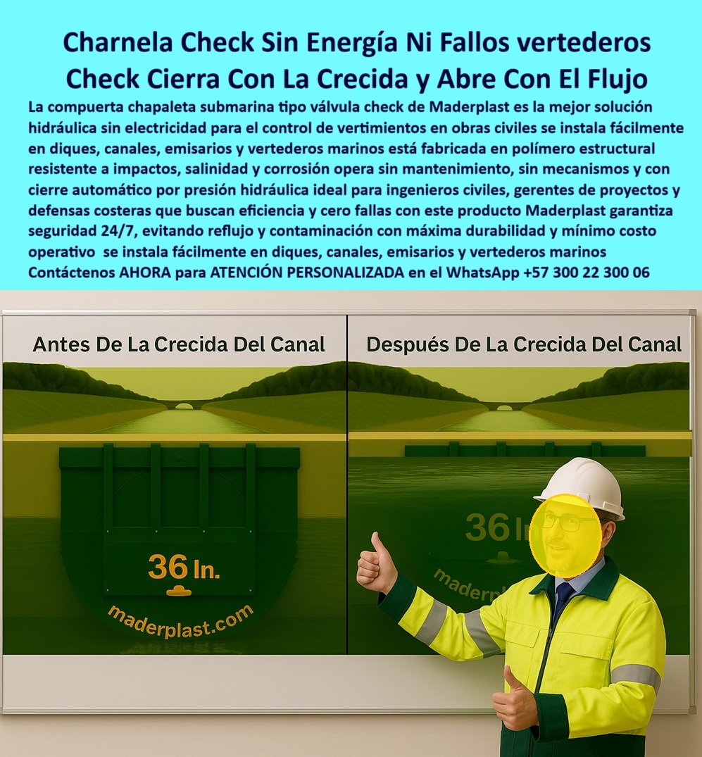 Charnela Submarina De Bocatoma Charnelas Desembocadura Vertimientos Maderplast 0 Charnela Check Sin Energía Ni Fallos en Vertederos – Check Cierra Con La Crecida y Abre Con El Flujo – Válvula Submarina de 36 Pulgadas para Obras Críticas Maderplast, - En esta imagen se observa el funcionamiento comparativo de una válvula tipo charnela check Maderplast de 36 pulgadas, instalada en un canal hidráulico simulado. A la izquierda, el sistema opera en condiciones normales “Antes de la crecida del canal”, permitiendo un flujo continuo y controlado. A la derecha, tras el aumento del nivel hídrico “Después de la crecida del canal”, la compuerta se encuentra completamente cerrada gracias al accionamiento por presión hidráulica, demostrando la eficiencia del cierre automático sin necesidad de mecanismos, electricidad o intervención humana. - Este tipo de charnela plástica submarina de bocatoma ha sido desarrollada bajo los más altos estándares de ingeniería para zonas de alto riesgo y vertimientos costeros, cumpliendo la normativa heavy-duty backflow valve for industrial underwater channels, adecuada para diques, emisarios, PTAR costeras, plantas de descarga y sistemas de canalización de vertederos industriales. - Fabricada completamente en polímero técnico estructural anticorrosivo, esta válvula unidireccional tipo clapeta resiste impactos, salinidad, presión diferencial, inmersión prolongada y ciclos de apertura sin deformación estructural. Su diseño verde de alto contraste facilita su identificación visual en inspecciones técnicas submarinas, mientras que su anclaje directo sobre estructuras de concreto elimina la necesidad de soldaduras o anclajes metálicos. Esta compuerta plástica submarina en canal de vertimiento es ligera, robusta y 100 % libre de mantenimiento preventivo, una ventaja crucial para operaciones críticas y entornos marinos hostiles. - Maderplast ha consolidado esta tecnología como la solución definitiva para el control de vertimientos en obras civiles submarinas, especialmente en proyectos donde el riesgo de reflujo por crecidas, mareas o tormentas puede representar una amenaza para la infraestructura y el medioambiente. Esta válvula hidráulica submarina de 36 pulgadas se adapta de forma inteligente al flujo natural, abriendo con el caudal y cerrando con la presión inversa, sin necesidad de energía externa ni sensores complejos. - El sistema se instala fácilmente en diques, canales, emisarios y vertederos marinos, funcionando con sello hermético bajo presión hidráulica. Ideal para plantas de tratamiento (PTAR) costeras, donde el control de retorno de aguas industriales, residuales o pluviales es indispensable para evitar contaminación. Su funcionamiento confiable 24/7 protege infraestructuras críticas y evita bloqueos, taponamientos o corrosión, que sí se presentan en compuertas metálicas tradicionales. - A diferencia de otros sistemas, esta válvula plástica tipo charnela no depende de mantenimiento constante ni operadores técnicos: su diseño pasivo con acción hidráulica permite que el sistema esté siempre preparado para actuar, cerrando ante cualquier crecida o flujo inverso. Así, la tecnología Maderplast garantiza una operación limpia, sin óxidos, sin fallos mecánicos y sin piezas móviles que se deterioren con el tiempo. - La capacidad de Maderplast para fabricar válvulas check sumergidas en cualquier medida, adaptadas al entorno específico del cliente, la posiciona como líder en el diseño de sistemas de control hidráulico bajo el agua, válvulas plásticas de descarga de emergencia, tapas tipo clapeta sumergidas para infraestructura civil e ingeniería costera sostenible. La combinación de polímeros técnicos reforzados, diseño de ingeniería avanzada y sellado por gravedad convierte a estas compuertas en la opción preferida por gerentes de proyectos, consultores hidráulicos e ingenieros de obras civiles que priorizan cero fallos, alta confiabilidad y retorno inmediato de inversión. - ¿Buscas una válvula submarina automática que funcione sin energía, sin fallos y sin mantenimiento? Esta es la solución. ¿Quieres evitar reflujos en canales industriales submarinos con una válvula hidráulica eficiente? Ya la tienes. Maderplast fabrica compuertas a la medida, resistentes a salinidad, sin óxido, para emisarios, bocatomas, PTAR y vertederos costeros. - Contáctenos AHORA para ATENCIÓN PERSONALIZADA en el WhatsApp +57 300 22 300 06 y reciba asesoría directa del equipo técnico Maderplast en la selección de válvulas submarinas tipo check, charnelas plásticas automáticas y compuertas hidráulicas para entornos marinos. Confía en 25 años de innovación comprobada en control unidireccional sin energía. Normativa Heavy-duty backflow valve for industrial underwater channels”, - charnela tipo clapeta bajo el agua, - Plantas de tratamiento (PTAR) costeras, Charnela Submarina De Bocatoma Charnelas Desembocadura Vertimientos Maderplast 0 Normativa Heavy duty backflow valve for industrial underwater channels charnela tipo clapeta bajo el agua Plantas de tratamiento PTAR costeras 01 Charnela Check Sin Energía Ni Fallos en Vertederos – Check Cierra Con La Crecida y Abre Con El Flujo – Válvula Submarina de 36 Pulgadas para Obras Críticas Maderplast, - En esta imagen se observa el funcionamiento comparativo de una válvula tipo charnela check Maderplast de 36 pulgadas, instalada en un canal hidráulico simulado. A la izquierda, el sistema opera en condiciones normales “Antes de la crecida del canal”, permitiendo un flujo continuo y controlado. A la derecha, tras el aumento del nivel hídrico “Después de la crecida del canal”, la compuerta se encuentra completamente cerrada gracias al accionamiento por presión hidráulica, demostrando la eficiencia del cierre automático sin necesidad de mecanismos, electricidad o intervención humana. - Este tipo de charnela plástica submarina de bocatoma ha sido desarrollada bajo los más altos estándares de ingeniería para zonas de alto riesgo y vertimientos costeros, cumpliendo la normativa heavy-duty backflow valve for industrial underwater channels, adecuada para diques, emisarios, PTAR costeras, plantas de descarga y sistemas de canalización de vertederos industriales. - Fabricada completamente en polímero técnico estructural anticorrosivo, esta válvula unidireccional tipo clapeta resiste impactos, salinidad, presión diferencial, inmersión prolongada y ciclos de apertura sin deformación estructural. Su diseño verde de alto contraste facilita su identificación visual en inspecciones técnicas submarinas, mientras que su anclaje directo sobre estructuras de concreto elimina la necesidad de soldaduras o anclajes metálicos. Esta compuerta plástica submarina en canal de vertimiento es ligera, robusta y 100 % libre de mantenimiento preventivo, una ventaja crucial para operaciones críticas y entornos marinos hostiles. - Maderplast ha consolidado esta tecnología como la solución definitiva para el control de vertimientos en obras civiles submarinas, especialmente en proyectos donde el riesgo de reflujo por crecidas, mareas o tormentas puede representar una amenaza para la infraestructura y el medioambiente. Esta válvula hidráulica submarina de 36 pulgadas se adapta de forma inteligente al flujo natural, abriendo con el caudal y cerrando con la presión inversa, sin necesidad de energía externa ni sensores complejos. - El sistema se instala fácilmente en diques, canales, emisarios y vertederos marinos, funcionando con sello hermético bajo presión hidráulica. Ideal para plantas de tratamiento (PTAR) costeras, donde el control de retorno de aguas industriales, residuales o pluviales es indispensable para evitar contaminación. Su funcionamiento confiable 24/7 protege infraestructuras críticas y evita bloqueos, taponamientos o corrosión, que sí se presentan en compuertas metálicas tradicionales. - A diferencia de otros sistemas, esta válvula plástica tipo charnela no depende de mantenimiento constante ni operadores técnicos: su diseño pasivo con acción hidráulica permite que el sistema esté siempre preparado para actuar, cerrando ante cualquier crecida o flujo inverso. Así, la tecnología Maderplast garantiza una operación limpia, sin óxidos, sin fallos mecánicos y sin piezas móviles que se deterioren con el tiempo. - La capacidad de Maderplast para fabricar válvulas check sumergidas en cualquier medida, adaptadas al entorno específico del cliente, la posiciona como líder en el diseño de sistemas de control hidráulico bajo el agua, válvulas plásticas de descarga de emergencia, tapas tipo clapeta sumergidas para infraestructura civil e ingeniería costera sostenible. La combinación de polímeros técnicos reforzados, diseño de ingeniería avanzada y sellado por gravedad convierte a estas compuertas en la opción preferida por gerentes de proyectos, consultores hidráulicos e ingenieros de obras civiles que priorizan cero fallos, alta confiabilidad y retorno inmediato de inversión. - ¿Buscas una válvula submarina automática que funcione sin energía, sin fallos y sin mantenimiento? Esta es la solución. ¿Quieres evitar reflujos en canales industriales submarinos con una válvula hidráulica eficiente? Ya la tienes. Maderplast fabrica compuertas a la medida, resistentes a salinidad, sin óxido, para emisarios, bocatomas, PTAR y vertederos costeros. - Contáctenos AHORA para ATENCIÓN PERSONALIZADA en el WhatsApp +57 300 22 300 06 y reciba asesoría directa del equipo técnico Maderplast en la selección de válvulas submarinas tipo check, charnelas plásticas automáticas y compuertas hidráulicas para entornos marinos. Confía en 25 años de innovación comprobada en control unidireccional sin energía. Charnela Submarina De Bocatoma Charnelas Desembocadura Vertimientos Maderplast 0 Normativa Heavy-duty backflow valve for industrial underwater channels”, - charnela tipo clapeta bajo el agua, - Plantas de tratamiento (PTAR) costeras,