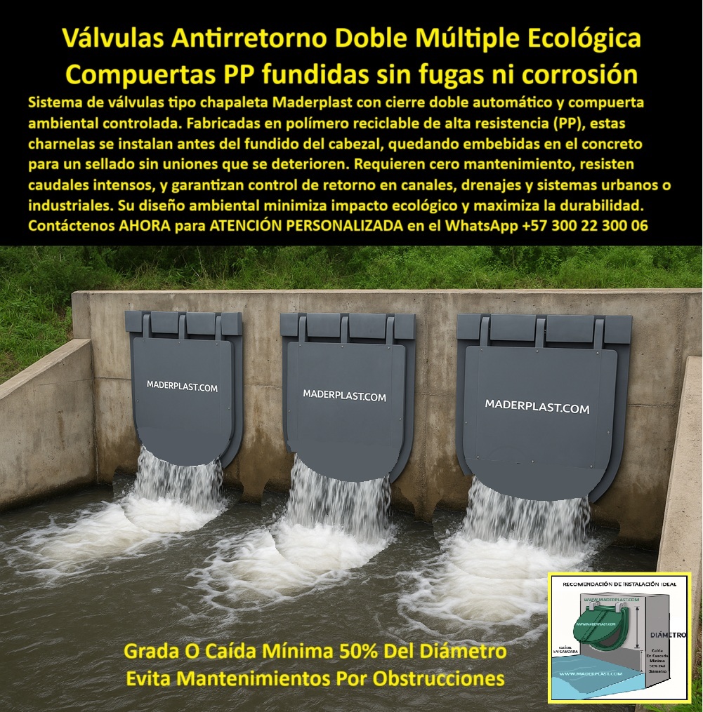 Charnela Válvula Charnelas Dobles Múltiples Evitar Retorno De Agua Maderplast 0 La imagen muestra el funcionamiento ideal del sistema hidráulico de cierre doble tipo charnela múltiple de Maderplast, diseñado específicamente para canales urbanos, drenajes industriales y plantas de tratamiento PTAR. Este sistema de válvulas antirretorno doble múltiple ecológica representa la evolución tecnológica en la gestión de caudales sin presión, gracias a su estructura de compuerta ambiental controlada, fabricada en polímero reciclable de alta resistencia (PP), completamente fundida en el muro de concreto para asegurar un sellado perfecto, sin uniones que generen fugas ni corrosión. - Cada charnela doble plástica sin mantenimiento continuo se instala embebida directamente sobre el cabezal hidráulico, logrando una integración sólida y libre de tensiones estructurales. Este tipo de instalación evita desajustes, grietas o puntos de fuga, eliminando las causas más comunes de fallas en sistemas convencionales. Las válvulas grises de doble bisagra instaladas en muro hidráulico, como se evidencia en la imagen, garantizan que el flujo sea unidireccional y que el reflujo contaminante sea totalmente bloqueado sin esfuerzo mecánico. - La configuración múltiple de compuertas de charnela controlando reflujo con caudal alto resiste incluso en escenarios de lluvia torrencial o sobrecarga hidráulica. El diseño incluye una compuerta doble abatible con estructura robusta, que funciona automáticamente con la presión del agua y retorna a su posición de cierre por gravedad, sin necesidad de energía, ni mecanismos de accionamiento, ni mantenimiento activo. Este sistema hidráulico ecológico de control unidireccional tiene como ventaja clave su sostenibilidad: es silencioso, no requiere electricidad, y se fabrica con materiales de bajo impacto ambiental. - La imagen incorpora una recomendación técnica esencial para la instalación: una grada o caída mínima del 50% del diámetro, lo cual permite el flujo libre sin estancamientos ni retroceso, y evita obstrucciones causadas por sólidos. Esto convierte al conjunto en una válvula hidráulica tipo charnela doble sin mantenimiento real y efectivo. El mantenimiento se limita a inspecciones antes y después de temporadas de lluvias, lo que reduce los costos operativos de manera significativa. - Maderplast recomienda este sistema de cierre fundido sin fugas para plantas de tratamiento, sistemas pluviales, alcantarillados y drenajes industriales que exigen alto rendimiento. La compuerta plástica antirretorno para bocatomas múltiples, combinada con una instalación adecuada y su fabricación con polímero reciclado, se convierte en una válvula ambiental de baja huella ecológica que responde perfectamente a los desafíos hidráulicos de hoy. - Esta válvula doble automática para redes sanitarias, también conocida como compuerta doble hidráulica para drenajes, forma parte de un sistema optimizado que puede funcionar como tapa hidráulica múltiple para caudales intensos, o como válvula múltiple fundida en PP reciclable para proyectos sostenibles en zonas urbanas o rurales. No sólo controla de forma precisa, sino que también elimina los riesgos de mantenimiento frecuente, óxido, o desajustes por presión. - Si te preguntas qué sistema usar para drenajes industriales sin retorno, o dónde comprar compuertas dobles sin mantenimiento, la respuesta está aquí: Maderplast desarrolla la solución completa. Nuestra tecnología incluye compuertas plásticas dobles en canal de concreto con descarga múltiple, válidas para uso en plantas PTAR, canales industriales, redes pluviales, o cualquier obra hidráulica que requiera un sistema antirretorno múltiple para aguas urbanas sin fallos. - Gracias a su diseño funcional, la válvula plástica con doble cierre automático puede actuar como válvula de control para descargas pluviales intensas, como sistema hidráulico antirretorno de tres válvulas fundidas en PP, o como parte de una compuerta libre de óxido y corrosión. En cualquiera de sus usos, esta tecnología representa una solución confiable, duradera y ecológica. - Maderplast no sólo fabrica compuertas, sino que transforma la manera en que se diseñan las soluciones hidráulicas modernas. Con el respaldo técnico, la personalización industrial y la innovación continua, Maderplast responde con precisión a cada desafío de caudal, retorno o sostenibilidad. sistema hidráulico cierre doble válvula doble con estructura robusta en polímero reciclable compuerta ambiental controlada sistema Ptar 01 Charnela Válvula Charnelas Dobles Múltiples Evitar Retorno De Agua Maderplast 0 sistema hidráulico cierre doble válvula doble con estructura robusta en polímero reciclable compuerta ambiental controlada sistema Ptar 01 La imagen muestra el funcionamiento ideal del sistema hidráulico de cierre doble tipo charnela múltiple de Maderplast, diseñado específicamente para canales urbanos, drenajes industriales y plantas de tratamiento PTAR. Este sistema de válvulas antirretorno doble múltiple ecológica representa la evolución tecnológica en la gestión de caudales sin presión, gracias a su estructura de compuerta ambiental controlada, fabricada en polímero reciclable de alta resistencia (PP), completamente fundida en el muro de concreto para asegurar un sellado perfecto, sin uniones que generen fugas ni corrosión. - Cada charnela doble plástica sin mantenimiento continuo se instala embebida directamente sobre el cabezal hidráulico, logrando una integración sólida y libre de tensiones estructurales. Este tipo de instalación evita desajustes, grietas o puntos de fuga, eliminando las causas más comunes de fallas en sistemas convencionales. Las válvulas grises de doble bisagra instaladas en muro hidráulico, como se evidencia en la imagen, garantizan que el flujo sea unidireccional y que el reflujo contaminante sea totalmente bloqueado sin esfuerzo mecánico. - La configuración múltiple de compuertas de charnela controlando reflujo con caudal alto resiste incluso en escenarios de lluvia torrencial o sobrecarga hidráulica. El diseño incluye una compuerta doble abatible con estructura robusta, que funciona automáticamente con la presión del agua y retorna a su posición de cierre por gravedad, sin necesidad de energía, ni mecanismos de accionamiento, ni mantenimiento activo. Este sistema hidráulico ecológico de control unidireccional tiene como ventaja clave su sostenibilidad: es silencioso, no requiere electricidad, y se fabrica con materiales de bajo impacto ambiental. - La imagen incorpora una recomendación técnica esencial para la instalación: una grada o caída mínima del 50% del diámetro, lo cual permite el flujo libre sin estancamientos ni retroceso, y evita obstrucciones causadas por sólidos. Esto convierte al conjunto en una válvula hidráulica tipo charnela doble sin mantenimiento real y efectivo. El mantenimiento se limita a inspecciones antes y después de temporadas de lluvias, lo que reduce los costos operativos de manera significativa. - Maderplast recomienda este sistema de cierre fundido sin fugas para plantas de tratamiento, sistemas pluviales, alcantarillados y drenajes industriales que exigen alto rendimiento. La compuerta plástica antirretorno para bocatomas múltiples, combinada con una instalación adecuada y su fabricación con polímero reciclado, se convierte en una válvula ambiental de baja huella ecológica que responde perfectamente a los desafíos hidráulicos de hoy. - Esta válvula doble automática para redes sanitarias, también conocida como compuerta doble hidráulica para drenajes, forma parte de un sistema optimizado que puede funcionar como tapa hidráulica múltiple para caudales intensos, o como válvula múltiple fundida en PP reciclable para proyectos sostenibles en zonas urbanas o rurales. No sólo controla de forma precisa, sino que también elimina los riesgos de mantenimiento frecuente, óxido, o desajustes por presión. - Si te preguntas qué sistema usar para drenajes industriales sin retorno, o dónde comprar compuertas dobles sin mantenimiento, la respuesta está aquí: Maderplast desarrolla la solución completa. Nuestra tecnología incluye compuertas plásticas dobles en canal de concreto con descarga múltiple, válidas para uso en plantas PTAR, canales industriales, redes pluviales, o cualquier obra hidráulica que requiera un sistema antirretorno múltiple para aguas urbanas sin fallos. - Gracias a su diseño funcional, la válvula plástica con doble cierre automático puede actuar como válvula de control para descargas pluviales intensas, como sistema hidráulico antirretorno de tres válvulas fundidas en PP, o como parte de una compuerta libre de óxido y corrosión. En cualquiera de sus usos, esta tecnología representa una solución confiable, duradera y ecológica. - Maderplast no sólo fabrica compuertas, sino que transforma la manera en que se diseñan las soluciones hidráulicas modernas. Con el respaldo técnico, la personalización industrial y la innovación continua, Maderplast responde con precisión a cada desafío de caudal, retorno o sostenibilidad. Charnela Válvula Charnelas Dobles Múltiples Evitar Retorno De Agua Maderplast 0 sistema hidráulico cierre doble válvula doble con estructura robusta en polímero reciclable compuerta ambiental controlada sistema Ptar 01