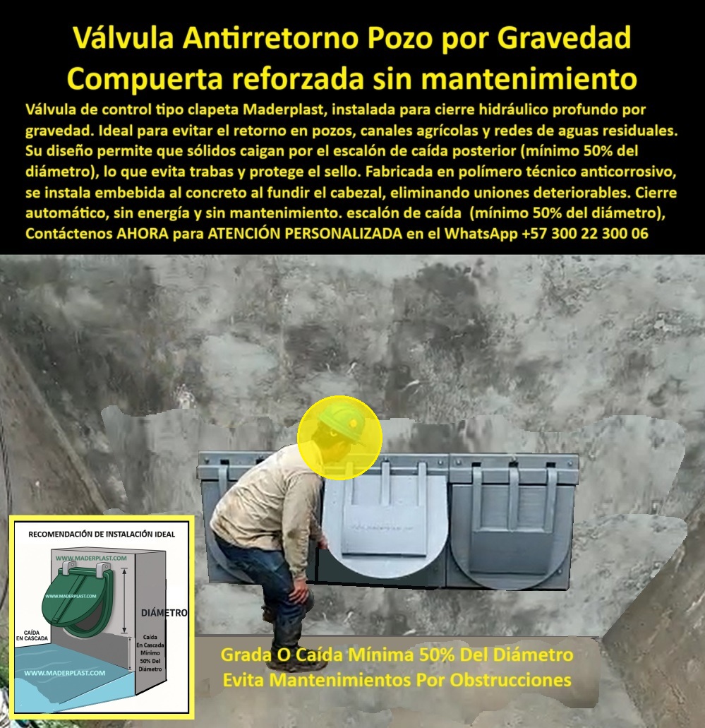 Charnela Válvula Evitar Retorno De Agua Pozo Profundo Cierre Hidráulico Maderplast 0 Válvula Antirretorno para Pozo por Gravedad: Compuerta Reforzada Maderplast sin Energía ni Mantenimiento, - La imagen presenta una Válvula plástica triple instalada en fondo de pozo, parte de un sistema-control-agua diseñado para operar por gravedad. Esta charnela para cierre hidráulico por gravedad funciona como una válvula antirretorno pozo profundo, instalada en la parte baja de un canal de concreto, y representa una solución definitiva para cerrar caudales sin energía, sin mantenimiento y sin riesgo de obstrucciones. - Estas unidades son clapetas hidráulicas embebidas en concreto gris, parte de una guía detallada sobre la manera correcta de instalar una charnela, también conocida como manual para instalación de charnelas o guía pasos y procedimientos de instalación de charnelas. Esta técnica consiste en fundir la clapeta antirretorno embebida en muro directamente al colar el concreto del cabezal, eliminando uniones deteriorables, reduciendo filtraciones y garantizando máxima eficiencia. - Cada compuerta de cierre por gravedad funciona de forma pasiva, cerrando automáticamente con el peso del fluido. Esta tecnología permite que sólidos y sedimentos caigan libremente por la caída mínima del 50% del diámetro, evitando trabas en el mecanismo y asegurando un sellado efectivo. Este principio se ilustra en el diagrama de instalación incluido en la imagen como recomendación técnica. - Estas válvulas de control profundo PTAR están fabricadas en polímero técnico anticorrosivo, lo que las convierte en una válvula-sin-mantenimiento resistente a químicos, aguas residuales y condiciones agresivas. Funcionan en pozos de inspección, canales agrícolas, plantas de tratamiento PTAR, y redes de saneamiento rural, donde se requiere una solución sin energía, duradera y de instalación confiable. - Este modelo de charnela de fondo para pozo de inspección funciona también como válvula técnica para obras hidráulicas, válvula-para-aguas-residuales, o clapeta-basculante-riego, ideal para zonas rurales o entornos donde no se dispone de infraestructura eléctrica. Su diseño permite una instalación-de-charnelas eficiente y sin herramientas especiales. - Si te preguntas ¿Qué válvula usar en pozo profundo sin presión?, o ¿Qué tapa poner en red sanitaria por gravedad?, la respuesta es esta compuerta sanitaria para riego profundo Maderplast: una válvula reforzada por gravedad, confiable, libre de mantenimiento y altamente resistente. - Este sistema de charnela sin presión para cierre efectivo actúa como válvula de fondo para drenaje agrícola, compuerta clapeta contra retorno, y clapeta embebida en concreto sanitario, proporcionando cierre automático con caída libre. Además, es perfecta como tapa técnica para aguas negras, válvula pasiva contra retorno de caudal, o compuerta-en-concreto para uso en infraestructura hidráulica sanitaria. - Entre sus aplicaciones más destacadas se encuentran:, - compuerta para canal, - válvula de control para canal agrícola, - compuerta para riego sin energía, - válvula de caída para aguas negras, - sistema pasivo de control hidráulico, - compuerta anticorrosiva para PTAR, - charnela anti obstrucción sin partes metálicas, - clapeta-para-riego, - válvula hidráulica para estaciones rurales, - válvula de cierre automático por peso, - Esta solución también responde a preguntas frecuentes cómo:, - 🔹 ¿Dónde comprar compuerta antirretorno sin energía?, - 🔹 ¿Cuál válvula sirve para evitar retorno en riesgo?, - 🔹 ¿Cómo evitar obstrucciones en drenajes rurales?, - La compuerta reforzada para canales profundos de Maderplast es una innovación en ingeniería plástica paso a paso instalación chapaleta, pensada para durar décadas sin intervención, incluso bajo uso continuo. - 📲 Para más información sobre esta charnela válvula evitar retorno de agua pozo profundo cierre hidráulico Maderplast, o para solicitar asistencia técnica en la instalación, contáctanos vía WhatsApp +57 300 22 300 06 y recibe asesoría personalizada, planos de obra y especificaciones de instalación profesional. compuerta de cierre por gravedad, - tapa hidráulica reforzada aguas residuales, - clapeta-basculante-riego, válvula de control profundo Ptar Charnela Válvula Evitar Retorno De Agua Pozo Profundo Cierre Hidráulico Maderplast 0 compuerta de cierre por gravedad tapa hidráulica reforzada aguas residuales clapeta basculante riego válvula de control profundo Ptar 01 Válvula Antirretorno para Pozo por Gravedad: Compuerta Reforzada Maderplast sin Energía ni Mantenimiento, - La imagen presenta una Válvula plástica triple instalada en fondo de pozo, parte de un sistema-control-agua diseñado para operar por gravedad. Esta charnela para cierre hidráulico por gravedad funciona como una válvula antirretorno pozo profundo, instalada en la parte baja de un canal de concreto, y representa una solución definitiva para cerrar caudales sin energía, sin mantenimiento y sin riesgo de obstrucciones. - Estas unidades son clapetas hidráulicas embebidas en concreto gris, parte de una guía detallada sobre la manera correcta de instalar una charnela, también conocida como manual para instalación de charnelas o guía pasos y procedimientos de instalación de charnelas. Esta técnica consiste en fundir la clapeta antirretorno embebida en muro directamente al colar el concreto del cabezal, eliminando uniones deteriorables, reduciendo filtraciones y garantizando máxima eficiencia. - Cada compuerta de cierre por gravedad funciona de forma pasiva, cerrando automáticamente con el peso del fluido. Esta tecnología permite que sólidos y sedimentos caigan libremente por la caída mínima del 50% del diámetro, evitando trabas en el mecanismo y asegurando un sellado efectivo. Este principio se ilustra en el diagrama de instalación incluido en la imagen como recomendación técnica. - Estas válvulas de control profundo PTAR están fabricadas en polímero técnico anticorrosivo, lo que las convierte en una válvula-sin-mantenimiento resistente a químicos, aguas residuales y condiciones agresivas. Funcionan en pozos de inspección, canales agrícolas, plantas de tratamiento PTAR, y redes de saneamiento rural, donde se requiere una solución sin energía, duradera y de instalación confiable. - Este modelo de charnela de fondo para pozo de inspección funciona también como válvula técnica para obras hidráulicas, válvula-para-aguas-residuales, o clapeta-basculante-riego, ideal para zonas rurales o entornos donde no se dispone de infraestructura eléctrica. Su diseño permite una instalación-de-charnelas eficiente y sin herramientas especiales. - Si te preguntas ¿Qué válvula usar en pozo profundo sin presión?, o ¿Qué tapa poner en red sanitaria por gravedad?, la respuesta es esta compuerta sanitaria para riego profundo Maderplast: una válvula reforzada por gravedad, confiable, libre de mantenimiento y altamente resistente. - Este sistema de charnela sin presión para cierre efectivo actúa como válvula de fondo para drenaje agrícola, compuerta clapeta contra retorno, y clapeta embebida en concreto sanitario, proporcionando cierre automático con caída libre. Además, es perfecta como tapa técnica para aguas negras, válvula pasiva contra retorno de caudal, o compuerta-en-concreto para uso en infraestructura hidráulica sanitaria. - Entre sus aplicaciones más destacadas se encuentran:, - compuerta para canal, - válvula de control para canal agrícola, - compuerta para riego sin energía, - válvula de caída para aguas negras, - sistema pasivo de control hidráulico, - compuerta anticorrosiva para PTAR, - charnela anti obstrucción sin partes metálicas, - clapeta-para-riego, - válvula hidráulica para estaciones rurales, - válvula de cierre automático por peso, - Esta solución también responde a preguntas frecuentes cómo:, - 🔹 ¿Dónde comprar compuerta antirretorno sin energía?, - 🔹 ¿Cuál válvula sirve para evitar retorno en riesgo?, - 🔹 ¿Cómo evitar obstrucciones en drenajes rurales?, - La compuerta reforzada para canales profundos de Maderplast es una innovación en ingeniería plástica paso a paso instalación chapaleta, pensada para durar décadas sin intervención, incluso bajo uso continuo. - 📲 Para más información sobre esta charnela válvula evitar retorno de agua pozo profundo cierre hidráulico Maderplast, o para solicitar asistencia técnica en la instalación, contáctanos vía WhatsApp +57 300 22 300 06 y recibe asesoría personalizada, planos de obra y especificaciones de instalación profesional. Charnela Válvula Evitar Retorno De Agua Pozo Profundo Cierre Hidráulico Maderplast 0 compuerta de cierre por gravedad, - tapa hidráulica reforzada aguas residuales, - clapeta-basculante-riego, válvula de control profundo Ptar