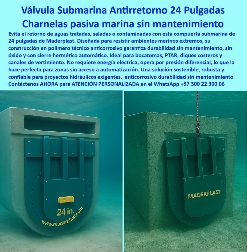 Charnela hidráulica Compuerta Canal Dique Válvula Check Anti Retorno Maderplast 0 Charnela hidráulica submarina Maderplast 24 pulgadas: una solución pasiva, robusta y sin mantenimiento que está revolucionando el control de flujo en canales marinos y emisarios costeros. La imagen revela dos válvulas sumergidas completamente bajo el agua, fabricadas en polímero técnico anticorrosivo, diseñadas para resistir ambientes altamente agresivos como el agua salada, químicos industriales y residuos sólidos presentes en vertimientos tratados o contaminados. - Cada unidad funciona como válvula submarina antirretorno de 24 pulgadas, instalada en estructuras de concreto bajo el nivel del mar, sin requerir energía eléctrica, componentes metálicos ni intervención humana para su operación. Gracias a su tecnología de cierre automático por presión hidráulica diferencial, esta compuerta se abre y se cierra de manera pasiva, permitiendo un flujo unidireccional de líquidos desde plantas PTAR, bocatomas y canales costeros, sin riesgo de reflujo ni contaminación cruzada. - Diseñada para durar décadas en condiciones extremas, esta charnela hidráulica para bocatoma marina ofrece un cierre hermético continuo, incluso con presencia de salinidad, lodo marino, arena o aceites. Su estructura monolítica de polímero técnico evita corrosión, oxidación, incrustaciones o desgastes por abrasión marina, lo que la convierte en una verdadera solución sin mantenimiento para sistemas costeros. - Un elemento clave de esta válvula es su cadena de izaje superior, visible en una de las imágenes. Este componente permite realizar inspecciones programadas o movimientos con grúa sin necesidad de buceo profesional, facilitando el trabajo de mantenimiento preventivo o monitoreo estructural desde superficie. Esto habilita su uso en proyectos con automatización hidráulica, integrando sensores, drones o robots de inspección submarina. - Esta compuerta hidráulica marina pasiva no solo protege redes pluviales, agrícolas o industriales, también garantiza que el vertimiento cumpla con normativas ambientales al evitar el retorno de contaminantes hacia fuentes de captación o zonas vulnerables. Por eso es ideal para PTAR costeras, canales de vertimiento en zonas portuarias, bocatomas de riego salobre o sistemas industriales donde el uso de válvulas metálicas ha fallado por corrosión. - La válvula pasiva sin presión de 24 pulgadas también es ideal para instalaciones en cámaras submarinas, túneles de drenaje, estaciones de bombeo con flujo asistido por gravedad y canales salobres que operan sin presión constante. Su desempeño probado, incluso bajo presión ambiental oceánica, permite que sea especificada por ingenieros civiles, sanitarios y marítimos para obras hidráulicas de largo plazo. - A diferencia de otras tecnologías, la compuerta sumergible sin piezas móviles metálicas de Maderplast elimina fallos por herrumbre, engranajes trabados o mantenimiento frecuente. Este es un sistema inteligente por su simplicidad funcional, pero también por su integración estructural y su potencial para automatización a futuro. - La charnela verde Maderplast es mucho más que una tapa técnica. Es un componente clave de la ingeniería hidráulica sostenible del siglo XXI, pensada para funcionar sin energía, sin fallos y sin intervenciones en las condiciones más exigentes del medio marino. Cada compuerta viene con sello hermético comprobado, resistencia química garantizada y soporte técnico profesional desde su diseño hasta la puesta en operación. - ¿Estás diseñando una obra costera, un emisario submarino, una PTAR o un canal de riego con riesgo de reflujo marino o salinidad?, - Integra una válvula submarina antirretorno de 24 pulgadas Maderplast y garantiza control confiable por décadas, sin mantenimiento y con cero corrosión. - Contáctanos AHORA a través de WhatsApp +57 300 22 300 06, - Y accede a ATENCIÓN PERSONALIZADA con respaldo directo del equipo de ingeniería Maderplast charnela para aguas residuales con cierre automático, - sistema-antirreflujo-para-bocatoma-submarina, válvula submarina para canales de riego Charnela Charnela hidráulica Compuerta Canal Dique Válvula Check Anti Retorno Maderplast 0 charnela para aguas residuales con cierre automático sistema antirreflujo para bocatoma submarina válvula submarina para canales de riego Charnela 01 Charnela hidráulica submarina Maderplast 24 pulgadas: una solución pasiva, robusta y sin mantenimiento que está revolucionando el control de flujo en canales marinos y emisarios costeros. La imagen revela dos válvulas sumergidas completamente bajo el agua, fabricadas en polímero técnico anticorrosivo, diseñadas para resistir ambientes altamente agresivos como el agua salada, químicos industriales y residuos sólidos presentes en vertimientos tratados o contaminados. - Cada unidad funciona como válvula submarina antirretorno de 24 pulgadas, instalada en estructuras de concreto bajo el nivel del mar, sin requerir energía eléctrica, componentes metálicos ni intervención humana para su operación. Gracias a su tecnología de cierre automático por presión hidráulica diferencial, esta compuerta se abre y se cierra de manera pasiva, permitiendo un flujo unidireccional de líquidos desde plantas PTAR, bocatomas y canales costeros, sin riesgo de reflujo ni contaminación cruzada. - Diseñada para durar décadas en condiciones extremas, esta charnela hidráulica para bocatoma marina ofrece un cierre hermético continuo, incluso con presencia de salinidad, lodo marino, arena o aceites. Su estructura monolítica de polímero técnico evita corrosión, oxidación, incrustaciones o desgastes por abrasión marina, lo que la convierte en una verdadera solución sin mantenimiento para sistemas costeros. - Un elemento clave de esta válvula es su cadena de izaje superior, visible en una de las imágenes. Este componente permite realizar inspecciones programadas o movimientos con grúa sin necesidad de buceo profesional, facilitando el trabajo de mantenimiento preventivo o monitoreo estructural desde superficie. Esto habilita su uso en proyectos con automatización hidráulica, integrando sensores, drones o robots de inspección submarina. - Esta compuerta hidráulica marina pasiva no solo protege redes pluviales, agrícolas o industriales, también garantiza que el vertimiento cumpla con normativas ambientales al evitar el retorno de contaminantes hacia fuentes de captación o zonas vulnerables. Por eso es ideal para PTAR costeras, canales de vertimiento en zonas portuarias, bocatomas de riego salobre o sistemas industriales donde el uso de válvulas metálicas ha fallado por corrosión. - La válvula pasiva sin presión de 24 pulgadas también es ideal para instalaciones en cámaras submarinas, túneles de drenaje, estaciones de bombeo con flujo asistido por gravedad y canales salobres que operan sin presión constante. Su desempeño probado, incluso bajo presión ambiental oceánica, permite que sea especificada por ingenieros civiles, sanitarios y marítimos para obras hidráulicas de largo plazo. - A diferencia de otras tecnologías, la compuerta sumergible sin piezas móviles metálicas de Maderplast elimina fallos por herrumbre, engranajes trabados o mantenimiento frecuente. Este es un sistema inteligente por su simplicidad funcional, pero también por su integración estructural y su potencial para automatización a futuro. - La charnela verde Maderplast es mucho más que una tapa técnica. Es un componente clave de la ingeniería hidráulica sostenible del siglo XXI, pensada para funcionar sin energía, sin fallos y sin intervenciones en las condiciones más exigentes del medio marino. Cada compuerta viene con sello hermético comprobado, resistencia química garantizada y soporte técnico profesional desde su diseño hasta la puesta en operación. - ¿Estás diseñando una obra costera, un emisario submarino, una PTAR o un canal de riego con riesgo de reflujo marino o salinidad?, - Integra una válvula submarina antirretorno de 24 pulgadas Maderplast y garantiza control confiable por décadas, sin mantenimiento y con cero corrosión. - Contáctanos AHORA a través de WhatsApp +57 300 22 300 06, - Y accede a ATENCIÓN PERSONALIZADA con respaldo directo del equipo de ingeniería Maderplast Charnela hidráulica Compuerta Canal Dique Válvula Check Anti Retorno Maderplast 0 charnela para aguas residuales con cierre automático, - sistema-antirreflujo-para-bocatoma-submarina, válvula submarina para canales de riego Charnela