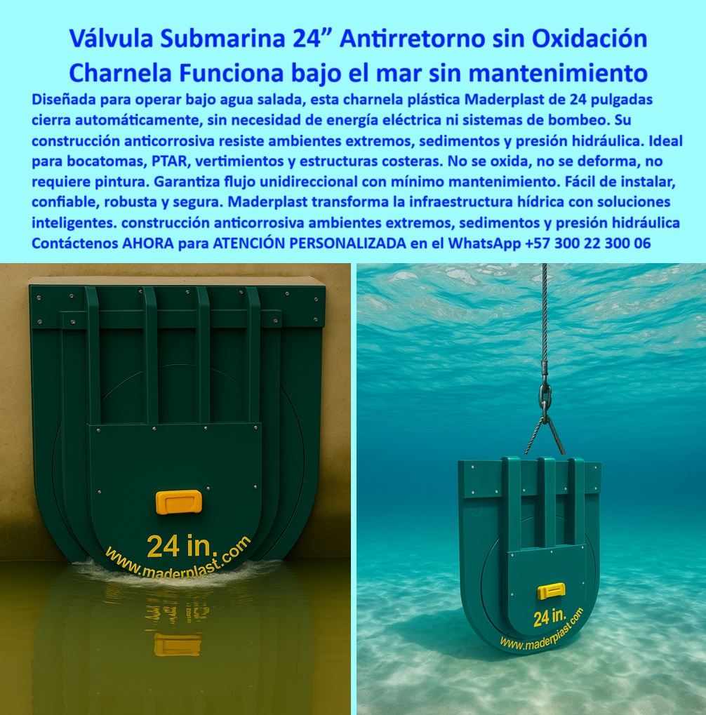 Charnela hidráulica Compuerta Canal Dique Válvula Check Anti Retorno Maderplast 0 Válvula Submarina 24” Antirretorno sin Oxidación – Charnela Funciona Bajo el Mar Sin Mantenimiento, - En esta imagen se observa una charnela hidráulica Maderplast de 24 pulgadas, especialmente diseñada para operar en ambientes salinos extremos, instalada en un canal costero y sumergida bajo el mar. A la izquierda, la válvula ya instalada garantiza un cierre hermético mediante presión hidráulica sin uso de energía, mientras que a la derecha se aprecia otra tapa verde con manija amarilla suspendida en el mar, durante su proceso de instalación por grúa, lista para acoplarse a una estructura marina. Esta compuerta ha sido fabricada con precisión técnica en polímero de alta ingeniería, libre de partes metálicas expuestas, lo que asegura una operación continua sin óxido, sin pintura y sin mantenimiento. - Maderplast ha desarrollado esta compuerta clapeta plástica para descarga marina como solución definitiva para evitar el reflujo de aguas tratadas o contaminadas en sistemas PTAR costeros, emisarios marinos, vertimientos industriales bajo el mar, bocatomas y estructuras hidráulicas sumergidas. Gracias a su diseño robusto, ligero y funcional, esta válvula plástica sumergida sin energía se activa únicamente por la presión del agua, garantizando un flujo unidireccional preciso incluso en condiciones de salinidad extrema, presión hidráulica variable y acumulación de sedimentos. - A diferencia de las compuertas metálicas, esta charnela ambiental sumergida para emisario no se corroe, no se deforma y mantiene un sello hidráulico estable incluso tras años de inmersión. Es compatible con estructuras públicas e industriales como plantas de tratamiento de aguas residuales costeras, obras de ingeniería marina, diques de vertimiento, alcantarillados costeros y salidas de presión sin retorno. Su tecnología está respaldada por más de 25 años de experiencia comprobada en entornos agresivos, donde otras válvulas fallan. Por eso, alcaldías, ministerios de obras públicas, empresas de acueducto y contratistas de infraestructura hidráulica confían en la compuerta-plástica-24 pulgadas de Maderplast como la solución ideal para garantizar eficiencia operativa, control ambiental y sostenibilidad estructural. - Su construcción liviana permite izaje, transporte e instalación rápida sin maquinaria especializada ni soldadura submarina, y su compatibilidad con drones de inspección, sistemas de monitoreo remoto y estructuras prefabricadas la convierte en una de las tecnologías más eficientes de su clase. Desde mar abierto hasta embalses salobres o descargues costeros, esta válvula demuestra que una solución antirreflujo para diques costeros no necesita energía ni mantenimiento, sólo buen diseño, buen material y la ingeniería de Maderplast. - ¿Te preguntas qué válvula sirve bajo el mar sin óxido? ¿O cuál compuerta funciona en salinidad extrema sin fallos? ¿Buscas una válvula submarina de cierre automático para tu proyecto PTAR o emisario? La respuesta es clara: la compuerta hidráulica para estructuras sumergidas de Maderplast es la solución más confiable, ecológica y técnica del mercado actual. - Contáctenos AHORA para ATENCIÓN PERSONALIZADA en el WhatsApp +57 300 22 300 06 y reciba asesoría directa del equipo de ingeniería Maderplast. Le ayudamos a seleccionar la charnela ideal para su vertimiento costero, bocatoma oPTAR submarina, con entrega rápida, fabricación sobre plano y soporte técnico especializado en válvulas plásticas de gran resistencia. compuerta sirve para PTAR en zonas costeras con salinidad, - Alcaldías, ministerios de obras públicas, empresas de acueducto, - compuerta-chapaleta Ptar Charnela hidráulica Compuerta Canal Dique Válvula Check Anti Retorno Maderplast 0 compuerta sirve para PTAR en zonas costeras con salinidad Alcaldías ministerios de obras públicas empresas de acueducto compuerta chapaleta Ptar 01 Válvula Submarina 24” Antirretorno sin Oxidación – Charnela Funciona Bajo el Mar Sin Mantenimiento, - En esta imagen se observa una charnela hidráulica Maderplast de 24 pulgadas, especialmente diseñada para operar en ambientes salinos extremos, instalada en un canal costero y sumergida bajo el mar. A la izquierda, la válvula ya instalada garantiza un cierre hermético mediante presión hidráulica sin uso de energía, mientras que a la derecha se aprecia otra tapa verde con manija amarilla suspendida en el mar, durante su proceso de instalación por grúa, lista para acoplarse a una estructura marina. Esta compuerta ha sido fabricada con precisión técnica en polímero de alta ingeniería, libre de partes metálicas expuestas, lo que asegura una operación continua sin óxido, sin pintura y sin mantenimiento. - Maderplast ha desarrollado esta compuerta clapeta plástica para descarga marina como solución definitiva para evitar el reflujo de aguas tratadas o contaminadas en sistemas PTAR costeros, emisarios marinos, vertimientos industriales bajo el mar, bocatomas y estructuras hidráulicas sumergidas. Gracias a su diseño robusto, ligero y funcional, esta válvula plástica sumergida sin energía se activa únicamente por la presión del agua, garantizando un flujo unidireccional preciso incluso en condiciones de salinidad extrema, presión hidráulica variable y acumulación de sedimentos. - A diferencia de las compuertas metálicas, esta charnela ambiental sumergida para emisario no se corroe, no se deforma y mantiene un sello hidráulico estable incluso tras años de inmersión. Es compatible con estructuras públicas e industriales como plantas de tratamiento de aguas residuales costeras, obras de ingeniería marina, diques de vertimiento, alcantarillados costeros y salidas de presión sin retorno. Su tecnología está respaldada por más de 25 años de experiencia comprobada en entornos agresivos, donde otras válvulas fallan. Por eso, alcaldías, ministerios de obras públicas, empresas de acueducto y contratistas de infraestructura hidráulica confían en la compuerta-plástica-24 pulgadas de Maderplast como la solución ideal para garantizar eficiencia operativa, control ambiental y sostenibilidad estructural. - Su construcción liviana permite izaje, transporte e instalación rápida sin maquinaria especializada ni soldadura submarina, y su compatibilidad con drones de inspección, sistemas de monitoreo remoto y estructuras prefabricadas la convierte en una de las tecnologías más eficientes de su clase. Desde mar abierto hasta embalses salobres o descargues costeros, esta válvula demuestra que una solución antirreflujo para diques costeros no necesita energía ni mantenimiento, sólo buen diseño, buen material y la ingeniería de Maderplast. - ¿Te preguntas qué válvula sirve bajo el mar sin óxido? ¿O cuál compuerta funciona en salinidad extrema sin fallos? ¿Buscas una válvula submarina de cierre automático para tu proyecto PTAR o emisario? La respuesta es clara: la compuerta hidráulica para estructuras sumergidas de Maderplast es la solución más confiable, ecológica y técnica del mercado actual. - Contáctenos AHORA para ATENCIÓN PERSONALIZADA en el WhatsApp +57 300 22 300 06 y reciba asesoría directa del equipo de ingeniería Maderplast. Le ayudamos a seleccionar la charnela ideal para su vertimiento costero, bocatoma oPTAR submarina, con entrega rápida, fabricación sobre plano y soporte técnico especializado en válvulas plásticas de gran resistencia. Charnela hidráulica Compuerta Canal Dique Válvula Check Anti Retorno Maderplast 0 compuerta sirve para PTAR en zonas costeras con salinidad, - Alcaldías, ministerios de obras públicas, empresas de acueducto, - compuerta-chapaleta Ptar