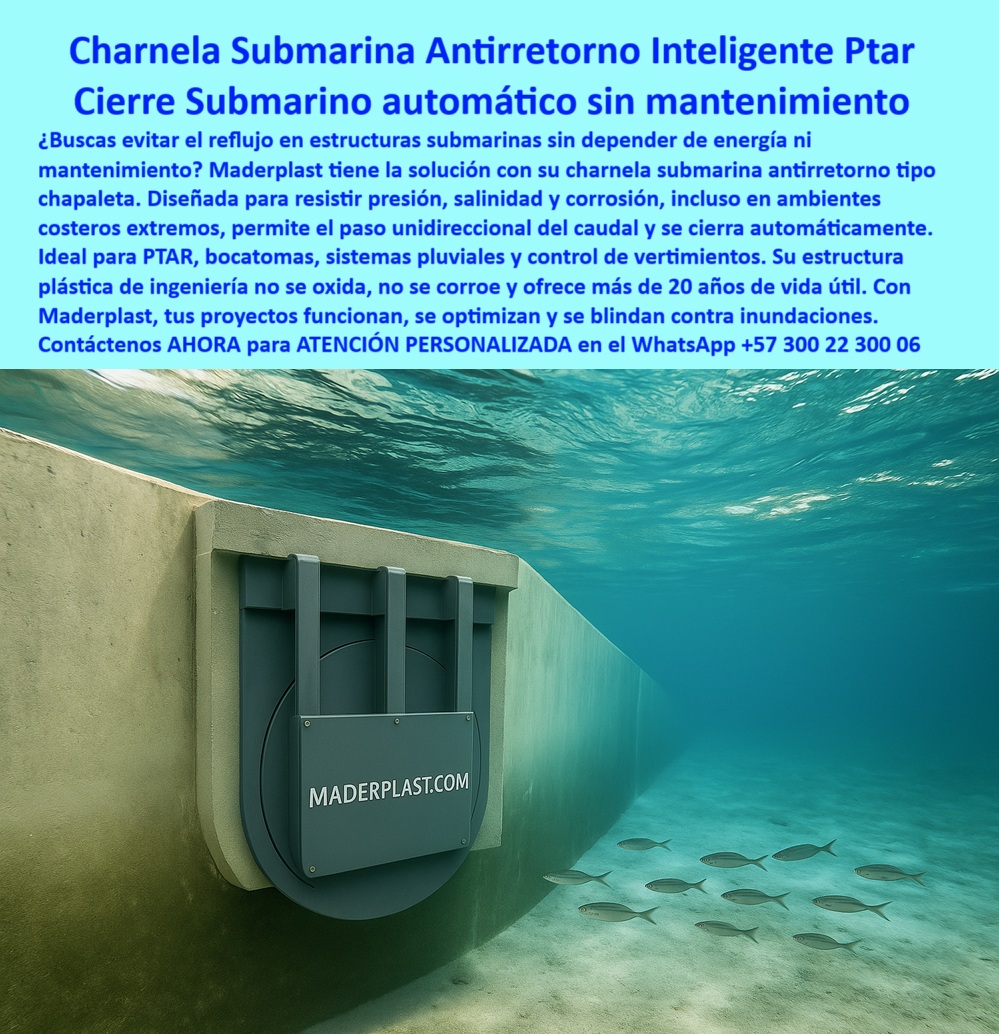 Charnela hidráulica Compuerta Canal Dique Válvula Check Anti Retorno Maderplast 0 Charnela Submarina Antirretorno Inteligente PTAR – Compuerta de Cierre Automático sin Energía para Vertimientos Submarinos, - La imagen ilustra con precisión una de las soluciones más sofisticadas de Maderplast en sistemas hidráulicos pasivos: una charnela hidráulica tipo clapeta, completamente sumergida, operando como válvula check antirretorno plástica para canal dique costero. Este dispositivo fue diseñado para dar respuesta definitiva a una de las exigencias más complejas de la infraestructura hidráulica: cómo controlar el flujo y evitar el reflujo en estructuras submarinas sin depender de presión, sin utilizar energía eléctrica, sin partes metálicas, sin fallas operativas y con mínimo mantenimiento, incluso en ambientes hostiles de alta salinidad, presión natural y residuos orgánicos. - Esta charnela submarina antirretorno es utilizada en emisarios submarinos, bocatomas costeras, canales pluviales y vertimientos ambientales de PTAR. Su principio de funcionamiento está basado en el diseño hidráulico pasivo de presión diferencial. Permite la salida controlada del agua tratada o residual, y bloquea automáticamente el ingreso de aguas marinas, salobres o contaminadas. Lo hace sin intervención humana, sin válvulas mecánicas ni motores, lo que representa una verdadera evolución frente a los sistemas metálicos tradicionales que se oxidan, se traban o requieren vigilancia constante. - En la imagen se observa una compuerta instalada bajo el mar, firmemente embebida en una estructura de concreto. El entorno marino, con peces nadando a su alrededor, refuerza visualmente su resistencia a la presión, a la inmersión permanente y a la corrosión. Este sistema de infraestructura para control de charnela está fabricado en polímero técnico anticorrosivo, con nervaduras de refuerzo, sellos de cierre hermético y geometría autoajustable. Su diseño circular y robusto evita filtraciones, resistiendo impactos, arena, microorganismos y cargas hidráulicas sin deformarse ni atascarse. - Maderplast ha creado una solución que no requiere lubricación, ni intervención eléctrica, ni sistemas auxiliares. Su instalación es directa en estructuras submarinas, sobre canales técnicos, muros de emisarios o salidas de presión reducida. Una válvula antirretorno plástica de 24 pulgadas o más, como la de la imagen, representa una herramienta de ingeniería precisa para proyectos que exigen sostenibilidad, continuidad y cero margen de error. No solo se adapta a entornos marinos, sino que supera los retos de oxidación, colapso por presión inversa y desgaste acelerado. - Esta tecnología Maderplast ha sido aplicada con éxito en vertimientos de aguas servidas tratadas, en obras de mitigación ambiental costera, y en plantas PTAR de alta exigencia. En instalaciones donde el acero falla, donde el bronce se degrada, y donde los sistemas eléctricos colapsan, la charnela hidráulica Maderplast se mantiene operativa por más de 20 años sin fallas, sin reemplazos, y con mínimo mantenimiento – solo revisión preventiva cada temporada, sin desmontaje. - Al utilizar este sistema pasivo, las obras costeras se blindan ante reflujos, protegen sus ecosistemas y cumplen con la normatividad ambiental sin recurrir a energías externas. Es una válvula inteligente por naturaleza, ecológica por diseño y rentable por desempeño. No existe una alternativa más eficiente para entornos donde la presión inversa ocurre sin previo aviso, como mareas, oleajes, o fenómenos meteorológicos extremos. Su uso en PTAR, bocatomas, emisarios y salidas de desarenadores la convierte en el nuevo estándar para drenajes submarinos automatizados. - Si estás desarrollando un emisario marino, una PTAR en zona costera o un sistema pluvial con descarga controlada, esta válvula de control para tubería sumergida es la opción más confiable, moderna y duradera. Maderplast no solo fabrica válvulas; diseña soluciones hidráulicas a medida, validadas por campo, certificadas por operación real y respaldadas por más de 25 años de experiencia técnica en proyectos críticos de infraestructura. - Contáctenos AHORA para ATENCIÓN PERSONALIZADA en el WhatsApp +57 300 22 300 06 y reciba asesoría directa del equipo de ingeniería Maderplast. Nuestro equipo le brindará una solución inmediata en compuertas plásticas submarinas, con fabricación a medida, planos de instalación y resultados garantizados en obra. Maderplast: el cierre perfecto, automático, sin mantenimiento y sin óxido, incluso bajo el mar. solución definitiva para vertimiento costero, - Dónde consigo una válvula antirretorno plástica de 24 pulgadas, - Infraestructura para control Charnela Charnela hidráulica Compuerta Canal Dique Válvula Check Anti Retorno Maderplast 0 solución definitiva para vertimiento costero Dónde consigo una válvula antirretorno plástica de 24 pulgadas Infraestructura para control Charnela 01 Charnela Submarina Antirretorno Inteligente PTAR – Compuerta de Cierre Automático sin Energía para Vertimientos Submarinos, - La imagen ilustra con precisión una de las soluciones más sofisticadas de Maderplast en sistemas hidráulicos pasivos: una charnela hidráulica tipo clapeta, completamente sumergida, operando como válvula check antirretorno plástica para canal dique costero. Este dispositivo fue diseñado para dar respuesta definitiva a una de las exigencias más complejas de la infraestructura hidráulica: cómo controlar el flujo y evitar el reflujo en estructuras submarinas sin depender de presión, sin utilizar energía eléctrica, sin partes metálicas, sin fallas operativas y con mínimo mantenimiento, incluso en ambientes hostiles de alta salinidad, presión natural y residuos orgánicos. - Esta charnela submarina antirretorno es utilizada en emisarios submarinos, bocatomas costeras, canales pluviales y vertimientos ambientales de PTAR. Su principio de funcionamiento está basado en el diseño hidráulico pasivo de presión diferencial. Permite la salida controlada del agua tratada o residual, y bloquea automáticamente el ingreso de aguas marinas, salobres o contaminadas. Lo hace sin intervención humana, sin válvulas mecánicas ni motores, lo que representa una verdadera evolución frente a los sistemas metálicos tradicionales que se oxidan, se traban o requieren vigilancia constante. - En la imagen se observa una compuerta instalada bajo el mar, firmemente embebida en una estructura de concreto. El entorno marino, con peces nadando a su alrededor, refuerza visualmente su resistencia a la presión, a la inmersión permanente y a la corrosión. Este sistema de infraestructura para control de charnela está fabricado en polímero técnico anticorrosivo, con nervaduras de refuerzo, sellos de cierre hermético y geometría autoajustable. Su diseño circular y robusto evita filtraciones, resistiendo impactos, arena, microorganismos y cargas hidráulicas sin deformarse ni atascarse. - Maderplast ha creado una solución que no requiere lubricación, ni intervención eléctrica, ni sistemas auxiliares. Su instalación es directa en estructuras submarinas, sobre canales técnicos, muros de emisarios o salidas de presión reducida. Una válvula antirretorno plástica de 24 pulgadas o más, como la de la imagen, representa una herramienta de ingeniería precisa para proyectos que exigen sostenibilidad, continuidad y cero margen de error. No solo se adapta a entornos marinos, sino que supera los retos de oxidación, colapso por presión inversa y desgaste acelerado. - Esta tecnología Maderplast ha sido aplicada con éxito en vertimientos de aguas servidas tratadas, en obras de mitigación ambiental costera, y en plantas PTAR de alta exigencia. En instalaciones donde el acero falla, donde el bronce se degrada, y donde los sistemas eléctricos colapsan, la charnela hidráulica Maderplast se mantiene operativa por más de 20 años sin fallas, sin reemplazos, y con mínimo mantenimiento – solo revisión preventiva cada temporada, sin desmontaje. - Al utilizar este sistema pasivo, las obras costeras se blindan ante reflujos, protegen sus ecosistemas y cumplen con la normatividad ambiental sin recurrir a energías externas. Es una válvula inteligente por naturaleza, ecológica por diseño y rentable por desempeño. No existe una alternativa más eficiente para entornos donde la presión inversa ocurre sin previo aviso, como mareas, oleajes, o fenómenos meteorológicos extremos. Su uso en PTAR, bocatomas, emisarios y salidas de desarenadores la convierte en el nuevo estándar para drenajes submarinos automatizados. - Si estás desarrollando un emisario marino, una PTAR en zona costera o un sistema pluvial con descarga controlada, esta válvula de control para tubería sumergida es la opción más confiable, moderna y duradera. Maderplast no solo fabrica válvulas; diseña soluciones hidráulicas a medida, validadas por campo, certificadas por operación real y respaldadas por más de 25 años de experiencia técnica en proyectos críticos de infraestructura. - Contáctenos AHORA para ATENCIÓN PERSONALIZADA en el WhatsApp +57 300 22 300 06 y reciba asesoría directa del equipo de ingeniería Maderplast. Nuestro equipo le brindará una solución inmediata en compuertas plásticas submarinas, con fabricación a medida, planos de instalación y resultados garantizados en obra. Maderplast: el cierre perfecto, automático, sin mantenimiento y sin óxido, incluso bajo el mar. Charnela hidráulica Compuerta Canal Dique Válvula Check Anti Retorno Maderplast 0 solución definitiva para vertimiento costero, - Dónde consigo una válvula antirretorno plástica de 24 pulgadas, - Infraestructura para control Charnela