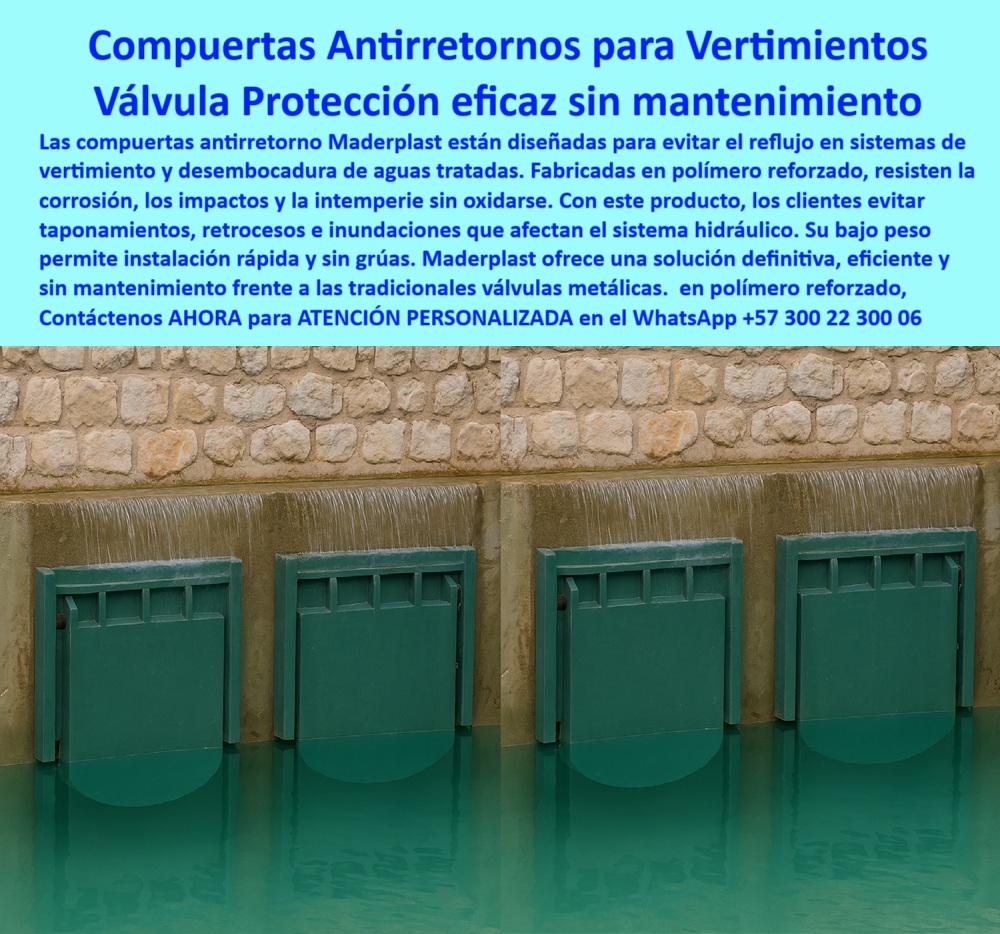 Charnela hidráulica Compuerta Canal Dique Válvula Check Anti Retorno Maderplast 0 En la imagen se observan cuatro compuertas hidráulicas cuadradas sumergidas operando en línea sobre un canal de concreto con un hermoso muro de piedra, configuradas para trabajar en sistemas exigentes de descarga. Estas son charnelas hidráulicas tipo compuerta canal dique válvula check anti retorno Maderplast, diseñadas especialmente como válvula-submarina-para-aguas-tratadas, ideales para zonas donde se requiere infraestructura hidráulica con descargas submarinas, o donde se busca una válvula-clapeta-para-bocatomas-costera que funcione de forma confiable y sin intervención técnica frecuente. Esta es una tapa plástica pensada para durar décadas. - Cada compuerta antirretorno para aguas tratadas está fabricada en polímero reforzado, por lo que no se oxida, no se corroe, y puede resistir el paso constante de aguas tratadas, incluso en ambientes con químicos, rayos UV, y sedimentos. Estas compuertas funcionan como válvulas sin mantenimiento de aguas residuales, gracias a un diseño de cierre unidireccional de aguas tratadas en canal urbano que impide el reflujo sin presión, sin energía eléctrica y sin partes metálicas. - Las cuatro válvulas se comportan como un sistema antirretorno para vertimientos, evitando taponamientos e inundaciones en zonas críticas. Son una compuerta-plástica-de-canal instalada en infraestructura hidráulica-urbana, que actúa como válvula unidireccional en canales urbanos, compuerta de control en línea múltiple, y también como compuerta hermética resistente a químicos. Su diseño garantiza el control-de-caudal-tratado sin pérdidas y sin mantenimiento. - Muchos clientes se preguntan:, - ¿Cuál válvula antirretorno no se oxida? Respuesta Esta. - ¿Qué compuerta sirve para aguas tratadas? Respuesta Esta. - ¿Cuál válvula se usa en vertimientos pluviales? Respuesta Esta. - ¿Dónde instalar compuertas sin energía? Respuesta Aquí. - Esta compuerta de descarga alineada sin energía funciona en estructuras como compuerta hidráulica de vertimiento, compuerta para descarga sin presión, compuerta para muro hidráulico, o válvula sin presión para aguas residuales, dependiendo del proyecto. - El sistema ofrece solución a quienes necesitan una válvula de descarga hidráulica, un sistema de descarga unidireccional urbano, o una válvula-liviana-para-vertimientos que no requiera grúa, gracias a su bajo peso. Funciona como compuerta antirretorno múltiple en vertimiento o como válvula plástica en muros hidráulicos donde el mantenimiento frecuente es inviable. - Desde el punto de vista operativo, este tipo de compuerta representa una verdadera solución de sellado hidráulico eficiente, ya que trabaja como compuerta contra inundaciones pluviales, compuerta hidráulica sin partes metálicas, válvula check polimérica para canal, o válvula automática sin energía eléctrica, dependiendo del uso en obra. - Estas compuertas alineadas en vertedero sin óxido son también una excelente opción para quien busca una compuerta abatible para canales concretos, tapa hidráulica reforzada para desagüe, o una tapa de compuerta sin mantenimiento como las que se ven aquí. - Este tipo de compuerta plástica en muro de concreto ha probado ser una solución plástica para obras hidráulicas modernas, y Maderplast es el fabricante líder que ha transformado la forma en que ingenieros, alcaldías y contratistas enfrentan el desafío del reflujo con una válvula hidráulica cuadrada sumergida que supera en rendimiento a las tradicionales válvulas metálicas. - Contáctenos AHORA para ATENCIÓN PERSONALIZADA en el WhatsApp +57 300 22 300 06 y reciba asesoría directa del equipo técnico e ingenieril de Maderplast. válvula-submarina-para-aguas-tratadas, - Infraestructura hidráulica con descargas submarinas, - válvula-clapeta-para-bocatomas-costera, - tapa plástica Charnela hidráulica Compuerta Canal Dique Válvula Check Anti Retorno Maderplast 0 válvula submarina para aguas tratadas Infraestructura hidráulica con descargas submarinas válvula clapeta para bocatomas costera tapa plástica 01 En la imagen se observan cuatro compuertas hidráulicas cuadradas sumergidas operando en línea sobre un canal de concreto con un hermoso muro de piedra, configuradas para trabajar en sistemas exigentes de descarga. Estas son charnelas hidráulicas tipo compuerta canal dique válvula check anti retorno Maderplast, diseñadas especialmente como válvula-submarina-para-aguas-tratadas, ideales para zonas donde se requiere infraestructura hidráulica con descargas submarinas, o donde se busca una válvula-clapeta-para-bocatomas-costera que funcione de forma confiable y sin intervención técnica frecuente. Esta es una tapa plástica pensada para durar décadas. - Cada compuerta antirretorno para aguas tratadas está fabricada en polímero reforzado, por lo que no se oxida, no se corroe, y puede resistir el paso constante de aguas tratadas, incluso en ambientes con químicos, rayos UV, y sedimentos. Estas compuertas funcionan como válvulas sin mantenimiento de aguas residuales, gracias a un diseño de cierre unidireccional de aguas tratadas en canal urbano que impide el reflujo sin presión, sin energía eléctrica y sin partes metálicas. - Las cuatro válvulas se comportan como un sistema antirretorno para vertimientos, evitando taponamientos e inundaciones en zonas críticas. Son una compuerta-plástica-de-canal instalada en infraestructura hidráulica-urbana, que actúa como válvula unidireccional en canales urbanos, compuerta de control en línea múltiple, y también como compuerta hermética resistente a químicos. Su diseño garantiza el control-de-caudal-tratado sin pérdidas y sin mantenimiento. - Muchos clientes se preguntan:, - ¿Cuál válvula antirretorno no se oxida? Respuesta Esta. - ¿Qué compuerta sirve para aguas tratadas? Respuesta Esta. - ¿Cuál válvula se usa en vertimientos pluviales? Respuesta Esta. - ¿Dónde instalar compuertas sin energía? Respuesta Aquí. - Esta compuerta de descarga alineada sin energía funciona en estructuras como compuerta hidráulica de vertimiento, compuerta para descarga sin presión, compuerta para muro hidráulico, o válvula sin presión para aguas residuales, dependiendo del proyecto. - El sistema ofrece solución a quienes necesitan una válvula de descarga hidráulica, un sistema de descarga unidireccional urbano, o una válvula-liviana-para-vertimientos que no requiera grúa, gracias a su bajo peso. Funciona como compuerta antirretorno múltiple en vertimiento o como válvula plástica en muros hidráulicos donde el mantenimiento frecuente es inviable. - Desde el punto de vista operativo, este tipo de compuerta representa una verdadera solución de sellado hidráulico eficiente, ya que trabaja como compuerta contra inundaciones pluviales, compuerta hidráulica sin partes metálicas, válvula check polimérica para canal, o válvula automática sin energía eléctrica, dependiendo del uso en obra. - Estas compuertas alineadas en vertedero sin óxido son también una excelente opción para quien busca una compuerta abatible para canales concretos, tapa hidráulica reforzada para desagüe, o una tapa de compuerta sin mantenimiento como las que se ven aquí. - Este tipo de compuerta plástica en muro de concreto ha probado ser una solución plástica para obras hidráulicas modernas, y Maderplast es el fabricante líder que ha transformado la forma en que ingenieros, alcaldías y contratistas enfrentan el desafío del reflujo con una válvula hidráulica cuadrada sumergida que supera en rendimiento a las tradicionales válvulas metálicas. - Contáctenos AHORA para ATENCIÓN PERSONALIZADA en el WhatsApp +57 300 22 300 06 y reciba asesoría directa del equipo técnico e ingenieril de Maderplast. Charnela hidráulica Compuerta Canal Dique Válvula Check Anti Retorno Maderplast 0 válvula-submarina-para-aguas-tratadas, - Infraestructura hidráulica con descargas submarinas, - válvula-clapeta-para-bocatomas-costera, - tapa plástica