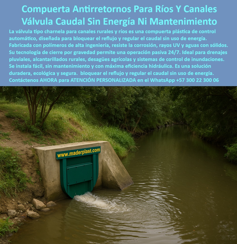 Charnelas Como Instalar Válvula Charnela Paso A Paso Montar Charnelas Maderplast 0 La imagen muestra una compuerta tipo charnela plástica para canales rurales y ríos Maderplast instalada estratégicamente sobre una estructura de concreto en un entorno natural, diseñada para operar sin presión, sin electricidad y sin mantenimiento. Este sistema representa la nueva generación de válvula antirretorno sin presión instalada en canal de río, capaz de bloquear el reflujo y regular el caudal sin energía, de forma continua y silenciosa. Ideal para desagües agrícolas, canales ecológicos, obras hidráulicas rurales, bocatomas naturales y zonas con drenajes intermitentes, su desempeño eficiente y su integración armónica con el ambiente la convierten en la solución más respetuosa con el entorno y más segura para las comunidades. - El cuerpo de la compuerta plástica tipo charnela instalada en canal natural rural está fabricado en polímero técnico de alta ingeniería, resistente a la corrosión, rayos UV, químicos y aguas con sólidos, manteniendo su funcionalidad incluso en condiciones extremas. Su sistema de retención de agua sin energía actúa por gravedad, y su diseño liviano facilita su instalación paso a paso incluso en proyectos de baja mecanización, permitiendo que operadores rurales, ingenieros o entidades públicas realicen la obra con facilidad. - Esta tecnología se adapta a cualquier entorno natural sin alterar el paisaje ni generar residuos, lo que la convierte en una verdadera válvula ecológica sin energía ni óxido. Su funcionamiento es continuo las 24 horas del día, los 7 días de la semana, sin intervención humana, manteniendo un flujo controlado y evitando que aguas contaminadas o sedimentadas regresen al canal. El sistema de control de caudal sin presión instalado aquí es una demostración clara de que se puede lograr sostenibilidad hidráulica sin recurrir a motores, sensores ni infraestructura compleja. - La compuerta funciona como una válvula plástica sin mantenimiento para ríos, eficiente y sin riesgo de desajuste. Es, al mismo tiempo, una válvula de gravedad para caudales irregulares, perfecta para proteger zonas rurales, fincas, cultivos, pequeñas plantas de tratamiento PTAR y drenajes ecológicos que requieren compuertas plásticas para retención de aguas en ríos o control de caudal en temporadas de lluvias. Su diseño permite que el flujo se mantenga limpio, dirigido y sin rebotes, incluso en episodios de crecida, actuando como una charnela rural para evitar reflujo en temporada de lluvias. - Con Maderplast, instalar esta solución es práctico, confiable y ecológico. No se necesitan sistemas de bombeo ni sensores electrónicos. Gracias al diseño de charnela antirretorno para canales rurales, el cierre hermético y automático se realiza sin intervención y su mantenimiento se reduce al mínimo: sólo se recomienda una inspección visual antes y después de la temporada lluviosa, sin desinstalación ni herramientas complejas. Es un sistema ecológico de regulación de caudal que se anticipa a las necesidades modernas del campo y los recursos hídricos. - Además, Maderplast ha desarrollado este tipo de compuerta hidráulica sin presión ni mantenimiento en múltiples formatos, adaptables al tamaño del canal, al tipo de obra y al entorno natural. Desde proyectos de control de caudal en fincas rurales, hasta obras de saneamiento y protección de cauces, esta válvula plástica para desagüe agrícola automático ofrece una garantía técnica respaldada por años de experiencia en campo. Es una válvula inteligente de bajo impacto ambiental, útil para entidades municipales, asociaciones de usuarios de riego, ONGs ambientales y profesionales que buscan soluciones reales de largo plazo. - La compuerta de reflujo en zona natural visible en la imagen refleja el compromiso de Maderplast con la ingeniería verde, aportando tecnología sin consumo energético, de bajo impacto, duradera y eficiente. Ya no es necesario recurrir a compuertas metálicas que se oxidan, fallan, se traban o requieren lubricación constante. Esta charnela verde plástica funcionando en drenaje ecológico sustituye esas soluciones obsoletas con una propuesta vanguardista de ingeniería plástica, sin fallos, sin fricción y sin consumo. - Si te estás preguntando cómo instalar charnela antirretorno en canal natural, o cuál válvula anti retorno en drenajes de río, la respuesta es clara: la válvula de control hidráulico pasivo Maderplast. Simple, efectiva y libre de mantenimiento. Un sistema antirretorno pasivo para zonas rurales que bloquea el reflujo sin mecanismos ni costos ocultos, sin depender de presión hidráulica ni asistencia energética. - En resumen, esta charnela antirretorno sin fallos para zonas rurales representa lo mejor de la tecnología ecológica aplicada a la hidráulica, con una estructura de polímero diseñada para durar, adaptarse y proteger. Maderplast lidera el camino hacia sistemas sostenibles, funcionales y de alta confiabilidad, transformando el manejo del agua en el campo con soluciones diseñadas para durar y protegercompuertas plásticas para retención aguas en ríos, - charnela-antirretorno-canales-rurales, Charnela de control en río con caudal Canales Ptar Charnelas Como Instalar Válvula Charnela Paso A Paso Montar Charnelas Maderplast 0 compuertas plásticas para retención aguas en ríos charnela antirretorno canales rurales Charnela de control en río con caudal Canales Ptar 01 La imagen muestra una compuerta tipo charnela plástica para canales rurales y ríos Maderplast instalada estratégicamente sobre una estructura de concreto en un entorno natural, diseñada para operar sin presión, sin electricidad y sin mantenimiento. Este sistema representa la nueva generación de válvula antirretorno sin presión instalada en canal de río, capaz de bloquear el reflujo y regular el caudal sin energía, de forma continua y silenciosa. Ideal para desagües agrícolas, canales ecológicos, obras hidráulicas rurales, bocatomas naturales y zonas con drenajes intermitentes, su desempeño eficiente y su integración armónica con el ambiente la convierten en la solución más respetuosa con el entorno y más segura para las comunidades. - El cuerpo de la compuerta plástica tipo charnela instalada en canal natural rural está fabricado en polímero técnico de alta ingeniería, resistente a la corrosión, rayos UV, químicos y aguas con sólidos, manteniendo su funcionalidad incluso en condiciones extremas. Su sistema de retención de agua sin energía actúa por gravedad, y su diseño liviano facilita su instalación paso a paso incluso en proyectos de baja mecanización, permitiendo que operadores rurales, ingenieros o entidades públicas realicen la obra con facilidad. - Esta tecnología se adapta a cualquier entorno natural sin alterar el paisaje ni generar residuos, lo que la convierte en una verdadera válvula ecológica sin energía ni óxido. Su funcionamiento es continuo las 24 horas del día, los 7 días de la semana, sin intervención humana, manteniendo un flujo controlado y evitando que aguas contaminadas o sedimentadas regresen al canal. El sistema de control de caudal sin presión instalado aquí es una demostración clara de que se puede lograr sostenibilidad hidráulica sin recurrir a motores, sensores ni infraestructura compleja. - La compuerta funciona como una válvula plástica sin mantenimiento para ríos, eficiente y sin riesgo de desajuste. Es, al mismo tiempo, una válvula de gravedad para caudales irregulares, perfecta para proteger zonas rurales, fincas, cultivos, pequeñas plantas de tratamiento PTAR y drenajes ecológicos que requieren compuertas plásticas para retención de aguas en ríos o control de caudal en temporadas de lluvias. Su diseño permite que el flujo se mantenga limpio, dirigido y sin rebotes, incluso en episodios de crecida, actuando como una charnela rural para evitar reflujo en temporada de lluvias. - Con Maderplast, instalar esta solución es práctico, confiable y ecológico. No se necesitan sistemas de bombeo ni sensores electrónicos. Gracias al diseño de charnela antirretorno para canales rurales, el cierre hermético y automático se realiza sin intervención y su mantenimiento se reduce al mínimo: sólo se recomienda una inspección visual antes y después de la temporada lluviosa, sin desinstalación ni herramientas complejas. Es un sistema ecológico de regulación de caudal que se anticipa a las necesidades modernas del campo y los recursos hídricos. - Además, Maderplast ha desarrollado este tipo de compuerta hidráulica sin presión ni mantenimiento en múltiples formatos, adaptables al tamaño del canal, al tipo de obra y al entorno natural. Desde proyectos de control de caudal en fincas rurales, hasta obras de saneamiento y protección de cauces, esta válvula plástica para desagüe agrícola automático ofrece una garantía técnica respaldada por años de experiencia en campo. Es una válvula inteligente de bajo impacto ambiental, útil para entidades municipales, asociaciones de usuarios de riego, ONGs ambientales y profesionales que buscan soluciones reales de largo plazo. - La compuerta de reflujo en zona natural visible en la imagen refleja el compromiso de Maderplast con la ingeniería verde, aportando tecnología sin consumo energético, de bajo impacto, duradera y eficiente. Ya no es necesario recurrir a compuertas metálicas que se oxidan, fallan, se traban o requieren lubricación constante. Esta charnela verde plástica funcionando en drenaje ecológico sustituye esas soluciones obsoletas con una propuesta vanguardista de ingeniería plástica, sin fallos, sin fricción y sin consumo. - Si te estás preguntando cómo instalar charnela antirretorno en canal natural, o cuál válvula anti retorno en drenajes de río, la respuesta es clara: la válvula de control hidráulico pasivo Maderplast. Simple, efectiva y libre de mantenimiento. Un sistema antirretorno pasivo para zonas rurales que bloquea el reflujo sin mecanismos ni costos ocultos, sin depender de presión hidráulica ni asistencia energética. - En resumen, esta charnela antirretorno sin fallos para zonas rurales representa lo mejor de la tecnología ecológica aplicada a la hidráulica, con una estructura de polímero diseñada para durar, adaptarse y proteger. Maderplast lidera el camino hacia sistemas sostenibles, funcionales y de alta confiabilidad, transformando el manejo del agua en el campo con soluciones diseñadas para durar y proteger Charnelas Como Instalar Válvula Charnela Paso A Paso Montar Charnelas Maderplast 0 compuertas plásticas para retención aguas en ríos, - charnela-antirretorno-canales-rurales, Charnela de control en río con caudal Canales Ptar
