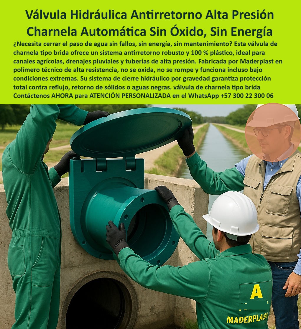 Charnelas Tipo Brida para Tuberías de Alta Presión Válvulas Control de Flujo Maderplast 0 La imagen muestra una charnela-de-polímero-reforzado tipo brida en plena instalación sobre una tubería redonda de concreto en un canal agrícola. Dos técnicos de Maderplast ajustan la posición de la tapa hidráulica de acople brida para canal, mientras un supervisor observa la operación con atención. La compuerta circular verde está completamente abierta, revelando su sistema de cierre plástico para tubería redonda de canal. Esta escena es la representación perfecta del avance tecnológico aplicado en campo: una solución que elimina óxido, fallas y complicaciones en zonas rurales e industriales. La imagen evidencia un sistema antirretorno instalado en canal PTAR, robusto, automático y sin necesidad de mantenimiento. - ¿Qué tapa evita reflujo en tuberías de riego? La respuesta es clara: la válvula con sistema de cierre por gravedad sin fallos, una compuerta-de-cierre-hidráulico fabricada completamente en polímero técnico, con apertura automática mediante charnela tipo bisagra sin piezas metálicas. Su diseño circular no sólo garantiza un sistema-de-flujo-unidireccional, sino que además se adapta fácilmente a tuberías de alta presión, redes PTAR, canales agrícolas y sistemas pluviales urbanos. Este es un producto 100 % colombiano de alta ingeniería, que responde a la necesidad de cierre hidráulico plástico flanches con brida de acople sin recurrir a energía ni mecanismos complejos. - ¿Qué válvula es buena para aguas negras sin presión? La válvula circular plástica con ajuste de brida sin energía, que actúa sin fallas gracias a la presión hidráulica natural del sistema. Esta válvula hidráulica antirretorno con brida opera incluso con presencia de residuos, sólidos o gases, y gracias a su sistema pasivo no requiere atención constante. Al ser una compuerta-sin-óxido-ni-mantenimiento, su vida útil supera los 25 años en condiciones reales, como lo han demostrado múltiples instalaciones de Maderplast en todo el país. - ¿Qué válvula sirve para tubería redonda con presión? La válvula plástica tipo brida con cierre hidráulico automático, diseñada para soportar ambientes agresivos, aguas negras, productos químicos, rayos UV y salinidad. Su estructura sin soldaduras ni partes metálicas hace que sea ideal en entornos donde las compuertas tradicionales fracasan por peso o corrosión. Esta válvula-para-tubería-redonda funciona perfectamente en canales rurales, sistemas agrícolas y drenajes industriales. El cierre hidráulico por gravedad sin fallos asegura que no haya retorno de sólidos ni acumulación de residuos que comprometan la operación. - ¿Dónde consigo una compuerta sin óxido para canal? Aquí está: la charnela plástica cierre hermético sin energía que aparece en esta obra hidráulica real. Su sistema de control flujo sin energía garantiza operación continua en acueductos rurales, sistemas de riego, tuberías enterradas y estructuras con alta presión o uso constante. Con un simple empuje del agua, la tapa se activa sin fricción, sin grasa, sin electricidad y sin intervención humana. Su instalación es rápida, segura, compatible con válvulas de control de aguas en canales PTAR, agrícolas y urbanos. - ¿Cuál es la válvula para controlar flujo en canal PTAR? La compuerta con brida para cierre automático y antirretorno, una solución sin óxido, sin mantenimiento, diseñada especialmente como válvula redonda hidráulica sin óxido instalada sobre concreto. Estas charnelas tipo brida para tuberías de alta presión han sido instaladas en múltiples obras de alto desempeño, destacando por su fiabilidad, economía operativa y nula intervención técnica tras su instalación. Este es un verdadero sistema de cierre unidireccional para riego, diseñado desde cero para trabajar en silencio, sin energía, sin excusas. - ¿Qué válvula sirve para controlar aguas negras sin presión? Una válvula automática para aguas negras como esta, que garantiza protección total con cierre hermético. Su resistencia a productos químicos, gases, sólidos y presiones variables la convierten en la válvula antirretorno en polímero resistente más confiable del mercado. - Este sistema es un verdadero ejemplo de sistema hidráulico pasivo para drenaje, con charnela-de-alta-presión y compuerta clapeta circular para PTAP, que no falla, no se traba y no se corroe. La válvula circular resistente para sistemas PTAR Maderplast representa el futuro de las soluciones hidráulicas modernas, desde Colombia para el mundo. - Contáctenos AHORA para ATENCIÓN PERSONALIZADA en el WhatsApp +57 300 22 300 06 y reciba acompañamiento directo del equipo técnico de Maderplast. Porque las soluciones sin mantenimiento no se improvisan: se diseñan, se instalan y se respaldan. Y Maderplast es la marca que lo hace realidad. Tecnología que cierra, ingeniería que fluye. cierre hidráulico plástico flanches con brida de acople, - Válvula para tubería redonda, - Sistema antirretorno instalado en canal Ptar Charnelas Tipo Brida para Tuberías de Alta Presión Válvulas Control de Flujo Maderplast 0 cierre hidráulico plástico flanches con brida de acople Válvula para tubería redonda Sistema antirretorno instalado en canal Ptar 01 La imagen muestra una charnela-de-polímero-reforzado tipo brida en plena instalación sobre una tubería redonda de concreto en un canal agrícola. Dos técnicos de Maderplast ajustan la posición de la tapa hidráulica de acople brida para canal, mientras un supervisor observa la operación con atención. La compuerta circular verde está completamente abierta, revelando su sistema de cierre plástico para tubería redonda de canal. Esta escena es la representación perfecta del avance tecnológico aplicado en campo: una solución que elimina óxido, fallas y complicaciones en zonas rurales e industriales. La imagen evidencia un sistema antirretorno instalado en canal PTAR, robusto, automático y sin necesidad de mantenimiento. - ¿Qué tapa evita reflujo en tuberías de riego? La respuesta es clara: la válvula con sistema de cierre por gravedad sin fallos, una compuerta-de-cierre-hidráulico fabricada completamente en polímero técnico, con apertura automática mediante charnela tipo bisagra sin piezas metálicas. Su diseño circular no sólo garantiza un sistema-de-flujo-unidireccional, sino que además se adapta fácilmente a tuberías de alta presión, redes PTAR, canales agrícolas y sistemas pluviales urbanos. Este es un producto 100 % colombiano de alta ingeniería, que responde a la necesidad de cierre hidráulico plástico flanches con brida de acople sin recurrir a energía ni mecanismos complejos. - ¿Qué válvula es buena para aguas negras sin presión? La válvula circular plástica con ajuste de brida sin energía, que actúa sin fallas gracias a la presión hidráulica natural del sistema. Esta válvula hidráulica antirretorno con brida opera incluso con presencia de residuos, sólidos o gases, y gracias a su sistema pasivo no requiere atención constante. Al ser una compuerta-sin-óxido-ni-mantenimiento, su vida útil supera los 25 años en condiciones reales, como lo han demostrado múltiples instalaciones de Maderplast en todo el país. - ¿Qué válvula sirve para tubería redonda con presión? La válvula plástica tipo brida con cierre hidráulico automático, diseñada para soportar ambientes agresivos, aguas negras, productos químicos, rayos UV y salinidad. Su estructura sin soldaduras ni partes metálicas hace que sea ideal en entornos donde las compuertas tradicionales fracasan por peso o corrosión. Esta válvula-para-tubería-redonda funciona perfectamente en canales rurales, sistemas agrícolas y drenajes industriales. El cierre hidráulico por gravedad sin fallos asegura que no haya retorno de sólidos ni acumulación de residuos que comprometan la operación. - ¿Dónde consigo una compuerta sin óxido para canal? Aquí está: la charnela plástica cierre hermético sin energía que aparece en esta obra hidráulica real. Su sistema de control flujo sin energía garantiza operación continua en acueductos rurales, sistemas de riego, tuberías enterradas y estructuras con alta presión o uso constante. Con un simple empuje del agua, la tapa se activa sin fricción, sin grasa, sin electricidad y sin intervención humana. Su instalación es rápida, segura, compatible con válvulas de control de aguas en canales PTAR, agrícolas y urbanos. - ¿Cuál es la válvula para controlar flujo en canal PTAR? La compuerta con brida para cierre automático y antirretorno, una solución sin óxido, sin mantenimiento, diseñada especialmente como válvula redonda hidráulica sin óxido instalada sobre concreto. Estas charnelas tipo brida para tuberías de alta presión han sido instaladas en múltiples obras de alto desempeño, destacando por su fiabilidad, economía operativa y nula intervención técnica tras su instalación. Este es un verdadero sistema de cierre unidireccional para riego, diseñado desde cero para trabajar en silencio, sin energía, sin excusas. - ¿Qué válvula sirve para controlar aguas negras sin presión? Una válvula automática para aguas negras como esta, que garantiza protección total con cierre hermético. Su resistencia a productos químicos, gases, sólidos y presiones variables la convierten en la válvula antirretorno en polímero resistente más confiable del mercado. - Este sistema es un verdadero ejemplo de sistema hidráulico pasivo para drenaje, con charnela-de-alta-presión y compuerta clapeta circular para PTAP, que no falla, no se traba y no se corroe. La válvula circular resistente para sistemas PTAR Maderplast representa el futuro de las soluciones hidráulicas modernas, desde Colombia para el mundo. - Contáctenos AHORA para ATENCIÓN PERSONALIZADA en el WhatsApp +57 300 22 300 06 y reciba acompañamiento directo del equipo técnico de Maderplast. Porque las soluciones sin mantenimiento no se improvisan: se diseñan, se instalan y se respaldan. Y Maderplast es la marca que lo hace realidad. Tecnología que cierra, ingeniería que fluye. Charnelas Tipo Brida para Tuberías de Alta Presión Válvulas Control de Flujo Maderplast 0 cierre hidráulico plástico flanches con brida de acople, - Válvula para tubería redonda, - Sistema antirretorno instalado en canal Ptar
