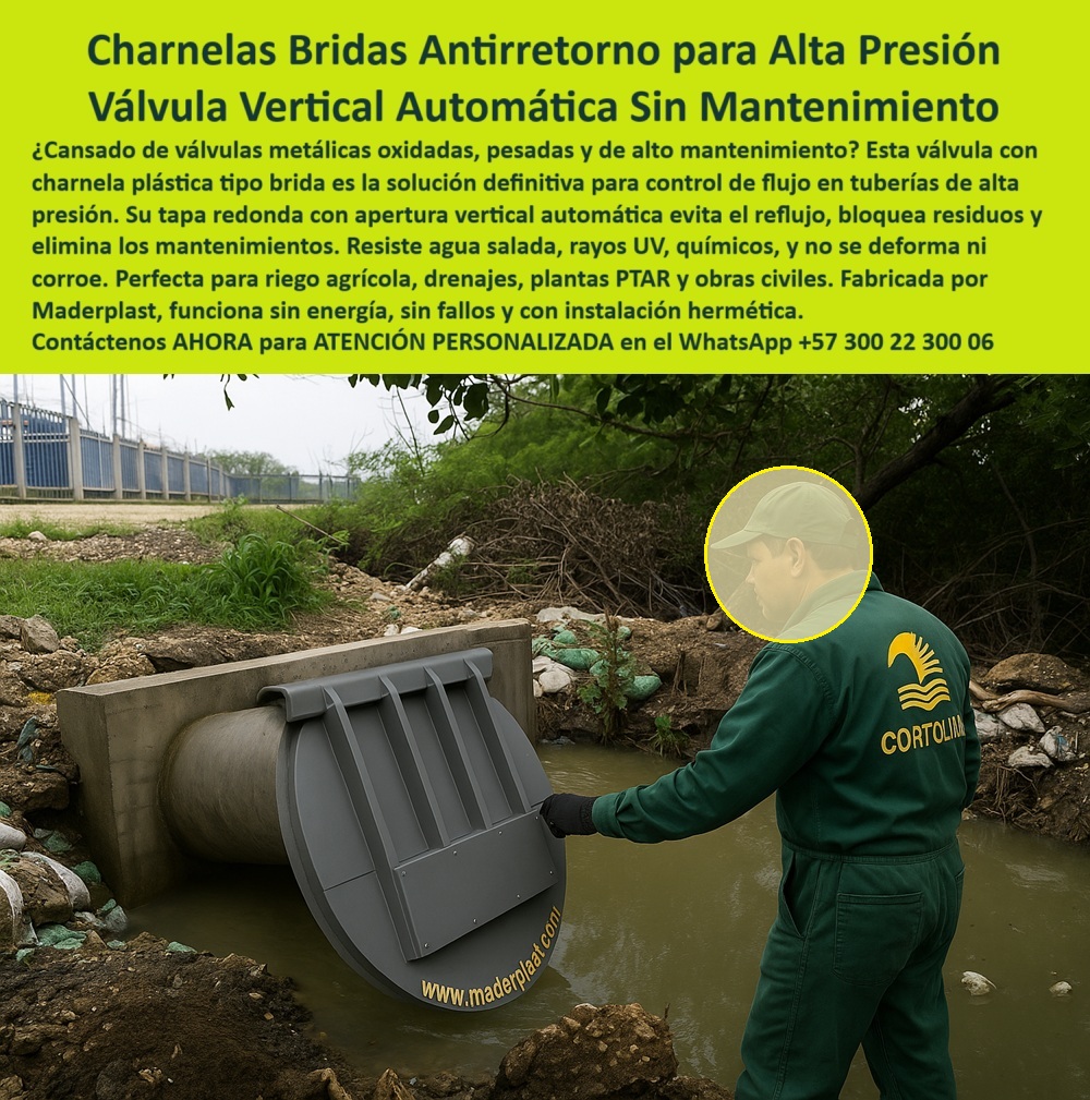 Charnelas Tipo Brida para Tuberías de Alta Presión Válvulas Control de Flujo Maderplast 0 La imagen muestra una charnela hidráulica tipo brida instalada en una tubería de concreto de alta presión, con un entorno natural de canal rural y un operario en inspección visual. La válvula vertical automática sin mantenimiento de Maderplast que aparece en la foto está fabricada completamente en polímero técnico de alta ingeniería, sin partes metálicas, lo cual garantiza una operación confiable, duradera y sin riesgos de oxidación. A diferencia de las compuertas metálicas tradicionales que se corroen, se traban o se deforman con el tiempo, esta tapa hidráulica tipo brida responde únicamente a la presión del fluido para abrirse de forma automática, asegurando un cierre hermético unidireccional que bloquea completamente el retorno de aguas contaminadas, lodos o residuos. - Este sistema de control de flujo con charnela plástica automática es ideal para obras de riego agrícola, canales pluviales, sistemas PTAR, drenajes rurales o alcantarillado de alta exigencia, especialmente en zonas donde el mantenimiento frecuente es costoso o inviable. Gracias a su diseño ligero, la válvula de apertura vertical con cuerpo de polímero técnico puede ser instalada sin grúas, sin soldadura y sin riesgo de chispa, siendo ideal incluso en ambientes con presencia de gases o químicos. Es una válvula antirretorno para alta presión que no necesita energía, no consume recursos eléctricos y funciona las 24 horas sin intervención humana, lo que la convierte en una compuerta pasiva inteligente de nueva generación. - Gildardo, si la pregunta es: ¿Qué tapa sirve para tuberías de alta presión sin óxido, sin fallos y sin mantenimiento?, la respuesta es esta: la compuerta de brida plástica de Maderplast, diseñada para sellar con presión hidráulica en zonas industriales, agrícolas o civiles. ¿Dónde encuentro válvulas tipo brida sin mantenimiento para canales rurales, con lluvia, sol o salinidad? Aquí la tienes. ¿Qué compuerta se usa en riego con alta presión que no se rompa con el tiempo, que no requiere mantenimiento ni personal técnico constante? Esta. ¿Cuál válvula antirretorno no se corroe en contacto con residuos, agua salada o químicos agrícolas? Esta. - La compuerta de brida plástica automática tiene un sistema reforzado de apertura vertical que se adapta a cualquier infraestructura hidráulica con exigencias técnicas altas. Su forma redonda con brida de acople hermético es compatible con tuberías prefabricadas o canales abiertos, y su diseño estético y técnico supera los estándares de normativas en seguridad, sellado y eficiencia. Por eso es ideal no solo para el agro, sino también para proyectos PTAR, vertimientos, control de inundaciones, canales de aguas lluvias y redes de control hídrico sin presión constante. - Es un sistema sin partes metálicas, sin óxido, sin deformación, con resistencia comprobada a rayos UV, químicos, impactos y abrasión. Y lo más importante: con cero mantenimiento, lo cual representa ahorro económico, eficiencia operativa y tranquilidad técnica para el ingeniero, el operador o el contratista. - Contáctenos AHORA para ATENCIÓN PERSONALIZADA en el WhatsApp +57 300 22 300 06 y reciba acompañamiento directo del equipo técnico de Maderplast. Porque en hidráulica, la presión no perdona. La corrosión no espera. Pero Maderplast responde. Con ingeniería real. Con sellos que duran décadas. Con resultados que hablan por sí solos. válvula tipo clapeta industrial, - Tapa de río o canal flanches con brida de acople, - Canal con cierre de agua flanches con brida Ptar Charnelas Tipo Brida para Tuberías de Alta Presión Válvulas Control de Flujo Maderplast 0 válvula tipo clapeta industrial Tapa de río o canal flanches con brida de acople Canal con cierre de agua flanches con brida Ptar 01 La imagen muestra una charnela hidráulica tipo brida instalada en una tubería de concreto de alta presión, con un entorno natural de canal rural y un operario en inspección visual. La válvula vertical automática sin mantenimiento de Maderplast que aparece en la foto está fabricada completamente en polímero técnico de alta ingeniería, sin partes metálicas, lo cual garantiza una operación confiable, duradera y sin riesgos de oxidación. A diferencia de las compuertas metálicas tradicionales que se corroen, se traban o se deforman con el tiempo, esta tapa hidráulica tipo brida responde únicamente a la presión del fluido para abrirse de forma automática, asegurando un cierre hermético unidireccional que bloquea completamente el retorno de aguas contaminadas, lodos o residuos. - Este sistema de control de flujo con charnela plástica automática es ideal para obras de riego agrícola, canales pluviales, sistemas PTAR, drenajes rurales o alcantarillado de alta exigencia, especialmente en zonas donde el mantenimiento frecuente es costoso o inviable. Gracias a su diseño ligero, la válvula de apertura vertical con cuerpo de polímero técnico puede ser instalada sin grúas, sin soldadura y sin riesgo de chispa, siendo ideal incluso en ambientes con presencia de gases o químicos. Es una válvula antirretorno para alta presión que no necesita energía, no consume recursos eléctricos y funciona las 24 horas sin intervención humana, lo que la convierte en una compuerta pasiva inteligente de nueva generación. - Gildardo, si la pregunta es: ¿Qué tapa sirve para tuberías de alta presión sin óxido, sin fallos y sin mantenimiento?, la respuesta es esta: la compuerta de brida plástica de Maderplast, diseñada para sellar con presión hidráulica en zonas industriales, agrícolas o civiles. ¿Dónde encuentro válvulas tipo brida sin mantenimiento para canales rurales, con lluvia, sol o salinidad? Aquí la tienes. ¿Qué compuerta se usa en riego con alta presión que no se rompa con el tiempo, que no requiere mantenimiento ni personal técnico constante? Esta. ¿Cuál válvula antirretorno no se corroe en contacto con residuos, agua salada o químicos agrícolas? Esta. - La compuerta de brida plástica automática tiene un sistema reforzado de apertura vertical que se adapta a cualquier infraestructura hidráulica con exigencias técnicas altas. Su forma redonda con brida de acople hermético es compatible con tuberías prefabricadas o canales abiertos, y su diseño estético y técnico supera los estándares de normativas en seguridad, sellado y eficiencia. Por eso es ideal no solo para el agro, sino también para proyectos PTAR, vertimientos, control de inundaciones, canales de aguas lluvias y redes de control hídrico sin presión constante. - Es un sistema sin partes metálicas, sin óxido, sin deformación, con resistencia comprobada a rayos UV, químicos, impactos y abrasión. Y lo más importante: con cero mantenimiento, lo cual representa ahorro económico, eficiencia operativa y tranquilidad técnica para el ingeniero, el operador o el contratista. - Contáctenos AHORA para ATENCIÓN PERSONALIZADA en el WhatsApp +57 300 22 300 06 y reciba acompañamiento directo del equipo técnico de Maderplast. Porque en hidráulica, la presión no perdona. La corrosión no espera. Pero Maderplast responde. Con ingeniería real. Con sellos que duran décadas. Con resultados que hablan por sí solos. Charnelas Tipo Brida para Tuberías de Alta Presión Válvulas Control de Flujo Maderplast 0 válvula tipo clapeta industrial, - Tapa de río o canal flanches con brida de acople, - Canal con cierre de agua flanches con brida Ptar