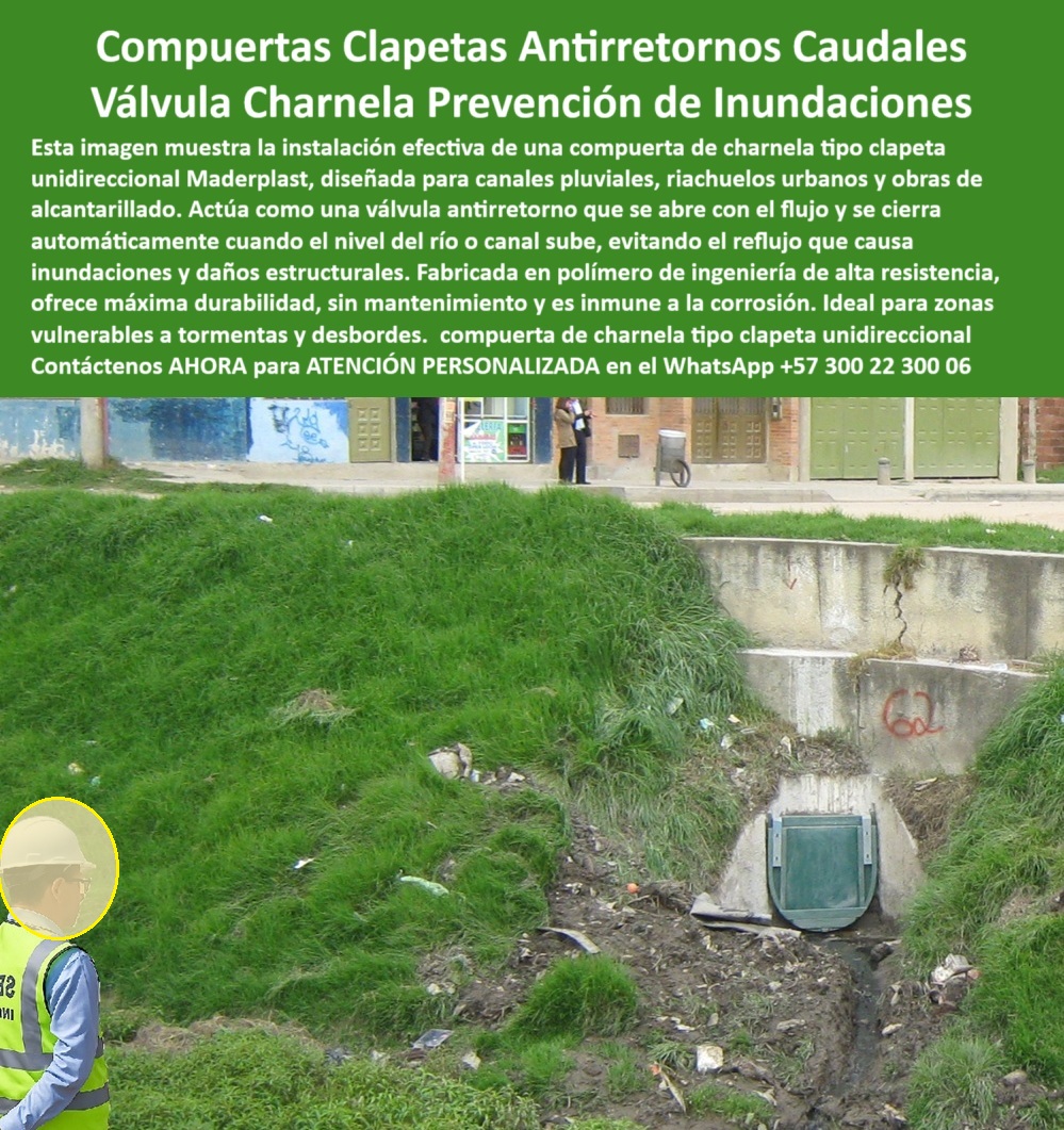 Compuerta Clapeta Antirretorno Drenaje Alcantarillado Salida De Canal Maderplast 0 ¿Qué compuerta evita el reflujo y las inundaciones en canales urbanos sin presión ni energía?, - La compuerta de charnela que evita el reflujo y las inundaciones en canales urbanos sin presión ni energía es la compuerta de clapeta unidireccional tipo Maderplast, una solución probada en obras reales, tal como lo muestra esta instalación visible en la imagen. Se trata de una compuerta hidráulica unidireccional fabricada en polímero de alta ingeniería, instalada en el sistema de drenaje de alcantarillado salida de canal de una zona urbana vulnerable. Esta válvula de charnela contra reflujo actúa por gravedad, con apertura automática al fluir el agua y cierre hermético cuando el nivel del canal se eleva, impidiendo así el ingreso de agua contaminada que puede causar rebose, colapso o inundaciones. - El sistema de compuertas clapetas antirretornos caudales está diseñado para prevención de inundaciones, incluso en condiciones críticas, gracias a su diseño estructural en compuerta en polímero reforzado, sin partes metálicas expuestas, lo cual garantiza durabilidad, cero mantenimiento y resistencia total a la corrosión, químicos y rayos UV. La válvula hidráulica sin mantenimiento canal urbano que ofrece Maderplast tiene como ventaja su instalación directa sobre muros de concreto, como en este caso, con anclaje sencillo y operación sin sistemas eléctricos. - Su diseño compacto hace que funcione como compuerta compacta unidireccional de drenaje, ideal para canales pequeños, canales pluviales y alcantarillas urbanas expuestas a tormentas o desbordes. La tapa plástica de salida para riachuelos impide eficazmente el retroceso de aguas servidas o pluviales en temporada de lluvias, cumpliendo con su función como compuerta de reflujo en infraestructura urbana. Esta solución está optimizada como compuerta tipo clapeta para río urbano, perfectamente adaptada al entorno urbano y natural. - ¿Qué compuerta usar para prevenir el retorno de agua en zonas urbanas?, - La respuesta está en la compuerta-para-drenaje-pluvial tipo Maderplast, que opera como una válvula-antirretorno-unidireccional, desarrollada para actuar sin presión ni energía. Esta válvula-automática-sin-presión está pensada para garantizar que el reflujo no alcance zonas residenciales. Además, gracias a su mecanismo de válvula de cierre automático para canales, se convierte en la opción ideal para zonas con frecuentes inundaciones por tormenta. - ¿Dónde encuentro una tapa hidráulica para canal pluvial que no se oxide ni se atasque?, - Maderplast fabrica la compuerta hidráulica para zonas inundables más confiable del mercado: una tapa-hidráulica-para-lluvias, diseñada en polímero técnico para soportar caudales variables sin atascarse por basura ni sedimentos. La compuerta clapeta para caudales variables está fabricada con bisagra superior tipo charnela, que permite la apertura suave y cierre sin necesidad de intervención humana. En la imagen se aprecia la compuerta plástica verde en salida de drenaje, instalada directamente sobre concreto, integrada de forma discreta pero efectiva en el canal. - Este sistema se considera un verdadero sistema-anti-reflujo-urbano, ya que cada válvula hidráulica con apertura automática ha sido probada para actuar como un sistema de prevención de inundaciones por reflujo sin importar si la zona tiene energía eléctrica o no. Su aplicación se ha extendido a obras PTAR, bocatomas, canales secundarios del río Bogotá y estructuras municipales de alcantarillado. - ¿Qué solución ofrece control de caudales para evitar inundaciones en barrios?, - La solución está en el sistema de control de agua para lluvias Maderplast, desarrollado como compuerta plástica para reflujo de aguas lluvias, útil tanto en zonas urbanas como rurales. Gracias a su diseño, puede funcionar como tapa unidireccional de charnela automática, charnera hidráulica visible al fondo del canal, y como compuerta ligera de instalación en concreto para entornos urbanos con césped o zonas peatonales cercanas. - La versatilidad del producto lo convierte también en una válvula de retención compacta para drenaje, perfecta para zonas vulnerables a lluvias. Su fabricación como compuerta plástica verde, de aspecto discreto, la hace adecuada para canales pequeños, tapas de inspección para canales contaminados, o salidas de canal bajo césped urbano. - ¿Qué compuerta sirve para evitar el reflujo en alcantarillas?, - La compuerta plástica verde Maderplast es la mejor opción. Su tecnología está optimizada para cumplir como válvula unidireccional pequeña en muro de concreto, sin energía, sin mantenimiento, sin presión externa. Esta compuerta-de-alcantarillado-urbano actúa también como compuerta contra tormentas y desbordes, ofreciendo solución-control-caudales adaptada a infraestructura crítica. - Si tu proyecto requiere una válvula de cierre automático para riachuelos urbanos, tapa plástica resistente para canales pequeños, charnera contra reflujo sin energía externa, o simplemente una solución que garantice eficiencia, seguridad y larga vida útil, la opción es clara: Maderplast. - ontáctenos AHORA para ATENCIÓN PERSONALIZADA en el WhatsApp +57 300 22 300 06 y reciba asesoría directa del equipo de ingeniería Maderplast. Evite reflujo, inundaciones y daños estructurales con compuertas reales, instaladas en obras reales, con resultados comprobados Compuerta de charnela, - Compuerta de clapeta unidireccional, - Válvula de charnela contra reflujo, - Compuerta hidráulica unidireccional, Ptar Compuerta Clapeta Antirretorno Drenaje Alcantarillado Salida De Canal Maderplast 0 Compuerta de charnela Compuerta de clapeta unidireccional Válvula de charnela contra reflujo Compuerta hidráulica unidireccional Ptar 01 ¿Qué compuerta evita el reflujo y las inundaciones en canales urbanos sin presión ni energía?, - La compuerta de charnela que evita el reflujo y las inundaciones en canales urbanos sin presión ni energía es la compuerta de clapeta unidireccional tipo Maderplast, una solución probada en obras reales, tal como lo muestra esta instalación visible en la imagen. Se trata de una compuerta hidráulica unidireccional fabricada en polímero de alta ingeniería, instalada en el sistema de drenaje de alcantarillado salida de canal de una zona urbana vulnerable. Esta válvula de charnela contra reflujo actúa por gravedad, con apertura automática al fluir el agua y cierre hermético cuando el nivel del canal se eleva, impidiendo así el ingreso de agua contaminada que puede causar rebose, colapso o inundaciones. - El sistema de compuertas clapetas antirretornos caudales está diseñado para prevención de inundaciones, incluso en condiciones críticas, gracias a su diseño estructural en compuerta en polímero reforzado, sin partes metálicas expuestas, lo cual garantiza durabilidad, cero mantenimiento y resistencia total a la corrosión, químicos y rayos UV. La válvula hidráulica sin mantenimiento canal urbano que ofrece Maderplast tiene como ventaja su instalación directa sobre muros de concreto, como en este caso, con anclaje sencillo y operación sin sistemas eléctricos. - Su diseño compacto hace que funcione como compuerta compacta unidireccional de drenaje, ideal para canales pequeños, canales pluviales y alcantarillas urbanas expuestas a tormentas o desbordes. La tapa plástica de salida para riachuelos impide eficazmente el retroceso de aguas servidas o pluviales en temporada de lluvias, cumpliendo con su función como compuerta de reflujo en infraestructura urbana. Esta solución está optimizada como compuerta tipo clapeta para río urbano, perfectamente adaptada al entorno urbano y natural. - ¿Qué compuerta usar para prevenir el retorno de agua en zonas urbanas?, - La respuesta está en la compuerta-para-drenaje-pluvial tipo Maderplast, que opera como una válvula-antirretorno-unidireccional, desarrollada para actuar sin presión ni energía. Esta válvula-automática-sin-presión está pensada para garantizar que el reflujo no alcance zonas residenciales. Además, gracias a su mecanismo de válvula de cierre automático para canales, se convierte en la opción ideal para zonas con frecuentes inundaciones por tormenta. - ¿Dónde encuentro una tapa hidráulica para canal pluvial que no se oxide ni se atasque?, - Maderplast fabrica la compuerta hidráulica para zonas inundables más confiable del mercado: una tapa-hidráulica-para-lluvias, diseñada en polímero técnico para soportar caudales variables sin atascarse por basura ni sedimentos. La compuerta clapeta para caudales variables está fabricada con bisagra superior tipo charnela, que permite la apertura suave y cierre sin necesidad de intervención humana. En la imagen se aprecia la compuerta plástica verde en salida de drenaje, instalada directamente sobre concreto, integrada de forma discreta pero efectiva en el canal. - Este sistema se considera un verdadero sistema-anti-reflujo-urbano, ya que cada válvula hidráulica con apertura automática ha sido probada para actuar como un sistema de prevención de inundaciones por reflujo sin importar si la zona tiene energía eléctrica o no. Su aplicación se ha extendido a obras PTAR, bocatomas, canales secundarios del río Bogotá y estructuras municipales de alcantarillado. - ¿Qué solución ofrece control de caudales para evitar inundaciones en barrios?, - La solución está en el sistema de control de agua para lluvias Maderplast, desarrollado como compuerta plástica para reflujo de aguas lluvias, útil tanto en zonas urbanas como rurales. Gracias a su diseño, puede funcionar como tapa unidireccional de charnela automática, charnera hidráulica visible al fondo del canal, y como compuerta ligera de instalación en concreto para entornos urbanos con césped o zonas peatonales cercanas. - La versatilidad del producto lo convierte también en una válvula de retención compacta para drenaje, perfecta para zonas vulnerables a lluvias. Su fabricación como compuerta plástica verde, de aspecto discreto, la hace adecuada para canales pequeños, tapas de inspección para canales contaminados, o salidas de canal bajo césped urbano. - ¿Qué compuerta sirve para evitar el reflujo en alcantarillas?, - La compuerta plástica verde Maderplast es la mejor opción. Su tecnología está optimizada para cumplir como válvula unidireccional pequeña en muro de concreto, sin energía, sin mantenimiento, sin presión externa. Esta compuerta-de-alcantarillado-urbano actúa también como compuerta contra tormentas y desbordes, ofreciendo solución-control-caudales adaptada a infraestructura crítica. - Si tu proyecto requiere una válvula de cierre automático para riachuelos urbanos, tapa plástica resistente para canales pequeños, charnera contra reflujo sin energía externa, o simplemente una solución que garantice eficiencia, seguridad y larga vida útil, la opción es clara: Maderplast. - ontáctenos AHORA para ATENCIÓN PERSONALIZADA en el WhatsApp +57 300 22 300 06 y reciba asesoría directa del equipo de ingeniería Maderplast. Evite reflujo, inundaciones y daños estructurales con compuertas reales, instaladas en obras reales, con resultados comprobados Compuerta Clapeta Antirretorno Drenaje Alcantarillado Salida De Canal Maderplast 0 Compuerta de charnela, - Compuerta de clapeta unidireccional, - Válvula de charnela contra reflujo, - Compuerta hidráulica unidireccional, Ptar