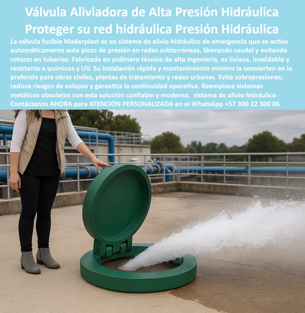 Control De Caudales Charnelas Compuertas Y Válvulas Fusible De Seguridad Maderplast 0 La imagen documenta el funcionamiento en tiempo real de una válvula aliviadora de alta presión hidráulica, desarrollada por Maderplast como parte de su línea de sistemas de seguridad pasiva para redes urbanas, estaciones de bombeo y plantas de tratamiento de agua. En primer plano se observa el momento exacto en que una tapa plástica tipo fusible hidráulico se activa sin intervención humana, expulsando un caudal a presión con fuerza visible. La operaria junto a la válvula valida el proceso, dejando ver que este sistema no necesita motores, mecanismos complejos ni sistemas metálicos, sino que funciona exclusivamente por presión hidráulica interna, como parte de un sistema de alivio pasivo sin energía en redes hídricas. - Este tipo de compuerta de alivio para colapsos en red ha sido diseñado para actuar cuando los picos de presión superan el umbral operativo seguro, liberando el exceso de caudal y evitando así la rotura de tuberías, el deterioro de uniones, o el colapso de estaciones elevadoras. El sistema anti colapso por presión en cañerías de Maderplast responde al instante, garantizando que las redes hidráulicas, tanto urbanas como industriales o rurales, se mantengan funcionales incluso en condiciones críticas. En lugar de recurrir a materiales metálicos pesados, susceptibles a la corrosión, esta válvula plástica grande está fabricada en polímero técnico de alto desempeño, totalmente resistente a químicos, rayos UV, salinidad, humedad y condiciones de exposición prolongadas. - Su ligereza no compromete su robustez. Al contrario, permite una instalación rápida y segura, perfecta para cualquier obra civil hidráulica donde se busque proteger la infraestructura sin sumar costos de mantenimiento ni elementos eléctricos. Este sistema es ideal para plantas de tratamiento, redes subterráneas, ductos urbanos de alta carga y hasta para vías hidráulicas en ríos encauzados, donde un evento de sobrepresión puede comprometer cientos de metros de red. - Al operar bajo el principio de válvula de seguridad hidráulica, esta solución garantiza la continuidad operativa sin interrupciones, pues al abrirse sólo cuando la presión lo exige, la red nunca se ve sobreexpuesta ni interrumpida. Su diseño permite que la descarga se realice en dirección vertical con una tapa tipo compuerta giratoria, que no se atasca ni sufre desgaste mecánico. Esto convierte a este sistema en una alternativa directa frente a las soluciones metálicas obsoletas, que suelen oxidarse o colapsar tras el primer fallo. - Ya no es necesario preguntarse qué válvula usar para aliviar presión en tuberías, ni depender de compresores o sistemas presurizados complejos. Maderplast ha respondido a esta necesidad del mercado con una válvula plástica sin metal, confiable, ecológica, y lista para operar en condiciones de exigencia. Desde su instalación en sistemas de control de inundación, hasta su uso en redes hidráulicas municipales, esta válvula ofrece todo lo que una obra moderna requiere: resistencia estructural, eficiencia hidráulica, cero mantenimiento, y una activación precisa que evita cualquier rotura prematura. - La estructura verde de la válvula se convierte así en un símbolo de seguridad operativa. Su diseño está pensado no solo para liberar caudal en caso de emergencia, sino también para ser fácilmente inspeccionada visualmente o incluso mediante sistemas de monitoreo remoto. Se integra de forma armónica en instalaciones nuevas o rehabilitaciones de red, tanto en proyectos urbanos como en desarrollos industriales. Es más que una compuerta: es una válvula de protección para obras hidráulicas, una solución moderna para presión excesiva y un recurso que transforma las viejas preocupaciones por picos de presión en una oportunidad para elevar los estándares técnicos del sistema. - Si buscas implementar un sistema que combine inteligencia hidráulica, respuesta automática y cero mantenimiento, esta es la válvula de liberación en plantas de agua que se adapta a las condiciones actuales. Para conocer sus especificaciones, compatibilidades con diferentes redes y parámetros de presión crítica, contáctanos ahora a través de WhatsApp +57 300 22 300 06, y accede a ATENCIÓN PERSONALIZADA con respaldo técnico directo del equipo de ingeniería Maderplast, expertos en diseñar sistemas fusibles de alivio de presión en redes con visión de futuro, durabilidad extrema y tecnología sin compromisos. Obra civil hidráulica como se instalan válvulas, - Válvulas para ríos encauzados, - Válvula plástica grande, - Sistemas de control de inunda Control De Caudales Charnelas Compuertas Y Válvulas Fusible De Seguridad Maderplast 0 Obra civil hidráulica como se instalan válvulas Válvulas para ríos encauzados Válvula plástica grande Sistemas de control de inunda 01 La imagen documenta el funcionamiento en tiempo real de una válvula aliviadora de alta presión hidráulica, desarrollada por Maderplast como parte de su línea de sistemas de seguridad pasiva para redes urbanas, estaciones de bombeo y plantas de tratamiento de agua. En primer plano se observa el momento exacto en que una tapa plástica tipo fusible hidráulico se activa sin intervención humana, expulsando un caudal a presión con fuerza visible. La operaria junto a la válvula valida el proceso, dejando ver que este sistema no necesita motores, mecanismos complejos ni sistemas metálicos, sino que funciona exclusivamente por presión hidráulica interna, como parte de un sistema de alivio pasivo sin energía en redes hídricas. - Este tipo de compuerta de alivio para colapsos en red ha sido diseñado para actuar cuando los picos de presión superan el umbral operativo seguro, liberando el exceso de caudal y evitando así la rotura de tuberías, el deterioro de uniones, o el colapso de estaciones elevadoras. El sistema anti colapso por presión en cañerías de Maderplast responde al instante, garantizando que las redes hidráulicas, tanto urbanas como industriales o rurales, se mantengan funcionales incluso en condiciones críticas. En lugar de recurrir a materiales metálicos pesados, susceptibles a la corrosión, esta válvula plástica grande está fabricada en polímero técnico de alto desempeño, totalmente resistente a químicos, rayos UV, salinidad, humedad y condiciones de exposición prolongadas. - Su ligereza no compromete su robustez. Al contrario, permite una instalación rápida y segura, perfecta para cualquier obra civil hidráulica donde se busque proteger la infraestructura sin sumar costos de mantenimiento ni elementos eléctricos. Este sistema es ideal para plantas de tratamiento, redes subterráneas, ductos urbanos de alta carga y hasta para vías hidráulicas en ríos encauzados, donde un evento de sobrepresión puede comprometer cientos de metros de red. - Al operar bajo el principio de válvula de seguridad hidráulica, esta solución garantiza la continuidad operativa sin interrupciones, pues al abrirse sólo cuando la presión lo exige, la red nunca se ve sobreexpuesta ni interrumpida. Su diseño permite que la descarga se realice en dirección vertical con una tapa tipo compuerta giratoria, que no se atasca ni sufre desgaste mecánico. Esto convierte a este sistema en una alternativa directa frente a las soluciones metálicas obsoletas, que suelen oxidarse o colapsar tras el primer fallo. - Ya no es necesario preguntarse qué válvula usar para aliviar presión en tuberías, ni depender de compresores o sistemas presurizados complejos. Maderplast ha respondido a esta necesidad del mercado con una válvula plástica sin metal, confiable, ecológica, y lista para operar en condiciones de exigencia. Desde su instalación en sistemas de control de inundación, hasta su uso en redes hidráulicas municipales, esta válvula ofrece todo lo que una obra moderna requiere: resistencia estructural, eficiencia hidráulica, cero mantenimiento, y una activación precisa que evita cualquier rotura prematura. - La estructura verde de la válvula se convierte así en un símbolo de seguridad operativa. Su diseño está pensado no solo para liberar caudal en caso de emergencia, sino también para ser fácilmente inspeccionada visualmente o incluso mediante sistemas de monitoreo remoto. Se integra de forma armónica en instalaciones nuevas o rehabilitaciones de red, tanto en proyectos urbanos como en desarrollos industriales. Es más que una compuerta: es una válvula de protección para obras hidráulicas, una solución moderna para presión excesiva y un recurso que transforma las viejas preocupaciones por picos de presión en una oportunidad para elevar los estándares técnicos del sistema. - Si buscas implementar un sistema que combine inteligencia hidráulica, respuesta automática y cero mantenimiento, esta es la válvula de liberación en plantas de agua que se adapta a las condiciones actuales. Para conocer sus especificaciones, compatibilidades con diferentes redes y parámetros de presión crítica, contáctanos ahora a través de WhatsApp +57 300 22 300 06, y accede a ATENCIÓN PERSONALIZADA con respaldo técnico directo del equipo de ingeniería Maderplast, expertos en diseñar sistemas fusibles de alivio de presión en redes con visión de futuro, durabilidad extrema y tecnología sin compromisos. Control De Caudales Charnelas Compuertas Y Válvulas Fusible De Seguridad Maderplast 0 Obra civil hidráulica como se instalan válvulas, - Válvulas para ríos encauzados, - Válvula plástica grande, - Sistemas de control de inunda