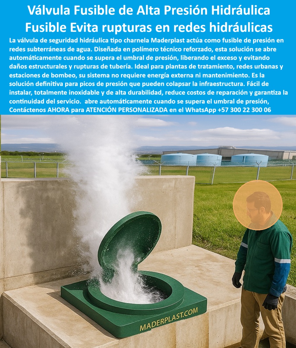Control De Caudales Charnelas Compuertas Y Válvulas Fusible De Seguridad Maderplast 0 Válvula Fusible de Alta Presión Maderplast: Solución Hidráulica Sin Energía Contra Rupturas en Redes de Agua, - La imagen presenta en plena acción una válvula fusible de alta presión hidráulica tipo charnela, fabricada por Maderplast, funcionando como un potente fusible-para-tuberías. Esta válvula-de-seguridad está diseñada para actuar como sistema de alivio automático por exceso de presión, liberando de forma inmediata el caudal cuando se supera el umbral crítico, evitando fallas estructurales, daños materiales o rupturas en redes hidráulicas subterráneas y urbanas. - Este tipo de válvula-fusible-hidráulica se fabrica en polímero técnico reforzado, lo que la convierte en una válvula técnica de seguridad plástica de larga vida útil, completamente libre de óxido, sin partes metálicas y sin necesidad de mantenimiento. Su instalación sobre módulo de concreto se observa en la imagen, junto a un operario, lo que da escala y contexto al funcionamiento real del fusible hidráulico en acción junto al operario. Esta es una solución ideal para plantas de tratamiento, estaciones de bombeo, redes urbanas y sistemas de agua presurizada. - Cuando hay un aumento crítico de presión, la tapa hidráulica contra presión interna se abre automáticamente, cumpliendo su función como válvula alivio pasiva sin energía, reduciendo la presión acumulada sin intervención humana. Este mecanismo inteligente de seguridad es un claro ejemplo de charnela apertura por presión, y actúa como una compuerta alivio alta presión eficaz para proteger redes de agua. - Este sistema de control pasivo de presión permite mantener la seguridad hidráulica-activa incluso en condiciones extremas. Y si te preguntas: ¿Qué válvula usar para aliviar sobrepresión hidráulica?, ¿Qué compuerta evita roturas en tuberías de agua? o ¿Qué usar para liberar presión en plantas de agua?, la respuesta más eficiente es la válvula fusible presión hidráulica de Maderplast. - Gracias a su diseño sin energía, esta válvula sin energía anti ruptura funciona como una válvula automática para redes hidráulicas, perfecta para ambientes donde el tiempo de reacción es crítico. Su rápida activación ante presión extrema convierte este sistema en una solución eficaz de control-alta-presión, complementando la ingeniería plástica paso a paso instalación chapaletas y otros soluciones en control de agua pasos instalación chapaletas que Maderplast ofrece al mercado. - Este producto también es una compuerta técnica contra ruptura de tubería, usada como válvula de alivio pasiva sin energía, que ayuda a proteger infraestructura crítica. Su diseño compacto y confiable la posiciona como una compuerta-anti-rotura, ideal en condiciones donde otras válvulas no responden a tiempo. - La válvula plástica anti ruptura en infraestructura hidráulica funciona también como compuerta de alivio por sobrepresión, y está recomendada para quienes buscan una solución-sobrepresión-red sin riesgo de colapso. Su estructura es similar a una compuerta verde técnica plástica, pensada para sistemas donde se requiere respuesta instantánea. - Además, es una válvula de seguridad para presión hidráulica que elimina la necesidad de costosos equipos de energía o monitoreo continuo. Esta charnela-de-emergencia actúa como compuerta alivia sobrepresión sin motor, reforzando la seguridad urbana y garantizando la continuidad del servicio hidráulico sin interrupciones. - Es también una solución para preguntas como:, - 🔹 ¿Dónde venden válvula fusible de alta presión?, - 🔹 ¿Qué válvula abre sola si hay presión extrema?, - 🔹 ¿Cuál es la mejor válvula técnica para plantas de tratamiento?, - Su uso como tapa hidráulica apertura forzada, válvula de desahogo para presión urbana, válvula liberadora de presión de red, o sistema de alivio para redes subterráneas, demuestra la versatilidad de esta válvula de control de presurización. - Maderplast ha desarrollado este producto como parte de su línea de Control De Caudales Charnelas Compuertas Y Válvulas Fusible De Seguridad Maderplast, ofreciendo soluciones duraderas, sostenibles y de alto rendimiento para obras públicas, infraestructura hidráulica, proyectos urbanos e industriales. - 📲 ¿Necesitas una válvula de seguridad urbana o una solución hidráulica contra presión excesiva? Contáctanos ahora por WhatsApp +57 300 22 300 06 para recibir atención personalizada, asesoría técnica y precios directos de fábrica. ingeniería plástica paso a paso instalación chapaletas, - Soluciones en control de agua pasos instalación chapaletas, - Alta Presión con charnela Control De Caudales Charnelas Compuertas Y Válvulas Fusible De Seguridad Maderplast 0 ingeniería plástica paso a paso instalación chapaletas Soluciones en control de agua pasos instalación chapaletas Alta Presión con charnela 01 Válvula Fusible de Alta Presión Maderplast: Solución Hidráulica Sin Energía Contra Rupturas en Redes de Agua, - La imagen presenta en plena acción una válvula fusible de alta presión hidráulica tipo charnela, fabricada por Maderplast, funcionando como un potente fusible-para-tuberías. Esta válvula-de-seguridad está diseñada para actuar como sistema de alivio automático por exceso de presión, liberando de forma inmediata el caudal cuando se supera el umbral crítico, evitando fallas estructurales, daños materiales o rupturas en redes hidráulicas subterráneas y urbanas. - Este tipo de válvula-fusible-hidráulica se fabrica en polímero técnico reforzado, lo que la convierte en una válvula técnica de seguridad plástica de larga vida útil, completamente libre de óxido, sin partes metálicas y sin necesidad de mantenimiento. Su instalación sobre módulo de concreto se observa en la imagen, junto a un operario, lo que da escala y contexto al funcionamiento real del fusible hidráulico en acción junto al operario. Esta es una solución ideal para plantas de tratamiento, estaciones de bombeo, redes urbanas y sistemas de agua presurizada. - Cuando hay un aumento crítico de presión, la tapa hidráulica contra presión interna se abre automáticamente, cumpliendo su función como válvula alivio pasiva sin energía, reduciendo la presión acumulada sin intervención humana. Este mecanismo inteligente de seguridad es un claro ejemplo de charnela apertura por presión, y actúa como una compuerta alivio alta presión eficaz para proteger redes de agua. - Este sistema de control pasivo de presión permite mantener la seguridad hidráulica-activa incluso en condiciones extremas. Y si te preguntas: ¿Qué válvula usar para aliviar sobrepresión hidráulica?, ¿Qué compuerta evita roturas en tuberías de agua? o ¿Qué usar para liberar presión en plantas de agua?, la respuesta más eficiente es la válvula fusible presión hidráulica de Maderplast. - Gracias a su diseño sin energía, esta válvula sin energía anti ruptura funciona como una válvula automática para redes hidráulicas, perfecta para ambientes donde el tiempo de reacción es crítico. Su rápida activación ante presión extrema convierte este sistema en una solución eficaz de control-alta-presión, complementando la ingeniería plástica paso a paso instalación chapaletas y otros soluciones en control de agua pasos instalación chapaletas que Maderplast ofrece al mercado. - Este producto también es una compuerta técnica contra ruptura de tubería, usada como válvula de alivio pasiva sin energía, que ayuda a proteger infraestructura crítica. Su diseño compacto y confiable la posiciona como una compuerta-anti-rotura, ideal en condiciones donde otras válvulas no responden a tiempo. - La válvula plástica anti ruptura en infraestructura hidráulica funciona también como compuerta de alivio por sobrepresión, y está recomendada para quienes buscan una solución-sobrepresión-red sin riesgo de colapso. Su estructura es similar a una compuerta verde técnica plástica, pensada para sistemas donde se requiere respuesta instantánea. - Además, es una válvula de seguridad para presión hidráulica que elimina la necesidad de costosos equipos de energía o monitoreo continuo. Esta charnela-de-emergencia actúa como compuerta alivia sobrepresión sin motor, reforzando la seguridad urbana y garantizando la continuidad del servicio hidráulico sin interrupciones. - Es también una solución para preguntas como:, - 🔹 ¿Dónde venden válvula fusible de alta presión?, - 🔹 ¿Qué válvula abre sola si hay presión extrema?, - 🔹 ¿Cuál es la mejor válvula técnica para plantas de tratamiento?, - Su uso como tapa hidráulica apertura forzada, válvula de desahogo para presión urbana, válvula liberadora de presión de red, o sistema de alivio para redes subterráneas, demuestra la versatilidad de esta válvula de control de presurización. - Maderplast ha desarrollado este producto como parte de su línea de Control De Caudales Charnelas Compuertas Y Válvulas Fusible De Seguridad Maderplast, ofreciendo soluciones duraderas, sostenibles y de alto rendimiento para obras públicas, infraestructura hidráulica, proyectos urbanos e industriales. - 📲 ¿Necesitas una válvula de seguridad urbana o una solución hidráulica contra presión excesiva? Contáctanos ahora por WhatsApp +57 300 22 300 06 para recibir atención personalizada, asesoría técnica y precios directos de fábrica. Control De Caudales Charnelas Compuertas Y Válvulas Fusible De Seguridad Maderplast 0 ingeniería plástica paso a paso instalación chapaletas, - Soluciones en control de agua pasos instalación chapaletas, - Alta Presión con charnela