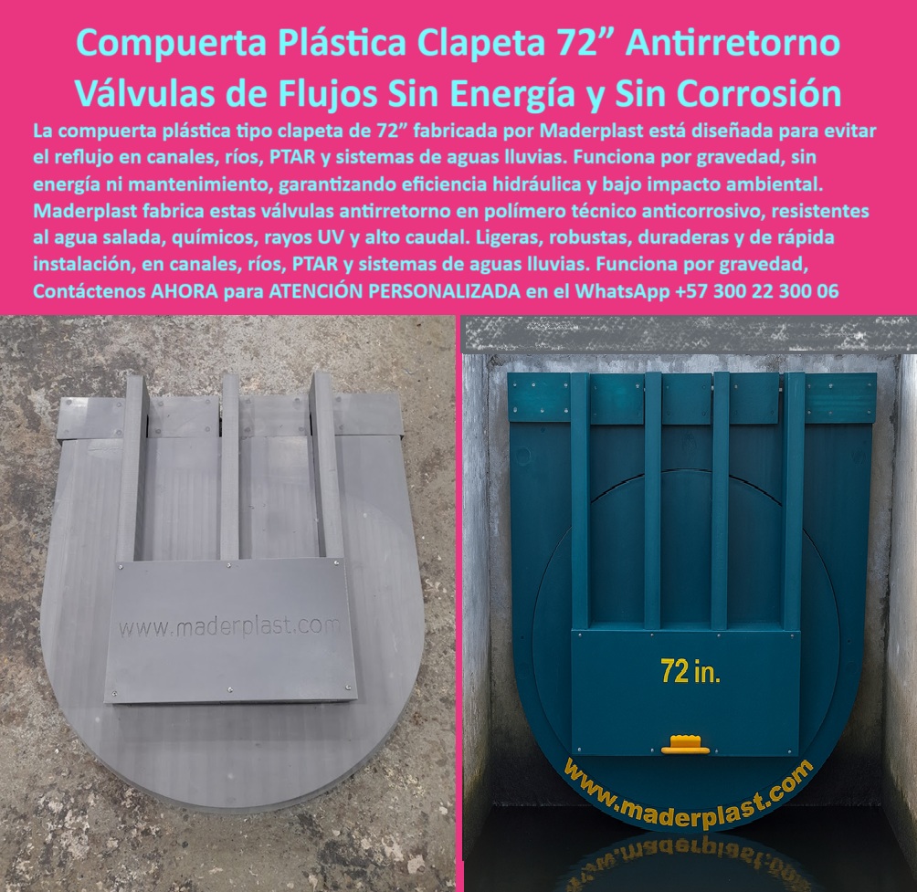 Fábrica De Charnelas Catálogo Brochure Tamaño Medida Grandes Medianas Maderplast 0 En esta imagen se presenta una compuerta plástica clapeta 72 pulgadas fabricada por Maderplast, en dos fases clave: a la izquierda, la válvula está en disposición horizontal, recién salida de planta, sobre el piso industrial, lista para ser instalada. A la derecha, vemos la misma charnela de flujo unidireccional completamente montada en un canal hidráulico de concreto, en operación, bloqueando el reflujo de agua sin necesidad de presión energética. Esta secuencia visual refuerza la funcionalidad y simplicidad de una solución técnica que ha sido diseñada para operar de forma automática, robusta, sin intervención humana y sin riesgo de fallas. - Esta válvula tipo clapeta de 72 pulgadas con refuerzo está fabricada en polímero técnico de alto rendimiento, lo que la hace resistente a la salinidad, a los químicos industriales, al agua residual, a la radiación ultravioleta, y al impacto físico en ambientes hostiles. Es una válvula que no se oxida, no se traba y no necesita lubricación ni piezas móviles expuestas. Diseñada para aplicaciones hidráulicas en PTAR, emisarios, ríos, canales abiertos, vertimientos y sistemas de aguas lluvias, esta compuerta plástica de bajo impacto ambiental representa una alternativa ideal frente a las válvulas metálicas convencionales, costosas de mantener y vulnerables a la corrosión. - Su funcionamiento está basado en un sistema pasivo de válvulas para drenaje que se activa por gravedad o presión hidráulica inversa. La charnela sin energía instalada se abre únicamente cuando el flujo sale y se sella automáticamente cuando se intenta ingresar por la dirección contraria, evitando contaminaciones cruzadas, inundaciones, o retornos no deseados. Este mecanismo sin motor es perfecto para obras hidráulicas rurales o urbanas, donde no se cuenta con suministro eléctrico constante o donde el mantenimiento periódico representa un riesgo operativo. - Este producto es un componente esencial en cualquier proyecto que requiera válvula hidráulica sin mantenimiento canal abierto, ofreciendo control de aguas por charnela de forma unidireccional, autónoma y con total fiabilidad. Su diseño robusto permite su uso como compuerta para canales urbanos o rurales, canales PTAR plástico, canales medianos, e incluso ductos de evacuación de aguas lluvias. De hecho, este modelo responde claramente a preguntas técnicas como:, - ¿Qué charnela sirve para aguas lluvias en PTAR?, - ¿Cuál válvula funciona sin mantenimiento en canal?, - ¿Dónde comprar compuerta hidráulica de 72 pulgadas?, - Su instalación es rápida, segura y no requiere anclajes mecánicos complejos. Puede embutirse directamente en estructuras de concreto, llevando con facilidad, como lo demuestra la imagen derecha donde se ve claramente la compuerta plástica azul instalada en canal hidráulico operando activamente. Esta válvula de flujo por gravedad sin presión se adapta a zonas rurales, agroindustriales, entornos salinos o pluviales, funcionando 24/7 sin interrupciones ni asistencia técnica continua. - Esta compuerta clapeta contra retorno en emisarios, diseñada por Maderplast, responde con éxito a necesidades como:, - Válvula plástica técnica para reflujo en canal PTAR, - Charnela para evitar inundaciones en lluvias, - Válvula antirretorno para aguas lluvias, - Compuerta antirretorno plástica de gran formato, - Válvula para control de caudales PTAR, - Válvula plástica por gravedad, - Compuerta sin energía para reflujo hidráulico, - El material de construcción está respaldado por tecnología avanzada en polímero técnico anticorrosivo, con refuerzos internos que soportan grandes caudales sin deformarse. Gracias a su diseño de cierre automático sin presión, esta válvula es también perfecta para condiciones de uso continuo, climas extremos y zonas con alta sedimentación, donde el sellado hidráulico y la autolimpieza natural son indispensables. Es, sin duda, la solución preferida por ingenieros de saneamiento, directores de obra civil, y gestores ambientales que necesitan productos confiables con larga vida útil, bajo impacto ambiental y alta eficiencia hidráulica. - Si estás implementando una obra hidráulica y necesitas compuertas plásticas de gran formato, válvulas antirretorno para canales medianos, o charnelas resistentes a químicos y agua salada para evitar reflujos, contáctanos ahora a través de WhatsApp +57 300 22 300 06 y accede a ATENCIÓN PERSONALIZADA con respaldo directo del equipo de ingeniería de Maderplast, la marca que lidera el desarrollo de válvulas unidireccionales sin energía, durables, seguras y 100% adaptadas a los desafíos reales de control de flujo en obras hidráulicas rurales, urbanas e industriales. Válvula clapeta antirretorno control de flujo en canales., - control de aguas por charnela, - compuerta plástica de bajo impacto ambiental ptar Fábrica De Charnelas Catálogo Brochure Tamaño Medida Grandes Medianas Maderplast 0 Válvula clapeta antirretorno control de flujo en canales. control de aguas por charnela compuerta plástica de bajo impacto ambiental ptar 01 En esta imagen se presenta una compuerta plástica clapeta 72 pulgadas fabricada por Maderplast, en dos fases clave: a la izquierda, la válvula está en disposición horizontal, recién salida de planta, sobre el piso industrial, lista para ser instalada. A la derecha, vemos la misma charnela de flujo unidireccional completamente montada en un canal hidráulico de concreto, en operación, bloqueando el reflujo de agua sin necesidad de presión energética. Esta secuencia visual refuerza la funcionalidad y simplicidad de una solución técnica que ha sido diseñada para operar de forma automática, robusta, sin intervención humana y sin riesgo de fallas. - Esta válvula tipo clapeta de 72 pulgadas con refuerzo está fabricada en polímero técnico de alto rendimiento, lo que la hace resistente a la salinidad, a los químicos industriales, al agua residual, a la radiación ultravioleta, y al impacto físico en ambientes hostiles. Es una válvula que no se oxida, no se traba y no necesita lubricación ni piezas móviles expuestas. Diseñada para aplicaciones hidráulicas en PTAR, emisarios, ríos, canales abiertos, vertimientos y sistemas de aguas lluvias, esta compuerta plástica de bajo impacto ambiental representa una alternativa ideal frente a las válvulas metálicas convencionales, costosas de mantener y vulnerables a la corrosión. - Su funcionamiento está basado en un sistema pasivo de válvulas para drenaje que se activa por gravedad o presión hidráulica inversa. La charnela sin energía instalada se abre únicamente cuando el flujo sale y se sella automáticamente cuando se intenta ingresar por la dirección contraria, evitando contaminaciones cruzadas, inundaciones, o retornos no deseados. Este mecanismo sin motor es perfecto para obras hidráulicas rurales o urbanas, donde no se cuenta con suministro eléctrico constante o donde el mantenimiento periódico representa un riesgo operativo. - Este producto es un componente esencial en cualquier proyecto que requiera válvula hidráulica sin mantenimiento canal abierto, ofreciendo control de aguas por charnela de forma unidireccional, autónoma y con total fiabilidad. Su diseño robusto permite su uso como compuerta para canales urbanos o rurales, canales PTAR plástico, canales medianos, e incluso ductos de evacuación de aguas lluvias. De hecho, este modelo responde claramente a preguntas técnicas como:, - ¿Qué charnela sirve para aguas lluvias en PTAR?, - ¿Cuál válvula funciona sin mantenimiento en canal?, - ¿Dónde comprar compuerta hidráulica de 72 pulgadas?, - Su instalación es rápida, segura y no requiere anclajes mecánicos complejos. Puede embutirse directamente en estructuras de concreto, llevando con facilidad, como lo demuestra la imagen derecha donde se ve claramente la compuerta plástica azul instalada en canal hidráulico operando activamente. Esta válvula de flujo por gravedad sin presión se adapta a zonas rurales, agroindustriales, entornos salinos o pluviales, funcionando 24/7 sin interrupciones ni asistencia técnica continua. - Esta compuerta clapeta contra retorno en emisarios, diseñada por Maderplast, responde con éxito a necesidades como:, - Válvula plástica técnica para reflujo en canal PTAR, - Charnela para evitar inundaciones en lluvias, - Válvula antirretorno para aguas lluvias, - Compuerta antirretorno plástica de gran formato, - Válvula para control de caudales PTAR, - Válvula plástica por gravedad, - Compuerta sin energía para reflujo hidráulico, - El material de construcción está respaldado por tecnología avanzada en polímero técnico anticorrosivo, con refuerzos internos que soportan grandes caudales sin deformarse. Gracias a su diseño de cierre automático sin presión, esta válvula es también perfecta para condiciones de uso continuo, climas extremos y zonas con alta sedimentación, donde el sellado hidráulico y la autolimpieza natural son indispensables. Es, sin duda, la solución preferida por ingenieros de saneamiento, directores de obra civil, y gestores ambientales que necesitan productos confiables con larga vida útil, bajo impacto ambiental y alta eficiencia hidráulica. - Si estás implementando una obra hidráulica y necesitas compuertas plásticas de gran formato, válvulas antirretorno para canales medianos, o charnelas resistentes a químicos y agua salada para evitar reflujos, contáctanos ahora a través de WhatsApp +57 300 22 300 06 y accede a ATENCIÓN PERSONALIZADA con respaldo directo del equipo de ingeniería de Maderplast, la marca que lidera el desarrollo de válvulas unidireccionales sin energía, durables, seguras y 100% adaptadas a los desafíos reales de control de flujo en obras hidráulicas rurales, urbanas e industriales. Fábrica De Charnelas Catálogo Brochure Tamaño Medida Grandes Medianas Maderplast 0 Válvula clapeta antirretorno control de flujo en canales., - control de aguas por charnela, - compuerta plástica de bajo impacto ambiental ptar