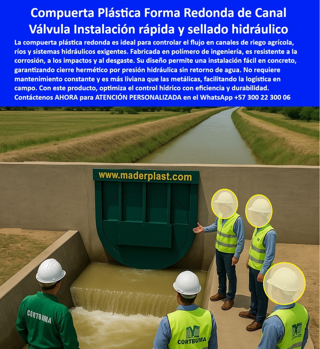 Instalación Charnela Compuertas Hidráulicas Canal De Riego Agrícola Maderplast 0 La imagen muestra una válvula redonda hidráulica para canal, fabricada en polímero técnico verde, instalada en un canal de concreto para riego agrícola. Al frente, cuatro operarios supervisan el montaje de esta compuerta plástica sin mantenimiento, evidenciando su ligereza y facilidad de instalación en campo. El flujo de agua pasa controlado por la compuerta, que está diseñada para abrirse por presión hidráulica y cerrarse automáticamente por gravedad, funcionando como un sistema antirretorno agrícola circular. El muro de concreto en el que se empotra asegura un sellado perfecto sin necesidad de ajustes posteriores. - Esta compuerta hidráulica circular sin energía ha sido fabricada por Maderplast como solución definitiva para canales rurales, sistemas de riego agrícola, distritos de riego, PTAR o incluso PTAP. Su cuerpo plástico, libre de partes metálicas, evita la oxidación, la corrosión, los atascos y los mantenimientos intensivos que requieren las compuertas metálicas. Esto convierte a la válvula circular para ingeniería hidráulica en una tecnología ecológica y económica que protege cultivos y obras hídricas con bajo costo operativo y alta durabilidad. - La compuerta antirretorno canal de concreto se instala fácilmente, sin soldaduras ni grúas, ideal para zonas rurales donde la logística pesada encarece las soluciones metálicas. Su forma redonda garantiza cierre hermético en canal agrícola, incluso bajo alta presión o caudales variables. Y gracias a su estructura en polímero resistente a rayos UV, químicos y abrasión, la compuerta funciona sin fallos incluso en canales expuestos al sol o al uso intensivo. - La válvula circular sin mantenimiento intensivo evita retrocesos de agua en sistemas abiertos, bloquea la entrada de residuos y garantiza el flujo unidireccional con máxima precisión hidráulica. Por eso es elegida en proyectos donde no hay acceso a energía eléctrica ni a equipos de operación constante. En resumen, la compuerta hidráulica ligera para riego es más que una válvula, es un sistema confiable de control de flujo diseñado para durar. - ¿Qué válvula evita reflujo en canales presurizados sin energía y sin óxido? Esta es la respuesta clara: una compuerta-plástica-riego como la que Maderplast ha instalado en cientos de canales por toda Colombia. Su desempeño comprobado y su facilidad de uso la convierten en la mejor opción para ingenieros rurales, alcaldías, operadores de distritos de riego y sistemas de abastecimiento agrícola. - Instalar una compuerta circular para aguas presurizadas como esta significa olvidarse de lubricaciones, oxidación, partes mecánicas trabadas o inspecciones frecuentes. Su diseño antirretorno rural permite un funcionamiento autónomo con el flujo natural del canal, asegurando eficiencia hídrica en todo momento. - Este producto responde a las necesidades de quienes se preguntan:, - ¿Qué compuerta sirve para canal de riego agrícola?, - ¿Qué tapa hidráulica funciona sin mantenimiento?, - ¿Dónde consigo válvula plástica redonda confiable y duradera?, - Aquí tienes la solución: una válvula verde en muro de concreto de canal, liviana, anticorrosiva, fabricada por Maderplast, instalada en minutos y con una vida útil superior a 25 años. - Contáctenos AHORA para ATENCIÓN PERSONALIZADA en el WhatsApp +57 300 22 300 06 y reciba asesoría directa del equipo de ingeniería Maderplast. Podemos ayudarte con especificaciones técnicas, cotización inmediata o diseño a medida de tu proyecto hidráulico rural o urbano. Mantenimiento a válvula plástica redonda en canal agrícola, - Tapa plástica Maderplast en tubería canalizada de alta presión Compuerta canal ptap Instalación Charnela Compuertas Hidráulicas Canal De Riego Agrícola Maderplast 0 Mantenimiento a válvula plástica redonda en canal agrícola Tapa plástica Maderplast en tubería canalizada de alta presión Compuerta canal ptap 01 La imagen muestra una válvula redonda hidráulica para canal, fabricada en polímero técnico verde, instalada en un canal de concreto para riego agrícola. Al frente, cuatro operarios supervisan el montaje de esta compuerta plástica sin mantenimiento, evidenciando su ligereza y facilidad de instalación en campo. El flujo de agua pasa controlado por la compuerta, que está diseñada para abrirse por presión hidráulica y cerrarse automáticamente por gravedad, funcionando como un sistema antirretorno agrícola circular. El muro de concreto en el que se empotra asegura un sellado perfecto sin necesidad de ajustes posteriores. - Esta compuerta hidráulica circular sin energía ha sido fabricada por Maderplast como solución definitiva para canales rurales, sistemas de riego agrícola, distritos de riego, PTAR o incluso PTAP. Su cuerpo plástico, libre de partes metálicas, evita la oxidación, la corrosión, los atascos y los mantenimientos intensivos que requieren las compuertas metálicas. Esto convierte a la válvula circular para ingeniería hidráulica en una tecnología ecológica y económica que protege cultivos y obras hídricas con bajo costo operativo y alta durabilidad. - La compuerta antirretorno canal de concreto se instala fácilmente, sin soldaduras ni grúas, ideal para zonas rurales donde la logística pesada encarece las soluciones metálicas. Su forma redonda garantiza cierre hermético en canal agrícola, incluso bajo alta presión o caudales variables. Y gracias a su estructura en polímero resistente a rayos UV, químicos y abrasión, la compuerta funciona sin fallos incluso en canales expuestos al sol o al uso intensivo. - La válvula circular sin mantenimiento intensivo evita retrocesos de agua en sistemas abiertos, bloquea la entrada de residuos y garantiza el flujo unidireccional con máxima precisión hidráulica. Por eso es elegida en proyectos donde no hay acceso a energía eléctrica ni a equipos de operación constante. En resumen, la compuerta hidráulica ligera para riego es más que una válvula, es un sistema confiable de control de flujo diseñado para durar. - ¿Qué válvula evita reflujo en canales presurizados sin energía y sin óxido? Esta es la respuesta clara: una compuerta-plástica-riego como la que Maderplast ha instalado en cientos de canales por toda Colombia. Su desempeño comprobado y su facilidad de uso la convierten en la mejor opción para ingenieros rurales, alcaldías, operadores de distritos de riego y sistemas de abastecimiento agrícola. - Instalar una compuerta circular para aguas presurizadas como esta significa olvidarse de lubricaciones, oxidación, partes mecánicas trabadas o inspecciones frecuentes. Su diseño antirretorno rural permite un funcionamiento autónomo con el flujo natural del canal, asegurando eficiencia hídrica en todo momento. - Este producto responde a las necesidades de quienes se preguntan:, - ¿Qué compuerta sirve para canal de riego agrícola?, - ¿Qué tapa hidráulica funciona sin mantenimiento?, - ¿Dónde consigo válvula plástica redonda confiable y duradera?, - Aquí tienes la solución: una válvula verde en muro de concreto de canal, liviana, anticorrosiva, fabricada por Maderplast, instalada en minutos y con una vida útil superior a 25 años. - Contáctenos AHORA para ATENCIÓN PERSONALIZADA en el WhatsApp +57 300 22 300 06 y reciba asesoría directa del equipo de ingeniería Maderplast. Podemos ayudarte con especificaciones técnicas, cotización inmediata o diseño a medida de tu proyecto hidráulico rural o urbano. Instalación Charnela Compuertas Hidráulicas Canal De Riego Agrícola Maderplast 0 Mantenimiento a válvula plástica redonda en canal agrícola, - Tapa plástica Maderplast en tubería canalizada de alta presión Compuerta canal ptap