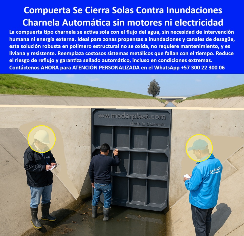 Instalación De Compuerta Charnela Gran Formato Para Obras Hidráulicas Maderplast 0 En esta instalación real se aprecia una compuerta hidráulica gran formato automática tipo charnela, de color negro, montada en un canal urbano de concreto de grandes dimensiones. Tres técnicos evalúan visualmente el cierre mientras toman anotaciones, demostrando el compromiso técnico con una solución de compuerta industrial para proyectos de control hídrico en zonas vulnerables a inundaciones, sin intervención humana ni energía externa. La estructura vertical, tipo rejilla, está completamente fabricada en polímero técnico estructural, lo que elimina por completo el óxido, las partes móviles metálicas, los motores o los sistemas eléctricos propensos a fallas. - La pregunta clave para ingenieros, alcaldías y usuarios rurales es: ¿Cómo se llama la compuerta que se cierra solas PTAP? La respuesta la vemos en acción: es la charnela automática sin motores ni electricidad, diseñada por Maderplast, y desarrollada específicamente como un sistema antirretorno de gran escala para canales, tanto en zonas agrícolas como urbanas. Esta charnela industrial para canales de concreto es una alternativa moderna que elimina las complicaciones de mantenimiento, reduce costos y responde automáticamente ante lluvias, desbordamientos o reflujos. - Este tipo de compuerta tipo charnela anti retorno para PTAP, con su gran formato y sellado hermético, representa la evolución de la ingeniería plástica para obras civiles modernas. La tapa está diseñada para responder al flujo del agua, cerrándose automáticamente y sellando el canal sin uso de electricidad. Por eso, a la pregunta ¿Qué compuerta sirve para evitar inundaciones en canales grandes?, la respuesta es clara: una compuerta tipo rejilla para obras hidráulicas, con diseño unidireccional pasivo y durabilidad comprobada. - Gracias a su resistencia estructural, esta válvula tipo rejilla de polímero estructural opera sin deformaciones, no requiere mantenimiento, y es inmune al óxido, a los químicos y a los rayos UV. Su uso es ideal en canales pluviales, zonas de desagüe, sistemas de alcantarillado y obras de evacuación en zonas propensas a crecidas. Esta es la razón por la que cada vez más ingenieros especifican compuertas sin electricidad instaladas en canal, confiando en su operatividad 24/7 sin fallas. - ¿Qué charnela funciona sola en zonas de alto riesgo? Una charnela plástica tipo rejilla para flujo controlado, que responde por gravedad, sin necesidad de motores ni intervención. Y eso se demuestra en la imagen, donde una compuerta plástica negra tipo rejilla instalada en canal responde ante la presencia de agua como si tuviera vida propia. Este sistema antirretorno de gran escala hidráulico garantiza que no haya retroceso, y que la seguridad hidráulica se mantenga incluso en condiciones críticas. - ¿Dónde consigo una compuerta sin mantenimiento? Aquí mismo: una compuerta hidráulica plástica sin mantenimiento, como la instalada en este canal. Es ligera, robusta y su instalación no requiere grúas ni soldaduras, reduciendo tiempos y costos de obra. Esta compuerta de canal sin piezas metálicas móviles se convierte así en el estándar para municipios, distritos de riego y entidades ambientales que buscan tecnología confiable, duradera y ecológica. - ¿Qué compuerta evitar reflujos sin energía? La válvula hidráulica de gran formato por gravedad, que aquí se observa operando sin motores, sin interruptores y sin personas activándose. Simplemente responde al agua y la contiene. Su diseño está pensado para sustituir las compuertas metálicas fallidas en sistemas de canalización, sin necesidad de mantenimiento ni calibración. - Charnela de gran formato sin motor inspeccionada en obra, compuerta para control de caudal en zonas rurales, válvula automática vertical de cierre pasivo, charnela sin motor para obras hidráulicas... todas estas frases describen lo que el usuario busca, pero solo Maderplast lo ofrece en un solo producto. Además, esta tapa plástica anti inundación sin energía es ideal para obras públicas, infraestructura de riego urbano y proyectos de canalización sostenible. - ¿Cuál es la compuerta que se cierra sola sin electricidad? Es la charnela plástica hidráulica con cierre automático, una tecnología creada por Maderplast que ahora forma parte de la nueva generación de soluciones hidráulicas inteligentes. Porque proteger un canal sin energía, en zonas críticas, ya no es una opción: es una necesidad que exige una solución a la altura. - Contáctenos AHORA para ATENCIÓN PERSONALIZADA en el WhatsApp +57 300 22 300 06 y reciba acompañamiento directo del equipo técnico de Maderplast. Porque cuando el agua sube, la compuerta baja. Y cuando todo falla, Maderplast responde. Tecnología sin óxido, sin excusas y sin fallos Compuerta industrial para proyectos de control hídrico zonas vulnerables a inundaciones., - Cómo se llama la compuerta que se cierra solas Ptap Instalación De Compuerta Charnela Gran Formato Para Obras Hidráulicas Maderplast 0 Compuerta industrial para proyectos de control hídrico zonas vulnerables a inundaciones. Cómo se llama la compuerta que se cierra solas Ptap 01 En esta instalación real se aprecia una compuerta hidráulica gran formato automática tipo charnela, de color negro, montada en un canal urbano de concreto de grandes dimensiones. Tres técnicos evalúan visualmente el cierre mientras toman anotaciones, demostrando el compromiso técnico con una solución de compuerta industrial para proyectos de control hídrico en zonas vulnerables a inundaciones, sin intervención humana ni energía externa. La estructura vertical, tipo rejilla, está completamente fabricada en polímero técnico estructural, lo que elimina por completo el óxido, las partes móviles metálicas, los motores o los sistemas eléctricos propensos a fallas. - La pregunta clave para ingenieros, alcaldías y usuarios rurales es: ¿Cómo se llama la compuerta que se cierra solas PTAP? La respuesta la vemos en acción: es la charnela automática sin motores ni electricidad, diseñada por Maderplast, y desarrollada específicamente como un sistema antirretorno de gran escala para canales, tanto en zonas agrícolas como urbanas. Esta charnela industrial para canales de concreto es una alternativa moderna que elimina las complicaciones de mantenimiento, reduce costos y responde automáticamente ante lluvias, desbordamientos o reflujos. - Este tipo de compuerta tipo charnela anti retorno para PTAP, con su gran formato y sellado hermético, representa la evolución de la ingeniería plástica para obras civiles modernas. La tapa está diseñada para responder al flujo del agua, cerrándose automáticamente y sellando el canal sin uso de electricidad. Por eso, a la pregunta ¿Qué compuerta sirve para evitar inundaciones en canales grandes?, la respuesta es clara: una compuerta tipo rejilla para obras hidráulicas, con diseño unidireccional pasivo y durabilidad comprobada. - Gracias a su resistencia estructural, esta válvula tipo rejilla de polímero estructural opera sin deformaciones, no requiere mantenimiento, y es inmune al óxido, a los químicos y a los rayos UV. Su uso es ideal en canales pluviales, zonas de desagüe, sistemas de alcantarillado y obras de evacuación en zonas propensas a crecidas. Esta es la razón por la que cada vez más ingenieros especifican compuertas sin electricidad instaladas en canal, confiando en su operatividad 24/7 sin fallas. - ¿Qué charnela funciona sola en zonas de alto riesgo? Una charnela plástica tipo rejilla para flujo controlado, que responde por gravedad, sin necesidad de motores ni intervención. Y eso se demuestra en la imagen, donde una compuerta plástica negra tipo rejilla instalada en canal responde ante la presencia de agua como si tuviera vida propia. Este sistema antirretorno de gran escala hidráulico garantiza que no haya retroceso, y que la seguridad hidráulica se mantenga incluso en condiciones críticas. - ¿Dónde consigo una compuerta sin mantenimiento? Aquí mismo: una compuerta hidráulica plástica sin mantenimiento, como la instalada en este canal. Es ligera, robusta y su instalación no requiere grúas ni soldaduras, reduciendo tiempos y costos de obra. Esta compuerta de canal sin piezas metálicas móviles se convierte así en el estándar para municipios, distritos de riego y entidades ambientales que buscan tecnología confiable, duradera y ecológica. - ¿Qué compuerta evitar reflujos sin energía? La válvula hidráulica de gran formato por gravedad, que aquí se observa operando sin motores, sin interruptores y sin personas activándose. Simplemente responde al agua y la contiene. Su diseño está pensado para sustituir las compuertas metálicas fallidas en sistemas de canalización, sin necesidad de mantenimiento ni calibración. - Charnela de gran formato sin motor inspeccionada en obra, compuerta para control de caudal en zonas rurales, válvula automática vertical de cierre pasivo, charnela sin motor para obras hidráulicas... todas estas frases describen lo que el usuario busca, pero solo Maderplast lo ofrece en un solo producto. Además, esta tapa plástica anti inundación sin energía es ideal para obras públicas, infraestructura de riego urbano y proyectos de canalización sostenible. - ¿Cuál es la compuerta que se cierra sola sin electricidad? Es la charnela plástica hidráulica con cierre automático, una tecnología creada por Maderplast que ahora forma parte de la nueva generación de soluciones hidráulicas inteligentes. Porque proteger un canal sin energía, en zonas críticas, ya no es una opción: es una necesidad que exige una solución a la altura. - Contáctenos AHORA para ATENCIÓN PERSONALIZADA en el WhatsApp +57 300 22 300 06 y reciba acompañamiento directo del equipo técnico de Maderplast. Porque cuando el agua sube, la compuerta baja. Y cuando todo falla, Maderplast responde. Tecnología sin óxido, sin excusas y sin fallos Instalación De Compuerta Charnela Gran Formato Para Obras Hidráulicas Maderplast 0 Compuerta industrial para proyectos de control hídrico zonas vulnerables a inundaciones., - Cómo se llama la compuerta que se cierra solas Ptap