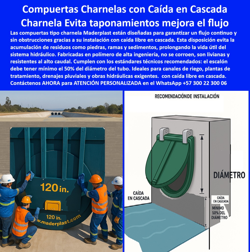 Instalación De Compuerta Tipo Charnela Manual Instalar Charnela Maderplast 0 La imagen muestra el proceso técnico y operativo de instalación de una compuerta tipo charnela con caída libre hidráulica, específicamente una charnela-120-pulgadas fabricada por Maderplast, diseñada para canalizar grandes caudales sin obstrucciones. Esta compuerta plástica de 120 pulgadas ha sido instalada sobre un canal-hidráulico-con-compuerta, acompañada de un equipo técnico especializado que realiza la maniobra según las recomendaciones exactas del fabricante. - La clave de su eficiencia está en el concepto de caída-en-cascada-válvula, un diseño que permite dejar un escalón mínimo del 50% del diámetro del tubo para crear un vacío hidráulico que mejora el flujo, evita acumulación de sedimentos, ramas o piedras, y reduce de forma efectiva el riesgo de taponamientos. Este tipo de sistema-anti taponamiento-canal se vuelve indispensable para canales agrícolas, plantas de tratamiento, drenajes pluviales y obras hidráulicas de gran volumen donde el mantenimiento constante es inviable o costoso. - Cada compuerta tipo charnela con caída libre está elaborada en tapa-plástica-gran-formato, utilizando polímero técnico anticorrosivo, lo que la hace resistente a rayos UV, químicos, presión, abrasión y exposición constante a agua contaminada. El funcionamiento es totalmente pasivo: sin energía, sin piezas metálicas, sin riesgo de óxido ni fallos mecánicos. Esta tecnología permite un sistema de control por caída libre canal, aplicando la válvula-hidráulica-canal como solución ecológica y robusta de cierre por gravedad. - El sistema-de-cierre-por-caída ha demostrado su rendimiento técnico en entornos exigentes. La válvula antirretorno con caída en canal prolonga la vida útil de toda la red hidráulica, pues funciona como una válvula de control anti taponamiento canal. Su instalación práctica, basada en un esquema técnico de válvula con caída de 50% del tubo, la convierte en la opción ideal para quienes buscan eficiencia, sostenibilidad y control del flujo sin depender de operadores, mantenimiento intensivo ni electricidad. - ¿Qué compuerta evita taponamientos en canales? ¿Qué sistema mejora el flujo sin energía? ¿Cómo se instala una válvula en la cascada? La respuesta es una: la compuerta-con-caída-libre tipo clapeta industrial antisedimento de Maderplast. Su diseño técnico de caída libre en cascada ha sido probado y validado en infraestructura hidráulica nacional, desde ríos canalizados hasta canal de concreto con sistema hidráulico pasivo. - ¿Está diseñando un canal, planta o sistema de descarga y necesita garantizar flujo sin mantenimiento y sin taponamientos? Llámenos ahora al WhatsApp +57 300 22 300 06 y reciba asesoría técnica experta de nuestro equipo de ingeniería. Le ayudaremos a elegir la válvula ideal para su obra hidráulica, con soluciones listas, de alto desempeño y entrega inmediata. ¡Confía en quien tiene más de 25 años protegiendo canales a gran escala sin fallas! Instale la compuerta dejando una caída libre tipo cascada a la salida, - El escalón debe tener mínimo el 50% del diámetro del tubo. Charnela Manual 0 Instalación De Compuerta Tipo Charnela Manual Instalar Charnela Maderplast 0 Instale la compuerta dejando una caída libre tipo cascada a la salida El escalón debe tener mínimo el 50 del diámetro del tubo. Charnela Manual 01 La imagen muestra el proceso técnico y operativo de instalación de una compuerta tipo charnela con caída libre hidráulica, específicamente una charnela-120-pulgadas fabricada por Maderplast, diseñada para canalizar grandes caudales sin obstrucciones. Esta compuerta plástica de 120 pulgadas ha sido instalada sobre un canal-hidráulico-con-compuerta, acompañada de un equipo técnico especializado que realiza la maniobra según las recomendaciones exactas del fabricante. - La clave de su eficiencia está en el concepto de caída-en-cascada-válvula, un diseño que permite dejar un escalón mínimo del 50% del diámetro del tubo para crear un vacío hidráulico que mejora el flujo, evita acumulación de sedimentos, ramas o piedras, y reduce de forma efectiva el riesgo de taponamientos. Este tipo de sistema-anti taponamiento-canal se vuelve indispensable para canales agrícolas, plantas de tratamiento, drenajes pluviales y obras hidráulicas de gran volumen donde el mantenimiento constante es inviable o costoso. - Cada compuerta tipo charnela con caída libre está elaborada en tapa-plástica-gran-formato, utilizando polímero técnico anticorrosivo, lo que la hace resistente a rayos UV, químicos, presión, abrasión y exposición constante a agua contaminada. El funcionamiento es totalmente pasivo: sin energía, sin piezas metálicas, sin riesgo de óxido ni fallos mecánicos. Esta tecnología permite un sistema de control por caída libre canal, aplicando la válvula-hidráulica-canal como solución ecológica y robusta de cierre por gravedad. - El sistema-de-cierre-por-caída ha demostrado su rendimiento técnico en entornos exigentes. La válvula antirretorno con caída en canal prolonga la vida útil de toda la red hidráulica, pues funciona como una válvula de control anti taponamiento canal. Su instalación práctica, basada en un esquema técnico de válvula con caída de 50% del tubo, la convierte en la opción ideal para quienes buscan eficiencia, sostenibilidad y control del flujo sin depender de operadores, mantenimiento intensivo ni electricidad. - ¿Qué compuerta evita taponamientos en canales? ¿Qué sistema mejora el flujo sin energía? ¿Cómo se instala una válvula en la cascada? La respuesta es una: la compuerta-con-caída-libre tipo clapeta industrial antisedimento de Maderplast. Su diseño técnico de caída libre en cascada ha sido probado y validado en infraestructura hidráulica nacional, desde ríos canalizados hasta canal de concreto con sistema hidráulico pasivo. - ¿Está diseñando un canal, planta o sistema de descarga y necesita garantizar flujo sin mantenimiento y sin taponamientos? Llámenos ahora al WhatsApp +57 300 22 300 06 y reciba asesoría técnica experta de nuestro equipo de ingeniería. Le ayudaremos a elegir la válvula ideal para su obra hidráulica, con soluciones listas, de alto desempeño y entrega inmediata. ¡Confía en quien tiene más de 25 años protegiendo canales a gran escala sin fallas! Instalación De Compuerta Tipo Charnela Manual Instalar Charnela Maderplast 0 Instale la compuerta dejando una caída libre tipo cascada a la salida, - El escalón debe tener mínimo el 50% del diámetro del tubo. Charnela Manual 0