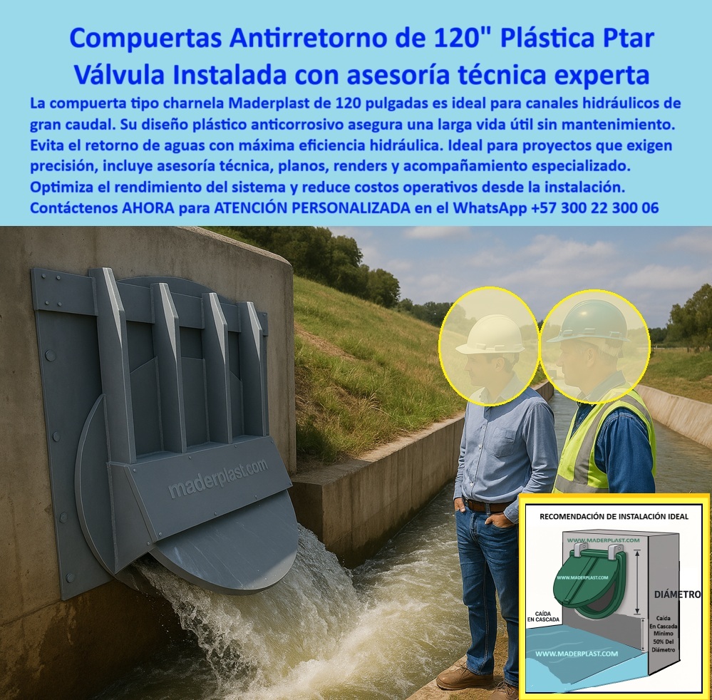 Supervisión Técnica de Válvulas Charnelas Instaladas Canales Hidráulicos Maderplast 0 La imagen muestra una compuerta tipo charnela sin mantenimiento de 120 pulgadas, fabricada por Maderplast e instalada sobre un canal de concreto de gran caudal, operando por presión hidráulica y gravedad. Esta compuerta antirretorno plástica 120 pulgadas funciona como una válvula hidráulica para proyectos especiales, específicamente diseñada para evitar el reflujo de agua en planta de tratamiento PTAR, canales de saneamiento, obras industriales y sistemas de canalización de aguas residuales de alto volumen. Su estructura robusta y diseño reforzado permiten una operación confiable sin energía, sin presión mecánica y sin requerir mantenimiento, lo que responde eficientemente a la necesidad de sistema plástico de cierre en canal abierto. - Esta compuerta tipo clapeta para canal está instalada directamente en un muro de concreto, con caída posterior optimizada según recomendación técnica incluida, lo que asegura un sellado eficaz ante flujos inversos. El material plástico anticorrosivo con el que ha sido construida esta válvula hidráulica plástica reforzada resiste químicos agresivos, agua permanente y condiciones extremas, convirtiéndose en una solución plástica para obras de saneamiento que supera en desempeño a compuertas metálicas tradicionales. - En la imagen se aprecia la supervisión técnica en compuerta hidráulica en operación, donde dos profesionales inspeccionan el sistema instalado. Esta escena evidencia el valor añadido que ofrece Maderplast al incluir planos, renders, dibujos, asesoría personalizada y acompañamiento profesional como parte del servicio. Esta válvula-con-asesoría forma parte de un sistema de control de retorno para PTAR, donde la ingeniería de detalle y la charnela para proyecto PTAR garantizan eficiencia desde la fase de diseño hasta la instalación final. - El conjunto actúa como compuerta automática por presión hidráulica, permitiendo un cierre inmediato ante caudales en reversa sin riesgo de colapso estructural. Su capacidad de respuesta y resistencia hacen que esta válvula técnica con respaldo profesional sea clave para quienes requieren precisión absoluta en canalización-de-aguas, optimización de infraestructura, reducción de costos operativos y seguridad hidráulica en sistemas críticos. - Esta solución responde perfectamente a las preguntas frecuentes de los ingenieros de campo y diseñadores hidráulicos como ¿Dónde venden compuerta plástica sin mantenimiento?, ¿Cuál compuerta evita retorno en proyecto PTAR?, ¿Qué válvula viene con planos y asesoría?, o ¿Dónde consigo compuerta hidráulica de 120 pulgadas?. La respuesta siempre es la compuerta antirretorno gigante para planta de tratamiento de Maderplast, que no solo cumple con estándares técnicos exigentes, sino que eleva la eficiencia del sistema hídrico gracias a su innovación, tamaño, resistencia y simplicidad operativa. - Instalada correctamente bajo asesoría directa, esta compuerta plástica instalada en concreto mejora el rendimiento hidráulico de forma comprobada. Su diseño funcional permite trabajar como válvula con caída hidráulica optimizada, ideal para quienes buscan una compuerta para canalización de aguas residuales que opere en condiciones de gran caudal, sin depender de sistemas mecánicos complejos. Así, está charnela plástica para planta de tratamiento asegura el éxito en obras hidráulicas de gran escala, aportando tecnología, durabilidad y acompañamiento técnico desde el primer paso. - Para adquirir esta válvula de cierre sin energía para canal, o conocer más sobre su instalación, función o integración en obras civiles, contáctanos ahora por WhatsApp +57 300 22 300 06, donde recibirás ATENCIÓN PERSONALIZADA y soporte técnico para garantizar que tu válvula-con-asesoría y renders técnicos sea instalada con total precisión y respaldo profesional. compuertas anti retorno plástico Asesoria planos render dibujos fotos, - compuerta de 120 pulgadas, - válvulas de canalización Proyecto ptar Supervisión Técnica de Válvulas Charnelas Instaladas Canales Hidráulicos Maderplast 0 compuertas anti retorno plástico Asesoria planos render dibujos fotos compuerta de 120 pulgadas válvulas de canalización Proyecto ptar 01 La imagen muestra una compuerta tipo charnela sin mantenimiento de 120 pulgadas, fabricada por Maderplast e instalada sobre un canal de concreto de gran caudal, operando por presión hidráulica y gravedad. Esta compuerta antirretorno plástica 120 pulgadas funciona como una válvula hidráulica para proyectos especiales, específicamente diseñada para evitar el reflujo de agua en planta de tratamiento PTAR, canales de saneamiento, obras industriales y sistemas de canalización de aguas residuales de alto volumen. Su estructura robusta y diseño reforzado permiten una operación confiable sin energía, sin presión mecánica y sin requerir mantenimiento, lo que responde eficientemente a la necesidad de sistema plástico de cierre en canal abierto. - Esta compuerta tipo clapeta para canal está instalada directamente en un muro de concreto, con caída posterior optimizada según recomendación técnica incluida, lo que asegura un sellado eficaz ante flujos inversos. El material plástico anticorrosivo con el que ha sido construida esta válvula hidráulica plástica reforzada resiste químicos agresivos, agua permanente y condiciones extremas, convirtiéndose en una solución plástica para obras de saneamiento que supera en desempeño a compuertas metálicas tradicionales. - En la imagen se aprecia la supervisión técnica en compuerta hidráulica en operación, donde dos profesionales inspeccionan el sistema instalado. Esta escena evidencia el valor añadido que ofrece Maderplast al incluir planos, renders, dibujos, asesoría personalizada y acompañamiento profesional como parte del servicio. Esta válvula-con-asesoría forma parte de un sistema de control de retorno para PTAR, donde la ingeniería de detalle y la charnela para proyecto PTAR garantizan eficiencia desde la fase de diseño hasta la instalación final. - El conjunto actúa como compuerta automática por presión hidráulica, permitiendo un cierre inmediato ante caudales en reversa sin riesgo de colapso estructural. Su capacidad de respuesta y resistencia hacen que esta válvula técnica con respaldo profesional sea clave para quienes requieren precisión absoluta en canalización-de-aguas, optimización de infraestructura, reducción de costos operativos y seguridad hidráulica en sistemas críticos. - Esta solución responde perfectamente a las preguntas frecuentes de los ingenieros de campo y diseñadores hidráulicos como ¿Dónde venden compuerta plástica sin mantenimiento?, ¿Cuál compuerta evita retorno en proyecto PTAR?, ¿Qué válvula viene con planos y asesoría?, o ¿Dónde consigo compuerta hidráulica de 120 pulgadas?. La respuesta siempre es la compuerta antirretorno gigante para planta de tratamiento de Maderplast, que no solo cumple con estándares técnicos exigentes, sino que eleva la eficiencia del sistema hídrico gracias a su innovación, tamaño, resistencia y simplicidad operativa. - Instalada correctamente bajo asesoría directa, esta compuerta plástica instalada en concreto mejora el rendimiento hidráulico de forma comprobada. Su diseño funcional permite trabajar como válvula con caída hidráulica optimizada, ideal para quienes buscan una compuerta para canalización de aguas residuales que opere en condiciones de gran caudal, sin depender de sistemas mecánicos complejos. Así, está charnela plástica para planta de tratamiento asegura el éxito en obras hidráulicas de gran escala, aportando tecnología, durabilidad y acompañamiento técnico desde el primer paso. - Para adquirir esta válvula de cierre sin energía para canal, o conocer más sobre su instalación, función o integración en obras civiles, contáctanos ahora por WhatsApp +57 300 22 300 06, donde recibirás ATENCIÓN PERSONALIZADA y soporte técnico para garantizar que tu válvula-con-asesoría y renders técnicos sea instalada con total precisión y respaldo profesional. Supervisión Técnica de Válvulas Charnelas Instaladas Canales Hidráulicos Maderplast 0 compuertas anti retorno plástico Asesoria planos render dibujos fotos, - compuerta de 120 pulgadas, - válvulas de canalización Proyecto ptar