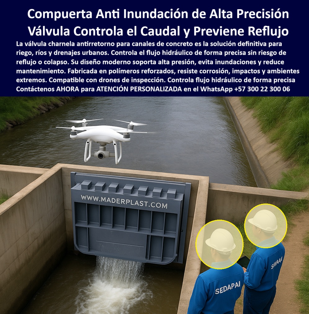 Válvulas Y Control Hidráulico Canales De Riego Compuertas Charnelas Maderplast 0 Compuerta Anti Inundación de Alta Precisión Maderplast – Válvula que Controla el Caudal y Previene el Reflujo sin Energía, - La imagen evidencia una aplicación real de la tecnología Maderplast en un canal de concreto donde ha sido instalada una compuerta hidráulica plástica tipo charnela, diseñada para actuar como válvula antirretorno para canales de riego, ríos o drenajes urbanos. Esta válvula de caudal para canal concreto, fabricada en polímero técnico reforzado, tiene un diseño moderno y resistente que la posiciona como una de las soluciones más efectivas para el control fluvial preventivo sin energía ni mantenimiento. - Se observa el funcionamiento preciso de una válvula abatible para controlar flujo en obras civiles capaz de operar por presión hidráulica sin intervención eléctrica ni mecanismos móviles metálicos. Su superficie gris de alta densidad con estructura nervada garantiza la resistencia estructural contra flujos intensos, sedimentos y cambios bruscos de presión, propios de sistemas de drenaje urbano o agrícola. Su diseño compacto y su apertura unidireccional automática convierten a esta válvula hidráulica plástica antirretorno en una solución definitiva para evitar inundaciones, colapsos o retrocesos de agua que comprometan infraestructuras hidráulicas críticas. - En la parte superior, se aprecia un dron en vuelo, demostrando la compatibilidad de estas válvulas con monitoreo con dron y tecnología de inspección aérea. Esta integración técnica permite a los operadores municipales, ingenieros civiles y contratistas hacer seguimientos eficientes a distancia en obras rurales, canales remotos o zonas de difícil acceso. Junto al canal, dos ingenieros con cascos supervisan la operación fluida de la compuerta, destacando el control visual del sistema hidráulico inteligente para drenaje sin contacto físico con la válvula. Esta característica es clave en sistemas modernos de gestión del recurso hídrico urbano y agrícola, donde la eficiencia, la seguridad y la sostenibilidad son prioritarias. - El sistema está diseñado para responder automáticamente a variaciones de caudal, permitiendo el paso del agua con flujo unidireccional y sellando cuando se detecta presión inversa. Esta compuerta de flujo hidráulico con estructura reforzada soporta caudales altos sin fugas, sin taponamientos y sin intervención humana. Es ideal para obras rurales o urbanas que requieran una solución robusta, confiable y sin consumo de energía. Al estar fabricada con materiales poliméricos resistentes a rayos UV, productos químicos, humedad constante y sedimentos, esta compuerta está preparada para operar en ambientes extremos sin oxidación ni deformación estructural. - Maderplast, con más de 25 años de experiencia en soluciones anti inundación para canales de concreto, ha desarrollado esta tecnología como una alternativa superior a las compuertas metálicas convencionales. La durabilidad, la resistencia mecánica y la ausencia de mantenimiento convierten a esta charnela técnica plástica monitoreada con dron en una inversión segura para municipios, distritos de riego, sistemas de alcantarillado o vertederos hidráulicos. Además, su integración con planes de protección hídrica urbana o rural, la hace compatible con proyectos PTAR, sistemas de control ambiental y programas de gestión de riesgo hídrico en zonas de alto caudal. - Esta válvula plástica moderna en canal de riego con flujo es parte de una línea completa de compuertas y válvulas Maderplast que incluyen versiones abatibles, tipo check, circulares, cuadradas, ovaladas y especiales, todas diseñadas con el mismo principio técnico: cero energía, cero óxido, cero fallos. - ¿Estás buscando una compuerta automática anti inundación para zonas rurales que se adapte a condiciones reales, que resista presión fluvial, que sea compatible con drones y que funcione sin mantenimiento? ¿Te interesa una solución de alta precisión y máxima eficiencia para el control de ríos, canales de riego o drenajes agrícolas o urbanos?, - Contáctenos AHORA para ATENCIÓN PERSONALIZADA en el WhatsApp +57 300 22 300 06 y reciba asesoría profesional directa del equipo de ingeniería Maderplast. Le ayudamos a seleccionar, dimensionar e instalar la válvula ideal para su proyecto de canalización de agua, con el respaldo de miles de instalaciones exitosas en Colombia y América Latina. Evite inundaciones, proteja su infraestructura, invierta en tecnología hidráulica de última generación. charnela canal concreto válvula hidráulica antirretorno válvula charnela moderna válvula abatible ríos soluciones anti inundación Ptar 01 Válvulas Y Control Hidráulico Canales De Riego Compuertas Charnelas Maderplast 0 charnela canal concreto válvula hidráulica antirretorno válvula charnela moderna válvula abatible ríos soluciones anti inundación Ptar 01 Compuerta Anti Inundación de Alta Precisión Maderplast – Válvula que Controla el Caudal y Previene el Reflujo sin Energía, - La imagen evidencia una aplicación real de la tecnología Maderplast en un canal de concreto donde ha sido instalada una compuerta hidráulica plástica tipo charnela, diseñada para actuar como válvula antirretorno para canales de riego, ríos o drenajes urbanos. Esta válvula de caudal para canal concreto, fabricada en polímero técnico reforzado, tiene un diseño moderno y resistente que la posiciona como una de las soluciones más efectivas para el control fluvial preventivo sin energía ni mantenimiento. - Se observa el funcionamiento preciso de una válvula abatible para controlar flujo en obras civiles capaz de operar por presión hidráulica sin intervención eléctrica ni mecanismos móviles metálicos. Su superficie gris de alta densidad con estructura nervada garantiza la resistencia estructural contra flujos intensos, sedimentos y cambios bruscos de presión, propios de sistemas de drenaje urbano o agrícola. Su diseño compacto y su apertura unidireccional automática convierten a esta válvula hidráulica plástica antirretorno en una solución definitiva para evitar inundaciones, colapsos o retrocesos de agua que comprometan infraestructuras hidráulicas críticas. - En la parte superior, se aprecia un dron en vuelo, demostrando la compatibilidad de estas válvulas con monitoreo con dron y tecnología de inspección aérea. Esta integración técnica permite a los operadores municipales, ingenieros civiles y contratistas hacer seguimientos eficientes a distancia en obras rurales, canales remotos o zonas de difícil acceso. Junto al canal, dos ingenieros con cascos supervisan la operación fluida de la compuerta, destacando el control visual del sistema hidráulico inteligente para drenaje sin contacto físico con la válvula. Esta característica es clave en sistemas modernos de gestión del recurso hídrico urbano y agrícola, donde la eficiencia, la seguridad y la sostenibilidad son prioritarias. - El sistema está diseñado para responder automáticamente a variaciones de caudal, permitiendo el paso del agua con flujo unidireccional y sellando cuando se detecta presión inversa. Esta compuerta de flujo hidráulico con estructura reforzada soporta caudales altos sin fugas, sin taponamientos y sin intervención humana. Es ideal para obras rurales o urbanas que requieran una solución robusta, confiable y sin consumo de energía. Al estar fabricada con materiales poliméricos resistentes a rayos UV, productos químicos, humedad constante y sedimentos, esta compuerta está preparada para operar en ambientes extremos sin oxidación ni deformación estructural. - Maderplast, con más de 25 años de experiencia en soluciones anti inundación para canales de concreto, ha desarrollado esta tecnología como una alternativa superior a las compuertas metálicas convencionales. La durabilidad, la resistencia mecánica y la ausencia de mantenimiento convierten a esta charnela técnica plástica monitoreada con dron en una inversión segura para municipios, distritos de riego, sistemas de alcantarillado o vertederos hidráulicos. Además, su integración con planes de protección hídrica urbana o rural, la hace compatible con proyectos PTAR, sistemas de control ambiental y programas de gestión de riesgo hídrico en zonas de alto caudal. - Esta válvula plástica moderna en canal de riego con flujo es parte de una línea completa de compuertas y válvulas Maderplast que incluyen versiones abatibles, tipo check, circulares, cuadradas, ovaladas y especiales, todas diseñadas con el mismo principio técnico: cero energía, cero óxido, cero fallos. - ¿Estás buscando una compuerta automática anti inundación para zonas rurales que se adapte a condiciones reales, que resista presión fluvial, que sea compatible con drones y que funcione sin mantenimiento? ¿Te interesa una solución de alta precisión y máxima eficiencia para el control de ríos, canales de riego o drenajes agrícolas o urbanos?, - Contáctenos AHORA para ATENCIÓN PERSONALIZADA en el WhatsApp +57 300 22 300 06 y reciba asesoría profesional directa del equipo de ingeniería Maderplast. Le ayudamos a seleccionar, dimensionar e instalar la válvula ideal para su proyecto de canalización de agua, con el respaldo de miles de instalaciones exitosas en Colombia y América Latina. Evite inundaciones, proteja su infraestructura, invierta en tecnología hidráulica de última generación. Válvulas Y Control Hidráulico Canales De Riego Compuertas Charnelas Maderplast 0 charnela canal concreto válvula hidráulica antirretorno válvula charnela moderna válvula abatible ríos soluciones anti inundación Ptar 01