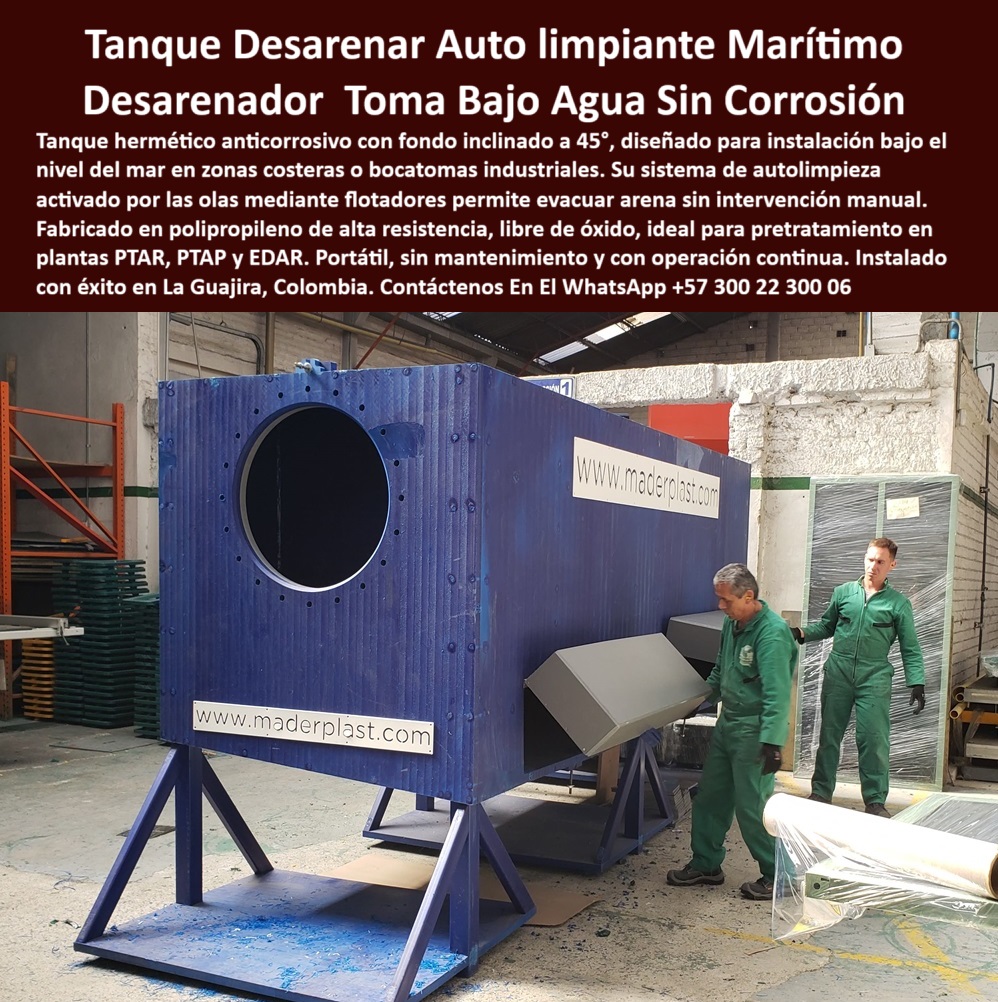 Tanque Caja Hermética Anticorrosiva Ptar Ptap Edar Desarenador Bocatoma Maderplast sistema de evacuación de arenas para bocatomas, - sistemas-de-filtración-primaria, - estructuras-para-captaciones-costeras, - equipo industrial de desarenado sin mantenimiento, - sistema de desarenado autónomo para captación de agua, - desarenadores-para-bocatomas, - desarenador sumergible en polipropileno reforzado, - soluciones de filtración primaria bajo nivel del mar, - solución de captación para PTAR y PTAP, - ¿Qué tanque anticorrosivo sirve para bocatomas de agua?, - equipos de captación para PTAR y PTAP, - tanque estructural de polipropileno para procesos industriales, - desarenador de fondo inclinado para captaciones industriales, - estructuras herméticas sumergidas para obras hidráulicas, - sistema de desarenado para bocatomas costeras, - Tanque desarenador portátil para bocatomas industriales, - tanque anticorrosivo de autolimpieza para plantas EDAR, - sistemas automáticos de limpieza en bocatomas de agua, - Solución de pretratamiento de agua con tanque anticorrosivo, - tanque de captación para aguas crudas, - tanque resistente para zonas marinas, - solución de desarenado sin mantenimiento para bocatomas, - tanque hermético anticorrosivo azul, - estructura plástica para pretratamiento hidráulico, - tanque de desarenado anticorrosivo con fondo inclinado, - sistemas plásticos de pretratamiento hidráulico costero, - tanque para toma de agua en ambientes salinos, - tanque de captación resistente a ambiente marino, - sistemas-de-pretratamiento-industrial, - ¿Cuál tanque hermético resiste ambientes marinos sin oxidarse?, - soluciones-anticorrosivas-para-ptar, - estructuras de polipropileno resistentes a olas y corrosión, - tanque desarenador anticorrosivo para bocatomas industriales, - estructura de polipropileno anticorrosiva para bocatomas, - soluciones-plásticas-para-aguas-industriales, - Tanque hermético para procesos de pretratamiento en PTAR, - desarenador portátil auto limpiante, - ¿Dónde encuentro desarenadores sin mantenimiento para bocatomas?, - tanque hermético anticorrosivo para pretratamiento de agua, - Descripción Optimizada de la Imagen: La imagen presenta un tanque desarenador anticorrosivo de gran formato, diseñado para operar bajo nivel del mar o en bocatomas industriales en zonas costeras. Construido en polipropileno técnico de alta resistencia, su estructura hermética permite soportar ambientes salinos, olas, arena y químicos sin oxidarse, agrietarse o requerir mantenimiento. Con fondo inclinado a 45 grados y sistema de autolimpieza activado por las olas, permite evacuar arena de forma continua sin intervención manual, ideal para pretratamientos de agua en plantas PTAR, PTAP y EDAR. Maderplast proporciona esta innovadora solución estructural, asegurando máxima durabilidad, operación eficiente y facilidad de instalación incluso en obras costeras o industriales exigentes. Gracias a su ingeniería avanzada, el tanque desarenador de Maderplast optimiza la captación de agua cruda, protege los sistemas de bombeo, y reduce drásticamente los costos operativos, - tanque-desarenador-anticorrosivo, - Desarenador automático de polipropileno para captación costera, - desarenador auto limpiante para bocatomas costeras, - ¿Qué estructura usar para captación de agua en zonas costeras ?, explicación detallada, estructura de polipropileno reforzado industrial, - Sistemas de limpieza de arena para bocatomas sin intervención manual, - ¿Dónde venden desarenadores automáticos para PTAR ?, asesoría para compra técnica, sistemas plásticos para pretratamiento de agua cruda, - tanque-anticorrosivo-para-ptap, - soluciones de captación segura bajo nivel del mar, - tanque portátil de polipropileno para zonas costeras, - desarenador automático para plantas PTAR y PTAP, - tanque de pretratamiento para agua marina o industrial, - desarenadores-auto-limpiantes, - sistema de autolimpieza para bocatomas, - tanque-de-polipropileno-industrial0 Qué tanque usar para una PTAR removible sin corrosión, - Tanque en polipropileno industrial, hermético, anticorrosivo, usado etapas iniciales Ptap Tanque Caja Hermética Anticorrosiva Ptar Ptap Edar Desarenador Bocatoma Maderplast 0 Qué tanque usar para una PTAR removible sin corrosión Tanque en polipropileno industrial hermético anticorrosivo usado etapas iniciales Ptap sistema de evacuación de arenas para bocatomas, - sistemas-de-filtración-primaria, - estructuras-para-captaciones-costeras, - equipo industrial de desarenado sin mantenimiento, - sistema de desarenado autónomo para captación de agua, - desarenadores-para-bocatomas, - desarenador sumergible en polipropileno reforzado, - soluciones de filtración primaria bajo nivel del mar, - solución de captación para PTAR y PTAP, - ¿Qué tanque anticorrosivo sirve para bocatomas de agua?, - equipos de captación para PTAR y PTAP, - tanque estructural de polipropileno para procesos industriales, - desarenador de fondo inclinado para captaciones industriales, - estructuras herméticas sumergidas para obras hidráulicas, - sistema de desarenado para bocatomas costeras, - Tanque desarenador portátil para bocatomas industriales, - tanque anticorrosivo de autolimpieza para plantas EDAR, - sistemas automáticos de limpieza en bocatomas de agua, - Solución de pretratamiento de agua con tanque anticorrosivo, - tanque de captación para aguas crudas, - tanque resistente para zonas marinas, - solución de desarenado sin mantenimiento para bocatomas, - tanque hermético anticorrosivo azul, - estructura plástica para pretratamiento hidráulico, - tanque de desarenado anticorrosivo con fondo inclinado, - sistemas plásticos de pretratamiento hidráulico costero, - tanque para toma de agua en ambientes salinos, - tanque de captación resistente a ambiente marino, - sistemas-de-pretratamiento-industrial, - ¿Cuál tanque hermético resiste ambientes marinos sin oxidarse?, - soluciones-anticorrosivas-para-ptar, - estructuras de polipropileno resistentes a olas y corrosión, - tanque desarenador anticorrosivo para bocatomas industriales, - estructura de polipropileno anticorrosiva para bocatomas, - soluciones-plásticas-para-aguas-industriales, - Tanque hermético para procesos de pretratamiento en PTAR, - desarenador portátil auto limpiante, - ¿Dónde encuentro desarenadores sin mantenimiento para bocatomas?, - tanque hermético anticorrosivo para pretratamiento de agua, - Descripción Optimizada de la Imagen: La imagen presenta un tanque desarenador anticorrosivo de gran formato, diseñado para operar bajo nivel del mar o en bocatomas industriales en zonas costeras. Construido en polipropileno técnico de alta resistencia, su estructura hermética permite soportar ambientes salinos, olas, arena y químicos sin oxidarse, agrietarse o requerir mantenimiento. Con fondo inclinado a 45 grados y sistema de autolimpieza activado por las olas, permite evacuar arena de forma continua sin intervención manual, ideal para pretratamientos de agua en plantas PTAR, PTAP y EDAR. Maderplast proporciona esta innovadora solución estructural, asegurando máxima durabilidad, operación eficiente y facilidad de instalación incluso en obras costeras o industriales exigentes. Gracias a su ingeniería avanzada, el tanque desarenador de Maderplast optimiza la captación de agua cruda, protege los sistemas de bombeo, y reduce drásticamente los costos operativos, - tanque-desarenador-anticorrosivo, - Desarenador automático de polipropileno para captación costera, - desarenador auto limpiante para bocatomas costeras, - ¿Qué estructura usar para captación de agua en zonas costeras ?, explicación detallada, estructura de polipropileno reforzado industrial, - Sistemas de limpieza de arena para bocatomas sin intervención manual, - ¿Dónde venden desarenadores automáticos para PTAR ?, asesoría para compra técnica, sistemas plásticos para pretratamiento de agua cruda, - tanque-anticorrosivo-para-ptap, - soluciones de captación segura bajo nivel del mar, - tanque portátil de polipropileno para zonas costeras, - desarenador automático para plantas PTAR y PTAP, - tanque de pretratamiento para agua marina o industrial, - desarenadores-auto-limpiantes, - sistema de autolimpieza para bocatomas, - tanque-de-polipropileno-industrial 0 Tanque Caja Hermética Anticorrosiva Ptar Ptap Edar Desarenador Bocatoma Maderplast 0 Qué tanque usar para una PTAR removible sin corrosión, - Tanque en polipropileno industrial, hermético, anticorrosivo, usado etapas iniciales Ptap