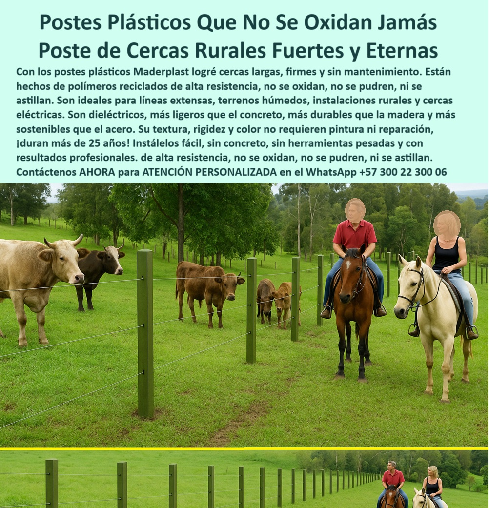 Cercados Con Alambre De Púas Postes Plásticos Púas Alambre Eléctrico Maderplast 0 cómo colocar postes en líneas largas estructuras de cerca con polímeros reciclados instalación de cercas económicas en fincas rectificar tensión 0 poste de polímero reciclado para cercas, - poste para alambre de púas sin aislador, - poste sin pintura ni aisladores para ganado, - poste-para-cercas-en-praderas, - Estructura de cerca segura para animales y jinetes, - poste sin pintura ni soldadura, - ¿Cuál es el mejor poste sin mantenimiento?, - ¿Postes para alambre de púas económicos?, - Postes verdes alineados en finca con vacas y jinetes, - poste-plástico-para-cerca-rural-sin-mantenimiento.jpg, - poste para líneas rectas de potrero, - poste para uso rudo en campo abierto, - poste dieléctrico para cerca eléctrica, - poste para largo alcance sin concreto, - poste-plástico-para-cercas, - poste-rígido-y-liviano, - poste-de-larga-duración, - poste sin óxido para zonas rurales, - poste ecológico para cercas eléctricas rurales, - poste de alto impacto visual en finca, - Ganado pastando junto a cerca limpia sin aisladores, - poste para cerca en pastos húmedos, - poste fácil de instalar para ganadería, - poste de larga duración rural, - ¿Qué poste usar para fincas húmedas?, - poste firme para terrenos blandos, - Línea de cerca sin fallos con postes plásticos verdes, - poste seguro para cercas de ganado, - poste-reciclado-rural, - poste-sin-mantenimiento, - La foto muestra una imagen real de una cerca rural instalada con postes plásticos en una finca ganadera, donde se observan caballos montados y ganado pastando en armonía. Los postes, alineados con precisión sobre un terreno verde y húmedo, se mantienen firmes sin necesidad de pintura, concreto ni aisladores. Fabricados con polímeros reciclados de alta ingeniería, ofrecen una solución limpia, estética y segura. Su color verde integral se fusiona con el paisaje, mientras que su rigidez y memoria estructural permiten una tensión constante en el alambre. Esta instalación demuestra cómo el campo puede tecnificarse sin sacrificar lo natural. Maderplast ha creado estos postes para durar más de 25 años sin oxido ni fracturas. Su instalación es fácil y sin herramientas pesadas. Usar postes Maderplast es una inversión ganadera que se ve y se siente desde la entrada del predio. Ideal para fincas modernas que buscan eficiencia sostenible., - poste estructural liviano para campo, - poste-contra-óxido-y-humedad, - ¿Qué cerca usar para ganado y caballos?, - poste ecológico sin mantenimiento para finca, - poste verde para praderas y fincas, - Cercado ecológico funcional y duradero en finca rural, - poste resistente al sol y la lluvia, - poste que no se astilla ni se pudre, - poste resistente a rayos UV y jalones, - poste económico y de alto rendimiento, - instalación de cercas largas con postes verdes, - ¿Cómo cercar con postes reciclados?, - Postes sin pintura en cerca rural de gran extensión, - poste-dieléctrico-sin-aislador, - poste-para-caballos-y-vacas, - Postes rectos sobre pasto verde intenso sin concreto, - poste para caballerizas y potreros, - cercado de finca con poste reciclado duradero, - poste-para-cercas-económicas, - Caballos y ganado junto a cerca verde con postes plásticos, - Cerca ganadera firme en campo húmedo con postes reciclados, - Postes rurales resistentes con mínimo impacto visual, - poste de ganadería regenerativa sostenible, - poste para dividir fincas en terrenos inclinados, - poste para dividir terrenos agrícolas, - poste plástico para cerca rural duradera