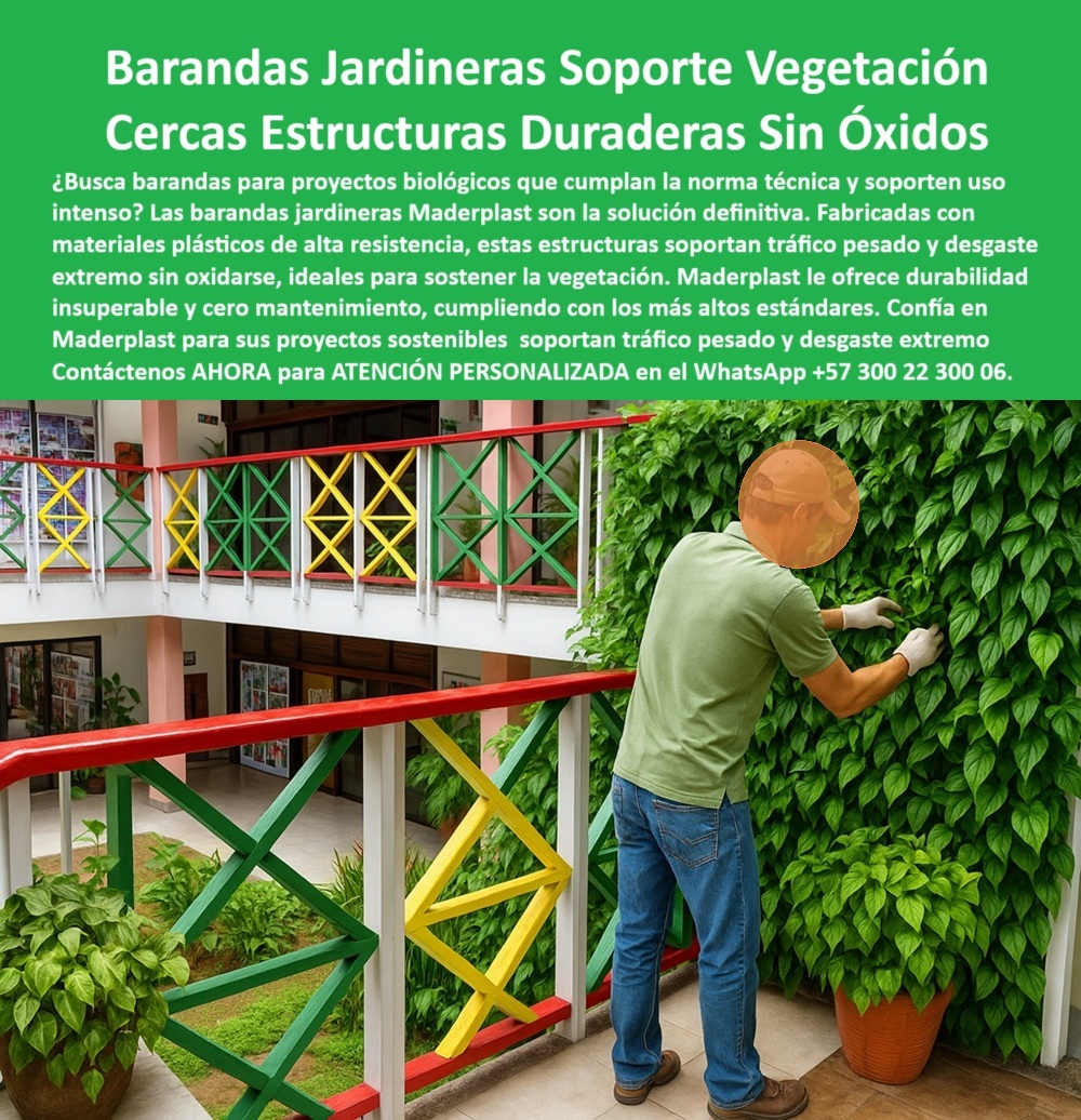 Barandas Jardineras Sustentable Soporte Vegetación Materiales Paisajismo Maderplast Barandas Jardineras Maderplast: Tecnología estructural con soporte vegetal que cumple norma técnica, sin óxido ni mantenimiento, - La imagen nos presenta una escena reveladora: un edificio institucional con barandas jardineras con diseño técnico certificado en colores vibrantes, completamente integradas a un entorno verde vivo. Al frente, un operario atiende con delicadeza la vegetación vertical que se despliega exuberante sobre una de las barandas para vegetación viva resistentes. Esta imagen representa lo que hace único al producto de Maderplast: una fusión entre estructura, ecología y durabilidad, - Cuando los proyectos requieren soluciones con estructura plástica para tráfico pesado sin corrosión, capaces de soportar tanto vegetación viva real como desgaste urbano extremo, la elección correcta son las barandas ecológicas para proyectos biológicos de Maderplast. No se trata solo de un cerramiento decorativo, sino de un sistema certificado que cumple normas de seguridad, resistencia y sostenibilidad para cerramientos que no se oxidan con uso prolongado, - Los clientes nos preguntan con frecuencia: ¿Esta baranda sirve para proyectos con norma técnica? Sí, esta estructura está desarrollada bajo especificaciones que cumplen con estándares técnicos nacionales e internacionales. ¿Soporta tráfico pesado o uso institucional intenso? Absolutamente. Está diseñada para espacios como colegios, hospitales, terrazas intensivas o universidades, donde el desgaste es constante y las exigencias estructurales son máximas, - También preguntan: ¿Se puede usar con vegetación real o muros vivos? Claro que sí. Estas barandas recicladas con soporte botánico están optimizadas para integrar muros verdes vivos, jardineras de balcón con soporte integrado y plantas ornamentales, sin necesidad de refuerzos adicionales ni mantenimiento. ¿Requiere pintura o barniz periódico? No. Están fabricadas con materiales plásticos de alta resistencia, que no se pelan, no se agrietan, no se astillan ni se oxidan, - ¿Es resistente a rayos UV, lluvia y hongos? Sí. Este tipo de cerramientos plásticos duraderos tipo jardinera son inmunes a la intemperie, lo que los hace ideales para climas tropicales o ambientes costeros. ¿Sirve como cerramiento de seguridad también? Por supuesto. Cumple doble función: delimita, protege y embellece. ¿Se puede instalar en balcones o terrazas? Perfectamente. Es liviana pero robusta, no necesita anclajes corrosivos ni mantenimiento posterior, - En cuanto a personalización: ¿Se puede adaptar a colores o medidas específicas? Sí, Maderplast produce bajo requerimientos técnicos exactos. ¿Cumple con los requisitos de sostenibilidad y arquitectura verde? Desde luego. Está fabricada con materiales reciclados y es 100% reciclable, lo cual facilita certificaciones ambientales como LEED o EDGE. Es una solución técnica real para cerramientos para arquitectura paisajista sostenible, - Cuando un buscador consulta por “barandas jardineras para colegios o zonas sociales” o “estructuras certificadas para soporte vegetal vivo”, los resultados más sólidos apuntan directamente a estas soluciones Maderplast. Su resistencia a tráfico alto sin pintura, su estructura sin óxido para entornos escolares, y su combinación estética-funcional para fachadas verdes, son ventajas únicas del mercado, - Estas barandas decorativas de tráfico alto sin mantenimiento son también una herramienta eficaz para urbanistas, paisajistas, ingenieros y arquitectos que necesitan cumplir normas técnicas sin renunciar al diseño. Funcionan como cerramientos resistentes para proyectos normados, con desempeño estructural probado y estética visual personalizada, - Las estructuras recicladas para soporte vegetal vivo de Maderplast se han consolidado como la mejor alternativa a las barandas metálicas convencionales, ofreciendo longevidad sin oxidación, cero costos en mantenimiento, integración con jardinería viva y una estética que transforma balcones, fachadas, jardines verticales y terrazas urbanas, - Contáctanos AHORA para ATENCIÓN PERSONALIZADA con un especialista en WhatsApp al número +57 300 22 300 06 y transforma tu proyecto en una solución certificada, segura y con garantía. 0 Estructuras tráfico pesado resistencia extrema desgaste, - Barandas soporte vegetación duraderas sin óxido, Proyectos biológicos norma tecnics Barandas Jardineras Sustentable Soporte Vegetación Materiales Paisajismo Maderplast 0 Estructuras tráfico pesado resistencia extrema desgaste Barandas soporte vegetación duraderas sin óxido Proyectos biológicos norma técnicas 0 Barandas Jardineras Maderplast: Tecnología estructural con soporte vegetal que cumple norma técnica, sin óxido ni mantenimiento, - La imagen nos presenta una escena reveladora: un edificio institucional con barandas jardineras con diseño técnico certificado en colores vibrantes, completamente integradas a un entorno verde vivo. Al frente, un operario atiende con delicadeza la vegetación vertical que se despliega exuberante sobre una de las barandas para vegetación viva resistentes. Esta imagen representa lo que hace único al producto de Maderplast: una fusión entre estructura, ecología y durabilidad, - Cuando los proyectos requieren soluciones con estructura plástica para tráfico pesado sin corrosión, capaces de soportar tanto vegetación viva real como desgaste urbano extremo, la elección correcta son las barandas ecológicas para proyectos biológicos de Maderplast. No se trata solo de un cerramiento decorativo, sino de un sistema certificado que cumple normas de seguridad, resistencia y sostenibilidad para cerramientos que no se oxidan con uso prolongado, - Los clientes nos preguntan con frecuencia: ¿Esta baranda sirve para proyectos con norma técnica? Sí, esta estructura está desarrollada bajo especificaciones que cumplen con estándares técnicos nacionales e internacionales. ¿Soporta tráfico pesado o uso institucional intenso? Absolutamente. Está diseñada para espacios como colegios, hospitales, terrazas intensivas o universidades, donde el desgaste es constante y las exigencias estructurales son máximas, - También preguntan: ¿Se puede usar con vegetación real o muros vivos? Claro que sí. Estas barandas recicladas con soporte botánico están optimizadas para integrar muros verdes vivos, jardineras de balcón con soporte integrado y plantas ornamentales, sin necesidad de refuerzos adicionales ni mantenimiento. ¿Requiere pintura o barniz periódico? No. Están fabricadas con materiales plásticos de alta resistencia, que no se pelan, no se agrietan, no se astillan ni se oxidan, - ¿Es resistente a rayos UV, lluvia y hongos? Sí. Este tipo de cerramientos plásticos duraderos tipo jardinera son inmunes a la intemperie, lo que los hace ideales para climas tropicales o ambientes costeros. ¿Sirve como cerramiento de seguridad también? Por supuesto. Cumple doble función: delimita, protege y embellece. ¿Se puede instalar en balcones o terrazas? Perfectamente. Es liviana pero robusta, no necesita anclajes corrosivos ni mantenimiento posterior, - En cuanto a personalización: ¿Se puede adaptar a colores o medidas específicas? Sí, Maderplast produce bajo requerimientos técnicos exactos. ¿Cumple con los requisitos de sostenibilidad y arquitectura verde? Desde luego. Está fabricada con materiales reciclados y es 100% reciclable, lo cual facilita certificaciones ambientales como LEED o EDGE. Es una solución técnica real para cerramientos para arquitectura paisajista sostenible, - Cuando un buscador consulta por “barandas jardineras para colegios o zonas sociales” o “estructuras certificadas para soporte vegetal vivo”, los resultados más sólidos apuntan directamente a estas soluciones Maderplast. Su resistencia a tráfico alto sin pintura, su estructura sin óxido para entornos escolares, y su combinación estética-funcional para fachadas verdes, son ventajas únicas del mercado, - Estas barandas decorativas de tráfico alto sin mantenimiento son también una herramienta eficaz para urbanistas, paisajistas, ingenieros y arquitectos que necesitan cumplir normas técnicas sin renunciar al diseño. Funcionan como cerramientos resistentes para proyectos normados, con desempeño estructural probado y estética visual personalizada, - Las estructuras recicladas para soporte vegetal vivo de Maderplast se han consolidado como la mejor alternativa a las barandas metálicas convencionales, ofreciendo longevidad sin oxidación, cero costos en mantenimiento, integración con jardinería viva y una estética que transforma balcones, fachadas, jardines verticales y terrazas urbanas, - Contáctanos AHORA para ATENCIÓN PERSONALIZADA con un especialista en WhatsApp al número +57 300 22 300 06 y transforma tu proyecto en una solución certificada, segura y con garantía. Barandas Jardineras Sustentable Soporte Vegetación Materiales Paisajismo Maderplast 0 Estructuras tráfico pesado resistencia extrema desgaste, - Barandas soporte vegetación duraderas sin óxido, Proyectos biológicos norma técnicas