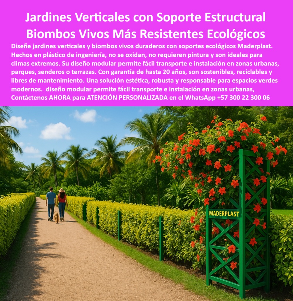 Estructuras Diseño Vanguardia Pérgolas Vivas Jardines Verticales Soportes Maderplast El jardín vertical con soporte estructural y biombo vivo ecológico es una solución ideal para el paisajismo urbano, espacios públicos, senderos, parques, terrazas o fachadas naturales. Su estructura está fabricada con polímero de ingeniería reforzado, reciclable y libre de mantenimiento. No se oxida, no requiere pintura, y es apta para climas extremos. Gracias a su diseño modular, permite fácil transporte, instalación inmediata y reubicación sin obra civil. Es ideal para sostener plantas trepadoras, flores ornamentales o vegetación natural viva, combinando estética, funcionalidad y sostenibilidad. Cada módulo actúa como jardinera vertical decorativa, perfecta para delimitar espacios, crear biombos ecológicos o embellecer zonas verdes con bajo impacto ambiental. Su diseño cruzado permite gran estabilidad, atractivo visual y alta resistencia estructural. Disponible en varios colores y alturas, es una opción moderna y versátil para diseñadores de paisaje, jardinería sustentable y arquitectura verde. Fabricado por Maderplast, este producto tiene garantía de hasta 20 años por su durabilidad y eficiencia. El biombo vivo de Maderplast es la mejor elección para quienes buscan combinar ecología, innovación y resistencia en un solo sistema verde, - Asesoría Especializada Con Un Especialista De Maderplast, Atención Personalizada En Este Whatsapp 57+ 300 22 300 06, - biombo verde decorativo con estructura plástica, - soporte para vegetación ornamental vertical, - Columna plástica con diseño cruzado ideal para plantas trepadoras y flores ornamentales, - ¿Qué tipo de estructura sirve para plantas trepadoras? Respuesta -columna plástica liviana y duradera, - módulo-jardinería-sin-oxido, - estructura viva para fachadas verdes, - módulos para jardines verticales exteriores, - estructura viva ligera y transportable, - jardinera estructural para divisores naturales, - biombo-vivo-decorativo, - ¿Dónde encuentro estructuras para plantas verticales? Respuesta -módulo reciclable sin mantenimiento, - Biombo vertical ecológico decorado con vegetación real para paisajismo urbano moderno, - divisor vivo ecológico para paisajismo, - ¿Qué usar como biombo vivo para exteriores? Respuesta -soporte modular con plantas naturales, - ¿Qué usar como biombo vivo en terrazas? Respuesta -estructura vertical con plantas naturales, - ¿Qué tipo de jardinera vertical es fácil de mover? Respuesta -soporte modular de diseño ecológico, - ¿Cómo se sostiene un jardín vertical sin acero? Respuesta -estructura liviana en polímero reforzado, - ¿Cuál es la mejor forma de sostener plantas trepadoras? Respuesta -estructura viva ecológica modular, - estructura modular para plantas trepadoras, - Módulo verde resistente a la intemperie para jardines verticales con instalación rápida, - ¿Qué estructura vertical es ideal para paisajismo moderno? Respuesta -biombo vivo funcional reciclable, - Columna decorativa verde con plantas reales montada sobre estructura sin oxidación, - Estructura vertical modular ecológica con vegetación viva para decoración en espacios exteriores, - biombo ecológico con vegetación real integrada, - módulo vertical para plantas ornamentales, - jardinera vertical decorativa para espacios verdes, - Jardín vertical modular de ingeniería plástica resistente a climas extremos sin pintura, - biombo vivo sin mantenimiento para exterior, - ¿Qué tipo de biombo vivo sirve para zonas públicas? Respuesta -estructura resistente a la intemperie, - ¿Qué biombo vegetal usar en parques urbanos? Respuesta -columna con vegetación integrada resistente, - biombo vivo decorativo para parques urbanos, - módulo ecológico resistente a la intemperie, - ¿Cómo instalar biombo con plantas sin obra pesada? Respuesta -sistema liviano fácil de transportar, - biombo vertical con diseño resistente, - ¿Qué divisor con plantas es más duradero y ecológico? Respuesta -biombo vertical de ingeniería plástica, - Panel estructural con floración natural usado como biombo en zonas verdes públicas, - jardín vertical con soporte estructural plástico, - ¿Cómo crear biombos vivos decorativos sin mantenimiento? Respuesta -soporte estructural plástico verde, - jardinera vertical para caminos peatonales, - Estructura viva modular reciclable con plantas colgantes para espacios abiertos, - soporte modular para plantas trepadoras vivas, - estructura-ecológica-verde, - columna con plantas vivas decorativas, - sistemas de jardinería vertical para exteriores, - ¿Dónde comprar jardines verticales con soporte resistente? Respuesta -estructura plástica ecológica con vegetación, - ¿Qué divisor ecológico funciona como jardinera vertical? Respuesta -estructura plástica con diseño verde, - jardin-vertical-con-soporte, - divisor-con-plantas-vivas, - Jardín vertical decorativo montado sobre soporte plástico con base firme al suelo, - ¿Qué puedo usar como pantalla viva decorativa? Respuesta -columna modular con vegetación natural, - soporte ecológico para jardines verticales, - ¿Cómo hacer un jardín vertical sin riego complicado? Respuesta -soporte plástico con plantas ornamentales, - ¿Cuál es el mejor módulo para jardinería vertical? Respuesta -columna ecológica de plástico duradero, - Soporte estructural en polímero reciclado con flores naturales sobre senderos y parques, - pantalla viva para zonas verdes y urbanas, - estructuras para jardines verticales resistentes, - soporte plástico para biombo vegetal, - ¿Cuál es el mejor soporte para jardín vertical urbano? Respuesta -estructura ecológica modular reciclable, - biombo estructural con flores naturales, - ¿Qué estructura usar para jardín vertical exterior? Respuesta -soporte plástico reciclable con flores. 0 Módulos verticales fácil instalación transporte Construcción sostenible 20 años garantía disponible, - Biombos vivos Estructuras Diseño nuevos Estructuras Diseño Vanguardia Pérgolas Vivas Jardines Verticales Soportes Maderplast 0 Módulos verticales fácil instalación transporte Construcción sostenible 20 años garantía disponible Biombos vivos Estructuras Diseño nuevos 0 El jardín vertical con soporte estructural y biombo vivo ecológico es una solución ideal para el paisajismo urbano, espacios públicos, senderos, parques, terrazas o fachadas naturales. Su estructura está fabricada con polímero de ingeniería reforzado, reciclable y libre de mantenimiento. No se oxida, no requiere pintura, y es apta para climas extremos. Gracias a su diseño modular, permite fácil transporte, instalación inmediata y reubicación sin obra civil. Es ideal para sostener plantas trepadoras, flores ornamentales o vegetación natural viva, combinando estética, funcionalidad y sostenibilidad. Cada módulo actúa como jardinera vertical decorativa, perfecta para delimitar espacios, crear biombos ecológicos o embellecer zonas verdes con bajo impacto ambiental. Su diseño cruzado permite gran estabilidad, atractivo visual y alta resistencia estructural. Disponible en varios colores y alturas, es una opción moderna y versátil para diseñadores de paisaje, jardinería sustentable y arquitectura verde. Fabricado por Maderplast, este producto tiene garantía de hasta 20 años por su durabilidad y eficiencia. El biombo vivo de Maderplast es la mejor elección para quienes buscan combinar ecología, innovación y resistencia en un solo sistema verde, - Asesoría Especializada Con Un Especialista De Maderplast, Atención Personalizada En Este Whatsapp 57+ 300 22 300 06, - biombo verde decorativo con estructura plástica, - soporte para vegetación ornamental vertical, - Columna plástica con diseño cruzado ideal para plantas trepadoras y flores ornamentales, - ¿Qué tipo de estructura sirve para plantas trepadoras? Respuesta -columna plástica liviana y duradera, - módulo-jardinería-sin-oxido, - estructura viva para fachadas verdes, - módulos para jardines verticales exteriores, - estructura viva ligera y transportable, - jardinera estructural para divisores naturales, - biombo-vivo-decorativo, - ¿Dónde encuentro estructuras para plantas verticales? Respuesta -módulo reciclable sin mantenimiento, - Biombo vertical ecológico decorado con vegetación real para paisajismo urbano moderno, - divisor vivo ecológico para paisajismo, - ¿Qué usar como biombo vivo para exteriores? Respuesta -soporte modular con plantas naturales, - ¿Qué usar como biombo vivo en terrazas? Respuesta -estructura vertical con plantas naturales, - ¿Qué tipo de jardinera vertical es fácil de mover? Respuesta -soporte modular de diseño ecológico, - ¿Cómo se sostiene un jardín vertical sin acero? Respuesta -estructura liviana en polímero reforzado, - ¿Cuál es la mejor forma de sostener plantas trepadoras? Respuesta -estructura viva ecológica modular, - estructura modular para plantas trepadoras, - Módulo verde resistente a la intemperie para jardines verticales con instalación rápida, - ¿Qué estructura vertical es ideal para paisajismo moderno? Respuesta -biombo vivo funcional reciclable, - Columna decorativa verde con plantas reales montada sobre estructura sin oxidación, - Estructura vertical modular ecológica con vegetación viva para decoración en espacios exteriores, - biombo ecológico con vegetación real integrada, - módulo vertical para plantas ornamentales, - jardinera vertical decorativa para espacios verdes, - Jardín vertical modular de ingeniería plástica resistente a climas extremos sin pintura, - biombo vivo sin mantenimiento para exterior, - ¿Qué tipo de biombo vivo sirve para zonas públicas? Respuesta -estructura resistente a la intemperie, - ¿Qué biombo vegetal usar en parques urbanos? Respuesta -columna con vegetación integrada resistente, - biombo vivo decorativo para parques urbanos, - módulo ecológico resistente a la intemperie, - ¿Cómo instalar biombo con plantas sin obra pesada? Respuesta -sistema liviano fácil de transportar, - biombo vertical con diseño resistente, - ¿Qué divisor con plantas es más duradero y ecológico? Respuesta -biombo vertical de ingeniería plástica, - Panel estructural con floración natural usado como biombo en zonas verdes públicas, - jardín vertical con soporte estructural plástico, - ¿Cómo crear biombos vivos decorativos sin mantenimiento? Respuesta -soporte estructural plástico verde, - jardinera vertical para caminos peatonales, - Estructura viva modular reciclable con plantas colgantes para espacios abiertos, - soporte modular para plantas trepadoras vivas, - estructura-ecológica-verde, - columna con plantas vivas decorativas, - sistemas de jardinería vertical para exteriores, - ¿Dónde comprar jardines verticales con soporte resistente? Respuesta -estructura plástica ecológica con vegetación, - ¿Qué divisor ecológico funciona como jardinera vertical? Respuesta -estructura plástica con diseño verde, - jardin-vertical-con-soporte, - divisor-con-plantas-vivas, - Jardín vertical decorativo montado sobre soporte plástico con base firme al suelo, - ¿Qué puedo usar como pantalla viva decorativa? Respuesta -columna modular con vegetación natural, - soporte ecológico para jardines verticales, - ¿Cómo hacer un jardín vertical sin riego complicado? Respuesta -soporte plástico con plantas ornamentales, - ¿Cuál es el mejor módulo para jardinería vertical? Respuesta -columna ecológica de plástico duradero, - Soporte estructural en polímero reciclado con flores naturales sobre senderos y parques, - pantalla viva para zonas verdes y urbanas, - estructuras para jardines verticales resistentes, - soporte plástico para biombo vegetal, - ¿Cuál es el mejor soporte para jardín vertical urbano? Respuesta -estructura ecológica modular reciclable, - biombo estructural con flores naturales, - ¿Qué estructura usar para jardín vertical exterior? Respuesta -soporte plástico reciclable con flores. Estructuras Diseño Vanguardia Pérgolas Vivas Jardines Verticales Soportes Maderplast 0 Módulos verticales fácil instalación transporte Construcción sostenible 20 años garantía disponible, - Biombos vivos Estructuras Diseño nuevos
