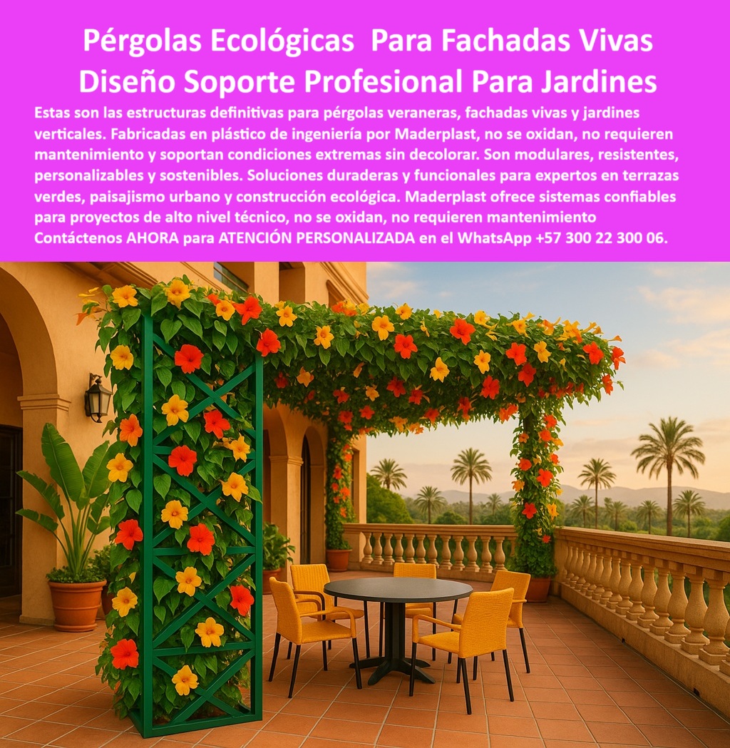 Estructuras Diseño Vanguardia Pérgolas Vivas Jardines Verticales Soportes Maderplast Pérgola decorativa ecológica sin madera: diseño técnico con flores naturales en terraza tropical, - Estructura decorativa cubierta con plantas trepadoras en fachada mediterránea, así inicia esta escena que redefine el concepto de pérgolas ecológicas para fachadas vivas. La imagen muestra una pérgola decorativa con acabado vegetal para terrazas, instalada sobre baldosas rojizas, bajo un atardecer tropical, con palmeras y montañas de fondo. Las flores naranjas y amarillas que trepan sobre el soporte estructural verde con diseño de enrejado cruzado resaltan la elegancia natural del sistema. Este es el futuro del paisajismo urbano sin mantenimiento, con una estructura firme, ecológica y visualmente poderosa, - ¿Qué tipo de pérgola sirve para las fachadas verdes? Técnicamente, la de Maderplast. Se trata de una estructura antióxido modular para paisajismo urbano y arquitectura vegetal, fabricada 100% en plástico técnico reciclable sin pintura, sin soldaduras, inmune a humedad, hongos, rayos UV y salinidad, lo que la convierte en una solución de larga duración para fachadas verdes decorativas, sin necesidad de mantenimiento frecuente, - Este sistema modular responde a una necesidad creciente: ¿puedo instalar pérgolas decorativas sin obras pesadas? Sí. Gracias a su sistema modular de fácil instalación sin obra civil, esta pérgola estructural para balcones y corredores florales permite que cualquier proyecto se convierta en un oasis natural sin alterar la infraestructura base. Es ideal para terrazas de hoteles, zonas verdes de restaurantes, centros comerciales o viviendas sostenibles, - ¿Dónde encuentro pérgolas para plantas trepadoras? Con Maderplast, cada componente está pensado para sostener la jardinería viva con elegancia y resistencia. Esta pérgola para fachadas verdes decorativas permite cubrir muros o crear túneles vegetales modernos para terrazas ecológicas, aportando sombra natural, confort térmico y valor arquitectónico, - A diferencia de las pérgolas tradicionales en hierro o madera, estas estructuras verdes sin óxido para plantas no se astillan, no se pudren, y no necesitan pintura. Por eso, cuando te preguntes ¿qué pérgola no se oxida ni requiere mantenimiento?, la respuesta técnica y comercial es clara: pérgolas sin óxido resistentes al sol y la lluvia, desarrolladas para durar décadas, - Este soporte de plantas vivas para terrazas ha sido probado en condiciones climáticas extremas, por eso funciona perfectamente como soporte ecológico para flores en balcones tropicales, incluso sin riego automatizado. Su diseño técnico incluye canalización interior, permitiendo jardinería vertical sin riego frecuente, con crecimiento vegetal uniforme y sin comprometer la estética, - ¿Cuál es la mejor pérgola para usar flores naturales? Esta estructura decorativa ecológica es buena para techos, jardines aéreos, balcones y terrazas, ya que combina soportes robustos para vegetación natural sin madera, con diseño ergonómico y acabado profesional. Además, es personalizable en color y dimensión, lo que permite integrar a cualquier estilo arquitectónico: colonial, moderno o mediterráneo, - Es una solución pensada para quienes buscan responder a, - ¿Dónde venden pérgolas ecológicas con flores para terrazas?, - Aquí, con Maderplast, donde se diseñan estructuras reciclables para cultivos trepadores que no contaminan, no requieren mantenimiento, y aportan valor estético - Respuesta - , - Porque al final, ¿qué solución hay para túneles verdes en terrazas? Esta pérgola ecológica con soporte para jardines verticales, creada por Maderplast, ofrece una combinación única de diseño técnico, estética tropical y cero mantenimiento. Ideal para proyectos de arquitectura bioclimática urbana, construcción ecológica y diseño exterior con creatividad ilimitada, - 👉 Para especificaciones técnicas, cotizaciones y asesoría directa, contáctanos hoy mismo, - ATENCIÓN PERSONALIZADA en WhatsApp +57 300 22 300 060 Sistemas de cultivo vertical sin reposición inversión única, - Túneles vegetales modernos, - Soluciones diseño exterior creatividad ilimitada, Estructuras Diseño Vanguardia Pérgolas Vivas Jardines Verticales Soportes Maderplast 0 Sistemas de cultivo vertical sin reposición inversión única Túneles vegetales modernos Soluciones diseño exterior creatividad ilimitada 0 Pérgola decorativa ecológica sin madera: diseño técnico con flores naturales en terraza tropical, - Estructura decorativa cubierta con plantas trepadoras en fachada mediterránea, así inicia esta escena que redefine el concepto de pérgolas ecológicas para fachadas vivas. La imagen muestra una pérgola decorativa con acabado vegetal para terrazas, instalada sobre baldosas rojizas, bajo un atardecer tropical, con palmeras y montañas de fondo. Las flores naranjas y amarillas que trepan sobre el soporte estructural verde con diseño de enrejado cruzado resaltan la elegancia natural del sistema. Este es el futuro del paisajismo urbano sin mantenimiento, con una estructura firme, ecológica y visualmente poderosa, - ¿Qué tipo de pérgola sirve para las fachadas verdes? Técnicamente, la de Maderplast. Se trata de una estructura antióxido modular para paisajismo urbano y arquitectura vegetal, fabricada 100% en plástico técnico reciclable sin pintura, sin soldaduras, inmune a humedad, hongos, rayos UV y salinidad, lo que la convierte en una solución de larga duración para fachadas verdes decorativas, sin necesidad de mantenimiento frecuente, - Este sistema modular responde a una necesidad creciente: ¿puedo instalar pérgolas decorativas sin obras pesadas? Sí. Gracias a su sistema modular de fácil instalación sin obra civil, esta pérgola estructural para balcones y corredores florales permite que cualquier proyecto se convierta en un oasis natural sin alterar la infraestructura base. Es ideal para terrazas de hoteles, zonas verdes de restaurantes, centros comerciales o viviendas sostenibles, - ¿Dónde encuentro pérgolas para plantas trepadoras? Con Maderplast, cada componente está pensado para sostener la jardinería viva con elegancia y resistencia. Esta pérgola para fachadas verdes decorativas permite cubrir muros o crear túneles vegetales modernos para terrazas ecológicas, aportando sombra natural, confort térmico y valor arquitectónico, - A diferencia de las pérgolas tradicionales en hierro o madera, estas estructuras verdes sin óxido para plantas no se astillan, no se pudren, y no necesitan pintura. Por eso, cuando te preguntes ¿qué pérgola no se oxida ni requiere mantenimiento?, la respuesta técnica y comercial es clara: pérgolas sin óxido resistentes al sol y la lluvia, desarrolladas para durar décadas, - Este soporte de plantas vivas para terrazas ha sido probado en condiciones climáticas extremas, por eso funciona perfectamente como soporte ecológico para flores en balcones tropicales, incluso sin riego automatizado. Su diseño técnico incluye canalización interior, permitiendo jardinería vertical sin riego frecuente, con crecimiento vegetal uniforme y sin comprometer la estética, - ¿Cuál es la mejor pérgola para usar flores naturales? Esta estructura decorativa ecológica es buena para techos, jardines aéreos, balcones y terrazas, ya que combina soportes robustos para vegetación natural sin madera, con diseño ergonómico y acabado profesional. Además, es personalizable en color y dimensión, lo que permite integrar a cualquier estilo arquitectónico: colonial, moderno o mediterráneo, - Es una solución pensada para quienes buscan responder a, - ¿Dónde venden pérgolas ecológicas con flores para terrazas?, - Aquí, con Maderplast, donde se diseñan estructuras reciclables para cultivos trepadores que no contaminan, no requieren mantenimiento, y aportan valor estético - Respuesta - , - Porque al final, ¿qué solución hay para túneles verdes en terrazas? Esta pérgola ecológica con soporte para jardines verticales, creada por Maderplast, ofrece una combinación única de diseño técnico, estética tropical y cero mantenimiento. Ideal para proyectos de arquitectura bioclimática urbana, construcción ecológica y diseño exterior con creatividad ilimitada, - 👉 Para especificaciones técnicas, cotizaciones y asesoría directa, contáctanos hoy mismo, - ATENCIÓN PERSONALIZADA en WhatsApp +57 300 22 300 06 Estructuras Diseño Vanguardia Pérgolas Vivas Jardines Verticales Soportes Maderplast 0 Sistemas de cultivo vertical sin reposición inversión única, - Túneles vegetales modernos, - Soluciones diseño exterior creatividad ilimitada, 0 Estructuras Diseño Vanguardia Pérgolas Vivas Jardines Verticales Soportes Maderplast 0 Sistemas de cultivo vertical sin reposición inversión única, - Túneles vegetales modernos, - Soluciones diseño exterior creatividad ilimitada,