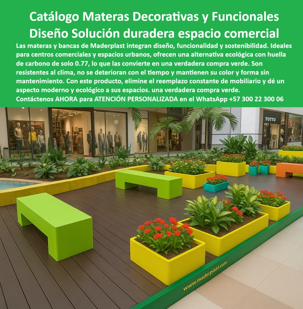 Materas Modernas Jardineras Integradas Mobiliario Comercial Macetas Maderplast Lo primero que salta a la vista en esta escena comercial moderna es la armonía de color, forma y funcionalidad. Vemos un espacio exterior de alto tráfico en un centro comercial que ha sido transformado en un oasis visual mediante materas decorativas para centros comerciales y bancas urbanas con resistencia al sol. El contraste entre el verde intenso de la vegetación y los vivos tonos de las jardineras —amarillo, naranja, turquesa, verde— revela una intervención estética moderna que no solo decora, sino que también estructura, guía y ordena el espacio, - Estas macetas grandes resistentes al clima están diseñadas con polímeros reciclados de alta ingeniería que no se oxidan, no se pudren y no se decoloran, lo que elimina la necesidad de repintar o reemplazar cada año. Por eso, cuando alguien pregunta: ¿Qué jardineras duran más en exteriores sin mantenimiento?, la respuesta técnica, funcional y sostenible es clara: los productos Maderplast. Este mobiliario urbano ecológico exterior fue desarrollado pensando en el uso masivo, la exposición al sol y la lluvia, y los entornos donde el desgaste es una constante. Con Maderplast, esa preocupación desaparece, - Y no es casualidad que esta solución se haya implementado en un espacio comercial. Los diseñadores paisajistas urbanos y arquitectos están cansados de los mobiliarios que se deterioran en pocos meses. Por eso, cuando surge la duda: ¿Qué mobiliario paisajístico es más duradero para terrazas o zonas comerciales?, Maderplast responde con hechos, no promesas. Las jardineras modernas sin mantenimiento integradas a las zonas peatonales no sólo soportan la intemperie, sino que mantienen su estética y forma por más de 20 años, sin retoques, sin pintura, sin químicos, - Además, la pregunta ¿Dónde consigo materas urbanas sin necesidad de pintura? se responde con una sola observación: las macetas plásticas coloridas para exteriores de Maderplast mantienen su color original gracias a la pigmentación directa en el material, lo que elimina el riesgo de astillado o decoloración. Esto significa que el entorno siempre se verá limpio, ordenado y visualmente atractivo, sin importar el paso del tiempo, - Cada uno de estos elementos forma parte de un sistema modular pensado para la integración del diseño y el uso cotidiano. No son adornos. Son parte del flujo urbano. Las jardineras integradas con bancos urbanos demuestran que la comodidad del visitante también fue contemplada. En zonas de espera, plazoletas, terrazas comerciales y corredores peatonales, estas bancas ecológicas permiten sentarse, descansar o interactuar en un ambiente verde y moderno, libre de mantenimiento, - La resistencia estructural es otro argumento de peso. Cuando alguien pregunta: ¿Qué maceteros no se deforman ni se corroen con el tiempo?, la respuesta es: las materas funcionales con diseño elegante de Maderplast, que han sido fabricadas para ambientes extremos, donde otras soluciones fracasan. Aquí no hay tornillos visibles ni materiales que se oxidan. Todo está integrado para soportar clima, impacto, humedad, vandalismo y tráfico peatonal, - Esta intervención responde también a un criterio de sostenibilidad exigente. La huella de carbono de solo 0.77 convierte a estos productos en una alternativa real de construcción ecológica para espacios públicos. Mientras otros materiales requieren tratamientos tóxicos o reemplazos constantes, este mobiliario exterior ecológico sin reposición representa una inversión responsable, tanto económica como ambiental, - A menudo nos preguntan: ¿Qué mobiliario sirve para decorar plazas comerciales sin mantenimiento?. Esta imagen lo responde mejor que cualquier ficha técnica: es posible tener un espacio bello, limpio, cómodo y funcional sin necesidad de gastar en mantenimiento cada año. Con estas bancas comerciales con diseño duradero, el gasto desaparece y aparece el valor, - En definitiva, lo que Maderplast entrega no es solo materas para espacios comerciales modernos, sino una solución integral en diseño urbano que mejora el entorno, disminuye los costos operativos y aumenta el valor percibido del lugar. Es una apuesta segura para quienes exigen estética, durabilidad y sostenibilidad en un solo producto, - Si estás diseñando un centro comercial, plazoleta, terraza o espacio urbano y quieres eliminar los dolores de cabeza por mantenimiento, reemplazo o deterioro… Escríbenos ahora mismo al WhatsApp +57 300 22 300 06. Con gusto te asesoramos en el uso de materas modernas, bancas sin óxido y maceteros decorativos ecológicos diseñados para durar décadas, - Maderplast: soluciones reales, verdes y duraderas para el mobiliario urbano del presente y del futuro 0 Muebles paisajismo huella carbono 0.77 compra verde, - Materas modernas para centros comerciales, - Macetas grandes duraderas exterior, - Paisajismo Materas Modernas Jardineras Integradas Mobiliario Comercial Macetas Maderplast 0 Muebles paisajismo huella carbono 0.77 compra verde Materas modernas para centros comerciales Macetas grandes duraderas exterior Lo primero que salta a la vista en esta escena comercial moderna es la armonía de color, forma y funcionalidad. Vemos un espacio exterior de alto tráfico en un centro comercial que ha sido transformado en un oasis visual mediante materas decorativas para centros comerciales y bancas urbanas con resistencia al sol. El contraste entre el verde intenso de la vegetación y los vivos tonos de las jardineras —amarillo, naranja, turquesa, verde— revela una intervención estética moderna que no solo decora, sino que también estructura, guía y ordena el espacio, - Estas macetas grandes resistentes al clima están diseñadas con polímeros reciclados de alta ingeniería que no se oxidan, no se pudren y no se decoloran, lo que elimina la necesidad de repintar o reemplazar cada año. Por eso, cuando alguien pregunta: ¿Qué jardineras duran más en exteriores sin mantenimiento?, la respuesta técnica, funcional y sostenible es clara: los productos Maderplast. Este mobiliario urbano ecológico exterior fue desarrollado pensando en el uso masivo, la exposición al sol y la lluvia, y los entornos donde el desgaste es una constante. Con Maderplast, esa preocupación desaparece, - Y no es casualidad que esta solución se haya implementado en un espacio comercial. Los diseñadores paisajistas urbanos y arquitectos están cansados de los mobiliarios que se deterioran en pocos meses. Por eso, cuando surge la duda: ¿Qué mobiliario paisajístico es más duradero para terrazas o zonas comerciales?, Maderplast responde con hechos, no promesas. Las jardineras modernas sin mantenimiento integradas a las zonas peatonales no sólo soportan la intemperie, sino que mantienen su estética y forma por más de 20 años, sin retoques, sin pintura, sin químicos, - Además, la pregunta ¿Dónde consigo materas urbanas sin necesidad de pintura? se responde con una sola observación: las macetas plásticas coloridas para exteriores de Maderplast mantienen su color original gracias a la pigmentación directa en el material, lo que elimina el riesgo de astillado o decoloración. Esto significa que el entorno siempre se verá limpio, ordenado y visualmente atractivo, sin importar el paso del tiempo, - Cada uno de estos elementos forma parte de un sistema modular pensado para la integración del diseño y el uso cotidiano. No son adornos. Son parte del flujo urbano. Las jardineras integradas con bancos urbanos demuestran que la comodidad del visitante también fue contemplada. En zonas de espera, plazoletas, terrazas comerciales y corredores peatonales, estas bancas ecológicas permiten sentarse, descansar o interactuar en un ambiente verde y moderno, libre de mantenimiento, - La resistencia estructural es otro argumento de peso. Cuando alguien pregunta: ¿Qué maceteros no se deforman ni se corroen con el tiempo?, la respuesta es: las materas funcionales con diseño elegante de Maderplast, que han sido fabricadas para ambientes extremos, donde otras soluciones fracasan. Aquí no hay tornillos visibles ni materiales que se oxidan. Todo está integrado para soportar clima, impacto, humedad, vandalismo y tráfico peatonal, - Esta intervención responde también a un criterio de sostenibilidad exigente. La huella de carbono de solo 0.77 convierte a estos productos en una alternativa real de construcción ecológica para espacios públicos. Mientras otros materiales requieren tratamientos tóxicos o reemplazos constantes, este mobiliario exterior ecológico sin reposición representa una inversión responsable, tanto económica como ambiental, - A menudo nos preguntan: ¿Qué mobiliario sirve para decorar plazas comerciales sin mantenimiento?. Esta imagen lo responde mejor que cualquier ficha técnica: es posible tener un espacio bello, limpio, cómodo y funcional sin necesidad de gastar en mantenimiento cada año. Con estas bancas comerciales con diseño duradero, el gasto desaparece y aparece el valor, - En definitiva, lo que Maderplast entrega no es solo materas para espacios comerciales modernos, sino una solución integral en diseño urbano que mejora el entorno, disminuye los costos operativos y aumenta el valor percibido del lugar. Es una apuesta segura para quienes exigen estética, durabilidad y sostenibilidad en un solo producto, - Si estás diseñando un centro comercial, plazoleta, terraza o espacio urbano y quieres eliminar los dolores de cabeza por mantenimiento, reemplazo o deterioro… Escríbenos ahora mismo al WhatsApp +57 300 22 300 06. Con gusto te asesoramos en el uso de materas modernas, bancas sin óxido y maceteros decorativos ecológicos diseñados para durar décadas, - Maderplast: soluciones reales, verdes y duraderas para el mobiliario urbano del presente y del futuro Paisajismo Materas Modernas Jardineras Integradas Mobiliario Comercial Macetas Maderplast 0 Muebles paisajismo huella carbono 0.77 compra verde, - Materas modernas para centros comerciales, - Macetas grandes duraderas exterior, - Paisajismo