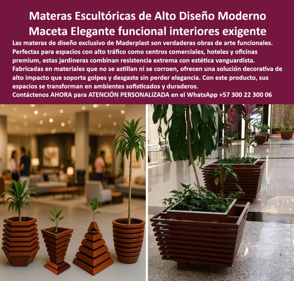 Materas Vanguardistas Diseño Exclusivo Obras Arte Macetas nuevos diseños Maderplast La imagen retrata un entorno elegante, donde el diseño arquitectónico de interiores se encuentra con la funcionalidad de la jardinería moderna. En primer plano, se aprecian materas escultóricas para interiores de formas geométricas vanguardistas, que no solo alojan vegetación natural, sino que también elevan el nivel estético del espacio con su carácter de piezas decorativas de alto diseño. Fabricadas por Maderplast, estas macetas modernas para alto tráfico no son simples contenedores: son verdaderas esculturas funcionales, pensadas para resistir el paso del tiempo y la intensidad del uso en lugares como hoteles, centros culturales, oficinas premium y recepciones corporativas, - Lo que distingue a estas jardineras decorativas resistentes es su composición en polímeros técnicos de última generación. No se astillan, no se oxidan, no requieren pintura ni barniz, y conservan su apariencia impecable aún después de años de exposición en espacios públicos. Son macetas interiores sin mantenimiento diseñadas para cumplir con las exigencias de arquitectos, diseñadores y administradores de espacios de alto perfil. El acabado sin uniones visibles ni filos peligrosos las hace seguras, prácticas y estéticamente impecables, - Estas materas de diseño para oficinas se convierten en protagonistas silenciosas en zonas de paso, salones de espera o pasillos comerciales. Su forma innovadora permite adaptarse tanto a esquemas decorativos clásicos como contemporáneos. Su geometría disruptiva, como las formas cónicas invertidas, piramidales o cilíndricas ranuradas, aporta carácter sin saturar el ambiente. No es casualidad que sean elegidas como jardineras urbanas elegantes para interiores con estándares internacionales, - Además de bellas, son estructuralmente sólidas. Están concebidas como macetas duraderas para hoteles, capaces de soportar tráfico peatonal continuo y manejo intensivo sin deformarse ni perder color. Esta cualidad las convierte también en materas anti vandálicas para centros comerciales, donde los riesgos de impacto, rayones o desgaste están siempre presentes. Maderplast ha diseñado esta línea pensando en aquellos proyectos que exigen mobiliario decorativo con estilo, pero que también debe ser resistente, duradero y libre de mantenimiento correctivo, - Implementarlas en espacios cerrados transforma ambientes comunes en zonas refinadas, donde cada elemento tiene propósito. La jardinería interior de alto impacto encuentra aquí su máximo aliado, ya que estas macetas interiores con diseño permiten dar protagonismo tanto a las plantas como al contenedor. Ya no se trata solo de poner verde, sino de enmarcarlo con arte funcional. Son materas de lujo funcionales, que aportan tanto desde lo visual como desde lo estructural, - Elegir estas piezas como parte del mobiliario artístico con funcionalidad no solo eleva la percepción del espacio; también reduce los costos operativos a largo plazo. Al ser inmunes a la corrosión, al agua y al desgaste cotidiano, funcionan perfectamente como jardineras para espacios premium y en proyectos que requieren imagen de marca, exclusividad y cero fallos estéticos. Su instalación es sencilla, no requiere anclajes invasivos, y su limpieza puede hacerse con solo un paño húmedo. Por eso son la solución ideal para materas para recepción corporativa y zonas con alta visibilidad, - Además, permiten configuraciones múltiples. Están disponibles como jardineras modulares personalizadas, que se adaptan a la necesidad del entorno y al tipo de planta seleccionada. La colección incluye desde versiones cuadradas amplias para grandes plantas tropicales, hasta piezas delgadas verticales para palmas interiores. Esto convierte a Maderplast en pionero en ofrecer materas para espacios sofisticados, creadas desde la ingeniería y diseñadas con la mirada del arte funcional, - Fabricadas en contenedores decorativos sin pintura, eliminan cualquier riesgo de astillamiento o toxicidad, por lo que también son ideales para espacios cerrados con niños o mascotas. Es mobiliario urbano de alta gama, que rompe los límites entre decoración y durabilidad, entre belleza y resistencia, entre forma y propósito, - ¿Buscas diferenciar tu proyecto desde el primer impacto visual? Con Maderplast, lo logras. Te ayudamos a convertir cada rincón interior en un escenario de diseño, resistencia y sofisticación duradera, - Asesoría Especializada Con Un Especialista De Maderplast. Atención Personalizada Inmediata En Este WhatsApp: +57 300 22 300 06, - Maderplast – Materas Vanguardistas de Diseño Exclusivo. No son solo macetas, son obras de arte que nunca se desgastan. 0 Asientos decorativos que resisten impactos fuertes, - Sillas tráfico pesado resistencia extrema desgaste Jardineras-Diseño-Escultórico Materas Materas Vanguardistas Diseño Exclusivo Obras Arte Macetas nuevos diseños Maderplast 0 Asientos decorativos que resisten impactos fuertes Sillas tráfico pesado resistencia extrema desgaste Jardineras Diseño Escultórico Materas 0 La imagen retrata un entorno elegante, donde el diseño arquitectónico de interiores se encuentra con la funcionalidad de la jardinería moderna. En primer plano, se aprecian materas escultóricas para interiores de formas geométricas vanguardistas, que no solo alojan vegetación natural, sino que también elevan el nivel estético del espacio con su carácter de piezas decorativas de alto diseño. Fabricadas por Maderplast, estas macetas modernas para alto tráfico no son simples contenedores: son verdaderas esculturas funcionales, pensadas para resistir el paso del tiempo y la intensidad del uso en lugares como hoteles, centros culturales, oficinas premium y recepciones corporativas, - Lo que distingue a estas jardineras decorativas resistentes es su composición en polímeros técnicos de última generación. No se astillan, no se oxidan, no requieren pintura ni barniz, y conservan su apariencia impecable aún después de años de exposición en espacios públicos. Son macetas interiores sin mantenimiento diseñadas para cumplir con las exigencias de arquitectos, diseñadores y administradores de espacios de alto perfil. El acabado sin uniones visibles ni filos peligrosos las hace seguras, prácticas y estéticamente impecables, - Estas materas de diseño para oficinas se convierten en protagonistas silenciosas en zonas de paso, salones de espera o pasillos comerciales. Su forma innovadora permite adaptarse tanto a esquemas decorativos clásicos como contemporáneos. Su geometría disruptiva, como las formas cónicas invertidas, piramidales o cilíndricas ranuradas, aporta carácter sin saturar el ambiente. No es casualidad que sean elegidas como jardineras urbanas elegantes para interiores con estándares internacionales, - Además de bellas, son estructuralmente sólidas. Están concebidas como macetas duraderas para hoteles, capaces de soportar tráfico peatonal continuo y manejo intensivo sin deformarse ni perder color. Esta cualidad las convierte también en materas anti vandálicas para centros comerciales, donde los riesgos de impacto, rayones o desgaste están siempre presentes. Maderplast ha diseñado esta línea pensando en aquellos proyectos que exigen mobiliario decorativo con estilo, pero que también debe ser resistente, duradero y libre de mantenimiento correctivo, - Implementarlas en espacios cerrados transforma ambientes comunes en zonas refinadas, donde cada elemento tiene propósito. La jardinería interior de alto impacto encuentra aquí su máximo aliado, ya que estas macetas interiores con diseño permiten dar protagonismo tanto a las plantas como al contenedor. Ya no se trata solo de poner verde, sino de enmarcarlo con arte funcional. Son materas de lujo funcionales, que aportan tanto desde lo visual como desde lo estructural, - Elegir estas piezas como parte del mobiliario artístico con funcionalidad no solo eleva la percepción del espacio; también reduce los costos operativos a largo plazo. Al ser inmunes a la corrosión, al agua y al desgaste cotidiano, funcionan perfectamente como jardineras para espacios premium y en proyectos que requieren imagen de marca, exclusividad y cero fallos estéticos. Su instalación es sencilla, no requiere anclajes invasivos, y su limpieza puede hacerse con solo un paño húmedo. Por eso son la solución ideal para materas para recepción corporativa y zonas con alta visibilidad, - Además, permiten configuraciones múltiples. Están disponibles como jardineras modulares personalizadas, que se adaptan a la necesidad del entorno y al tipo de planta seleccionada. La colección incluye desde versiones cuadradas amplias para grandes plantas tropicales, hasta piezas delgadas verticales para palmas interiores. Esto convierte a Maderplast en pionero en ofrecer materas para espacios sofisticados, creadas desde la ingeniería y diseñadas con la mirada del arte funcional, - Fabricadas en contenedores decorativos sin pintura, eliminan cualquier riesgo de astillamiento o toxicidad, por lo que también son ideales para espacios cerrados con niños o mascotas. Es mobiliario urbano de alta gama, que rompe los límites entre decoración y durabilidad, entre belleza y resistencia, entre forma y propósito, - ¿Buscas diferenciar tu proyecto desde el primer impacto visual? Con Maderplast, lo logras. Te ayudamos a convertir cada rincón interior en un escenario de diseño, resistencia y sofisticación duradera, - Asesoría Especializada Con Un Especialista De Maderplast. Atención Personalizada Inmediata En Este WhatsApp: +57 300 22 300 06, - Maderplast – Materas Vanguardistas de Diseño Exclusivo. No son solo macetas, son obras de arte que nunca se desgastan. Materas Vanguardistas Diseño Exclusivo Obras Arte Macetas nuevos diseños Maderplast 0 Asientos decorativos que resisten impactos fuertes, - Sillas tráfico pesado resistencia extrema desgaste Jardineras-Diseño-Escultórico Materas