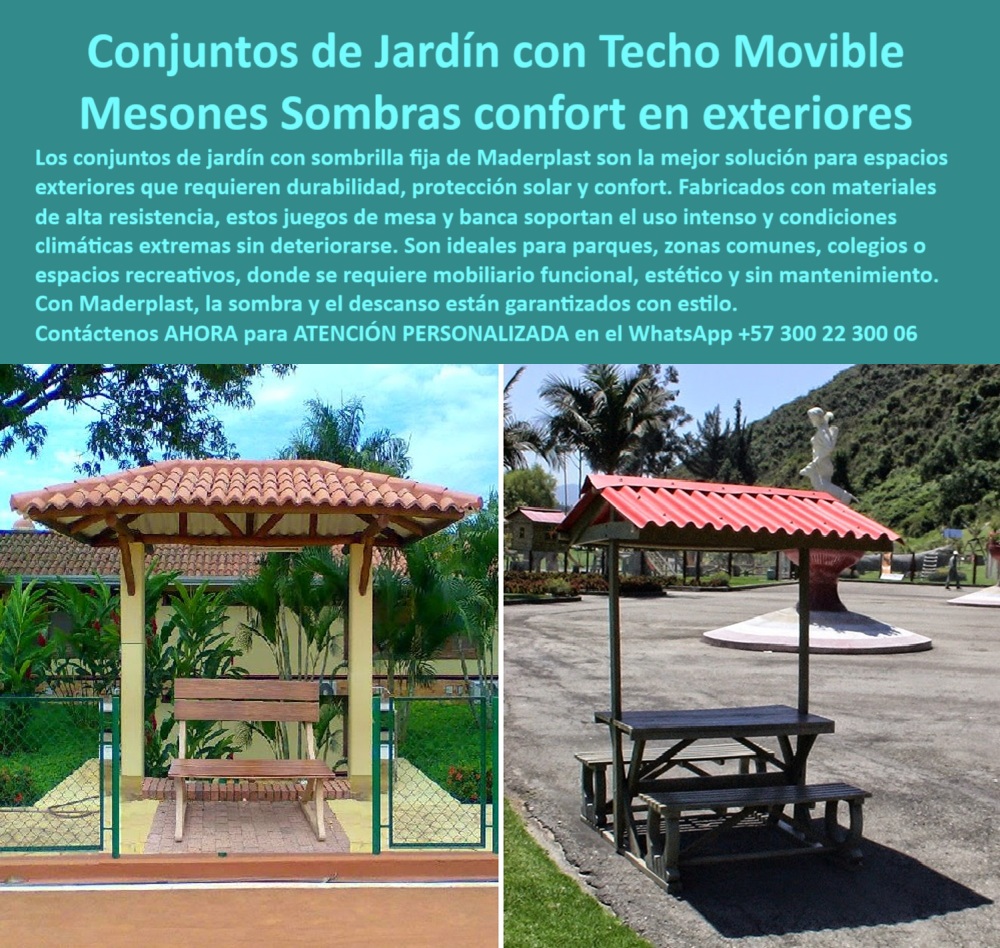 Mobiliario con sombrillas juego mesas Con Parasol mubles Con sombra Maderplast En espacios exteriores donde el sol es constante y el confort es una necesidad, los conjuntos de jardín con techo fijo o móvil de Maderplast se consolidan como la solución ideal. Este mobiliario técnico combina durabilidad estructural, protección solar permanente y un diseño resistente al uso intensivo, perfecto para parques recreativos, zonas comunes, colegios, clubes y áreas institucionales al aire libre. Su principal valor está en su ingeniería: cada conjunto está fabricado en polímeros reciclados de alta resistencia, reforzados para soportar la humedad, la exposición prolongada al sol, los cambios de temperatura y el vandalismo, sin necesidad de pintura, sin óxido y sin mantenimiento, - Las mesas y bancas con sombrilla incorporada no solo ofrecen funcionalidad, también aportan estética al paisaje urbano o natural. El techo tipo parasol en forma de tejado a dos aguas brinda sombra total y continua, permitiendo que el mobiliario se use cómodamente durante todo el día, incluso en climas extremos. Su instalación es rápida y limpia, no requiere obras pesadas ni mantenimiento posterior, lo cual es una ventaja clave en proyectos donde se necesita eficiencia operativa y resultados duraderos, - Cada mueble de jardín con techo fijo de Maderplast está pensado para el uso intensivo y el tráfico constante. Las bancas antivandalismo y la mesa picnic con sombra integrada forman un solo módulo sólido que resiste impactos y desgaste, incluso en entornos escolares o espacios públicos de alto uso. La estructura técnica de polipropileno garantiza que los colores no se decoloren, que las superficies no se agrieten y que el mobiliario permanezca funcional y estético por años sin intervención, - En áreas como parques vecinales, jardines institucionales, plazoletas, patios de recreo o zonas de descanso en instalaciones deportivas, estos conjuntos se convierten en elementos de uso diario confiable, con un diseño amigable, seguro y ergonómico. Representan más que un simple juego de mesa y banca: son una apuesta por el confort sostenible, la inversión inteligente y la mejora del espacio urbano a través de mobiliario de exteriores sin mantenimiento y con protección solar garantizada, - Cada conjunto con sombra estructural aporta valor no solo desde la funcionalidad, sino también desde la percepción del entorno. Transmiten orden, diseño y bienestar. Y como todos los productos Maderplast, están respaldados por tecnología limpia, diseño duradero y compromiso ambiental, - ATENCIÓN PERSONALIZADA en WhatsApp +57 300 22 300 06 0 Conjuntos jardín protegidos sol, - Bancas tráfico pesado resistencia extrema desgaste, Sombrillas fijas para exterior Muebles exteriores sol Mobiliario con sombrillas juego mesas Con Parasol mubles Con sombra Maderplast 0 Conjuntos jardín protegidos sol Bancas tráfico pesado resistencia extrema desgaste Sombrillas fijas para exterior Muebles exteriores sol 0 En espacios exteriores donde el sol es constante y el confort es una necesidad, los conjuntos de jardín con techo fijo o móvil de Maderplast se consolidan como la solución ideal. Este mobiliario técnico combina durabilidad estructural, protección solar permanente y un diseño resistente al uso intensivo, perfecto para parques recreativos, zonas comunes, colegios, clubes y áreas institucionales al aire libre. Su principal valor está en su ingeniería: cada conjunto está fabricado en polímeros reciclados de alta resistencia, reforzados para soportar la humedad, la exposición prolongada al sol, los cambios de temperatura y el vandalismo, sin necesidad de pintura, sin óxido y sin mantenimiento, - Las mesas y bancas con sombrilla incorporada no solo ofrecen funcionalidad, también aportan estética al paisaje urbano o natural. El techo tipo parasol en forma de tejado a dos aguas brinda sombra total y continua, permitiendo que el mobiliario se use cómodamente durante todo el día, incluso en climas extremos. Su instalación es rápida y limpia, no requiere obras pesadas ni mantenimiento posterior, lo cual es una ventaja clave en proyectos donde se necesita eficiencia operativa y resultados duraderos, - Cada mueble de jardín con techo fijo de Maderplast está pensado para el uso intensivo y el tráfico constante. Las bancas antivandalismo y la mesa picnic con sombra integrada forman un solo módulo sólido que resiste impactos y desgaste, incluso en entornos escolares o espacios públicos de alto uso. La estructura técnica de polipropileno garantiza que los colores no se decoloren, que las superficies no se agrieten y que el mobiliario permanezca funcional y estético por años sin intervención, - En áreas como parques vecinales, jardines institucionales, plazoletas, patios de recreo o zonas de descanso en instalaciones deportivas, estos conjuntos se convierten en elementos de uso diario confiable, con un diseño amigable, seguro y ergonómico. Representan más que un simple juego de mesa y banca: son una apuesta por el confort sostenible, la inversión inteligente y la mejora del espacio urbano a través de mobiliario de exteriores sin mantenimiento y con protección solar garantizada, - Cada conjunto con sombra estructural aporta valor no solo desde la funcionalidad, sino también desde la percepción del entorno. Transmiten orden, diseño y bienestar. Y como todos los productos Maderplast, están respaldados por tecnología limpia, diseño duradero y compromiso ambiental, - ATENCIÓN PERSONALIZADA en WhatsApp +57 300 22 300 06 Mobiliario con sombrillas juego mesas Con Parasol mubles Con sombra Maderplast 0 Conjuntos jardín protegidos sol, - Bancas tráfico pesado resistencia extrema desgaste, Sombrillas fijas para exterior Muebles exteriores sol