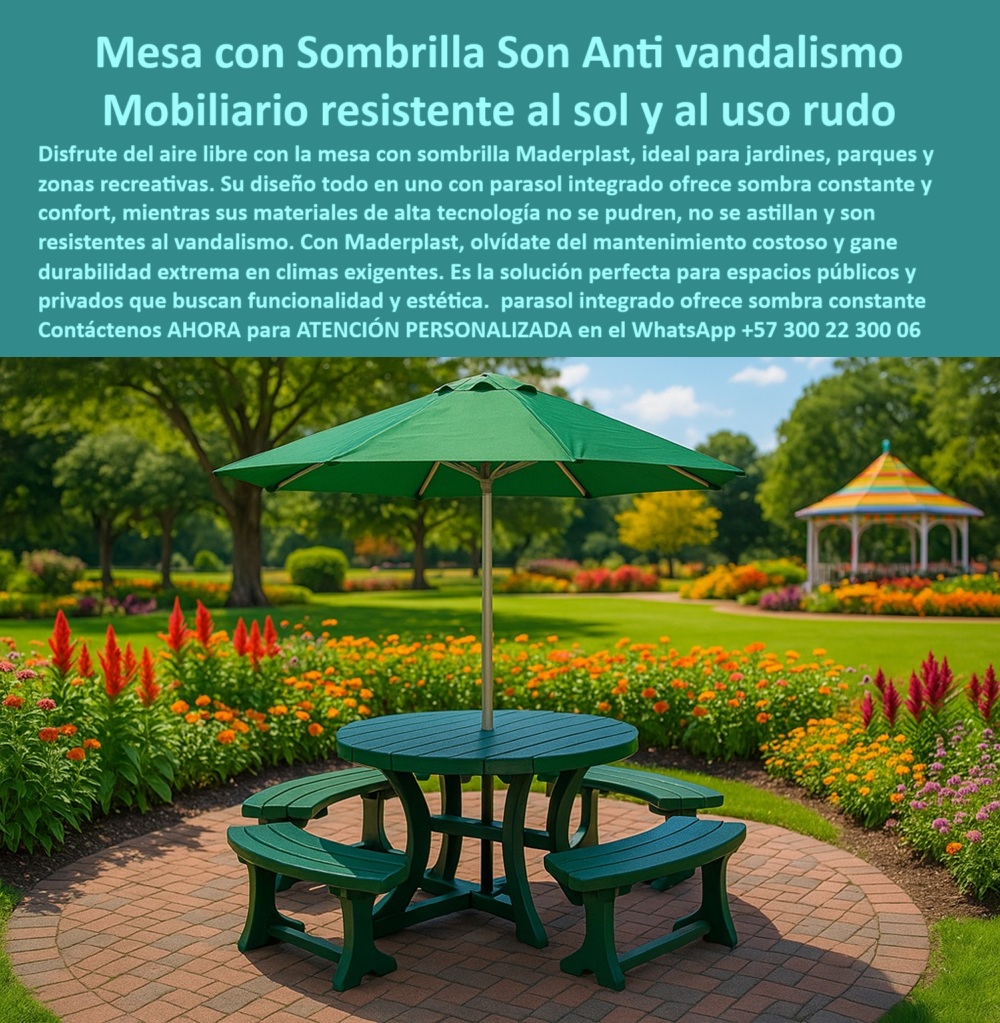 Mobiliario con sombrillas juego mesas Con Parasol mubles Con sombra Maderplast Mesa Redonda Con Sombrilla Fija Para Parques – Mobiliario Urbano Todo En Uno De Alta Resistencia, Ecológico Y Sin Mantenimiento, - Este conjunto de mesa redonda con sombrilla fija desarrollado por Maderplast representa una solución integral de diseño urbano y paisajismo funcional que se adapta perfectamente a parques, jardines públicos, colegios, patios, zonas recreativas y entornos institucionales. Se trata de un mobiliario sostenible para áreas verdes, elaborado con plástico reciclado de alta durabilidad, que integra en una sola estructura una mesa circular robusta, bancos semicirculares fijos y un parasol central permanente, diseñado para proporcionar sombra constante, confort ergonómico y protección solar durante todo el día sin necesidad de intervención, pintura, ni repuestos, - Este mobiliario urbano con estructura fija en plástico reciclado resistente al sol y al vandalismo ha sido diseñado específicamente para soportar el uso intensivo y las inclemencias de climas extremos: sol intenso, lluvias continuas, humedad permanente, ambientes salinos o costeros, y tráfico peatonal constante, todo sin sufrir oxidación, sin perder color y sin generar astillas o partes sueltas. Es un conjunto antivandalismo para picnic público, libre de mantenimiento y con más de 20 años de vida útil comprobada en exteriores, ideal para entornos educativos, proyectos institucionales, espacios recreativos urbanos y zonas turísticas que requieren soluciones permanentes y confiables, - ¿Qué tipo de muebles sirven para picnic público?, la respuesta es simple: esta mesa redonda con sombrilla y bancos unidos, fabricada por Maderplast con materiales reciclados certificados, es la alternativa más segura, eficiente y ecológica. Su diseño todo en uno elimina los riesgos derivados del uso de piezas móviles, reduce costos de mantenimiento y ofrece un formato estable que se adapta a cualquier tipo de topografía. Es un juego exterior robusto con bancos curvos fijos y sombrilla tipo parasol integrada al centro, pensado para instalarse directamente en parques, plazas, zonas peatonales, patios urbanos, colegios o zonas escolares, - La superficie del conjunto es antideslizante y su estructura sólida no requiere ningún tipo de fijación metálica, pintura o barnizado. Se trata de una mesa ecológica con sombra duradera, cuyo parasol integrado resiste el deterioro por radiación UV, lluvia ácida, contaminación o exposición salina. Este mobiliario urbano de alta resistencia sin pintura ha sido desarrollado bajo estándares de sostenibilidad y eficiencia, con tecnología limpia y procesos de fabricación certificados, enfocados en minimizar residuos y maximizar rendimiento, - ¿Dónde encontrar mesas que no se oxiden al sol?, o ¿Qué mobiliario colocar en zonas recreativas?, la solución está aquí: mobiliario ecológico urbano con bancos circulares y cobertura solar fija, diseñado para eliminar los problemas recurrentes de los muebles convencionales. Este mobiliario con sombrilla resistente al sol es ideal para zonas donde la seguridad y el confort de los usuarios es prioridad, como senderos ecológicos, plazas públicas, áreas verdes institucionales, zonas escolares o jardines comunitarios, - Gracias a su fabricación en polipropileno reciclado, este juego de mesa cumple con todos los principios de economía circular y diseño responsable. Ofrece una superficie ergonómica, segura, confortable y resistente que soporta desde el uso infantil escolar hasta el uso recreativo adulto, sin mostrar señales de deterioro con el paso del tiempo. Es un mobiliario con sombra para espacios recreativos que combina forma, función, estética y ecología con eficiencia comprobada, - La propuesta técnica de Maderplast se resume en un concepto poderoso: muebles ecológicos con parasol, que no requieren intervención ni pintura, no se oxidan, no se decoloran, no se deforman, y que permiten al mismo tiempo embellecer y estructurar los espacios verdes con diseño profesional. Este juego de bancos fijos con mesa central es una alternativa de largo plazo, pensada para climas extremos, uso masivo y cero mantenimiento, - Asesoría Especializada Con Un Especialista De Maderplast, Atención Personalizada En Este Whatsapp +57 300 22 300 06 0 Mobiliario jardín con sombrilla no se pudre, alta resistencia, - Asientos protegidos del sol resistentes al vandalismo Sombrillas fijas Mobiliarios Mobiliario con sombrillas juego mesas Con Parasol mubles Con sombra Maderplast 0 Mobiliario jardín con sombrilla no se pudre alta resistencia Asientos protegidos del sol resistentes al vandalismo Sombrillas fijas Mobiliarios 0 Mesa Redonda Con Sombrilla Fija Para Parques – Mobiliario Urbano Todo En Uno De Alta Resistencia, Ecológico Y Sin Mantenimiento, - Este conjunto de mesa redonda con sombrilla fija desarrollado por Maderplast representa una solución integral de diseño urbano y paisajismo funcional que se adapta perfectamente a parques, jardines públicos, colegios, patios, zonas recreativas y entornos institucionales. Se trata de un mobiliario sostenible para áreas verdes, elaborado con plástico reciclado de alta durabilidad, que integra en una sola estructura una mesa circular robusta, bancos semicirculares fijos y un parasol central permanente, diseñado para proporcionar sombra constante, confort ergonómico y protección solar durante todo el día sin necesidad de intervención, pintura, ni repuestos, - Este mobiliario urbano con estructura fija en plástico reciclado resistente al sol y al vandalismo ha sido diseñado específicamente para soportar el uso intensivo y las inclemencias de climas extremos: sol intenso, lluvias continuas, humedad permanente, ambientes salinos o costeros, y tráfico peatonal constante, todo sin sufrir oxidación, sin perder color y sin generar astillas o partes sueltas. Es un conjunto antivandalismo para picnic público, libre de mantenimiento y con más de 20 años de vida útil comprobada en exteriores, ideal para entornos educativos, proyectos institucionales, espacios recreativos urbanos y zonas turísticas que requieren soluciones permanentes y confiables, - ¿Qué tipo de muebles sirven para picnic público?, la respuesta es simple: esta mesa redonda con sombrilla y bancos unidos, fabricada por Maderplast con materiales reciclados certificados, es la alternativa más segura, eficiente y ecológica. Su diseño todo en uno elimina los riesgos derivados del uso de piezas móviles, reduce costos de mantenimiento y ofrece un formato estable que se adapta a cualquier tipo de topografía. Es un juego exterior robusto con bancos curvos fijos y sombrilla tipo parasol integrada al centro, pensado para instalarse directamente en parques, plazas, zonas peatonales, patios urbanos, colegios o zonas escolares, - La superficie del conjunto es antideslizante y su estructura sólida no requiere ningún tipo de fijación metálica, pintura o barnizado. Se trata de una mesa ecológica con sombra duradera, cuyo parasol integrado resiste el deterioro por radiación UV, lluvia ácida, contaminación o exposición salina. Este mobiliario urbano de alta resistencia sin pintura ha sido desarrollado bajo estándares de sostenibilidad y eficiencia, con tecnología limpia y procesos de fabricación certificados, enfocados en minimizar residuos y maximizar rendimiento, - ¿Dónde encontrar mesas que no se oxiden al sol?, o ¿Qué mobiliario colocar en zonas recreativas?, la solución está aquí: mobiliario ecológico urbano con bancos circulares y cobertura solar fija, diseñado para eliminar los problemas recurrentes de los muebles convencionales. Este mobiliario con sombrilla resistente al sol es ideal para zonas donde la seguridad y el confort de los usuarios es prioridad, como senderos ecológicos, plazas públicas, áreas verdes institucionales, zonas escolares o jardines comunitarios, - Gracias a su fabricación en polipropileno reciclado, este juego de mesa cumple con todos los principios de economía circular y diseño responsable. Ofrece una superficie ergonómica, segura, confortable y resistente que soporta desde el uso infantil escolar hasta el uso recreativo adulto, sin mostrar señales de deterioro con el paso del tiempo. Es un mobiliario con sombra para espacios recreativos que combina forma, función, estética y ecología con eficiencia comprobada, - La propuesta técnica de Maderplast se resume en un concepto poderoso: muebles ecológicos con parasol, que no requieren intervención ni pintura, no se oxidan, no se decoloran, no se deforman, y que permiten al mismo tiempo embellecer y estructurar los espacios verdes con diseño profesional. Este juego de bancos fijos con mesa central es una alternativa de largo plazo, pensada para climas extremos, uso masivo y cero mantenimiento, - Asesoría Especializada Con Un Especialista De Maderplast, Atención Personalizada En Este Whatsapp +57 300 22 300 06 Mobiliario con sombrillas juego mesas Con Parasol mubles Con sombra Maderplast 0 Mobiliario jardín con sombrilla no se pudre, alta resistencia, - Asientos protegidos del sol resistentes al vandalismo Sombrillas fijas Mobiliarios