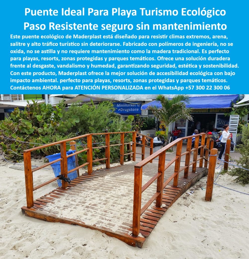 Puentes Y Pasarelas Sostenibles Pasos Peatonales Innovadores Senderos Maderplast Puente técnico modular de paso peatonal sobre arena blanca con estructura de polímero, esta imagen representa la evolución de las soluciones costeras hacia sistemas de infraestructura ecológica que integran tecnología, estética y sostenibilidad. La estructura, fabricada con polímero estructural de alta durabilidad y con un acabado tipo madera barnizada, fue diseñada para ambientes costeros exigentes donde el tráfico peatonal es constante, el salitre es corrosivo, y el impacto ambiental debe ser mínimo. Este camino costero modular de paso estable no se astilla, no se oxida, no se deforma y mantiene su color y forma bajo las condiciones más severas del turismo tropical, - ¿Cuál es el mejor paso para playas concurridas? Sin lugar a dudas, este sistema de pasarela segura con resistencia comprobada al salitre. Pensado para el turismo sostenible, esta pasarela técnica para turismo costero responde a todas las necesidades de accesibilidad sin comprometer el ecosistema. La estructura liviana permite su rápida instalación sin necesidad de maquinaria pesada, y sin intervenir de forma agresiva la arena o la vegetación cercana. Su construcción es completamente libre de metal, por lo que no hay riesgo de oxidación ni generación de residuos tóxicos. Este es, sin duda, un puente ecológico para playa pública que cumple con las más altas exigencias en diseño y responsabilidad ambiental, - ¿Qué puente es ecológico para zonas protegidas? La respuesta técnica es clara: una estructura liviana sin óxido ni astillas, fabricada con plástico técnico que no requiere mantenimiento y conserva sus propiedades mecánicas por décadas. A diferencia de la madera, que requiere pintura, tratamiento contra insectos y se degrada rápidamente, este puente decorativo ecológico funcional ofrece una superficie antideslizante para arena, ideal para playas, parques temáticos, zonas protegidas y entradas de hoteles, - Maderplast lo ha diseñado con barandas de seguridad que garantizan estabilidad al usuario, convirtiéndolo en un puente para zonas públicas costeras, perfecto para niños, adultos mayores y personas con movilidad reducida. Además, al ser un puente sin mantenimiento para zonas costeras, reduce los costos operativos y prolonga la vida útil del mobiliario urbano. Estas ventajas lo convierten en la solución ideal para pasarelas elevadas sobre la arena instaladas frente a comercio turístico, donde el flujo constante de personas demanda estructura para tránsito turístico intensivo, - ¿Dónde compro pasarela segura sin mantenimiento? La opción más confiable es con Maderplast. Su equipo ofrece asesoría especializada con un especialista, con atención personalizada en este WhatsApp: +57 300 22 300 06, garantizando la mejor elección según el uso, el tipo de terreno y las condiciones climáticas. Ya sea para instalar un paso técnico para zonas naturales sensibles, un acceso-modular-zona-natural, o un puente modular para parques infantiles, Maderplast ofrece soluciones a medida con respaldo institucional, - ¿Qué tipo de puente usar cerca del mar? Uno como este, que se presenta como un puente de bajo impacto ambiental, capaz de convivir con el entorno sin alterarlo, y que se comporta como una estructura plástica ecológica antideslizante apta para pasos turísticos con polímero técnico. Su diseño evita el uso de tornillería metálica y su montaje es rápido, limpio y sin obra civil, - ¿Pasarela para acceso turístico sin madera? Sí, y Maderplast lo demuestra con esta estructura sintética con diseño duradero y ecológico, que se ha vuelto un referente en el camino costero de bajo impacto ambiental. Por eso, si se requiere un puente turístico con cero corrosión para zonas de alto tránsito y exposición constante a humedad, esta es la elección técnica más adecuada, - Este paso peatonal sin mantenimiento constante, con su estructura marrón brillante y su capacidad de integrarse con armonía al entorno playero, representa el compromiso de Maderplast con la ingeniería sostenible. Es el futuro de las pasarelas modulares para playa sin madera, que ofrecen estética, funcionalidad y respeto ambiental sin compromisos, - ¿Qué puente puedo instalar sin dañar el ambiente? El puente peatonal ecológico modular de Maderplast es la solución. Un sistema de paso turístico de instalación rápida que combina durabilidad, belleza y cero mantenimiento. Porque en el turismo del futuro, no basta con ofrecer comodidad: hay que garantizar que cada paso sea seguro, estable y ecológico. Con Maderplast, el acceso a la naturaleza es técnico, respetuoso y visualmente memorable. 0 Puentes para parques temáticos resistentes vandalismo, - Sistemas de acceso verde para áreas protegidas, bajo impacto ambiental, Caminos Puentes Y Pasarelas Sostenibles Pasos Peatonales Innovadores Senderos Maderplast 0 Puentes para parques temáticos resistentes vandalismo Sistemas de acceso verde para áreas protegidas bajo impacto ambiental Caminos 0 Puente técnico modular de paso peatonal sobre arena blanca con estructura de polímero, esta imagen representa la evolución de las soluciones costeras hacia sistemas de infraestructura ecológica que integran tecnología, estética y sostenibilidad. La estructura, fabricada con polímero estructural de alta durabilidad y con un acabado tipo madera barnizada, fue diseñada para ambientes costeros exigentes donde el tráfico peatonal es constante, el salitre es corrosivo, y el impacto ambiental debe ser mínimo. Este camino costero modular de paso estable no se astilla, no se oxida, no se deforma y mantiene su color y forma bajo las condiciones más severas del turismo tropical, - ¿Cuál es el mejor paso para playas concurridas? Sin lugar a dudas, este sistema de pasarela segura con resistencia comprobada al salitre. Pensado para el turismo sostenible, esta pasarela técnica para turismo costero responde a todas las necesidades de accesibilidad sin comprometer el ecosistema. La estructura liviana permite su rápida instalación sin necesidad de maquinaria pesada, y sin intervenir de forma agresiva la arena o la vegetación cercana. Su construcción es completamente libre de metal, por lo que no hay riesgo de oxidación ni generación de residuos tóxicos. Este es, sin duda, un puente ecológico para playa pública que cumple con las más altas exigencias en diseño y responsabilidad ambiental, - ¿Qué puente es ecológico para zonas protegidas? La respuesta técnica es clara: una estructura liviana sin óxido ni astillas, fabricada con plástico técnico que no requiere mantenimiento y conserva sus propiedades mecánicas por décadas. A diferencia de la madera, que requiere pintura, tratamiento contra insectos y se degrada rápidamente, este puente decorativo ecológico funcional ofrece una superficie antideslizante para arena, ideal para playas, parques temáticos, zonas protegidas y entradas de hoteles, - Maderplast lo ha diseñado con barandas de seguridad que garantizan estabilidad al usuario, convirtiéndolo en un puente para zonas públicas costeras, perfecto para niños, adultos mayores y personas con movilidad reducida. Además, al ser un puente sin mantenimiento para zonas costeras, reduce los costos operativos y prolonga la vida útil del mobiliario urbano. Estas ventajas lo convierten en la solución ideal para pasarelas elevadas sobre la arena instaladas frente a comercio turístico, donde el flujo constante de personas demanda estructura para tránsito turístico intensivo, - ¿Dónde compro pasarela segura sin mantenimiento? La opción más confiable es con Maderplast. Su equipo ofrece asesoría especializada con un especialista, con atención personalizada en este WhatsApp: +57 300 22 300 06, garantizando la mejor elección según el uso, el tipo de terreno y las condiciones climáticas. Ya sea para instalar un paso técnico para zonas naturales sensibles, un acceso-modular-zona-natural, o un puente modular para parques infantiles, Maderplast ofrece soluciones a medida con respaldo institucional, - ¿Qué tipo de puente usar cerca del mar? Uno como este, que se presenta como un puente de bajo impacto ambiental, capaz de convivir con el entorno sin alterarlo, y que se comporta como una estructura plástica ecológica antideslizante apta para pasos turísticos con polímero técnico. Su diseño evita el uso de tornillería metálica y su montaje es rápido, limpio y sin obra civil, - ¿Pasarela para acceso turístico sin madera? Sí, y Maderplast lo demuestra con esta estructura sintética con diseño duradero y ecológico, que se ha vuelto un referente en el camino costero de bajo impacto ambiental. Por eso, si se requiere un puente turístico con cero corrosión para zonas de alto tránsito y exposición constante a humedad, esta es la elección técnica más adecuada, - Este paso peatonal sin mantenimiento constante, con su estructura marrón brillante y su capacidad de integrarse con armonía al entorno playero, representa el compromiso de Maderplast con la ingeniería sostenible. Es el futuro de las pasarelas modulares para playa sin madera, que ofrecen estética, funcionalidad y respeto ambiental sin compromisos, - ¿Qué puente puedo instalar sin dañar el ambiente? El puente peatonal ecológico modular de Maderplast es la solución. Un sistema de paso turístico de instalación rápida que combina durabilidad, belleza y cero mantenimiento. Porque en el turismo del futuro, no basta con ofrecer comodidad: hay que garantizar que cada paso sea seguro, estable y ecológico. Con Maderplast, el acceso a la naturaleza es técnico, respetuoso y visualmente memorable. Puentes Y Pasarelas Sostenibles Pasos Peatonales Innovadores Senderos Maderplast 0 Puentes para parques temáticos resistentes vandalismo, - Sistemas de acceso verde para áreas protegidas, bajo impacto ambiental, Caminos
