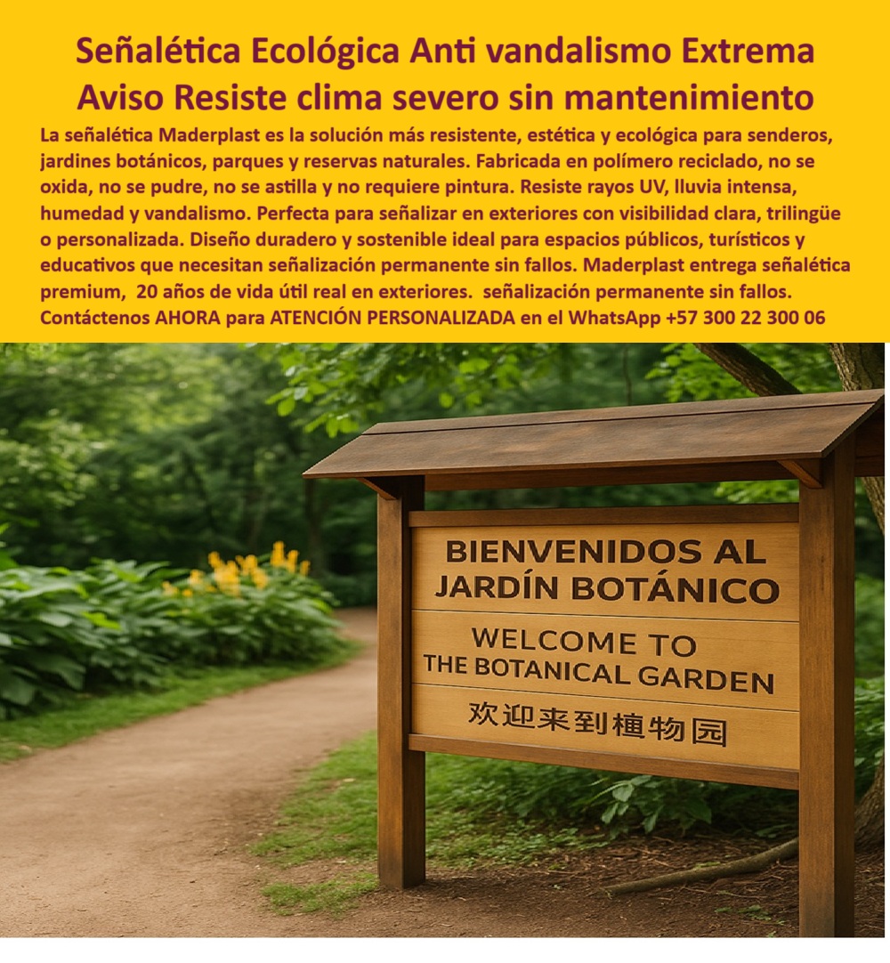 Señalética Ecológica Duradera Carteles Informativos Vallas Guía Avisos Maderplast Esta imagen presenta un cartel informativo ecológico Maderplast instalado en un camino natural rodeado de vegetación frondosa, ideal para jardines botánicos, reservas ecológicas, parques públicos y senderos turísticos. El aviso, de diseño robusto y armonioso, incluye una estructura vertical con tejadillo protector y un panel trilingüe (español, inglés y chino), lo cual garantiza máxima visibilidad internacional y utilidad educativa en espacios abiertos de alto tráfico, - Fabricado en polímero reciclado (PP), este cartel combina sostenibilidad con desempeño técnico superior. No se oxida, no se pudre, no se astilla y no requiere pintura ni mantenimiento, ni siquiera tras exposición prolongada a la lluvia, humedad o rayos UV. Es una verdadera señalética ecológica resistente a vandalismo y clima extremo, capaz de brindar más de 20 años de uso exterior continuo sin fallas estructurales ni deterioro visual, - Esta señalética antivandálica para exteriores está pensada para proyectos que exigen robustez, estética rústica y compromiso ambiental. Su instalación es sencilla, no requiere obra civil pesada, y su durabilidad está probada en climas húmedos, soleados y difíciles. Es la opción perfecta para quienes buscan avisos exteriores trilingües duraderos, tanto por su claridad de lectura como por su integración estética con el entorno natural, - Para operadores turísticos, entidades públicas, instituciones educativas al aire libre o responsables de infraestructura ecológica, esta solución responde a la pregunta clave, - ¿Qué señal soporta vandalismo y clima severo?, - La respuesta es está: Panel ecológico Maderplast sin fallas estructurales, sin óxido, sin pintura y con permanencia total, - Gracias a su fabricación con material reciclado, este producto es parte de la economía circular, aportando valor ecológico mientras mejora la experiencia de visitantes y usuarios. El diseño con tejadillo protege el texto y mejora la legibilidad, lo que lo convierte en una señalética permanente para zonas ecológicas y áreas protegidas donde las condiciones extremas suelen deteriorar los materiales tradicionales, - Y si alguien busca ¿Dónde conseguir señalización para turismo ecológico?, la mejor opción es esta señal informativa para clima severo y UV, una pieza de mobiliario ecológico técnico que transforma los espacios exteriores sin dañar el paisaje ni requerir cuidados constantes, - Esta señal responde también a las necesidades de mantenimiento bajo costo, señalización multilingüe y seguridad ambiental. Su uso es recomendado para, - Senderos de interpretación ambiental, - Estaciones educativas en parques naturales, - Puntos de orientación en reservas forestales, - Jardines urbanos ecológicos, - Caminos rurales con propósito turístico o informativo, - Además, responde a consultas como, - ¿Avisos para exteriores sin pintura ni moho?, - ¿Carteles para reservas naturales sin mantenimiento?, - ¿Cuál señal es ideal para jardines botánicos?, - ¿Qué letreros no se dañan al sol o lluvia?, - Asesoría Especializada Con Un Especialista De Maderplast, Atención Personalizada En Este Whatsapp +57 300 22 300 06 0 Avisos para clima extremo que soportan sol y lluvia sin fallar, - Señalización para senderos antivandalismo material muy resistente, - Paneles pp Señalética Ecológica Duradera Carteles Informativos Vallas Guía Avisos Maderplast 0 Avisos para clima extremo que soportan sol y lluvia sin fallar Señalización para senderos antivandalismo material muy resistente Paneles pp 0 Esta imagen presenta un cartel informativo ecológico Maderplast instalado en un camino natural rodeado de vegetación frondosa, ideal para jardines botánicos, reservas ecológicas, parques públicos y senderos turísticos. El aviso, de diseño robusto y armonioso, incluye una estructura vertical con tejadillo protector y un panel trilingüe (español, inglés y chino), lo cual garantiza máxima visibilidad internacional y utilidad educativa en espacios abiertos de alto tráfico, - Fabricado en polímero reciclado (PP), este cartel combina sostenibilidad con desempeño técnico superior. No se oxida, no se pudre, no se astilla y no requiere pintura ni mantenimiento, ni siquiera tras exposición prolongada a la lluvia, humedad o rayos UV. Es una verdadera señalética ecológica resistente a vandalismo y clima extremo, capaz de brindar más de 20 años de uso exterior continuo sin fallas estructurales ni deterioro visual, - Esta señalética antivandálica para exteriores está pensada para proyectos que exigen robustez, estética rústica y compromiso ambiental. Su instalación es sencilla, no requiere obra civil pesada, y su durabilidad está probada en climas húmedos, soleados y difíciles. Es la opción perfecta para quienes buscan avisos exteriores trilingües duraderos, tanto por su claridad de lectura como por su integración estética con el entorno natural, - Para operadores turísticos, entidades públicas, instituciones educativas al aire libre o responsables de infraestructura ecológica, esta solución responde a la pregunta clave, - ¿Qué señal soporta vandalismo y clima severo?, - La respuesta es está: Panel ecológico Maderplast sin fallas estructurales, sin óxido, sin pintura y con permanencia total, - Gracias a su fabricación con material reciclado, este producto es parte de la economía circular, aportando valor ecológico mientras mejora la experiencia de visitantes y usuarios. El diseño con tejadillo protege el texto y mejora la legibilidad, lo que lo convierte en una señalética permanente para zonas ecológicas y áreas protegidas donde las condiciones extremas suelen deteriorar los materiales tradicionales, - Y si alguien busca ¿Dónde conseguir señalización para turismo ecológico?, la mejor opción es esta señal informativa para clima severo y UV, una pieza de mobiliario ecológico técnico que transforma los espacios exteriores sin dañar el paisaje ni requerir cuidados constantes, - Esta señal responde también a las necesidades de mantenimiento bajo costo, señalización multilingüe y seguridad ambiental. Su uso es recomendado para, - Senderos de interpretación ambiental, - Estaciones educativas en parques naturales, - Puntos de orientación en reservas forestales, - Jardines urbanos ecológicos, - Caminos rurales con propósito turístico o informativo, - Además, responde a consultas como, - ¿Avisos para exteriores sin pintura ni moho?, - ¿Carteles para reservas naturales sin mantenimiento?, - ¿Cuál señal es ideal para jardines botánicos?, - ¿Qué letreros no se dañan al sol o lluvia?, - Asesoría Especializada Con Un Especialista De Maderplast, Atención Personalizada En Este Whatsapp +57 300 22 300 06 Señalética Ecológica Duradera Carteles Informativos Vallas Guía Avisos Maderplast 0 Avisos para clima extremo que soportan sol y lluvia sin fallar, - Señalización para senderos antivandalismo material muy resistente, - Paneles pp