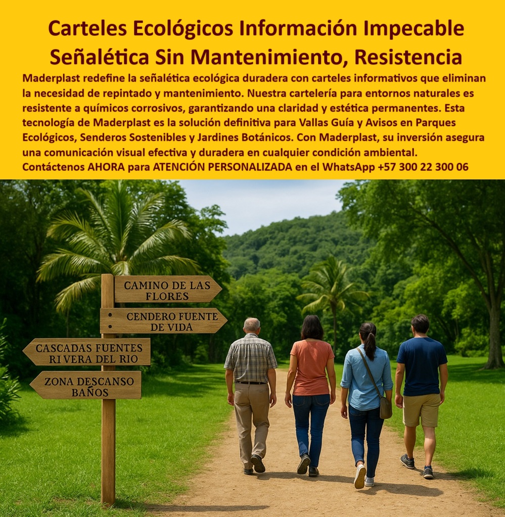 Señalética Ecológica Duradera Carteles Informativos Vallas Guía Avisos Maderplast La Señalética que No se Borra, No se Pudre, No se Reemplaza. - En la imagen se presenta una escena que todo parque natural, sendero ecológico o jardín botánico debería poder ofrecer con orgullo: señalización clara, integrada con el entorno y perfectamente conservada a pesar del tiempo, la intemperie o el tránsito de visitantes. Lo que diferencia este cartel de otros es su tecnología Maderplast, desarrollada para durar décadas sin mantenimiento y con la garantía de una estética impecable. - La señalética Maderplast está fabricada con polímeros reciclados de alto rendimiento, lo que la convierte en una opción sostenible y funcional a largo plazo. No se decolora con los rayos UV, no absorbe humedad, es resistente a hongos, plagas y sustancias químicas como fertilizantes, excrementos animales o productos de limpieza agresivos que normalmente desgastan la señalización tradicional. El mensaje grabado o impreso permanece perfectamente legible con el paso del tiempo. - Los letreros ecológicos como el que vemos aquí cumplen funciones múltiples: orientan al visitante, refuerzan la educación ambiental, ofrecen seguridad en entornos abiertos y ayudan a conservar el flujo peatonal sin generar contaminación visual. Pero lo que realmente hace única esta propuesta es su capacidad de sostener su función sin intervención. Nada de pintura, barnices, resanes o cambios estacionales. Lo instalas y te olvidas. - Desde un punto de vista técnico, la señal está compuesta por un eje vertical firme tipo poste, sobre el cual se insertan carteles direccionales modulares con bordes suaves, superficie sin astillas y acabados tipo madera natural. La estética rústica logra integrarse perfectamente en paisajes naturales y zonas protegidas, mientras que el diseño modular permite configurar múltiples rutas, zonas de descanso, cascadas, fuentes o puntos de interpretación ecológica sin perder claridad. - Este tipo de señalética no solo es ideal para parques naturales, también lo es para zonas recreativas privadas, ecohoteles, senderos comunitarios, jardines botánicos, reservas naturales, granjas autosostenibles, proyectos ambientales, colegios rurales y espacios turísticos con enfoque verde. Y en todos esos contextos, su ventaja competitiva es clara: nunca más tendrás que preocuparte por carteles que se caen, se oxidan o se vuelven ilegibles. - Además, al estar fabricadas con plásticos reciclados Maderplast, estas soluciones contribuyen directamente a la economía circular y a las políticas de sostenibilidad exigidas en certificaciones como LEED, ISO 14001, y programas públicos de contratación verde. Cada poste instalado es un mensaje no solo para el visitante, sino también para el planeta: se puede informar con claridad, sin dañar el entorno. - Este tipo de productos tienen cada vez más demanda en licitaciones públicas, parques nacionales, alcaldías y empresas de turismo ecológico, precisamente por su balance entre ingeniería duradera y compromiso ambiental. Su resistencia estructural permite fijarlos sobre suelos blandos, pavimento, adoquines o tierra compactada, sin comprometer su estabilidad. Incluso en zonas con alta humedad relativa, estos postes se mantienen firmes y funcionales. - No se trata de decorar un parque, se trata de transformarlo en una experiencia guiada y duradera con cero preocupaciones. Con señalética Maderplast, la inversión se hace una sola vez. No hay gastos ocultos ni sorpresas futuras. Solo funcionalidad permanente, ahorro operativo y contribución ambiental real. - Contáctanos ahora para atención personalizada vía WhatsApp al +57 300 22 300 06. Nuestro equipo te asesora en el diseño, la ubicación, el mensaje y la configuración de señalización adaptada a tu parque, reserva o proyecto ecológico. - Con Maderplast, comunicas con claridad, cuidas el entorno y te olvidas del repintado para siempre. 0 Carteles informativos sin mantenimiento olvida repintar, - Cartelería para entornos naturales resistente químicos corrosivos, - Mapa guia Señalética Ecológica Duradera Carteles Informativos Vallas Guía Avisos Maderplast 0 Carteles informativos sin mantenimiento olvida repintar Cartelería para entornos naturales resistente químicos corrosivos Mapa guia 0 La Señalética que No se Borra, No se Pudre, No se Reemplaza. - En la imagen se presenta una escena que todo parque natural, sendero ecológico o jardín botánico debería poder ofrecer con orgullo: señalización clara, integrada con el entorno y perfectamente conservada a pesar del tiempo, la intemperie o el tránsito de visitantes. Lo que diferencia este cartel de otros es su tecnología Maderplast, desarrollada para durar décadas sin mantenimiento y con la garantía de una estética impecable. - La señalética Maderplast está fabricada con polímeros reciclados de alto rendimiento, lo que la convierte en una opción sostenible y funcional a largo plazo. No se decolora con los rayos UV, no absorbe humedad, es resistente a hongos, plagas y sustancias químicas como fertilizantes, excrementos animales o productos de limpieza agresivos que normalmente desgastan la señalización tradicional. El mensaje grabado o impreso permanece perfectamente legible con el paso del tiempo. - Los letreros ecológicos como el que vemos aquí cumplen funciones múltiples: orientan al visitante, refuerzan la educación ambiental, ofrecen seguridad en entornos abiertos y ayudan a conservar el flujo peatonal sin generar contaminación visual. Pero lo que realmente hace única esta propuesta es su capacidad de sostener su función sin intervención. Nada de pintura, barnices, resanes o cambios estacionales. Lo instalas y te olvidas. - Desde un punto de vista técnico, la señal está compuesta por un eje vertical firme tipo poste, sobre el cual se insertan carteles direccionales modulares con bordes suaves, superficie sin astillas y acabados tipo madera natural. La estética rústica logra integrarse perfectamente en paisajes naturales y zonas protegidas, mientras que el diseño modular permite configurar múltiples rutas, zonas de descanso, cascadas, fuentes o puntos de interpretación ecológica sin perder claridad. - Este tipo de señalética no solo es ideal para parques naturales, también lo es para zonas recreativas privadas, ecohoteles, senderos comunitarios, jardines botánicos, reservas naturales, granjas autosostenibles, proyectos ambientales, colegios rurales y espacios turísticos con enfoque verde. Y en todos esos contextos, su ventaja competitiva es clara: nunca más tendrás que preocuparte por carteles que se caen, se oxidan o se vuelven ilegibles. - Además, al estar fabricadas con plásticos reciclados Maderplast, estas soluciones contribuyen directamente a la economía circular y a las políticas de sostenibilidad exigidas en certificaciones como LEED, ISO 14001, y programas públicos de contratación verde. Cada poste instalado es un mensaje no solo para el visitante, sino también para el planeta: se puede informar con claridad, sin dañar el entorno. - Este tipo de productos tienen cada vez más demanda en licitaciones públicas, parques nacionales, alcaldías y empresas de turismo ecológico, precisamente por su balance entre ingeniería duradera y compromiso ambiental. Su resistencia estructural permite fijarlos sobre suelos blandos, pavimento, adoquines o tierra compactada, sin comprometer su estabilidad. Incluso en zonas con alta humedad relativa, estos postes se mantienen firmes y funcionales. - No se trata de decorar un parque, se trata de transformarlo en una experiencia guiada y duradera con cero preocupaciones. Con señalética Maderplast, la inversión se hace una sola vez. No hay gastos ocultos ni sorpresas futuras. Solo funcionalidad permanente, ahorro operativo y contribución ambiental real. - Contáctanos ahora para atención personalizada vía WhatsApp al +57 300 22 300 06. Nuestro equipo te asesora en el diseño, la ubicación, el mensaje y la configuración de señalización adaptada a tu parque, reserva o proyecto ecológico. - Con Maderplast, comunicas con claridad, cuidas el entorno y te olvidas del repintado para siempre. Señalética Ecológica Duradera Carteles Informativos Vallas Guía Avisos Maderplast 0 Carteles informativos sin mantenimiento olvida repintar, - Cartelería para entornos naturales resistente químicos corrosivos, - Mapa guia