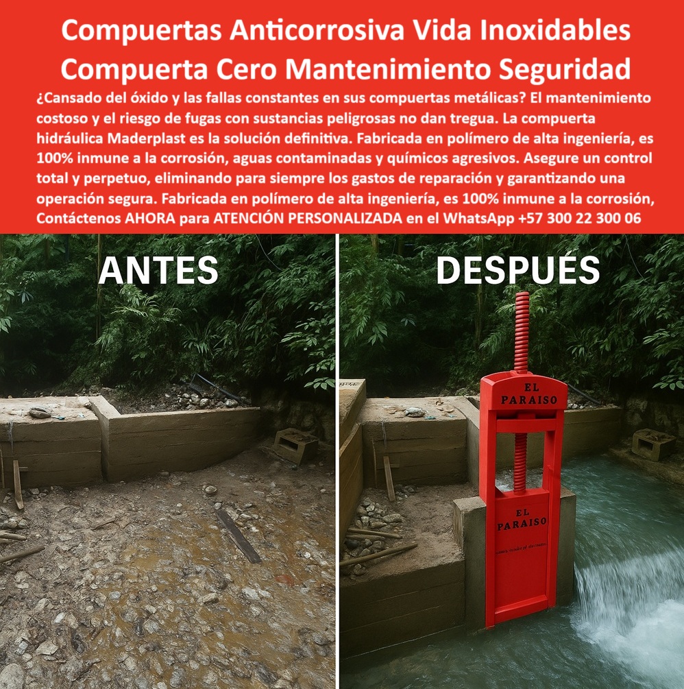 Compuerta Anti Corrosión Aguas Contaminadas Sustancias Peligrosas Maderplast 0 compuerta hidráulica anticorrosión para desechos líquidos compuerta plástica para manejo seguro de aguas compuerta hidráulica para fluidos 0 MADERPLAST: La Solución Definitiva contra el Óxido en Aguas Contaminadas - La imagen ilustra un problema que muchos ingenieros enfrentan: la obsolescencia de los materiales tradicionales frente a la agresividad del entorno. A la izquierda, el antes, una compuerta metálica corroída. A la derecha, la solución: la Compuerta Anticorrosiva Vida Inoxidables de Maderplast, fabricada en un vibrante polímero de alta ingeniería. Esta compuerta Cero Mantenimiento Seguridad es la respuesta definitiva al óxido, a las fallas constantes y a las fugas con sustancias peligrosas que no dan tregua. - Inmunidad Total y Control Perpetuo para la Seguridad Operativa - En ambientes con aguas contaminadas y químicos agresivos, la confiabilidad es la prioridad. Si se pregunta cómo se asegura la confiabilidad de una compuerta en un proyecto de saneamiento, la respuesta es la tecnología Maderplast. Nuestras compuertas son 100% inmunes a la corrosión y a los químicos agresivos. Esto garantiza un control total y perpetuo, eliminando los riesgos operativos y el alto costo de mantenimiento. - Nuestra compuerta hidráulica anticorrosión para desechos líquidos está diseñada para el manejo seguro de aguas en la industria química y de saneamiento industrial. Es la solución ideal para el control de fluidos agresivos y para la prevención de riesgos ambientales. - Larga Vida Útil y Ahorros de Operación Garantizados - Maderplast se posiciona como la inversión más inteligente a largo plazo. Si busca compuertas de cero mantenimiento para mi planta de tratamiento, la respuesta es nuestra válvula de cero mantenimiento para canales. Con su fabricación en polímero de alta ingeniería, nuestras compuertas tienen una durabilidad muy superior a cualquier material. Es una inversión que se paga sola con años de servicio sin fallas, eliminando los gastos de reparación y los costos de mantenimiento. - Para cualquier proyecto que exija el manejo de sustancias peligrosas o efluentes, Maderplast ofrece una solución que asegura una operación segura, eficiente y sin sorpresas. - Para obtener asesoría especializada y desarrollar su proyecto con la mejor tecnología, contáctenos: - WhatsApp +57 300 22 300 06 Compuerta Anti Corrosión Aguas Contaminadas Sustancias Peligrosas Maderplast 0 compuerta hidráulica anticorrosión para desechos líquidos, - compuerta plástica para manejo seguro de aguas, - compuerta hidráulica para fluidos