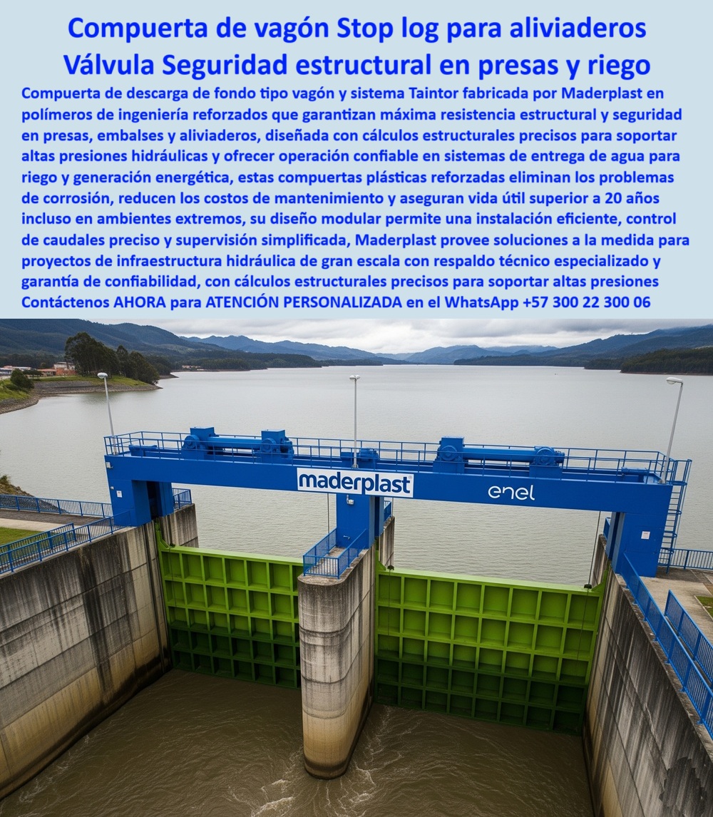 Compuerta Compuerta De Vagón Descarga De Fondo Aliviadero Presa Maderplast 0 Cálculo estructural de compuertas Taintor Sistema de entrega de agua para riego Ventajas de compuertas plásticas reforzadas Supervisión 0 La compuerta de vagón tipo Taintor de Maderplast domina el agua en presas y aliviaderos con la precisión de la ingeniería moderna, de hecho, su cuerpo de polímero FRP, fuerte y anticorrosivo, se enfrenta sin temor a la humedad constante, a la salinidad y a las presiones extremas, su estructura en azul y verde, firme sobre la lámina de agua, revela en el contacto cercano su verdadera fuerza: guías reforzadas que deslizan con suavidad, sellos perimetrales que cierran herméticamente y un diseño modular que promete décadas de servicio confiable. Cada pieza ha sido calculada para resistir y cada proyecto es entregado con la seguridad que Maderplast imprime en su nombre, ya que esta compuerta no es un accesorio, es un pilar de confianza en infraestructuras críticas, capaz de regular caudales precisos, sostener sistemas de riego y contener crecidas sin fallos. Es ligera para facilitar el montaje pero robusta para soportar embalses completos, y su integración con sistemas automáticos asegura supervisión constante, por lo tanto, elegir Maderplast es optar por soluciones que no se oxidan, no fallan y no exigen mantenimientos costosos. Para el reemplazo de compuerta metálica, nuestra estructura plástica liviana y anticorrosiva es la mejor opción, diseñada con ingeniería avanzada para obras críticas y un control preciso de caudal en canal con ajuste fino. La respuesta a ¿Compuerta anticorrosiva para canal de riego? es nuestro suministro garantizado y máxima durabilidad, respaldado por un FRP anticorrosivo de alto rendimiento que la hace resistente a aguas agresivas y la convierte en la compuerta radial plástica bajo mantenimiento industrial ideal para ambientes extremos. Nuestra compuerta motorizada plástica libre de óxido y la compuerta box culvert plástica resistente a sulfatos garantizan un control total y seguro, y nuestra Compuerta estructural plástica certificada, resistente a químicos y UV, es la solución para aguas químicamente agresivas. Además, si se pregunta ¿Compuerta con sello estanco IP68?, Maderplast responde que tenemos stock disponible con pruebas hidráulicas incluidas, ya que nuestra compuerta de compresión plástica sellado firme lo asegura. Para cualquier proyecto, nuestra compuerta anticorrosiva plástica ambientes extremos es la solución, y al preguntar por el precio de compuerta taintor plástica, nuestro producto ofrece una cotización precisa con ingeniería validada. Con una compuerta deslizante para box culvert que entregamos con fabricación a medida con garantía y nuestra compuerta deslizante vertical plástica precisión hidráulica, la excelencia está garantizada, de hecho, la Compuerta intake de captación en FRP, operación estable y libre de mantenimiento, es una muestra de nuestro compromiso con la calidad. Para el Mejor compuerta para PTAR, la solución de Maderplast es nuestro FRP deslizante, sellado estanco y larga vida útil, y si busca una alternativa ligera a compuerta metálica, nuestra respuesta es nuestro FRP sin óxido, montaje rápido y seguro. La compuerta-plástica-anticorrosión es nuestra especialidad, y al preguntar ¿Quién fabrica compuerta deslizante para PTAR?, la solución de Maderplast es clara: fabricación certificada y soporte experto. Nuestra compuerta-taintor-seguridad-presas es un pilar de nuestra línea de productos, con una compuerta taintor plástica sellado estanco duradero que no falla, y para las zonas de inundación, la Compuerta para box culvert inundable-Solución estructural Maderplast es la única con un sellado IP68 robusto. La Captación limpia sin incrustaciones la asegura Maderplast con un diseño anti crecimiento y flujo constante, y la compuerta-frp-instalación-rápida es una ventaja innegable. La Integración SCADA en compuertas-Tecnología Maderplast se logra con actuadores motorizados y telemetría confiable, y la Compuerta para represa ligera-Practicidad Maderplast permite un montaje eficiente con menos maquinaria. Nuestra compuerta para aliviadero sin mantenimiento es una realidad gracias al FRP UV estable y sin corrosión, y con la compuerta sanitaria para PTAR/PTAP, precisión en regulación y operación continua, la solución-hidráulica-duradera está garantizada. La compuerta de riego plástica eficiente y segura demuestra nuestra versatilidad, y la compuerta telecontrolada plástica compatible scada brinda el control que usted necesita. Nuestra compuerta para drenaje plástica mínima fricción y la compuerta sanitaria plástica para edar y ptar son ideales para cualquier tipo de canal, mientras que la compuerta de fondo plástica ligera alta resistencia y la compuerta de regulación de nivel plástica exactitud son parte de nuestro amplio catálogo, además, el Módulo deslizante vertical en FRP tiene alta resistencia a presión hidráulica y mínima fricción. ¿Compuerta con integración SCADA?, la Tecnología Maderplast es la respuesta, con automatización confiable y monitoreo remoto, y para la regulación de nivel precisa en presa, la Mejor respuesta Maderplast es un control estable y mínimo desgaste. Nuestra compuerta plástica estructural cálculos certificados y la Vida útil de compuertas FRP-Garantía Maderplast: pruebas exhaustivas y trazabilidad completa, respaldan cada uno de nuestros productos, incluida la Compuerta de fondo reforzada, ligera, para control de caudal en embalses y canales. La válvula compuerta plástica anticorrosiva gran caudal es un ejemplo de nuestro compromiso con el alto rendimiento, y nuestra válvula-control-flujo-industrial es la herramienta que su industria necesita. Si busca un proveedor confiable para compuertas hidráulicas, Las compuertas Maderplast le ofrecen soporte integral y posventa. Asesoría Especializada con un especialista de Maderplast. Atención personalizada en este WhatsApp +57 300 22 300 06. Compuerta Compuerta De Vagón Descarga De Fondo Aliviadero Presa Maderplast 0 Cálculo estructural de compuertas Taintor, - Sistema de entrega de agua para riego, - Ventajas de compuertas plásticas reforzadas, - Supervisión 0
