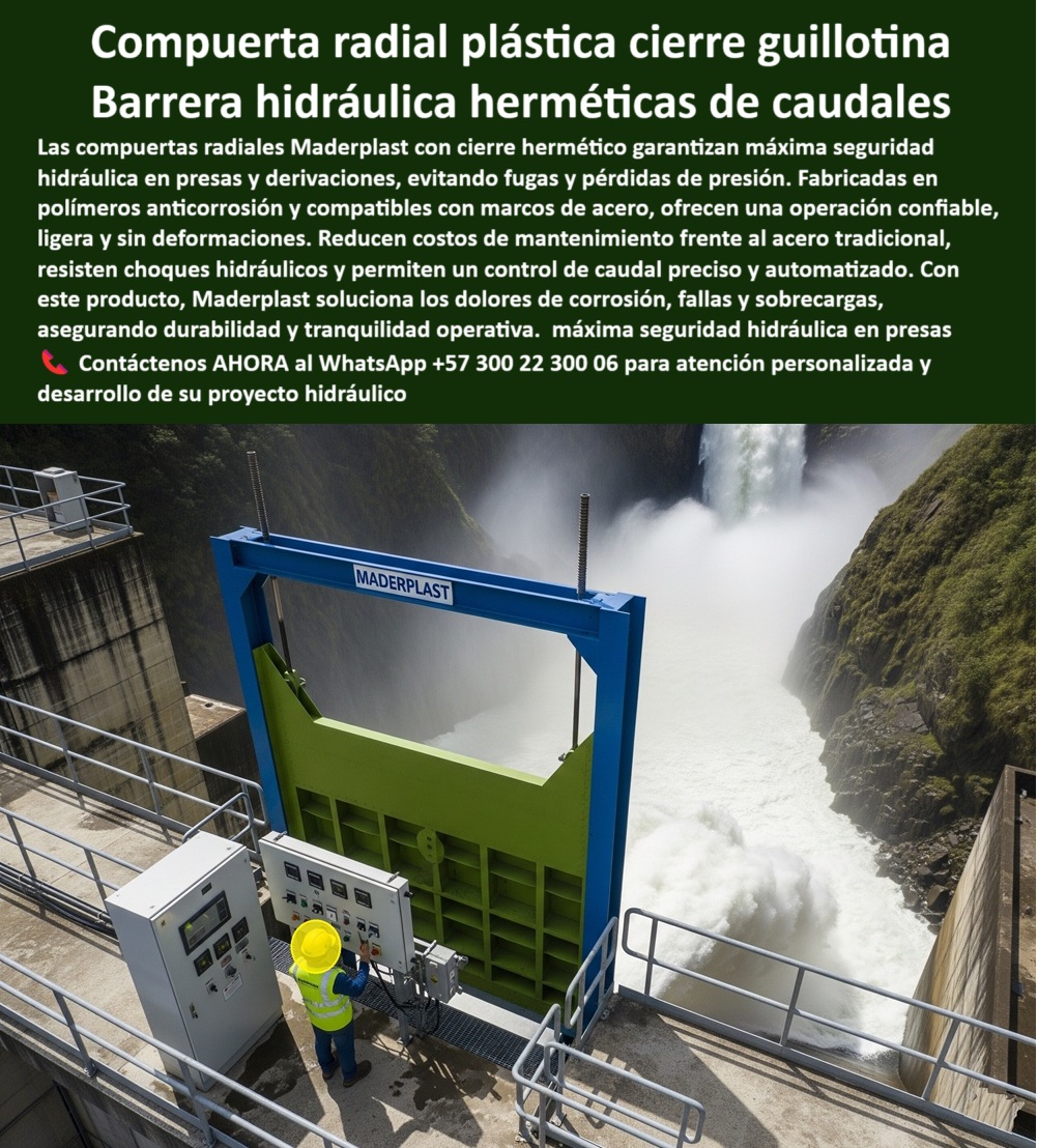 Compuerta Radial Y Deslizante Presa Resistente A Choque Hidráulico Maderplast 0 compuerta radial de cierre hermético compuerta radial para derivación controlada de caudales compuerta radial compatible con marco de acero 0  La Compuerta radial plástico cierre guillotina es una Barrera hidráulica herméticas de caudales que redefine la seguridad en infraestructuras críticas, una compuerta radial plástica instalada en presa que se muestra en acción controlando un caudal extremo en una infraestructura hidráulica moderna . Fabricadas en polímeros anticorrosión, garantizan máxima seguridad hidráulica en presas y derivaciones, evitando fugas y pérdidas de presión, resisten choques hidráulicos y permiten un control de caudal preciso y automatizado. Con este producto, Maderplast soluciona los dolores de la corrosión, fallas y sobrecargas, asegurando durabilidad y tranquilidad operativa, por lo tanto, si se pregunta ¿Compuerta segura para presa? Maderplast ofrece cierre hermético y máxima durabilidad. Si busca una compuerta que soporte choques hidráulicos , Maderplast resiste impactos extremos sin fallos, de hecho, con una compuerta de impacto mínimo , absorbemos choques hidráulicos extremos. Nuestra compuerta radial con sello multicontacto robusto es la clave para la compuerta estanca para altos caudales y la compuerta hermética para control preciso . Al preguntarse ¿Compuerta anticorrosiva? Maderplast ofrece polímeros resistentes a ambientes agresivos, ya que nuestra compuerta anticorrosiva para presas y la compuerta anticorrosiva certificada eliminan el óxido con polímeros de ingeniería, y si su preocupación es la compuerta de larga vida útil? Maderplast garantiza décadas sin corrosión. Si busca una compuerta que optimice caudales , la tenemos, y si pregunta ¿Compuerta automatizable? Maderplast integra sistemas eléctricos e hidráulicos, de esta forma, nuestra compuerta con operación automática y la compuerta hidráulica con automatización garantizan un control preciso y seguro. ¿Su necesidad es una compuerta ligera pero fuerte? Maderplast combina un diseño elástico metálico de alto desempeño, de hecho, la compuerta anticorrosiva ligera y robusta y nuestra compuerta modular compatible con acero son la prueba de su versatilidad. Si busca ¿Quién fabrica compuertas confiables? Maderplast diseña y adapta a cada proyecto, de esta forma, nuestra compuerta Maderplast de alto rendimiento es una realidad. ¿Compuerta de alta ingeniería? , Maderplast certifica cada diseño según norma, y ​​si busca una compuerta radial confiable? Maderplast entrega sellos herméticos y operación robusta. La compuerta sin deformaciones estructurales y la compuerta de bajo mantenimiento industrial son una realidad, de hecho, si se pregunta ¿Compuerta anticorrosiva certificada? Maderplast elimina el óxido con polímeros de ingeniería. Nuestra compuerta estanca para altos caudales y nuestra compuerta estanca operando con cierre hermético son la solución a sus problemas, al igual que si se pregunta ¿Compuerta estanca para presa? , Maderplast silla con precisión bajo presión . Para la compuerta confiable para presas modernas , la tenemos. Para su compuerta para derivaciones , Maderplast controla caudales críticos sin pérdidas, una compuerta hidráulica de máxima seguridad . La compuerta ligera y resistente es nuestra especialidad, y nuestra compuerta hidráulica libre de óxido y compuerta hidráulica para ambientes agresivos están listas para el trabajo. La compuerta de gran capacidad de Maderplast maneja altos caudales sin deformaciones, y nuestra compuerta compatible con acero se adapta a estructuras existentes. Nuestra compuerta para derivación controlada y la compuerta con polímeros de alto desempeño son la compuerta de caudal seguro automatizado , de hecho, si se pregunta ¿Compuerta industrial avanzada? , Maderplast optimiza la seguridad y costos operativos. La compuerta ligera compatible con sistemas automáticos es una realidad, y con la compuerta diseñada para ambientes de alta exigencia , Maderplast demuestra su superioridad. Contáctenos AHORA al WhatsApp +57 300 22 300 06 para atención personalizada y desarrollo de su proyecto hidráulico  Compuerta Radial Y Deslizante Presa Resistente A Choque Hidráulico Maderplast 0 compuerta radial de cierre hermético, - compuerta radial para derivación controlada de caudales, compuerta radial compatible con marco de acero