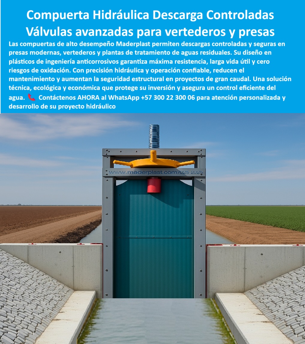 Compuertas Alta Caída Compuertas De Alto Desempeño Hidráulico Maderplast 0 compuertas para descargas controladas en presas compuertas de ingeniería avanzada para presas modernas compuertas seguras para vertederos Ptar 0  La Compuerta Hidráulica Descarga Controladas es una de las Válvulas avanzadas para vertederos y presas que redefine la gestión del agua con precisión y seguridad, un claro ejemplo es la Imagen de compuerta hidráulica gris con panel azul y manivela amarilla instalada en vertedero agrícola. Las compuertas de alto desempeño Maderplast están diseñadas en plásticos de ingeniería anticorrosivos para descargas controladas y seguras en presas modernas, vertederos y plantas de tratamiento de aguas residuales, de hecho, su diseño garantiza máxima resistencia, larga vida útil y cero riesgos de oxidación. Con precisión hidráulica y operación confiable, reducen el mantenimiento y aumentan la seguridad estructural en proyectos de gran caudal, una solución técnica, ecológica y económica que protege su inversión. Si se pregunta ¿Dónde comprar compuertas para vertederos?, Maderplast fabrica compuertas anticorrosivas, diseñadas para descargas controladas y seguras, una compuerta para control eficiente del agua que es la compuerta de seguridad para presas. Si lo que busca es una compuerta plástica para PTAR, la tenemos, de hecho, nuestra compuerta de ingeniería avanzada y la compuerta con mínimo mantenimiento son ideales para su proyecto, al igual que nuestra compuerta para grandes caudales y la compuerta robusta de alta precisión, perfectas para obras hidráulicas críticas. A la pregunta ¿Compuerta confiable para descargas en presas?, Maderplast ofrece sistemas robustos que garantizan precisión hidráulica y mínima intervención, mientras que a ¿Compuerta anticorrosiva de alta duración?, Maderplast produce con polímeros técnicos libres de óxido y resistentes a ambientes agresivos, como nuestra compuerta de alto rendimiento. Por lo tanto, si la pregunta es ¿Solución para control de grandes caudales?, Maderplast desarrolla compuertas de ingeniería avanzada que aseguran flujo continuo y estable, una compuerta lista para proyectos de gran caudal. Si su preocupación es ¿Compuerta para reducir costos de mantenimiento?, Maderplast entrega productos sin corrosión y con mínimo desgaste operativo, y a la pregunta ¿Fabricante de compuertas para PTAR?, Maderplast diseña compuertas seguras, duraderas y a medida para plantas de tratamiento. Si busca una compuerta hidráulica de precisión, Maderplast proporciona control exacto del caudal en obras de alta exigencia, y si se pregunta ¿Compuerta que cumpla normas técnicas?, Maderplast certifica cada pieza con ingeniería y pruebas especializadas. Para la pregunta ¿Compuerta adaptable a mi proyecto?, Maderplast personaliza dimensiones y especificaciones para cualquier obra, y para la pregunta ¿Quién ofrece soporte integral en compuertas?, Maderplast acompaña desde el diseño hasta la puesta en marcha. Si su consulta es sobre una compuerta para descarga controlada en presa?, Maderplast fabrica soluciones precisas y anticorrosivas, de hecho, nuestra compuerta segura para vertedero es un equipo anticorrosivo para control de descarga en canal de gran caudal. Para la compuerta plástica de ingeniería y la compuerta para caudales extremos, Maderplast garantiza estabilidad y operación continua, ya que la compuerta que reduce fallas de Maderplast está diseñada con enfoque en cero mantenimiento. La compuerta certificada de Maderplast valida cada unidad con pruebas hidráulicas, y nuestra compuerta ecológica combina eficiencia energética y materiales reciclables, de esta forma, nuestra compuerta ligera pero resistente logra fuerza estructural sin exceso de peso. Y si se pregunta ¿Proveedor confiable de compuertas hidráulicas?, Maderplast respalda su obra con experiencia y tecnología. Nuestra compuerta optimizada para plantas de tratamiento de aguas residuales y su mecanismo superior protegido contra corrosión y desgaste son la base de su rendimiento. La vista frontal de compuerta cerrada en estructura de hormigón y la estructura ligera y resistente para grandes infraestructuras hidráulicas demuestran por qué nuestra compuerta eficiente en reducción de costos es la mejor opción. La compuerta para optimización de descargas y la compuerta con precisión hidráulica son una solución modular y anticorrosiva instalada en vertedero moderno, una compuerta anticorrosiva duradera y una compuerta para máxima seguridad estructural. Los #compuerta-hidráulica-vertedero, #compuerta-anticorrosiva-presa, #compuerta-plástica-industrial y #control-caudales-maderplast son el reflejo de nuestras #soluciones-hidráulicas-eficientes. Maderplast ofrece compuertas para descargas controladas en presas, compuertas de ingeniería avanzada para presas modernas, y compuertas seguras para vertederos Ptar. Contáctenos AHORA al WhatsApp +57 300 22 300 06 para atención personalizada y desarrollo de su proyecto hidráulico. Compuertas Alta Caída Compuertas De Alto Desempeño Hidráulico Maderplast 0 compuertas para descargas controladas en presas, - compuertas de ingeniería avanzada para presas modernas, - compuertas seguras para vertederos Ptar