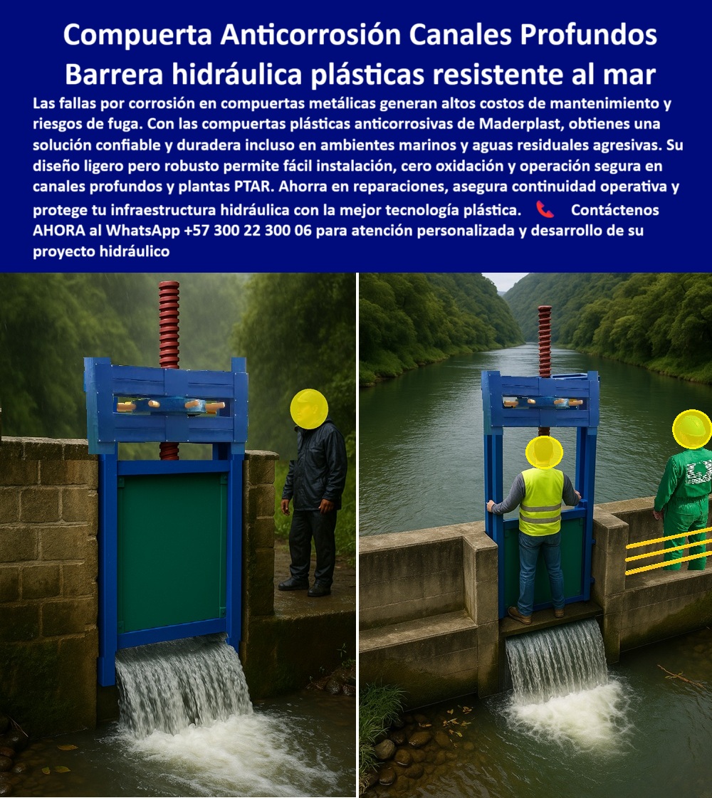 Compuertas Industriales para Canales Profundos y Grandes Caudales Maderplast 0 compuerta resistente a corrosión agua de mar compuerta hidráulica plástica anticorrosión para canales profundos compuerta plástica Ptar PP 0  La compuerta anticorrosiva para canales profundos de Maderplast redefine la durabilidad y confiabilidad en proyectos hidráulicos exigentes, y la imagen lo muestra con claridad: una compuerta azul anticorrosiva instalada en canal de piedra, agua fluyendo, operario supervisa, ejemplo real de tecnología que protege la inversión en ambientes donde las compuertas metálicas tradicionales fallan año tras año por óxido y corrosión. En canales profundos, ríos contaminados, aguas residuales agresivas o plantas PTAR costeras, las exigencias son extremas y los riesgos altos; por eso, ofrecemos compuertas plásticas resistentes al mar, compuertas hidráulicas para aguas salinas, compuertas anti corrosión para PTAR costeras, y barreras hidráulicas plásticas marinas fabricadas en polímeros reforzados que eliminan el problema del óxido incluso en ambientes marinos y zonas lluviosas, garantizando hermeticidad, operación segura, instalación rápida y más de 20 años de vida útil comprobada. Cuando nos consultan: “¿Qué compuerta dura más en agua de mar?”, respondemos con evidencia: compuerta plástica anticorrosiva probada 7 años en costas del Pacífico, fotos y planos disponibles; quienes solicitan “compuertas para canales con agua salina” reciben soluciones resistentes a cloruros y sin mantenimiento, respaldadas por resultados reales; y para “¿Quién ofrece compuertas anti corrosión para PTAR?” ofrecemos polímeros reforzados operativos en ambientes agresivos, casos comprobados. Incluso frente a dudas como “¿Cómo evitar óxido en compuertas hidráulicas?”, nuestra respuesta es técnica y clara: material plástico avanzado, certificado, con ahorro garantizado en mantenimiento, lo que convierte cada compuerta plástica contra corrosión salina, cada compuerta hermética anti corrosión sin mantenimiento, cada compuerta ligera y robusta para caudales críticos en un activo estratégico para nuestros clientes. Así lo confirma el Ing. Andrés Rivas, responsable de la PTAR Buenaventura: “Nuestras compuertas metálicas fallecían cada año por corrosión marina. Instalamos compuertas plásticas Maderplast y llevamos 5 años sin un solo mantenimiento, con operación continua y control perfecto del caudal. Es la mejor inversión que hemos hecho”. Esta experiencia, sumada a compuertas hidráulicas de polímero reforzado para proyectos portuarios, compuertas plásticas duraderas para ingeniería civil, compuertas confiables para ambientes agresivos, y compuertas anticorrosivas para canales de descarga e industriales, nos posiciona como líderes en compuerta-industrial-de-larga-duración, compuerta-plástica-para-ptar-costeras, compuerta-hidráulica-resistente-a-corrosión, compuerta-anticorrosiva-canales-profundos y barrera-hidráulica-plástica-marina, ofreciendo la tranquilidad de un producto que protege la infraestructura, reduce costos y asegura continuidad operativa incluso en los escenarios más hostiles. Por eso, cuando alguien pregunta “¿Qué compuerta protege mejor la infraestructura hidráulica?”, nuestra respuesta es simple y contundente: Maderplast, con más de 20 años de durabilidad probada, tecnología plástica avanzada y resultados visibles en campo. Contáctenos ahora al WhatsApp +57 300 22 300 06 y eleve su proyecto a un nivel superior con compuertas anticorrosivas para ambientes marinos, canales profundos y aguas agresivas, porque con Maderplast, su obra no solo funciona, sino que perdura. Compuertas Industriales para Canales Profundos y Grandes Caudales Maderplast 0 compuerta resistente a corrosión agua de mar, - compuerta hidráulica plástica anticorrosión para canales profundos, - compuerta plástica Ptar PP
