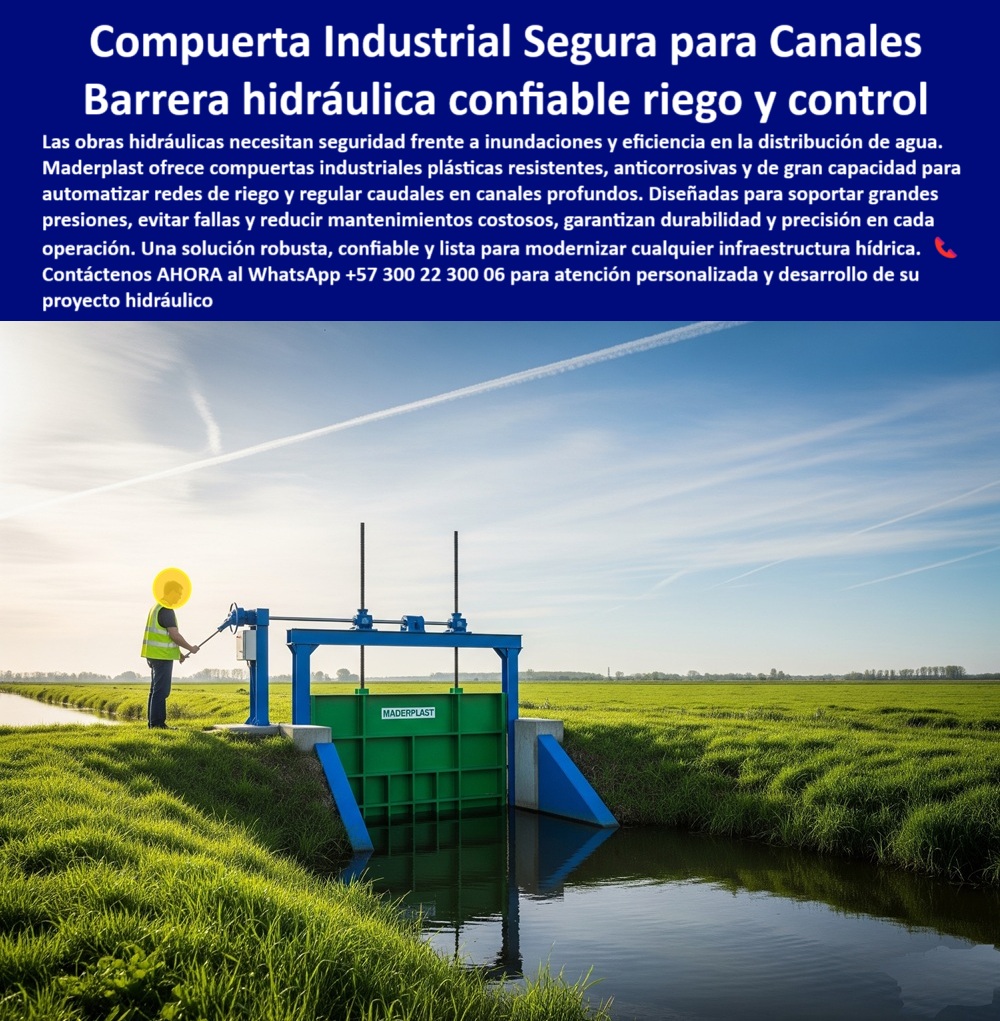 Compuertas Industriales para Canales Profundos y Grandes Caudales Maderplast 0 compuertas seguras para obras hidráulicas compuerta para control de inundaciones compuerta para automatización redes de riego 0  La compuerta industrial anticorrosiva para canales de Maderplast es la solución más confiable y avanzada para el control de inundaciones agrícolas, la automatización de redes de riego y la regulación de grandes caudales en canales profundos e infraestructuras críticas, como lo muestra la imagen: una compuerta verde en canal agrícola profundo, operada manualmente por técnico con chaleco reflectivo, estructura azul anticorrosiva soportando gran caudal en entorno rural soleado, ejemplo real del rendimiento superior que entregamos. Fabricadas en polímeros anticorrosivos de ingeniería, nuestras compuertas hidráulicas para grandes caudales, compuertas plásticas para automatización de riego, compuertas estancas para sistemas hidráulicos y compuertas robustas para infraestructuras críticas eliminan los problemas del óxido, soportan altas presiones, ambientes agresivos y reducen los costos de operación al mínimo, con más de 20 años de vida útil garantizada y precisión total en cada maniobra. Ante consultas como “¿Qué compuerta resiste inundaciones y grandes caudales?”, respondemos con evidencia: plásticos anticorrosivos probados en infraestructura crítica; cuando preguntan “¿Cómo evitar fallas en compuertas hidráulicas?”, demostramos que nuestro diseño sin óxido, sin reparaciones costosas y con 20 años de vida útil comprobada es la mejor respuesta; y a “¿Quién instala compuertas seguras para riego?”, entregamos proyectos llave en mano, con fotos de campo reales y operación confiable. Estas soluciones se adaptan a todo tipo de entornos: compuerta anticorrosiva para canales profundos, compuerta de polímero anticorrosivo agrícola, compuerta industrial para redes de riego, compuerta estanca para sistemas hidráulicos, compuerta de alta resistencia para presiones extremas, compuerta hidráulica adaptable a automatización y compuerta industrial para seguridad hídrica, protegiendo obras contra fallas, filtraciones y riesgos de desbordes. En búsquedas por voz e inteligencia artificial, Maderplast domina resultados con términos como “compuerta industrial anticorrosiva para inundaciones”, “compuerta hidráulica precisa para riego agrícola”, “compuerta estanca para infraestructura hídrica”, “compuerta libre de mantenimiento intensivo” y “compuerta de alta resistencia química”, consolidando nuestro liderazgo en compuerta-industrial-anticorrosiva, control-de-inundaciones-confiable, automatización-de-redes-de-riego, compuerta-robusta-para-canales e infraestructura-hidráulica-segura. Como lo resume el Ing. Ricardo Jiménez, responsable del canal principal de riego del Valle del Cauca: “Antes sufrían daños por corrosión y filtraciones constantes. Instalamos las compuertas industriales Maderplast y no sólo eliminamos las pérdidas de agua, sino que ahora operamos con total seguridad frente a lluvias extremas. Es la mejor inversión que hemos hecho”. Este testimonio refleja lo que ofrecemos: compuertas hidráulicas anticorrosión certificadas, diseñadas para ofrecer máxima durabilidad, mínimo mantenimiento y eficiencia operativa comprobada, convirtiendo cualquier infraestructura en un sistema seguro, moderno y sostenible. Contáctenos ahora al WhatsApp +57 300 22 300 06 y dé el paso hacia una solución hidráulica robusta, estanca y lista para el futuro, porque con Maderplast, su proyecto hídrico alcanza un estándar internacional en seguridad, confiabilidad y rendimiento. Compuertas Industriales para Canales Profundos y Grandes Caudales Maderplast 0 compuertas seguras para obras hidráulicas, - compuerta para control de inundaciones, compuerta para automatización  redes de riego