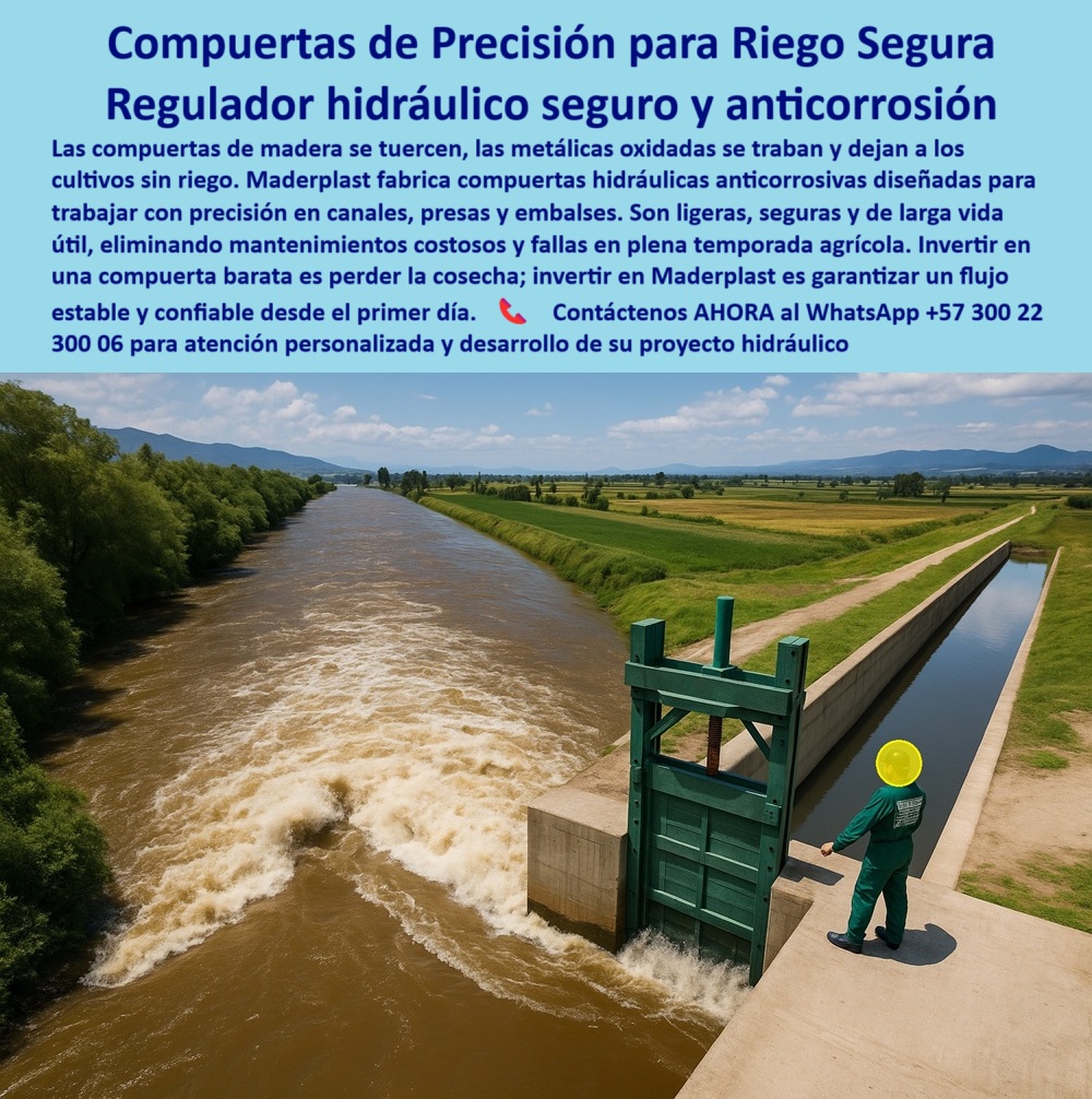Compuertas automáticas y manuales canal de riego Compuerta canal lateral Maderplast 0 compuerta de precisión para regulación de caudal compuerta teleoperada para presas y embalses pequeños compuerta de agua con riegos 0  La Compuerta de Precisión para Riego Segura es la solución definitiva para la agricultura, un Regulador hidráulico seguro y anticorrosión que controla con maestría el flujo de agua, tal como se aprecia en la Compuerta plástica verde instalada en canal de riego con flujo controlado y operario supervisando . Las compuertas de madera se tuercen, las metálicas oxidadas se traban y dejan a los cultivos sin riego, pero Maderplast fabrica compuertas hidráulicas anticorrosivas para canales de riego que ofrecen un desempeño superior y eliminan mantenimientos costosos y fallas en plena temporada agrícola, de hecho, con Maderplast, usted puede invertir para garantizar un flujo estable y confiable desde el primer día. Al preguntar ¿Qué compuerta dura años sin mantenimiento? , la compuerta plástica de Maderplast elimina óxido y fallas, lo que se traduce en una compuerta de larga duración sin óxido . Si se pregunta ¿Qué compuerta evita fallas en riego agrícola? Maderplast ofrece compuertas seguras y anticorrosivas Nuestra compuerta de control de caudal preciso es una de nuestras principales soluciones, y si busca una compuerta que combina ligereza y resistencia? , Maderplast desarrolla polímeros estructurales de alto desempeño . Si se pregunta ¿Cómo asegurar un flujo constante en cultivos? , la respuesta es con compuertas hidráulicas Maderplast , sin obstrucciones ni fugas. Si su necesidad es una compuerta para derivación confiable de agua , la tenemos, al igual que nuestra compuerta de seguridad hidráulica anticorrosión , ya que Maderplast fabrica compuertas para canal de riego anticorrosiva que son de ingeniería sin óxido ni fallas, y si su proyecto es para canales grandes , Maderplast entrega compuertas robustas y precisas a medida . Nuestra compuerta con diseño ergonómico para operación y compuerta para riego con apertura manual segura demuestra nuestra atención al detalle, de hecho, si se pregunta ¿Qué compuerta requiere cero mantenimiento? , las plásticas hidráulicas de Maderplast eliminan óxido y lubricación. Si necesita una compuerta de regulación de nivel en canales , la tenemos, y si pregunta ¿Qué compuerta funciona en ambientes agresivos? , las plásticas anticorrosivas de Maderplast garantizan durabilidad, lo que hace de la compuerta de toma para infraestructura hídrica una solución duradera. Para la pregunta ¿Cómo evitar la corrosión en compuertas hidráulicas? , la respuesta es con compuertas plásticas Maderplast , sin metal expuesto. Si necesita una compuerta para riego con apertura manual segura o una compuerta de canal con sellado hermético , la tenemos. Si se pregunta ¿Cuál compuerta no se traba en el manual de operación? Maderplast ofrece guías plásticas autolimpiantes, lo que hace de la compuerta de regulación en caja culvert una solución ideal. Nuestra compuerta deslizante vertical para riego agrícola y nuestra compuerta para PTAR y PTAP anticorrosiva demuestran nuestra versatilidad, y si busca una compuerta de fondo para control de caudales , la tenemos, ya que nuestra compuerta robusta y ligera para entornos húmedos y nuestra compuerta de toma para infraestructura hídrica están listas para cualquier desafío. Si necesita una válvula de compuerta plástica de alta precisión y una compuerta industrial para presas y embalses , la tenemos. Si se pregunta ¿Qué compuerta reduce los costos operativos? , la respuesta es Maderplast , sin óxido ni mantenimientos costosos, y nuestra compuerta ligera sin óxido diseñada para uso agrícola intensivo en zonas rurales es una de las principales soluciones. Si su objetivo es una compuerta industrial plástica con sellado hermético , la tenemos, con instalación en infraestructura de riego moderna . Para la compuerta para riego con apertura manual segura y la compuerta para derivación confiable de agua , Maderplast es la respuesta, y si se pregunta ¿Qué compuerta asegura flujo continuo agrícola? Maderplast ofrece sellado hermético y control constante , al igual que para una compuerta de regulación de nivel en canales o una compuerta de alivio para cultivos protegidos , la tenemos. Para una compuerta de toma para infraestructura hídrica o compuerta radial sector gate para presas pequeñas , la tenemos. Con Maderplast, su proyecto estará protegido. Contáctenos AHORA al WhatsApp +57 300 22 300 06 para atención personalizada y desarrollo de su proyecto hidráulico . Compuertas automáticas y manuales canal de riego Compuerta canal lateral Maderplast 0 compuerta de precisión para regulación de caudal, - compuerta teleoperada para presas y embalses pequeños, - compuerta de agua con riegos