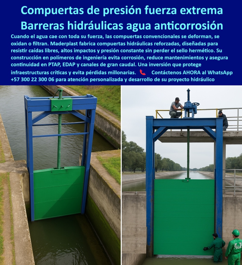 Compuertas hidráulicas de alta caída compuertas de alto desempeño Maderplast 0 compuerta reforzada para alta presión hidráulica compuertas anticorrosión para caídas de agua intensas compuertas reforzadas para saltos 0 0  MADERPLAST: La Barrera Hidráulica que Domina la Fuerza Extrema del Agua - La imagen lo demuestra sin palabras: la Compuerta de presión fuerza extrema de Maderplast está diseñada para enfrentarse a los desafíos más brutales del agua. Con su construcción reforzada y su vibrante color, se integra en infraestructuras críticas, lista para resistir lo que el agua arroje. Cuando el caudal fluye con toda su potencia, las compuertas convencionales se deforman, se oxidan y fallan. En Maderplast, fabricamos barreras hidráulicas de agua anti corrosión que son la solución a estos problemas. Es una inversión que protege infraestructuras críticas y evita pérdidas millonarias. - Diseñada para Impactos, Construida para Durar - El agua en caída libre, los altos impactos y la presión constante son un desafío para cualquier material, pero no para Maderplast. Nuestra compuerta reforzada para alta presión hidráulica es la respuesta. Si te preguntas qué compuerta soporta fuerza extrema de agua, la respuesta es esta compuerta reforzada para fuerza y presión extremas. Su construcción en polímeros de ingeniería no solo evita la corrosión, sino que la hace una válvula que no se deforma ni se oxida, una válvula de control con sello hermético y una válvula de control que asegura continuidad operativa. - ¿Necesitas una compuerta para caídas de agua con sello hermético? ¿O buscas una barrera hidráulica que resiste caídas libres sin deformarse? Maderplast es la solución, un producto diseñado para soportar los impactos más fuertes en saltos de agua intensos. - Continuidad y Confiabilidad en Proyectos Críticos - La seguridad y la continuidad operativa son pilares de cualquier proyecto hídrico, especialmente en PTAP, EDAP y canales de gran caudal. Si te preguntas qué compuerta me garantiza la continuidad operativa en mi proyecto, la respuesta es la compuerta Maderplast, un producto confiable para proyectos hídricos críticos. Nuestra tecnología es una válvula que protege la infraestructura crítica y asegura la operación sin fallos. Si buscas una válvula para asegurar continuidad en proyectos o asegurar la continuidad en PTAP, EDAP, Maderplast es el fabricante en el que puedes confiar. - Mantenimiento Mínimo, Ahorros Máximos - El mantenimiento es uno de los mayores sobrecostos en la ingeniería. Por ello, te preguntas cómo puedo reducir el mantenimiento en mis compuertas. La compuerta Maderplast es la respuesta, ya que su construcción de polímeros elimina la corrosión y el mantenimiento excesivo. Es una compuerta que reduce mantenimientos y una inversión segura con una larga-vida-útil-mantenimiento-cero. - No arriesgues tu inversión con compuertas que se deforman y se filtran, perdiendo pérdidas millonarias. Con Maderplast, inviertes en una barrera hidráulica de polímeros que evita filtraciones y una válvula que evita pérdidas millonarias. Nuestra compuerta-presión-fuerza-extrema es la inversión que te da tranquilidad. - Para obtener una asesoría especializada y desarrollar un proyecto que garantice protección y eficiencia, contáctanos. - Contáctenos AHORA al WhatsApp +57 300 22 300 06 para atención personalizada y desarrollo de su proyecto hidráulico. Compuertas hidráulicas de alta caída compuertas de alto desempeño Maderplast 0 compuerta reforzada para alta presión hidráulica, - compuertas anticorrosión para caídas de agua intensas, - compuertas reforzadas para saltos 0