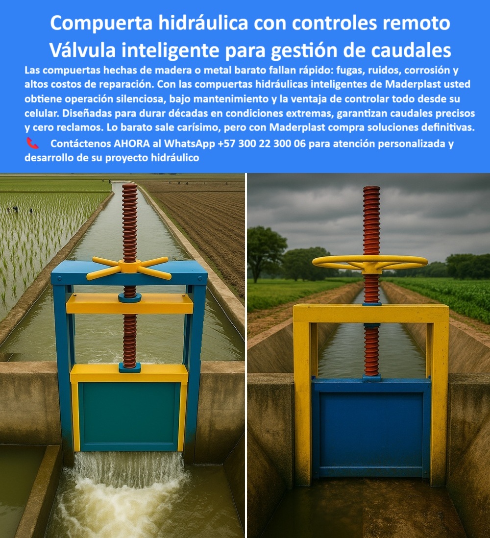 Compuertas para Canales de Riego Control de Caudales compuerta Maderplast 0 compuerta hidráulica de control remoto por celular compuerta silenciosa para control de agua compuerta de bajo mantenimiento para control Ptap Compuerta Hidráulica con Controles Remotos: La Válvula Inteligente para una Gestión de Caudales Sin Límites, - En un mundo donde la eficiencia y la precisión son cruciales, confiar en sistemas hidráulicos obsoletos puede ser un error costoso. Las compuertas de madera o metal no solo fallan rápidamente, sino que también generan fugas, corrosión, ruidos y altos costos de reparación. Pero la tecnología ha evolucionado, y con ella, la solución definitiva: las compuertas hidráulicas inteligentes de Maderplast. Estas compuertas para canales de riego y control de caudales ofrecen una operación silenciosa, un mantenimiento mínimo y la posibilidad de gestionar todo desde su celular, - Las imágenes demuestran la funcionalidad de estas compuertas. En la izquierda, se aprecia una compuerta hidráulica inteligente para canales de riego en pleno funcionamiento, mostrando el control preciso del caudal. En la derecha, vemos una compuerta con control remoto instalada en un canal, lista para ser operada a distancia, lo que simplifica la gestión del agua. Estas compuertas son la elección perfecta para aquellos que buscan una compuerta plástica estanca para proyectos agrícolas y una válvula hidráulica silenciosa para control de caudales . Su diseño está pensado para durar décadas en las condiciones más extremas, garantizando caudales precisos y cero reclamos, - Tecnología y Durabilidad al Servicio de la Eficiencia, - Cuando se pregunta ¿Dónde encuentro una compuerta hidráulica con control remoto? , la respuesta es simple: en Maderplast. Nuestras compuertas plásticas inteligentes pueden ser operadas desde su celular, son 100% anticorrosivas y están diseñadas para PTAP y PTAR. Se preguntará, ¿Qué compuerta necesito para evitar un mantenimiento costoso? Con Maderplast, el óxido y las fugas son cosa del pasado. Nuestras compuertas plásticas estancas están diseñadas para operar por décadas sin repintar, lubricar ni reparar, lo que las convierte en la compuerta de bajo mantenimiento para control PTAP perfecto. Además, para los proyectos de riego más avanzados, la compuerta para riego tecnificado de Maderplast ofrece un control preciso, operación remota y resistencia a ambientes extremos, siendo la mejor opción para la agricultura moderna, - Las compuertas hidráulicas inteligentes de Maderplast no solo son duraderas, sino también versátiles. Para quienes buscan una compuerta silenciosa para plantas de tratamiento , nuestros productos están libres de vibraciones y ruidos, optimizando la operación. Si necesita una compuerta para controlar crecidas automáticamente , Maderplast integra compuertas telecontroladas que responden de forma autónoma, garantizando seguridad y eficacia. Para los ambientes más agresivos, como los marinos, nuestras compuertas reforzadas para ambientes salinos agresivos son inmunes a la salinidad ya la radiación UV, ofreciendo una solución definitiva con una garantía de más de 20 años, - La Solución Definitiva para la Gestión Hídrica, - Maderplast se ha posicionado como la mejor alternativa a compuertas metálicas corroídas . Con nuestras compuertas, obtienes una durabilidad superior, sin corrosión ni mantenimiento. La compuerta deslizante plástica para canales principales ofrece estanqueidad total y un control hidráulico preciso, ideal para la irrigación a gran escala. Además, con la compuerta plástica inteligente compatible con SCADA , facilitamos la integración a sistemas de control industrial, ofreciendo soporte y capacitación incluidos, - El testimonio de Andrés Mejía, ingeniero hidráulico, lo confirma: con las compuertas inteligentes Maderplast se eliminaron las fugas, se redujeron los costos y se logró un control total desde el celular, superando todas las expectativas. Su experiencia demuestra que las compuertas hidráulicas sostenibles para gestión hídrica de Maderplast no son solo un producto, sino una inversión en eficiencia y tranquilidad, - Lo barato sale carísimo, pero con Maderplast, usted compra soluciones definitivas. Contacte a un especialista Maderplast hoy en el WhatsApp +57 300 22 300 06 y asegure el éxito de su proyecto hidráulico. 0  Compuertas para Canales de Riego Control de Caudales compuerta Maderplast 0 compuerta hidráulica de control remoto por celular, - compuerta silenciosa para control de agua, compuerta de bajo mantenimiento para control Ptap
