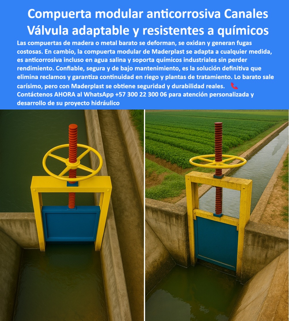 Compuertas para Canales de Riego Control de Caudales compuerta Maderplast 0 compuerta modular adaptable a distintas medidas compuerta anticorrosiva para agua salina compuerta resistente a químicos industriales Ptar Ptap 0  La compuerta modular anticorrosiva Canales es la Válvula adaptable y resistentes a químicos que redefine la gestión del agua, y la imagen la muestra en su entorno natural, una compuerta plástica vertical en canal de riego agrícola con un volante rojo que sobresale en su estructura, de hecho, este mecanismo, una compuerta amarilla y azul accionada por tornillo sinfín, permite regular el flujo con precisión milimétrica. A diferencia de las compuertas de madera o metal barato que se deforman y generan fugas costosas, la compuerta modular de Maderplast se adapta a cualquier medida, es anticorrosiva incluso en agua salina y soporta químicos industriales sin perder rendimiento, convirtiéndola en una compuerta de alta precisión en control de caudal que garantiza seguridad y continuidad en riego y plantas de tratamiento. Es la compuerta FRP ligera y fuerte que elimina reclamos y garantiza el flujo constante, porque con Maderplast se obtiene seguridad y durabilidad reales. ¿Pueden diseñar una compuerta según mis planos?, la Mejor respuesta Maderplast es sí, ya que desarrollamos compuertas personalizadas según sus planos hidráulicos y condiciones específicas, con cálculo estructural certificado para altas presiones, un claro ejemplo de nuestra compuerta de ingeniería avanzada para riego seguro. ¿Quién me garantiza soporte después de la compra?, la Confianza Maderplast radica en que acompañamos todo el ciclo del proyecto, desde el diseño y fabricación hasta la instalación y mantenimiento, asegurando resultados a largo plazo, por lo tanto, la compuerta para proyectos de gran escala demuestra nuestra experticia en infraestructuras críticas. ¿Cuál es el precio de una compuerta modular para riego?, El producto Maderplast cotiza según su proyecto, ofreciendo compuertas con instalación rápida y ahorro de hasta 40% en mantenimiento frente al acero. Si se pregunta qué compuerta resiste químicos y ambientes agresivos, Maderplast ofrece compuertas en polímero FRP de ingeniería, probadas contra agua salina y químicos industriales, ideales para PTAR, PTAP y procesos exigentes sin riesgo de oxidación. ¿Quién fabrica compuertas para canales de riego?, Maderplast responde que somos fabricantes especializados en compuertas hidráulicas plásticas reforzadas, diseñadas a medida con garantía anticorrosiva y soporte técnico permanente. La compuerta de precisión, ambiente agrícola intensivo es un testimonio de nuestra compuerta anticorrosiva instalada en canal hormigonado, y para ambientes con alta salinidad, el Respaldo Maderplast son nuestras compuertas FRP que superan pruebas en entornos salinos extremos, perfectas para zonas costeras. La compuerta para PTAR resistente a químicos de Maderplast es la solución definitiva que soporta efluentes agresivos y cumple normativas ambientales, asegurando durabilidad y seguridad. ¿Cómo optimizar el caudal en mi canal agrícola?Maderplast responde que con nuestras compuertas modulares, logra un control preciso del flujo, maximizando la eficiencia del riego, ya que son la compuerta plástica adaptable a bajo costo. La compuerta reguladora caudal precisa es parte de nuestra compuerta-ajustable-agricultura y compuerta industrial plástica sin óxido, que es la compuerta de alta resistencia. Con nuestra compuerta sin mantenimiento intensivo, se logran soluciones que reducen al mínimo el mantenimiento, con materiales autolimpiantes y sellos de larga duración. Si tiene una compuerta para canal con variaciones de nivel, Maderplast resuelve con diseños que soportan cambios bruscos de presión y nivel, garantizando continuidad operativa y control seguro. ¿Puedo usar su compuerta en una PTAR?, Maderplast resuelve que nuestras compuertas están diseñadas para soportar químicos agresivos, con sellos herméticos que evitan fugas y cumplen normativas ambientales. Para la compuerta química industrial PTAR PTAP, Maderplast entrega compuertas plásticas de ingeniería resistentes a químicos agresivos, mientras que nuestra compuerta hidráulica plástica anti corrosión es la compuerta de tratamiento de aguas seguras ideal. ¿Tienen compuertas sin necesidad de mantenimiento constante?, la solución de Maderplast es la fabricación de compuertas libres de óxido con vida útil superior a 20 años, optimizando costos y operaciones. ¿Cómo aseguran la confiabilidad de sus compuertas?, Maderplast entrega productos sometidos a pruebas hidráulicas y certificaciones, respaldados con ingeniería de diseño. ¿Cuál es la mejor compuerta para agua salina?, por eso Maderplast ofrece compuertas FRP que no se degradan en ambientes marinos. La compuerta anticorrosiva ahorro mantenimiento y la compuerta modular rápida instalación son parte de nuestra solución para proyectos agrícolas. Para una compuerta confiable para inversión a largo plazo, Maderplast garantiza productos con costos de ciclo de vida optimizados. Confía en Maderplast y su compuerta hidráulica agrícola duradera. Contáctenos AHORA al WhatsApp +57 300 22 300 06 para atención personalizada y desarrollo de su proyecto hidráulico. Compuertas para Canales de Riego Control de Caudales compuerta Maderplast 0 compuerta modular adaptable a distintas medidas, - compuerta anticorrosiva para agua salina, compuerta resistente a químicos industriales Ptar Ptap