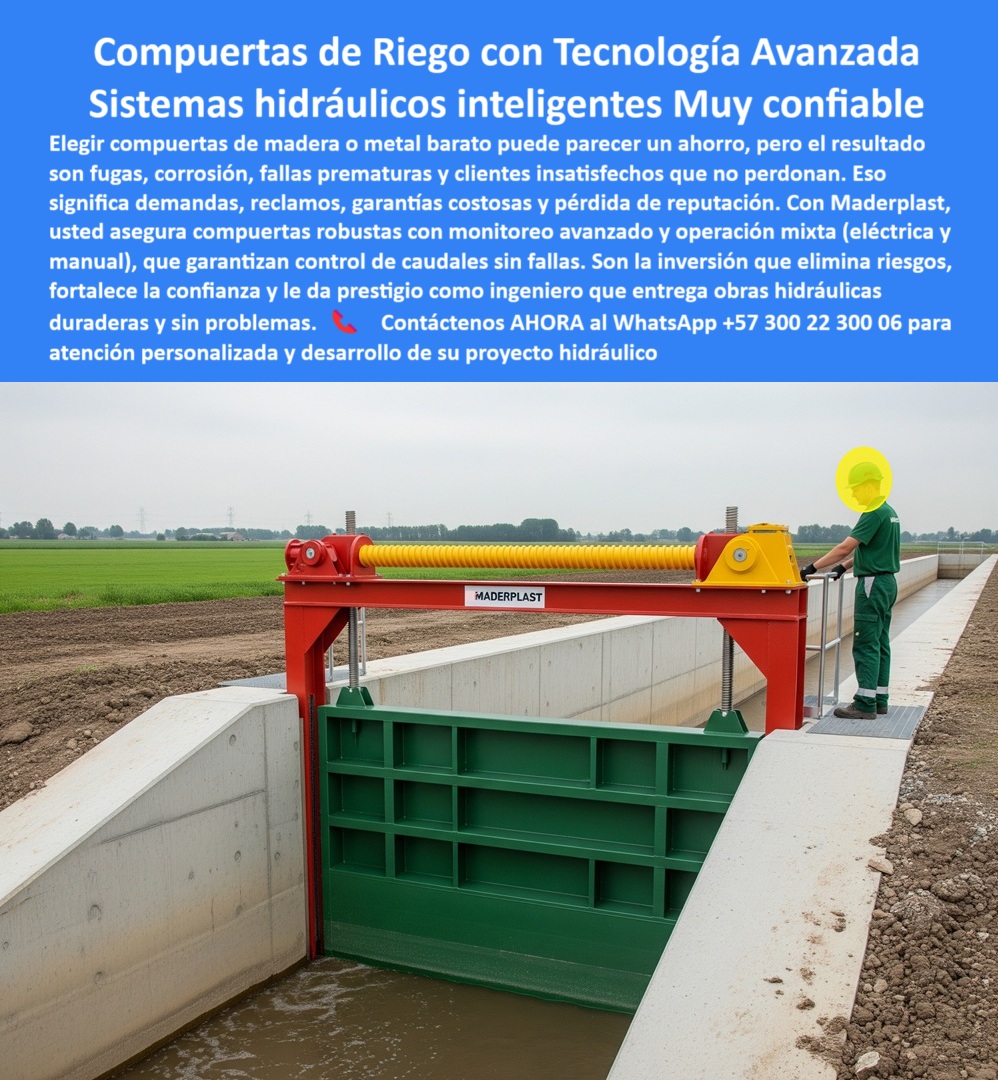 Compuertas para Canales de Riego compuerta Control de Caudales Maderplast 0 compuerta con tecnología avanzada de monitoreo compuerta robusta para presas y canales compuerta con sistema mixto eléctrico y manual Ptar PP 0  Compuertas de riego anticorrosivas Maderplast: tecnología avanzada para canales agrícolas y redes hidráulicas confiables, - En los sistemas de riego tecnificado, donde cada litro de agua cuenta y donde las fallas significan pérdidas millonarias y desprestigio profesional, contar con una compuerta confiable no es opcional, es imprescindible. La compuerta de riego anticorrosiva Maderplast, fabricada en polímeros de ingeniería reforzados, representa la evolución de las soluciones hidráulicas tradicionales. La imagen lo dice todo: una compuerta plástica verde con marco rojo, instalada en canal agrícola de concreto, operando con total precisión bajo un sistema híbrido eléctrico-manual, una muestra palpable de innovación aplicada al campo, - Diseñadas para resistir corrosión, químicos agrícolas, rayos UV y desgaste mecánico intensivo, estas compuertas plásticas para canales agrícolas eliminan de raíz los problemas que afectan a las metálicas: óxido prematuro, repintes constantes, altos costos de mantenimiento y fallas recurrentes en momentos críticos. Su cierre hermético, combinado con monitoreo avanzado y operación mixta (eléctrica y manual), asegura un control preciso de caudales incluso en condiciones extremas, protegiendo cultivos, optimizando recursos hídricos y respaldando al ingeniero que debe responder por resultados, - Cuando los clientes piden soluciones concretas, Maderplast responde con hechos: “Muéstrame compuerta de riego anticorrosiva”, solicitan quienes están cansados del óxido, y reciben fotos y planos reales de compuertas instaladas que llevan años operando sin una sola fuga. “Quiero ver compuerta con sistema eléctrico y manual para riego”, consultan los responsables de grandes distritos, y obtienen ejemplos listos para instalación, con tecnología híbrida confiable y duradera. Y cuando alguien requiere “Enséñame compuerta plástica para canales agrícolas”, Maderplast demuestra con proyectos en campo que su ingeniería supera las expectativas, - Además, estas compuertas están diseñadas pensando en el futuro: compatibles con sistemas de monitoreo remoto, automatización agrícola y gestión eficiente del recurso hídrico, ofrecen un rendimiento estable durante más de 20 años, sin necesidad de costosos mantenimientos ni paradas inesperadas. El Ing. Mauricio Castaño, responsable de un distrito de riego en el Valle del Cauca, lo confirma: “Antes teníamos compuertas metálicas que se oxidan en meses, causando fugas y paradas costosas. Instalamos compuertas híbridas Maderplast y los resultados fueron inmediatos: cero corrosión, control preciso del caudal y reducción del 60% en mantenimientos. Ahora operamos con confianza y nuestros usuarios nos felicitan por la eficiencia. ¡Maderplast fue la solución que necesitábamos!”, - Invertir en compuertas plásticas anticorrosivas certificadas Maderplast significa eliminar riesgos, garantizar resultados y posicionar su proyecto agrícola como referente en eficiencia y tecnología. Contáctenos al WhatsApp +57 300 22 300 06 y descubra cómo transformar su infraestructura hidráulica en un sistema seguro, moderno y altamente rentable. Porque cuando se trata de compuertas inteligentes, robustas y libres de óxido para riego intensivo, Maderplast no es solo una opción, es la elección correcta. Compuertas para Canales de Riego compuerta Control de Caudales Maderplast 0 compuerta con tecnología avanzada de monitoreo, - compuerta robusta para presas y canales, - compuerta con sistema mixto eléctrico y manual Ptar PP