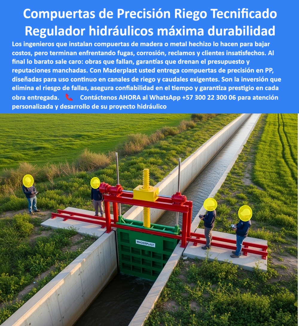 Compuertas para Canales de Riego compuerta Control de Caudales Maderplast 0 compuerta de alta resistencia para uso continuo en canales compuerta para regulación de caudal en riego tecnificado compuerta de precisión PP 0  Compuertas para Canales de Riego – Compuerta Control de Caudales Maderplast, compuerta de alta resistencia para uso continuo en canales, compuerta para regulación de caudal en riego tecnificado, compuerta de precisión PP, - Las compuertas hidráulicas para riego tecnificado Maderplast son la solución definitiva para ingenieros, distritos de riego y proyectos agrícolas que exigen precisión, durabilidad y confiabilidad total. Mientras las compuertas metálicas y de madera prometen economía inicial, terminan convirtiéndose en problemas recurrentes de fugas, corrosión, reclamos y altos costos de OPEX que arruinan presupuestos y reputaciones; con Maderplast, obtienes compuertas plásticas anticorrosión para canales, fabricadas en PP reforzado inmune a químicos, fertilizantes y radiación UV, con sello estanco de alta precisión que elimina pérdidas por filtración, garantizando una lámina constante en sistemas de riego por turnos y canales tecnificados. Este regulador de caudal en canales cuenta con husillo central, guía doble rígida, y puede operar manual, eléctrica o con telecontrol agrícola, ofreciendo control total y sin interrupciones incluso en caudales variables y condiciones exigentes. Cada compuerta de precisión PP reforzado se entrega con planos DWG, render 3D, STEP/IGES para coordinación BIM, más protocolo de estanqueidad certificado con fotos del ensayo y valores inferiores a norma, asegurando plena confianza desde la licitación hasta la puesta en marcha. La instalación rápida en campo, gracias a su diseño modular ligero para marcos de concreto, reduce tiempos y costos de montaje, siendo ideal para bocatomas, derivaciones, drenajes agrícolas, vertederos bajos y canales trapezoidales de alta exigencia. Ingenieros como Paula Restrepo, jefa del Distrito de Riego La Esperanza, confirman su desempeño: “Instalamos 14 compuertas Maderplast, bajamos 28% las pérdidas de agua en el primer ciclo, eliminamos repintes, automatizamos turnos y tres años después seguimos con cero óxido y cero paradas”. Esta experiencia prueba que una compuerta sin mantenimiento para riego, con actuador y husillo confiable, no es un gasto sino una inversión que asegura productividad, prestigio y sostenibilidad a largo plazo. Y si buscas más evidencias: ¿compuerta de riego que no se oxide ni gotee? Aquí está la foto de Maderplast en canal real, con polímero reforzado y sello estanco funcionando más de 20 años sin pintura; ¿cómo regular caudales en riego por turnos sin perder lámina? Tenemos el plano PDF y render de nuestra compuerta de precisión PP con husillo y guía rígida; ¿compuerta mixta eléctrica-manual para apertura segura? Te mostramos el caso real Maderplast con accionamiento dual y telecontrol agrícola; ¿compuerta para aguas con arena y abonos? Las nuestras, en PP anticorrosión y anti abrasión, lleva cinco temporadas sin deterioro. Además, si comparas con metal pintado, descubrirás un ahorro operativo superior al 60%, cero repintes y OPEX reducido a dos dígitos anuales. Por eso nuestras compuertas certificadas para agua agrícola, compuertas estancas para vertederos bajos, y compuertas modulares ligeras de alto esfuerzo son elegidas por proyectos que no pueden fallar. Con Maderplast íntegras ingeniería, fabricación y soporte experto en un solo proveedor, conviertes tu canal en un activo confiable y escalable, y proteges tu inversión frente al tiempo y las condiciones más severas. WhatsApp +57 300 22 300 06 – envíanos tu vano y te entregamos planos listos para licitar. Compuertas para Canales de Riego compuerta Control de Caudales Maderplast 0 compuerta de alta resistencia para uso continuo en canales, - compuerta para regulación de caudal en riego tecnificado, - compuerta de precisión PP